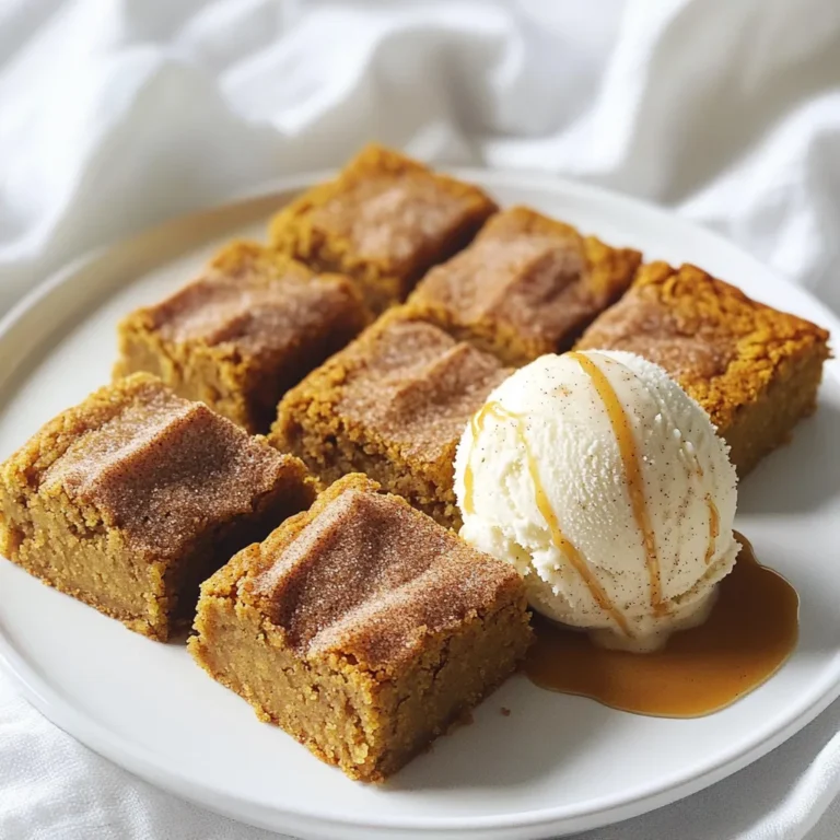 Für die Kürbis Snickerdoodle Blondies benötigst du: - 225 g ungesalzene Butter, geschmolzen - 220 g brauner Zucker, fest verpackt - 100 g weißer Zucker - 240 g Kürbispüree - 2 große Eier - 2 Teelöffel Vanilleextrakt - 250 g Weizenmehl - 1 Teelöffel Backpulver - 1/2 Teelöffel Natron - 1 Teelöffel gemahlener Zimt - 1/2 Teelöffel gemahlene Muskatnuss - 1/4 Teelöffel Salz - 50 g Zucker (zum Wälzen) - 1 Esslöffel gemahlener Zimt (zum Wälzen) Gute Zutaten machen den Unterschied. Ich empfehle, frisches Kürbispüree zu verwenden. Wenn du es selbst machst, schmeckt es besser. Achte darauf, die Butter ungesalzen zu wählen. So kannst du die Kontrolle über den Salzgehalt behalten. Hochwertige Gewürze wie Zimt und Muskatnuss bringen mehr Aroma. Kaufe sie frisch, um den besten Geschmack zu erzielen. Wenn du keine Butter hast, probiere Kokosöl oder pflanzliche Margarine. Diese Optionen funktionieren gut. Für eine glutenfreie Version kannst du glutenfreies Mehl verwenden. Das Ergebnis wird ähnlich sein. Anstelle von Kürbispüree kannst du auch Süßkartoffelpüree nehmen. Es gibt viele Wege, diesen Blondie zu genießen! Heize deinen Ofen auf 175 °C vor. Nimm eine 23x33 cm große Backform. Fette die Form leicht ein oder lege sie mit Backpapier aus. Das Backpapier hilft, die Blondies später leichter herauszunehmen. In einer großen Schüssel vermenge die geschmolzene Butter, den braunen Zucker und den weißen Zucker. Verwende einen Schneebesen, um die Mischung glatt zu rühren. Füge dann das Kürbispüree, die Eier und den Vanilleextrakt hinzu. Rühre alles gut durch, bis die Masse ganz homogen aussieht. Nimm eine separate Schüssel. Siebe das Mehl, Backpulver, Natron, Zimt, Muskatnuss und Salz hinein. Durch das Sieben werden Klumpen entfernt und die Zutaten gut vermischt. Das verbessert die Textur deiner Blondies. Gib die trockenen Zutaten nach und nach zu der feuchten Mischung. Rühre vorsichtig, bis alles gerade so vermischt ist. Achte darauf, nicht zu stark zu rühren, um die Blondies fluffig zu halten. Verteile den Teig gleichmäßig in der Backform. Streue die Zucker-Zimt-Mischung gleichmäßig darüber. Jetzt sind die Blondies bereit für den Ofen! Ein häufiger Fehler ist, die Zutaten zu stark zu vermischen. Rühren Sie nur, bis alles gerade so verbunden ist. Zu viel Rühren macht die Blondies zäh. Achten Sie auch darauf, dass der Ofen richtig vorgeheizt ist. Ein kalter Ofen kann die Backzeit verlängern. Überprüfen Sie die Blondies immer mit einem Zahnstocher. Wenn er sauber herauskommt, sind sie fertig! Um die perfekte Konsistenz zu erreichen, verwenden Sie Raumtemperatur-Eier. So verbinden sie sich besser mit den anderen Zutaten. Fetten Sie die Backform gut ein oder verwenden Sie Backpapier. So lassen sich die Blondies leicht herausnehmen. Lassen Sie die Blondies nach dem Backen in der Form etwas abkühlen. So behalten sie ihre Form, wenn Sie sie herausnehmen. Sie können die Gewürze nach Ihrem Geschmack anpassen. Wenn Sie mehr Zimt mögen, fügen Sie einfach etwas mehr hinzu. Für einen besonderen Kick können Sie auch Ingwer oder Nelken verwenden. Fügen Sie Schokoladenstückchen hinzu, um die Blondies noch leckerer zu machen. Probieren Sie auch Nüsse oder Trockenfrüchte für mehr Textur! {{image_4}} Fügen Sie 100 g Schokoladenstückchen zu Ihrem Teig hinzu. Diese süßen Stückchen bringen einen tollen Geschmack. Sie schmelzen beim Backen und machen die Blondies noch dekadenter. Mischen Sie die Schokoladenstückchen vorsichtig unter den Teig, bevor Sie ihn in die Form geben. Diese Variante ist perfekt für Schokoladenliebhaber! Wenn Sie eine glutenfreie Option möchten, ersetzen Sie das Weizenmehl. Verwenden Sie einfach 250 g glutenfreies Mehl. Achten Sie darauf, dass das glutenfreie Mehl eine Mischung aus verschiedenen Mehlen ist. Das sorgt für die beste Textur. Diese Blondies werden immer noch weich und lecker sein. Experimentieren Sie mit den Gewürzen, um Ihre eigene Note hinzuzufügen. Magst du es schärfer? Fügen Sie einen halben Teelöffel Ingwer hinzu. Oder probieren Sie eine Prise Nelken für einen warmen, würzigen Geschmack. Diese kleinen Anpassungen machen Ihre Blondies einzigartig. Lassen Sie Ihrer Kreativität freien Lauf! Um die Kürbis Snickerdoodle Blondies frisch zu halten, lege sie in einen luftdichten Behälter. Du kannst sie auch in Frischhaltefolie wickeln. Stelle den Behälter an einen kühlen, trockenen Ort. So bleiben sie weich und lecker. Die Blondies halten sich bei Raumtemperatur etwa 3 bis 5 Tage. Wenn du sie länger aufbewahren möchtest, lege sie in den Kühlschrank. Dort bleiben sie bis zu einer Woche frisch. Für die beste Textur genieße sie jedoch innerhalb von 3 Tagen. Wenn du die Blondies wieder aufwärmen möchtest, heize deinen Ofen auf 150 °C vor. Lege die Blondies für etwa 10 Minuten rein. Alternativ kannst du sie in der Mikrowelle aufwärmen. Stelle die Mikrowelle auf niedrige Stufe und erwärme sie 15 bis 20 Sekunden. So bleiben sie weich und schmackhaft. Du kannst die Kürbis Snickerdoodle Blondies bis zu einer Woche aufbewahren. Lagere sie in einem luftdichten Behälter. So bleiben sie frisch und saftig. Wenn du sie länger aufbewahren möchtest, friere sie ein. In einem gefrierfesten Behälter halten sie bis zu drei Monate. Achte darauf, sie gut einzupacken, damit sie nicht austrocknen. Ja, du kannst Kürbispüree einfach selbst machen! Nimm einen frischen Kürbis, schneide ihn auf und entferne die Kerne. Backe die Kürbishälften bei 200 °C für etwa 40 Minuten, bis sie weich sind. Püriere das weiche Kürbisfleisch in einem Mixer oder mit einer Gabel. Es ist frisch, lecker und ohne Zusatzstoffe. Mit übrig gebliebenen Zutaten kannst du viele Dinge zaubern. Hier sind einige Ideen: - Zucker und Zimt: Mische sie in deinem Kaffee oder auf Toast. - Eier: Bereite dir ein schnelles Omelett oder Rührei zu. - Weizenmehl: Verwende es für Pfannkuchen oder Waffeln. - Kürbispüree: Mach einen Kürbissmoothie oder verwende es in Muffins. So kannst du das Beste aus deinen Zutaten herausholen! Zusammenfassend haben wir die Zutaten, die Zubereitung und die Aufbewahrung der Kürbis Snickerdoodle Blondies behandelt. Es ist wichtig, hochwertige Zutaten zu wählen und häufige Fehler zu vermeiden. Ich habe auch Hinweise zu Variationen und Anpassungen für jeden Geschmack gegeben. Diese Blondies bringen Vielfalt in deine Küche und sind einfach zu machen. Nutze die Tipps, um das beste Ergebnis zu erzielen. Viel Spaß beim Backen und Genießen!