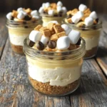 Für die leckere Käsekuchen-Füllung brauchst du: - 2 Tassen Frischkäse, weich - 1 Tasse Puderzucker - 1 Teelöffel Vanilleextrakt - 1 Tasse Schlagsahne - 1 Tasse Mini-Marshmallows - 1 Tasse Schokoladenstückchen (halb-süß oder Vollmilch) Diese Zutaten sorgen für eine cremige und süße Füllung. Der Frischkäse macht die Mischung reichhaltig. Puderzucker bringt die nötige Süße. Vanilleextrakt fügt einen tollen Geschmack hinzu. Die Schlagsahne sorgt für eine luftige Textur. Für die knusprige Kruste benötigst du: - 1 Tasse Graham-Cracker-Brösel - 4 Esslöffel ungesalzene Butter, geschmolzen Die Graham-Cracker-Brösel geben der Kruste den typischen Crunch. Die geschmolzene Butter verbindet alles und sorgt für Stabilität. Um die Cheesecake Jars schön zu dekorieren, kannst du verwenden: - Zusätzliche Graham-Cracker-Stücke - Geröstete Marshmallows (optional) Die zusätzlichen Graham-Cracker-Stücke machen die Jars noch knuspriger. Geröstete Marshmallows geben das besondere S’mores-Gefühl. Beide Optionen machen die Desserts nicht nur lecker, sondern auch schön anzusehen. Um die Graham-Cracker-Kruste zu machen, brauche ich nur zwei Zutaten. Ich nehme eine Tasse Graham-Cracker-Brösel und vier Esslöffel geschmolzene Butter. Zuerst vermische ich die Brösel mit der Butter in einer Schüssel. Ich rühre gut, bis die Mischung gleichmäßig aussieht. Dann teile ich die Mischung auf vier Gläser auf. Ich drücke die Kruste fest nach unten, damit sie stabil bleibt. Jetzt komme ich zur Käsekuchenfüllung. Ich nehme zwei Tassen weichen Frischkäse und einen Becher Puderzucker. In einer großen Schüssel schlage ich beides zusammen, bis es cremig ist. Dann füge ich einen Teelöffel Vanilleextrakt hinzu und rühre weiter. In einer separaten Schüssel schlage ich eine Tasse Schlagsahne, bis sie steif ist. Ich hebe die Schlagsahne vorsichtig unter die Frischkäsemischung. So bleibt die Füllung leicht und luftig. Jetzt schichte ich die Cheesecake-Jars. Ich löffle eine Schicht der Käsekuchenfüllung auf die Kruste in jedem Glas. Dann füge ich eine Schicht Mini-Marshmallows hinzu. Anschließend streue ich eine Schicht Schokoladenstückchen darüber. Ich wiederhole diesen Schritt, bis die Gläser fast voll sind. Die oberste Schicht sollte wieder die Käsekuchenfüllung und Mini-Marshmallows sein. Jetzt sind die Gläser bereit zum Kühlen. Ich decke sie ab und stelle sie für mindestens vier Stunden in den Kühlschrank. Um die Füllung besonders cremig zu machen, achte auf die Temperatur des Frischkäses. Verwende weichen, zimmerwarmen Frischkäse. So lässt er sich besser vermengen. Schlage die Mischung gründlich. Dies gibt der Füllung Luft und macht sie leicht. Bei der Sahne musst du darauf achten, sie nicht zu lange zu schlagen. Sie sollte steif, aber nicht trocken sein. Du kannst das Rezept ganz leicht anpassen. Probiere verschiedene Keksarten statt Graham-Crackern. Oreo-Kekse geben einen tollen Geschmack. Für die Füllung kannst du auch Fruchtpüree verwenden. Himbeeren oder Erdbeeren sind leckere Optionen. Bei den Schokoladenstückchen kannst du dunkle oder weiße Schokolade wählen. Das bringt Abwechslung in dein Dessert. Für die besten Ergebnisse kühle die Gläser mindestens vier Stunden im Kühlschrank. Am besten über Nacht. So verbinden sich die Aromen gut. Wenn du die Zeit hast, verwende eine Kühltruhe kurz vor dem Servieren. Das macht die Füllung noch fester. Stelle sicher, dass die Gläser gut abgedeckt sind, damit sie nicht Gerüche aufnehmen. {{image_4}} Du kannst die Graham-Cracker-Brösel durch glutenfreie Kekse ersetzen. Schau nach Marken, die speziell glutenfrei sind. Mische sie wie im Rezept mit geschmolzener Butter. So bleibt der Crunch, und das Dessert bleibt lecker. Für eine vegane Version tausche den Frischkäse gegen pflanzlichen Frischkäse aus. Nutze auch vegane Sahne anstelle von Schlagsahne. Achte darauf, dass die Kekse und Schokoladenstückchen auch vegan sind. So machst du das Dessert tierfreundlich und schmackhaft. Experimentiere mit verschiedenen Geschmäckern! Ersetze die Vanille mit Schokoladenvanille oder füge Erdnussbutter zur Füllung hinzu. Du kannst auch andere Süßigkeiten wie Karamellstückchen oder Fruchtpüree verwenden. Sei kreativ und finde deine Lieblingskombination! Um die No Bake S’mores Cheesecake Jars frisch zu halten, musst du sie richtig aufbewahren. Nutze kleine Glasbehälter oder verschließbare Becher. Decke die Gläser gut ab, um Feuchtigkeit und Gerüche zu vermeiden. Frischhaltefolie oder Deckel sind perfekt dafür. Stelle die Gläser dann in den Kühlschrank. Im Kühlschrank bleiben die Cheesecake Jars bis zu fünf Tage frisch. Achte darauf, sie gut abzudecken. Nach ein paar Tagen können die Marshmallows weich werden. Wenn du die Jars länger aufbewahren möchtest, ist das Einfrieren eine gute Option. Du kannst die Cheesecake Jars auch einfrieren. Achte darauf, dass sie gut abgedeckt sind, um Gefrierbrand zu vermeiden. So bleiben sie bis zu drei Monate frisch. Zum Auftauen lege die Gläser einfach über Nacht in den Kühlschrank. Lass sie danach bei Raumtemperatur etwas stehen, bevor du sie genießt. Ja, du kannst andere Kekse verwenden. Oreo-Kekse sind eine tolle Wahl. Sie geben einen schokoladigen Geschmack. Du kannst auch Butterkekse oder sogar Haferkekse probieren. Denke daran, sie gut zu zerbröseln. So bekommst du eine gute Kruste. Du solltest den Cheesecake mindestens 4 Stunden kühlen. So werden die Aromen stark und die Füllung fest. Wenn du Zeit hast, lasse ihn über Nacht im Kühlschrank. Das gibt ihm noch mehr Zeit, um zu setzen. Er wird dann noch besser schmecken. Wenn du keine Mini-Marshmallows hast, gibt es Alternativen. Du kannst auch große Marshmallows schneiden. Eine andere Idee ist, Schokoladenstückchen zu verwenden. Sie geben eine süße Note. Für einen besonderen Twist kannst du Karamellstückchen probieren. Das macht den Cheesecake noch leckerer. Zusammenfassend haben wir die Zutaten für die Käsekuchen-Füllung und die Kruste besprochen. Du hast gelernt, wie man die Cheesecake-Jars schichtet und sie dekoriert. Tipps für cremige Füllungen und Variationen zeigen neue Möglichkeiten. Auch Lagerungshinweise sind wichtig, um die Cheesecake-Jars frisch zu halten. Nutze diese Schritte und Ideen für leckere S’mores Cheesecake Jars. So zauberst du ein tolles Dessert für jeden Anlass!