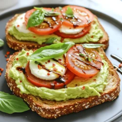 Für das perfekte Minute Caprese Avocado Toast brauchst du: - 2 Scheiben Vollkornbrot - 1 reife Avocado - 1 mittelgroße Tomate, in Scheiben - 100g frischer Mozzarella, in Scheiben - Frische Basilikumblätter - 1 Esslöffel Balsamico-Glasur - 1 Esslöffel natives Olivenöl extra - Salz und schwarzer Pfeffer nach Geschmack Diese Zutaten machen dein Toast frisch und lecker. Die Kombination von Avocado und Mozzarella sorgt für eine tolle Cremigkeit. Du kannst dein Toast noch besser machen mit diesen Zutaten: - Chiliflocken für einen würzigen Kick - Eine Prise Knoblauchpulver für mehr Geschmack - Ein Spritzer Zitrone für Frische Diese Extras geben deinem Toast eine besondere Note. Experimentiere und finde deine Lieblingskombination. Minute Caprese Avocado Toast ist nicht nur lecker, sondern auch gesund. Eine Portion enthält: - Kalorien: ca. 350 - Eiweiß: ca. 12g - Fett: ca. 18g (meist gesunde Fette aus der Avocado) - Kohlenhydrate: ca. 40g Dieses Gericht bietet dir viele Nährstoffe. Es ist eine gute Wahl für ein schnelles Mittagessen oder einen Snack. Zuerst toasten Sie zwei Scheiben Vollkornbrot. Legen Sie die Scheiben in den Toaster oder auf den Grill. Toasten Sie sie, bis sie goldbraun und knusprig sind. Dies dauert etwa 3-4 Minuten. Achten Sie darauf, dass sie nicht verbrennen. Knuspriges Brot macht Ihr Toast leckerer. Während das Brot toastet, bereiten Sie die Avocado vor. Schneiden Sie sie der Länge nach auf und entfernen Sie den Kern. Schöpfen Sie das Fruchtfleisch in eine kleine Schüssel. Mit einer Gabel zerdrücken Sie die Avocado, bis sie cremig ist, aber noch etwas Stückchen hat. Fügen Sie eine Prise Salz und schwarzen Pfeffer hinzu und mischen Sie alles gut. So wird die Avocado schmackhaft. Sobald das Brot fertig ist, nehmen Sie es heraus. Verteilen Sie eine großzügige Schicht der zerdrückten Avocado auf jede Scheibe. Achten Sie darauf, dass die Avocado gleichmäßig verteilt ist. Dies sorgt für einen tollen Geschmack in jedem Bissen. Jetzt kommt der beste Teil! Legen Sie die Tomatenscheiben gleichmäßig über die Avocado. Danach fügen Sie die Mozzarella-Scheiben hinzu. Drücken Sie leicht, damit sie haften. Bestreuen Sie alles mit frischen Basilikumblättern. Das sieht nicht nur schön aus, sondern schmeckt auch frisch. Zum Schluss träufeln Sie Balsamico-Glasur und Olivenöl drüber. Wenn Sie es scharf mögen, streuen Sie Chiliflocken darüber. Servieren Sie das Toast sofort, solange es warm ist. So genießen Sie es am besten! Um die perfekte Avocado zu bekommen, wählen Sie eine reife Frucht. Sie sollte leicht nachgeben, wenn Sie sanft drücken. Schneiden Sie die Avocado der Länge nach auf und entfernen Sie den Kern. Benutzen Sie einen Löffel, um das Fruchtfleisch herauszunehmen. Zerdrücken Sie es in einer Schüssel. Fügen Sie eine Prise Salz und Pfeffer hinzu. Das macht die Avocado noch besser im Geschmack. Wenn Sie keine Balsamico-Glasur haben, probieren Sie Honig oder Zitronensaft. Beide geben einen tollen süßen oder sauren Geschmack. Auch Kräuteressig ist eine gute Wahl. Es ist leichter und bringt frische Aromen. Stellen Sie sicher, dass Sie es gleichmäßig über das Toast träufeln. Für dieses Rezept empfehle ich Vollkornbrot. Es hat guten Geschmack und ist gesund. Aber Sie können auch Ciabatta oder Sauerteigbrot verwenden. Diese Brote sind knusprig und lecker. Achten Sie darauf, das Brot goldbraun zu toasten. So bleibt es frisch und knusprig. {{image_4}} Du kannst dein Minute Caprese Avocado Toast ganz einfach aufpeppen. Hier sind einige großartige vegetarische Zusätze: - Rucola: Füge eine Handvoll frischen Rucola hinzu. Er bringt einen tollen, würzigen Geschmack. - Geröstete Paprika: Diese geben dem Toast eine süße Note und sind sehr lecker. - Oliven: Schwarze oder grüne Oliven fügen einen salzigen, herzhaften Geschmack hinzu. - Artischockenherzen: Sie sind zart und machen dein Toast noch interessanter. Diese Zutaten sind einfach zu finden und machen dein Gericht noch besser. Wenn du etwas mehr Protein willst, gibt es tolle Möglichkeiten: - Hühnchenbrust: Gegrillte Hühnchenbrust passt perfekt und macht das Toast sättigender. - Eier: Spiegeleier oder pochierte Eier sind eine großartige Option für zusätzliches Protein. - Quark oder Hüttenkäse: Diese sind leicht und passen gut zu den anderen Zutaten. Mit diesen Optionen wird dein Toast lecker und nahrhaft. Für alle, die Gluten vermeiden möchten, gibt es einfache Alternativen: - Reis- oder Maisbrot: Diese Brote sind glutenfrei und haben eine gute Konsistenz. - Zucchinischeiben: Du kannst auch dicke Zucchinischeiben grillen und als Basis nutzen. - Süßkartoffelscheiben: Diese sind köstlich und geben deinem Toast eine süße Note. So kannst du dein Gericht genießen, ohne auf den Geschmack zu verzichten. Wenn du Reste von deinem Toast hast, bewahre sie in einem luftdichten Behälter auf. So bleibt das Brot frisch. Du kannst das Toast auch in Folie wickeln, um es vor dem Austrocknen zu schützen. Es hält sich so bis zu zwei Tage. Aber denke daran, dass es am besten schmeckt, frisch zubereitet zu sein. Die frischen Zutaten sind wichtig für den Geschmack. Lagere die Avocado und Tomaten bei Raumtemperatur. Im Kühlschrank werden sie oft matschig. Mozzarella sollte in seiner Flüssigkeit aufbewahrt werden. So bleibt er frisch und cremig. Basilikum hält sich am besten, wenn du die Stiele in Wasser stellst, wie einen Blumenstrauß. Wenn du den Toast wieder aufwärmen möchtest, benutze einen Toaster oder eine Pfanne. So wird das Brot wieder knusprig. Vermeide die Mikrowelle, da das Brot weich wird. Wenn du die Avocado wieder verwendest, sei vorsichtig. Sie kann schnell braun werden. Füge etwas Zitronensaft hinzu, um die Farbe zu erhalten. Die Zubereitung dauert nur 10 Minuten. Davon sind 5 Minuten für die Vorbereitung nötig. Die anderen 5 Minuten nutzen Sie, um alles zusammenzustellen und zu servieren. So haben Sie schnell ein leckeres Gericht auf dem Tisch. Ja, Sie können die Avocado vorbereiten, aber sie wird schnell braun. Lagern Sie sie in einem luftdichten Behälter. Fügen Sie etwas Zitronensaft hinzu, um das Braunwerden zu verlangsamen. Es ist am besten, sie frisch zu nutzen, wenn Sie können. Zu Minute Caprese Avocado Toast passen viele Beilagen. Hier sind einige Vorschläge: - Ein frischer grüner Salat - Eine Portion gemischtes Obst - Eine Suppe, wie Tomatensuppe - Ein Glas frisch gepresster Saft Diese Beilagen ergänzen den Geschmack des Toasts gut. Nein, dieses Rezept ist nicht vegan. Der Mozzarella macht es nicht vegan. Sie können jedoch eine vegane Käsesorte verwenden, um das Rezept anzupassen. So bleibt der Geschmack toll, und es passt zu veganer Ernährung. Minute Caprese Avocado Toast ist einfach und lecker. Du hast gelernt, welche Zutaten du brauchst und wie du sie vorbereitest. Die Schritt-für-Schritt-Anleitung zeigt dir, wie du den Toast machst. Mit den Tipps und Tricks kannst du deinen Toast verbessern und variieren. Die Lagerungshinweise helfen, die Reste frisch zu halten. Probiere es aus und genieße diesen Geschmack! Es ist schnell, gesund und macht Spaß. Verpasse nicht die Chance, deine Kreativität in der Küche auszuleben!