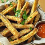 Um schmackhafte Auberginenfries zu machen, benötigst du folgende Hauptzutaten: - 1 große Aubergine - 1 Tasse Semmelbrösel (Panko oder normale) - ½ Tasse geriebener Parmesan (oder Nährhefe für eine vegane Option) - 2 große Eier Diese Zutaten sind die Basis für knusprige und köstliche Auberginenfries. Die Aubergine ist der Star dieses Gerichts. Sie hat einen milden Geschmack und nimmt die Aromen gut auf. Falls du keine Aubergine magst, kannst du auch andere Gemüse verwenden. Zucchini oder Süßkartoffeln sind gute Alternativen. Diese passen gut zu den gleichen Zutaten. Für die Semmelbrösel kannst du auch glutenfreie Optionen wählen. Dies macht die Fries für alle geeignet. Wenn du vegan bist, nutze Nährhefe anstelle von Parmesan. Die Gewürze machen einen großen Unterschied. Sie bringen den Geschmack hervor. Hier sind die wichtigsten Gewürze und ihre Wirkung: - Knoblauchpulver: Gibt einen intensiven, herzhaften Geschmack. - Zwiebelpulver: Fügt eine süße Note hinzu. - Geräuchertes Paprikapulver: Verleiht einen rauchigen, tiefen Geschmack. - Salz: Bringt alle Aromen zusammen. - Schwarzer Pfeffer: Fügt einen leichten Kick hinzu. Diese Gewürze machen die Auberginenfries besonders lecker. Probier sie aus und finde deine perfekte Mischung! Um die Aubergine perfekt für die Fritteuse vorzubereiten, folgen Sie diesen Schritten: 1. Aubergine schneiden: Nehmen Sie eine große Aubergine und schneiden Sie sie in fries-förmige Stäbchen. Jedes Stück sollte etwa 1,5 cm dick sein. 2. Salzen: Legen Sie die Auberginenstifte in ein Sieb. Bestreuen Sie sie mit Salz. Das Salz hilft, die überschüssige Feuchtigkeit zu entziehen. Lassen Sie die Aubergine 20-30 Minuten ruhen. 3. Abspülen und trocken tupfen: Spülen Sie die Auberginenstifte unter kaltem Wasser ab. Tupfen Sie sie anschließend mit Küchenpapier trocken. Dieser Schritt sorgt für mehr Knusprigkeit. Jetzt kommt der spaßige Teil – die Panierung: 1. Eier verquirlen: In einer Schüssel verquirlen Sie zwei große Eier. Diese Mischung hilft, die Semmelbrösel an der Aubergine haften zu lassen. 2. Semmelbrösel mischen: In einer anderen Schüssel vermischen Sie eine Tasse Semmelbrösel, ½ Tasse geriebenen Parmesan, 1 Teelöffel Knoblauchpulver, 1 Teelöffel Zwiebelpulver, ½ Teelöffel geräuchertes Paprikapulver, 1 Teelöffel Salz und ½ Teelöffel schwarzen Pfeffer. Mischen Sie alles gut. 3. Aubergine panieren: Tauchen Sie jeden Auberginenstift zuerst in die Eiermischung. Stellen Sie sicher, dass jedes Stück gut bedeckt ist. Rollen Sie es dann in der Semmelbröselmischung und drücken Sie leicht an, damit die Brösel haften. Jetzt sind wir bereit zum Frittieren: 1. Air Fryer vorbereiten: Heizen Sie Ihren Air Fryer auf 200°C (400°F) vor. Das dauert etwa 5 Minuten. 2. Korbbeschichtung: Sprühen Sie den Korb des Air Fryers leicht mit Kochspray ein oder bürsten Sie ihn mit Olivenöl. Das verhindert, dass die Fries kleben bleiben. 3. Fries anordnen: Legen Sie die panierten Auberginenfries in einer einzigen Schicht in den Korb. Möglicherweise müssen Sie dies in mehreren Durchgängen tun. 4. Frittieren: Frittieren Sie die Auberginen für 12-15 Minuten, bis sie goldbraun und knusprig sind. Schütteln Sie den Korb zur Hälfte der Garzeit, um eine gleichmäßige Bräunung zu erreichen. 5. Servieren: Nehmen Sie die Fries nach dem Garen heraus. Wiederholen Sie den Vorgang mit den restlichen Auberginenstiften. Servieren Sie die knusprigen Fries sofort mit Ihrer Lieblings-Dip-Sauce. Um die Auberginenfries besonders knusprig zu machen, gibt es einige einfache Tricks. Erstens, lassen Sie die geschnittenen Auberginen mit Salz ruhen. Das entzieht der Aubergine die Feuchtigkeit. Dadurch werden die Fries beim Frittieren knuspriger. Zweitens, verwenden Sie Panko-Semmelbrösel. Diese sind grober und sorgen für mehr Crunch. Schließlich sollten Sie die Fries in einer einzigen Schicht im Air Fryer anordnen. So wird die Hitze gleichmäßig verteilt und die Fries bräunen besser. Ein häufiger Fehler ist, die Auberginen nicht ausreichend zu salzen. Ohne Salz bleiben sie matschig. Ein weiterer Fehler ist, die Fries zu dicht zu stapeln. Das führt dazu, dass sie nicht richtig frittieren. Achten Sie darauf, die Fries nach der Hälfte der Garzeit zu schütteln. So werden alle Seiten gleichmäßig knusprig. Und vergessen Sie nicht, den Air Fryer vorzuheizen! Das sorgt für eine sofortige, gleichmäßige Hitze. Die Entscheidung zwischen Olivenöl und Kochspray hängt von Ihrem Geschmack ab. Olivenöl verleiht den Auberginen einen feinen Geschmack. Es ist auch gesünder, wenn Sie es leicht auftragen. Kochspray ist praktisch, um eine dünne Schicht Öl aufzutragen. Achten Sie darauf, dass Sie nicht zu viel verwenden. Zu viel Öl kann die Fries fettig machen. Nutzen Sie daher eine Sprühflasche oder einen Pinsel für das Öl. {{image_4}} Für eine vegane Variante der Auberginenfries verwende ich Nährhefe anstelle des Parmesans. Nährhefe gibt einen tollen, käsigen Geschmack. Sie ist reich an B-Vitaminen und hat einen leicht nussigen Geschmack. Einfach ½ Tasse Nährhefe in die Semmelbröselmischung geben. So bleiben die Auberginenfries knusprig und lecker. Die Gewürze sind wichtig für den Geschmack der Auberginenfries. Hier sind einige Ideen, um die Aromen zu variieren: - Italienisch: Füge getrockneten Oregano und Basilikum hinzu. - Mexikanisch: Verwende Kreuzkümmel und Chili-Pulver für einen scharfen Kick. - Asiatisch: Mische Sesamsamen und Ingwerpulver in die Semmelbrösel. Experimentiere mit diesen Gewürzen, um deine Lieblingskombination zu finden. Aubergine ist nicht die einzige Wahl! Du kannst auch andere Gemüsesorten verwenden. Zucchini und Süßkartoffeln sind tolle Alternativen. Schneide sie in ähnliche Stäbchen wie die Aubergine. Die Zubereitung bleibt gleich. So hast du eine bunte Mischung an Gemüsesnacks, die alle knusprig und köstlich sind. Wenn Sie nach dem Frittieren Auberginenfries übrig haben, bewahren Sie sie in einem luftdichten Behälter auf. Lassen Sie die Fries zuerst auf Raumtemperatur abkühlen. So bleibt die Knusprigkeit erhalten. Lagern Sie sie maximal drei Tage im Kühlschrank. Um die Auberginenfries wieder knusprig zu machen, nutzen Sie den Air Fryer. Heizen Sie ihn auf 180°C (350°F) vor. Legen Sie die Fries in den Korb und frittieren Sie sie 5-7 Minuten. So werden sie wieder warm und knusprig. Im Kühlschrank halten die Auberginenfries bis zu drei Tage. Für längere Lagerung können Sie sie einfrieren. Legen Sie die abgekühlten Fries in einen Gefrierbeutel. So bleiben sie bis zu drei Monate frisch. Zum Auftauen lassen Sie sie einfach im Kühlschrank über Nacht. Um die Bitterkeit der Auberginenfries zu verringern, salze die Auberginen vor dem Frittieren. Schneide die Aubergine in Streifen und lege sie in ein Sieb. Bestreue die Stücke mit Salz und lasse sie 20-30 Minuten ruhen. Das Salz entzieht der Aubergine die überschüssige Feuchtigkeit und Bitterstoffe. Spüle die Auberginen danach gründlich ab, um das Salz zu entfernen. Tupfe sie trocken, bevor du sie frittierst. So bleiben die Fries lecker und knusprig. Ja, du kannst viele andere Gemüsesorten im Air Fryer frittieren! Zucchini, Karotten und Süßkartoffeln sind großartige Optionen. Schneide das Gemüse in gleichmäßige Stücke, damit sie gleichmäßig garen. Du kannst die gleiche Paniermischung verwenden, die du für die Auberginenfries gemacht hast. Experimentiere mit verschiedenen Gemüsesorten, um neue Geschmäcker zu entdecken. Auberginenfries passen gut zu vielen Dips. Marinara-Sauce ist ein Klassiker. Sie ist tomatig und frisch. Tzatziki, mit Joghurt und Gurke, bringt eine kühle Note. Auch Hummus ist eine leckere Wahl. Für etwas Schärfe kannst du Sriracha oder eine scharfe Mayo verwenden. Probiere verschiedene Dips aus, um deinen Favoriten zu finden! Zusammenfassend gibt es viele Wege, Auberginenfries zuzubereiten und zu genießen. Du hast gelernt, welche Zutaten wichtig sind und wie du sie richtig zubereitest. Achte auf knusprige Ergebnisse und vermeide häufige Fehler. Probier auch die verschiedenen Variationen aus, um neue Geschmäcker zu entdecken. Die Aufbewahrung ist einfach, und du kannst Reste problemlos wieder aufwärmen. Nutze diese Tipps, um die perfekten Auberginenfries zu machen. Viel Spaß beim Ausprobieren und Genießen deiner köstlichen Kreationen!
