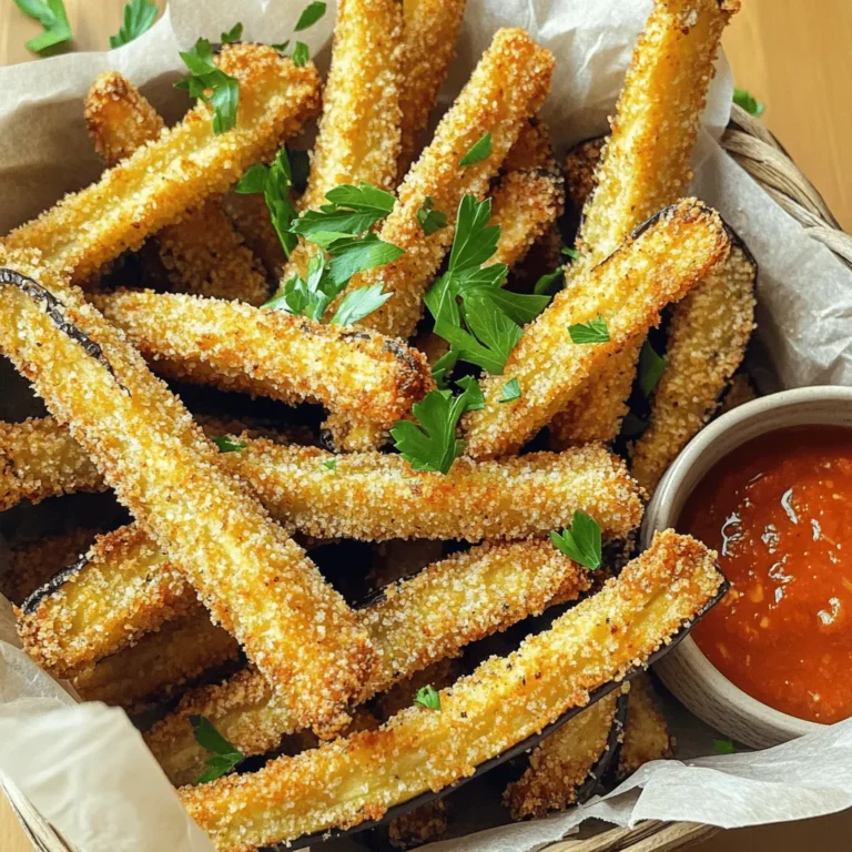 Um schmackhafte Auberginenfries zu machen, benötigst du folgende Hauptzutaten: - 1 große Aubergine - 1 Tasse Semmelbrösel (Panko oder normale) - ½ Tasse geriebener Parmesan (oder Nährhefe für eine vegane Option) - 2 große Eier Diese Zutaten sind die Basis für knusprige und köstliche Auberginenfries. Die Aubergine ist der Star dieses Gerichts. Sie hat einen milden Geschmack und nimmt die Aromen gut auf. Falls du keine Aubergine magst, kannst du auch andere Gemüse verwenden. Zucchini oder Süßkartoffeln sind gute Alternativen. Diese passen gut zu den gleichen Zutaten. Für die Semmelbrösel kannst du auch glutenfreie Optionen wählen. Dies macht die Fries für alle geeignet. Wenn du vegan bist, nutze Nährhefe anstelle von Parmesan. Die Gewürze machen einen großen Unterschied. Sie bringen den Geschmack hervor. Hier sind die wichtigsten Gewürze und ihre Wirkung: - Knoblauchpulver: Gibt einen intensiven, herzhaften Geschmack. - Zwiebelpulver: Fügt eine süße Note hinzu. - Geräuchertes Paprikapulver: Verleiht einen rauchigen, tiefen Geschmack. - Salz: Bringt alle Aromen zusammen. - Schwarzer Pfeffer: Fügt einen leichten Kick hinzu. Diese Gewürze machen die Auberginenfries besonders lecker. Probier sie aus und finde deine perfekte Mischung! Um die Aubergine perfekt für die Fritteuse vorzubereiten, folgen Sie diesen Schritten: 1. Aubergine schneiden: Nehmen Sie eine große Aubergine und schneiden Sie sie in fries-förmige Stäbchen. Jedes Stück sollte etwa 1,5 cm dick sein. 2. Salzen: Legen Sie die Auberginenstifte in ein Sieb. Bestreuen Sie sie mit Salz. Das Salz hilft, die überschüssige Feuchtigkeit zu entziehen. Lassen Sie die Aubergine 20-30 Minuten ruhen. 3. Abspülen und trocken tupfen: Spülen Sie die Auberginenstifte unter kaltem Wasser ab. Tupfen Sie sie anschließend mit Küchenpapier trocken. Dieser Schritt sorgt für mehr Knusprigkeit. Jetzt kommt der spaßige Teil – die Panierung: 1. Eier verquirlen: In einer Schüssel verquirlen Sie zwei große Eier. Diese Mischung hilft, die Semmelbrösel an der Aubergine haften zu lassen. 2. Semmelbrösel mischen: In einer anderen Schüssel vermischen Sie eine Tasse Semmelbrösel, ½ Tasse geriebenen Parmesan, 1 Teelöffel Knoblauchpulver, 1 Teelöffel Zwiebelpulver, ½ Teelöffel geräuchertes Paprikapulver, 1 Teelöffel Salz und ½ Teelöffel schwarzen Pfeffer. Mischen Sie alles gut. 3. Aubergine panieren: Tauchen Sie jeden Auberginenstift zuerst in die Eiermischung. Stellen Sie sicher, dass jedes Stück gut bedeckt ist. Rollen Sie es dann in der Semmelbröselmischung und drücken Sie leicht an, damit die Brösel haften. Jetzt sind wir bereit zum Frittieren: 1. Air Fryer vorbereiten: Heizen Sie Ihren Air Fryer auf 200°C (400°F) vor. Das dauert etwa 5 Minuten. 2. Korbbeschichtung: Sprühen Sie den Korb des Air Fryers leicht mit Kochspray ein oder bürsten Sie ihn mit Olivenöl. Das verhindert, dass die Fries kleben bleiben. 3. Fries anordnen: Legen Sie die panierten Auberginenfries in einer einzigen Schicht in den Korb. Möglicherweise müssen Sie dies in mehreren Durchgängen tun. 4. Frittieren: Frittieren Sie die Auberginen für 12-15 Minuten, bis sie goldbraun und knusprig sind. Schütteln Sie den Korb zur Hälfte der Garzeit, um eine gleichmäßige Bräunung zu erreichen. 5. Servieren: Nehmen Sie die Fries nach dem Garen heraus. Wiederholen Sie den Vorgang mit den restlichen Auberginenstiften. Servieren Sie die knusprigen Fries sofort mit Ihrer Lieblings-Dip-Sauce. Um die Auberginenfries besonders knusprig zu machen, gibt es einige einfache Tricks. Erstens, lassen Sie die geschnittenen Auberginen mit Salz ruhen. Das entzieht der Aubergine die Feuchtigkeit. Dadurch werden die Fries beim Frittieren knuspriger. Zweitens, verwenden Sie Panko-Semmelbrösel. Diese sind grober und sorgen für mehr Crunch. Schließlich sollten Sie die Fries in einer einzigen Schicht im Air Fryer anordnen. So wird die Hitze gleichmäßig verteilt und die Fries bräunen besser. Ein häufiger Fehler ist, die Auberginen nicht ausreichend zu salzen. Ohne Salz bleiben sie matschig. Ein weiterer Fehler ist, die Fries zu dicht zu stapeln. Das führt dazu, dass sie nicht richtig frittieren. Achten Sie darauf, die Fries nach der Hälfte der Garzeit zu schütteln. So werden alle Seiten gleichmäßig knusprig. Und vergessen Sie nicht, den Air Fryer vorzuheizen! Das sorgt für eine sofortige, gleichmäßige Hitze. Die Entscheidung zwischen Olivenöl und Kochspray hängt von Ihrem Geschmack ab. Olivenöl verleiht den Auberginen einen feinen Geschmack. Es ist auch gesünder, wenn Sie es leicht auftragen. Kochspray ist praktisch, um eine dünne Schicht Öl aufzutragen. Achten Sie darauf, dass Sie nicht zu viel verwenden. Zu viel Öl kann die Fries fettig machen. Nutzen Sie daher eine Sprühflasche oder einen Pinsel für das Öl. {{image_4}} Für eine vegane Variante der Auberginenfries verwende ich Nährhefe anstelle des Parmesans. Nährhefe gibt einen tollen, käsigen Geschmack. Sie ist reich an B-Vitaminen und hat einen leicht nussigen Geschmack. Einfach ½ Tasse Nährhefe in die Semmelbröselmischung geben. So bleiben die Auberginenfries knusprig und lecker. Die Gewürze sind wichtig für den Geschmack der Auberginenfries. Hier sind einige Ideen, um die Aromen zu variieren: - Italienisch: Füge getrockneten Oregano und Basilikum hinzu. - Mexikanisch: Verwende Kreuzkümmel und Chili-Pulver für einen scharfen Kick. - Asiatisch: Mische Sesamsamen und Ingwerpulver in die Semmelbrösel. Experimentiere mit diesen Gewürzen, um deine Lieblingskombination zu finden. Aubergine ist nicht die einzige Wahl! Du kannst auch andere Gemüsesorten verwenden. Zucchini und Süßkartoffeln sind tolle Alternativen. Schneide sie in ähnliche Stäbchen wie die Aubergine. Die Zubereitung bleibt gleich. So hast du eine bunte Mischung an Gemüsesnacks, die alle knusprig und köstlich sind. Wenn Sie nach dem Frittieren Auberginenfries übrig haben, bewahren Sie sie in einem luftdichten Behälter auf. Lassen Sie die Fries zuerst auf Raumtemperatur abkühlen. So bleibt die Knusprigkeit erhalten. Lagern Sie sie maximal drei Tage im Kühlschrank. Um die Auberginenfries wieder knusprig zu machen, nutzen Sie den Air Fryer. Heizen Sie ihn auf 180°C (350°F) vor. Legen Sie die Fries in den Korb und frittieren Sie sie 5-7 Minuten. So werden sie wieder warm und knusprig. Im Kühlschrank halten die Auberginenfries bis zu drei Tage. Für längere Lagerung können Sie sie einfrieren. Legen Sie die abgekühlten Fries in einen Gefrierbeutel. So bleiben sie bis zu drei Monate frisch. Zum Auftauen lassen Sie sie einfach im Kühlschrank über Nacht. Um die Bitterkeit der Auberginenfries zu verringern, salze die Auberginen vor dem Frittieren. Schneide die Aubergine in Streifen und lege sie in ein Sieb. Bestreue die Stücke mit Salz und lasse sie 20-30 Minuten ruhen. Das Salz entzieht der Aubergine die überschüssige Feuchtigkeit und Bitterstoffe. Spüle die Auberginen danach gründlich ab, um das Salz zu entfernen. Tupfe sie trocken, bevor du sie frittierst. So bleiben die Fries lecker und knusprig. Ja, du kannst viele andere Gemüsesorten im Air Fryer frittieren! Zucchini, Karotten und Süßkartoffeln sind großartige Optionen. Schneide das Gemüse in gleichmäßige Stücke, damit sie gleichmäßig garen. Du kannst die gleiche Paniermischung verwenden, die du für die Auberginenfries gemacht hast. Experimentiere mit verschiedenen Gemüsesorten, um neue Geschmäcker zu entdecken. Auberginenfries passen gut zu vielen Dips. Marinara-Sauce ist ein Klassiker. Sie ist tomatig und frisch. Tzatziki, mit Joghurt und Gurke, bringt eine kühle Note. Auch Hummus ist eine leckere Wahl. Für etwas Schärfe kannst du Sriracha oder eine scharfe Mayo verwenden. Probiere verschiedene Dips aus, um deinen Favoriten zu finden! Zusammenfassend gibt es viele Wege, Auberginenfries zuzubereiten und zu genießen. Du hast gelernt, welche Zutaten wichtig sind und wie du sie richtig zubereitest. Achte auf knusprige Ergebnisse und vermeide häufige Fehler. Probier auch die verschiedenen Variationen aus, um neue Geschmäcker zu entdecken. Die Aufbewahrung ist einfach, und du kannst Reste problemlos wieder aufwärmen. Nutze diese Tipps, um die perfekten Auberginenfries zu machen. Viel Spaß beim Ausprobieren und Genießen deiner köstlichen Kreationen!