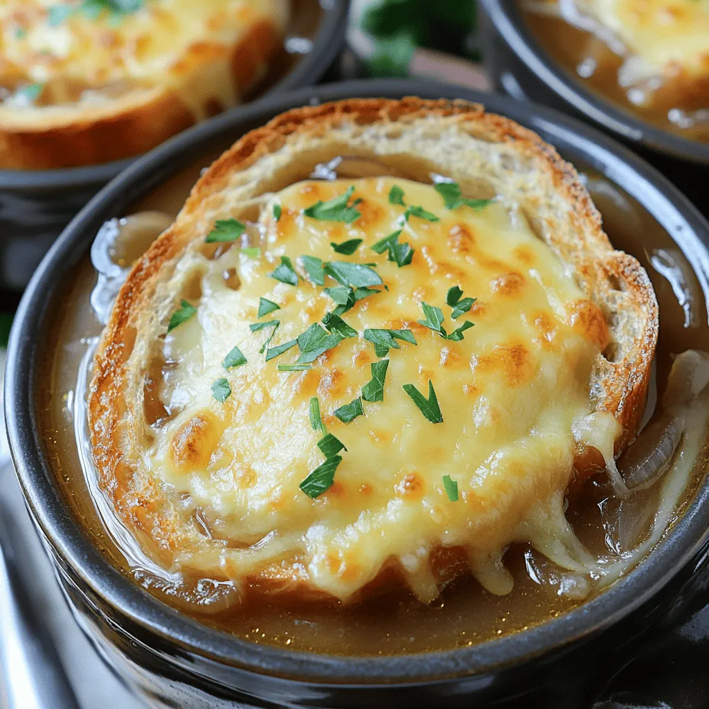 - 4 große Zwiebeln - 4 Esslöffel ungesalzene Butter - 2 Knoblauchzehen Die Hauptzutaten sind einfach, aber wichtig. Die Zwiebeln sind das Herz dieser Suppe. Wenn du sie dünn schneidest, werden sie gleichmäßig weich. Die Butter gibt der Suppe einen reichen Geschmack. Knoblauch bringt ein tolles Aroma. - 8 Tassen Rinder- oder Gemüsebrühe - 1 Teelöffel getrockneter Thymian - 1 Lorbeerblatt Die Brühe ist die Basis. Du kannst Rinderbrühe oder Gemüsebrühe verwenden. Beide sind lecker. Thymian fügt einen feinen Geschmack hinzu. Das Lorbeerblatt gibt der Suppe Tiefe. Achte darauf, es vor dem Servieren zu entfernen. - 8 Scheiben geröstetes Baguette - 2 Tassen geriebener Gruyère-Käse - Frische Petersilie zum Garnieren Toppings bringen die Suppe zum Leben. Das geröstete Baguette ist knusprig und passt perfekt. Gruyère-Käse schmilzt schön und macht die Suppe cremig. Frische Petersilie sieht schön aus und bringt Farbe. Zuerst schmelzen Sie die Butter in einer großen Pfanne. Fügen Sie dann die dünn geschnittenen Zwiebeln hinzu. Garen Sie die Zwiebeln 15-20 Minuten lang. Rühren Sie gelegentlich um, bis sie weich und karamellisiert sind. Das gibt der Suppe ihren süßen Geschmack. Jetzt kommt der Knoblauch und der Zucker. Geben Sie den gehackten Knoblauch in die Pfanne und streuen Sie den Zucker darüber. Braten Sie beides für 2 Minuten an. Dies macht den Knoblauch aromatisch und verstärkt den Geschmack der Zwiebeln. Übertragen Sie die karamellisierte Zwiebelmischung in den Crockpot. Gießen Sie die Rinderbrühe dazu. Fügen Sie auch den getrockneten Thymian, das Lorbeerblatt, Salz und Pfeffer hinzu. Mischen Sie alles gut, damit die Aromen sich vermischen. Decken Sie den Crockpot ab und stellen Sie ihn auf niedrige Stufe. Lassen Sie die Suppe 6-8 Stunden garen. Wenn die Zeit abgelaufen ist, entfernen Sie das Lorbeerblatt. Probieren Sie die Suppe und würzen Sie nach, wenn nötig. Zum Servieren schöpfen Sie die Suppe in Schalen. Legen Sie auf jede Schale eine geröstete Baguette-Scheibe. Bestreuen Sie alles großzügig mit geriebenem Gruyère-Käse. Wenn Sie eine goldene Kruste wollen, stellen Sie die Schalen 2-3 Minuten unter den Grill. Garnieren Sie die Suppe mit frischer Petersilie. Um Zwiebeln perfekt zu karamellisieren, passe die Hitze an. Beginne bei mittlerer Hitze. Dies hilft, die Zwiebeln gleichmäßig weich zu machen. Rühre sie alle paar Minuten um. So brennen sie nicht an. Zwiebeln brauchen Zeit, um ihren süßen Geschmack zu entfalten. Sie sind fertig, wenn sie goldbraun sind. Dies kann 15 bis 20 Minuten dauern. Geduld ist hier der Schlüssel. Gruyère ist der klassische Käse für diese Suppe. Sein nussiger Geschmack passt gut zu Zwiebeln. Wenn du keinen Gruyère hast, gibt es Alternativen. Emmentaler hat einen ähnlichen Geschmack, ist jedoch milder. Gouda kann auch gut funktionieren und gibt eine cremige Textur. Für einen kräftigen Geschmack kannst du auch Cheddar verwenden. Jede Käsewahl bringt ihren eigenen Charakter in die Suppe. Die Brühe ist wichtig für den Geschmack der Suppe. Du kannst Rinderbrühe verwenden für einen tiefen Geschmack. Für eine vegetarische Option wähle Gemüsebrühe. Diese ist leichter und hat einen frischen Geschmack. Du kannst auch die Intensität der Brühe anpassen. Füge mehr oder weniger Brühe hinzu, je nach Vorliebe. Experimentiere mit Gewürzen, um die Brühe interessanter zu machen. {{image_4}} Um eine vegetarische Version der Crockpot Französischen Zwiebelsuppe zu machen, verwenden Sie Gemüsebrühe. Diese Brühe gibt der Suppe einen vollmundigen Geschmack. Sie können auch verschiedene Gemüsesorten hinzufügen. Karotten, Sellerie oder Pilze passen gut. Diese Vielfalt an Gemüse bringt mehr Textur und Geschmack in die Suppe. Sie können die Aromen Ihrer Suppe durch Gewürze anpassen. Eine Prise Muskatnuss kann die Süße der Zwiebeln hervorheben. Alternativ können Sie statt Thymian auch Rosmarin verwenden. Diese Kräuter geben der Suppe eine neue Note. Experimentieren Sie mit verschiedenen Gewürzen, um Ihre perfekte Mischung zu finden. Für eine cremigere Suppe fügen Sie vor dem Servieren etwas Sahne oder Milch hinzu. Dadurch wird die Konsistenz reichhaltiger und samtiger. Rühren Sie die Sahne gut ein, damit sie sich gleichmäßig verteilt. Diese Variante macht die Suppe besonders lecker und einladend. Lagere die französische Zwiebelsuppe in luftdichten Behältern. So bleibt sie frisch. Du kannst sie bis zu fünf Tage im Kühlschrank aufbewahren. Achte darauf, die Suppe abkühlen zu lassen, bevor du sie in den Behälter füllst. So vermeidest du Kondenswasser, das die Suppe verwässern könnte. Wenn du die Suppe länger aufbewahren möchtest, friere sie ein. Verwende gefriergeeignete Behälter oder Beutel. Lass etwas Platz, da sich die Suppe beim Gefrieren ausdehnt. Du kannst die Suppe bis zu drei Monate im Gefrierfach lagern. Um sie aufzutauen, lege sie über Nacht in den Kühlschrank. Du kannst sie auch direkt bei schwacher Hitze auf dem Herd auftauen. Bewahre die gerösteten Baguette-Scheiben in einem trockenen, luftdichten Behälter auf. So bleibst du auf der sicheren Seite, dass sie nicht weich werden oder schimmeln. Du kannst sie auch in einem Papiertuch einwickeln und dann in einen Beutel legen. So bleibt die Kruste knusprig. Verwende die Reste innerhalb von drei Tagen für den besten Geschmack. Du kannst die Suppe bis zu 5 Tage im Kühlschrank aufbewahren. Stelle sicher, dass du sie in einem luftdichten Behälter lagerst. Wenn du die Suppe länger aufbewahren möchtest, friere sie ein. Sie hält sich bis zu 3 Monate im Gefrierfach. Achte darauf, die Suppe in portionsgerechte Behälter zu füllen. So kannst du sie leicht auftauen. Ja, du kannst die Suppe im Voraus zubereiten. Koche sie ganz normal und lasse sie abkühlen. Fülle die Suppe dann in einen luftdichten Behälter. Du kannst sie im Kühlschrank oder Gefrierfach lagern. Wenn du sie später essen willst, erwärme sie einfach auf dem Herd oder in der Mikrowelle. Achte darauf, die Baguette-Scheiben und den Käse erst kurz vor dem Servieren hinzuzufügen. Die traditionelle Version ist nicht vegan, da sie Käse und Rinderbrühe enthält. Du kannst jedoch eine vegane Variante zubereiten. Nutze Gemüsebrühe anstelle von Rinderbrühe. Für den Käse kannst du vegane Käsealternativen verwenden. Achte darauf, dass die Baguette-Scheiben ebenfalls vegan sind. So kannst du die Suppe genießen, ohne tierische Produkte zu verwenden. Die Zubereitung einer köstlichen Zwiebelsuppe ist einfach und macht Spaß. Sie benötigen nur einige Hauptzutaten wie Zwiebeln und Brühe. Das Karamellisieren der Zwiebeln ist der Schlüssel zum Geschmack. Vergessen Sie nicht, mit Käse und Baguette zu garnieren! Ich hoffe, Sie probieren die Variationen aus und genießen die Suppe. Mit diesen Tipps wird Ihre Zwiebelsuppe immer perfekt gelingen. Viel Spaß beim Kochen und Genießen!