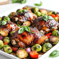 Für die Balsamico-glazierten Hähnchenschenkel brauchst du: - 4 Hähnchenschenkel mit Knochen und Haut - 60 ml Balsamico-Essig - 30 ml Honig - 30 ml Dijon-Senf - 2 Zehen Knoblauch, fein gehackt Diese Zutaten machen das Gericht besonders saftig und lecker. Die Hähnchenschenkel geben viel Geschmack. Der Balsamico-Essig bringt eine süß-saure Note. Honig fügt eine köstliche Süße hinzu. Dijon-Senf gibt dem Gericht einen leichten Kick. Für die Marinade verwendest du: - 1 Teelöffel getrockneter Oregano - 1 Teelöffel Thymian - 1/2 Teelöffel Salz - 1/4 Teelöffel frisch gemahlener schwarzer Pfeffer Diese Gewürze sind wichtig. Oregano und Thymian bringen italienische Aromen. Das Salz hebt die Geschmäcker hervor. Der Pfeffer gibt einen feinen Schärfekick. Die Marinade sorgt dafür, dass das Hähnchen zart und schmackhaft wird. Für das Gemüse benötigst du: - 2 Tassen Rosenkohl, halbiert - 1 rote Paprika, in Streifen geschnitten - 1 mittelgroße rote Zwiebel, in Spalten geschnitten - 30 ml Olivenöl Rosenkohl ist gesund und hat viel Ballaststoffe. Paprika bringt eine süße Note ins Gericht. Zwiebeln geben zusätzlichen Geschmack und Süße. Zusammen mit dem Hähnchen werden sie im Ofen perfekt geröstet. Das Olivenöl sorgt dafür, dass alles schön knusprig wird. Heize deinen Ofen auf 220°C vor. Das sorgt für eine schöne Bräunung. Ein vorgeheizter Ofen ist wichtig. Mische in einer Schüssel: - 60 ml Balsamico-Essig - 30 ml Honig - 30 ml Dijon-Senf - 2 Zehen Knoblauch, fein gehackt - 1 Teelöffel getrockneter Oregano - 1 Teelöffel Thymian - 1/2 Teelöffel Salz - 1/4 Teelöffel frisch gemahlener schwarzer Pfeffer Rühre alles gut um, bis es gleichmäßig ist. Diese Marinade gibt dem Hähnchen tollen Geschmack. Lege vier Hähnchenschenkel in einen großen Beutel. Gieße die Hälfte der Marinade darüber. Stelle sicher, dass das Hähnchen gut bedeckt ist. Die restliche Marinade stellst du beiseite für später. Lass das Hähnchen 30 Minuten im Kühlschrank marinieren. Länger marinieren bringt noch mehr Geschmack. Nimm ein großes Backblech und lege die vorbereiteten Gemüsesorten darauf: - 2 Tassen Rosenkohl, halbiert - 1 rote Paprika, in Streifen geschnitten - 1 mittelgroße rote Zwiebel, in Spalten geschnitten Gib Olivenöl, Salz und Pfeffer dazu und vermenge alles gut. Das Gemüse wird so lecker und knusprig. Nimm das marinierte Hähnchen aus dem Beutel. Lege es auf das Backblech zwischen das Gemüse. Achte darauf, dass alles gut verteilt ist. Backe das Blech für 25-30 Minuten. Das Hähnchen sollte eine Innentemperatur von 75°C erreichen. Die Haut wird goldbraun und knusprig. Rühre das Gemüse während des Garens einmal um. In den letzten 5 Minuten der Backzeit streiche die reservierte Marinade über das Hähnchen. Das sorgt für einen tollen Glanz und Geschmack. Lass das Backblech nach dem Backen ein paar Minuten ruhen. Garniere das Gericht mit frischem Basilikum. Serviere direkt vom Blech oder auf einer großen Platte. Um die beste Marinade zu machen, achte auf die Balance zwischen Süße und Säure. Der Balsamico-Essig gibt einen tollen Geschmack. Kombiniere ihn mit Honig für die Süße. Dijon-Senf fügt eine scharfe Note hinzu. Die Aromen entfalten sich, wenn du die Marinade mindestens 30 Minuten ruhen lässt. Du kannst das Hähnchen auch über Nacht marinieren. So wird es besonders saftig und aromatisch. Röste dein Gemüse richtig, um den besten Geschmack zu erzielen. Schneide das Gemüse gleichmäßig, damit es gleichmäßig gart. Rosenkohl, Paprika und Zwiebeln sind tolle Optionen. Mische sie gut mit Olivenöl, Salz und Pfeffer. Achte darauf, das Gemüse während des Garens öfter umzurühren. So wird es schön knusprig und bräunt gleichmäßig. Ein häufiger Fehler ist, das Hähnchen nicht genug zu marinieren. Eine kurze Marinierzeit gibt nicht genug Geschmack. Ein weiterer Fehler ist, das Gemüse nicht richtig vorzubereiten. Wenn das Gemüse zu nah am Hähnchen liegt, kann es dampfen und wird nicht schön knusprig. Vermeide auch, die reservierte Marinade zu vergessen. Diese gibt dem Hähnchen den letzten tollen Glanz. {{image_4}} Du kannst viele verschiedene Gemüsesorten für dein Rezept verwenden. Rosenkohl, rote Paprika und Zwiebeln sind lecker, aber auch andere Optionen passen gut. Probier Brokkoli, Karotten oder Süßkartoffeln. Diese Gemüsesorten bringen neue Farben und Geschmäcker auf deinen Teller. Achte darauf, die Gemüse in gleich große Stücke zu schneiden. So garen sie gleichmäßig. Die Gewürze in der Marinade sind wichtig. Du kannst diese aber auch anpassen. Statt Oregano und Thymian kannst du Rosmarin oder Paprika verwenden. Wenn du es schärfer magst, füge etwas Cayennepfeffer hinzu. Experimentiere mit den Aromen, um deinen eigenen Geschmack zu finden. So wird dein Balsamico-glaziertes Hähnchen ganz besonders. Hähnchenschenkel sind saftig und lecker, aber du hast auch andere Optionen. Hähnchenbrust funktioniert gut, wenn du weniger Fett möchtest. Wenn du eine vegetarische Option suchst, probiere Tofu. Mariniere den Tofu wie das Hähnchen und backe ihn dann im Ofen. So bleibt er schön aromatisch. Diese Variationen machen dein Gericht flexibel und anpassbar für alle. Bewahre die Reste in einem luftdichten Behälter auf. Lass das Hähnchen und das Gemüse abkühlen. Dann decke sie gut ab, um den Geschmack zu halten. Du kannst auch Frischhaltefolie verwenden. So bleiben die Reste frisch und lecker. Um das Hähnchen wieder aufzuwärmen, stelle den Ofen auf 175°C (350°F). Lege das Hähnchen und das Gemüse auf ein Backblech. Heiz sie für 15 bis 20 Minuten, bis sie heiß sind. Das sorgt dafür, dass das Hähnchen saftig bleibt und die Haut knusprig wird. Im Kühlschrank halten die Reste 3 bis 4 Tage. Stelle sicher, dass der Behälter gut verschlossen ist. Du kannst die Reste auch einfrieren. Im Tiefkühlfach sind sie bis zu 3 Monate haltbar. Zum Auftauen lege das gefrorene Essen über Nacht in den Kühlschrank. So bleibt der Geschmack erhalten. Du solltest das Hähnchen mindestens 30 Minuten marinieren. So zieht die Marinade gut ein. Für noch mehr Geschmack empfehle ich, das Hähnchen über Nacht im Kühlschrank zu lassen. Die Aromen werden damit intensiver. Ja, die Marinade passt auch gut zu anderen Fleischsorten. Du kannst sie für Hähnchenbrust, Schweinefleisch oder Rindfleisch nutzen. Achte darauf, die Marinierzeit je nach Fleischart anzupassen, um das Beste herauszuholen. Wenn du keinen Balsamico-Essig hast, kannst du Apfelessig oder Rotweinessig verwenden. Diese Essigsorten bringen auch einen guten Geschmack. Du kannst etwas Honig hinzufügen, um die Säure auszugleichen. Um saftiges Hähnchen zu bekommen, ist die Marinade wichtig. Meide es, das Hähnchen zu lange zu garen. Überprüfe die Innentemperatur mit einem Thermometer; 75°C sind perfekt. Lass das Hähnchen nach dem Garen ein paar Minuten ruhen. So bleibt der Saft im Fleisch. In diesem Blogbeitrag haben wir die wichtigsten Zutaten für dein Rezept behandelt. Du hast gelernt, wie man die Marinade zubereitet und das Gemüse auswählt. Wir gingen Schritt für Schritt durch die Anleitung und gaben Tipps für die perfekte Zubereitung. Du weißt nun, welche Variationen möglich sind und wie man Reste richtig lagert. Meine letzte Empfehlung: Experimentiere mit Gewürzen und Gemüse. So wird jedes Gericht zum Genuss. Viel Spaß beim Kochen!