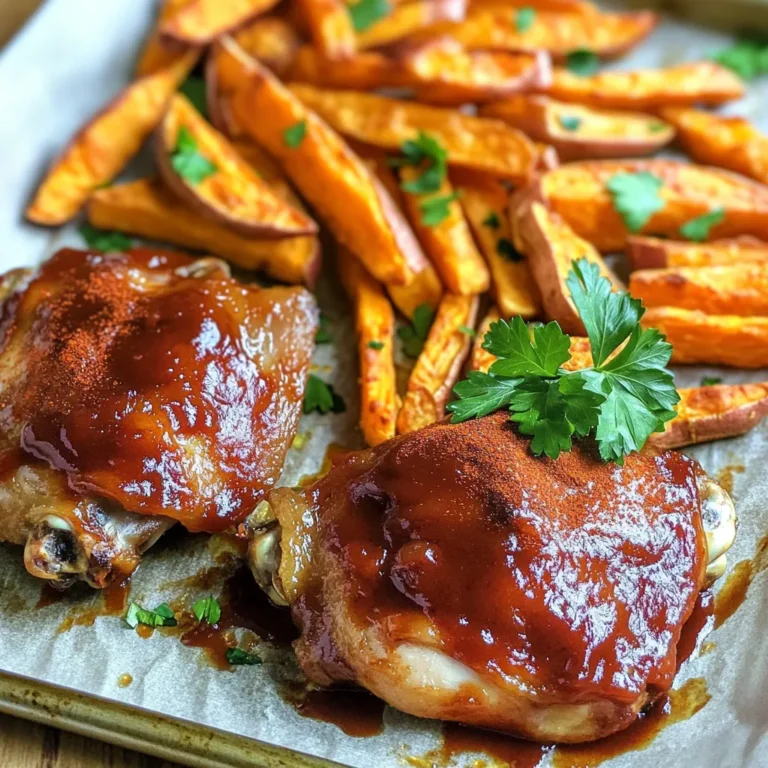 - 4 Hähnchenschenkel, mit Knochen und Haut - 1 Tasse BBQ-Sauce (deine Lieblingsmarke oder selbstgemacht) - 2 große Süßkartoffeln, in dünne Pommes geschnitten - 2 Esslöffel Olivenöl - 1 Teelöffel geräucherter Paprika - 1 Teelöffel Knoblauchpulver - Salz und Pfeffer nach Geschmack - Frische Petersilie, gehackt (zum Garnieren) Wähle eine BBQ-Sauce, die deinem Geschmack entspricht. Es gibt viele Arten von BBQ-Saucen, wie süß, rauchig oder scharf. Probiere verschiedene Marken aus, um die beste für dein Gericht zu finden. Du kannst auch deine eigene Sauce machen. Kombiniere Ketchup, Honig und Worcestershiresauce für eine einfache, köstliche Mischung. Achte darauf, dass die Sauce eine gute Konsistenz hat. Sie sollte dick genug sein, um am Hühnchen zu haften, aber nicht zu dickflüssig. Eine gute BBQ-Sauce macht dein Gericht besonders lecker. Heize deinen Ofen auf 220°C (425°F) vor. Dies sorgt für eine knusprige Textur. Während der Ofen vorheizt, bereite deine Zutaten vor. Nimm 4 Hähnchenschenkel und 2 große Süßkartoffeln. Wasche die Süßkartoffeln gut ab. Schneide sie in dünne Pommes. Nimm eine große Schüssel. Gib die Hähnchenschenkel hinein. Füge ½ Tasse BBQ-Sauce hinzu. Mische alles gut, bis das Hühnchen gleichmäßig beschichtet ist. So erhält das Hühnchen einen tollen Geschmack. Lass es kurz ruhen, damit die Aromen einziehen. In einer anderen Schüssel kommen die Süßkartoffel-Pommes. Gib 2 Esslöffel Olivenöl, 1 Teelöffel geräucherten Paprika und 1 Teelöffel Knoblauchpulver hinzu. Füge Salz und Pfeffer nach Geschmack hinzu. Mische alles gut durch. So sind alle Pommes gleichmäßig gewürzt. Lege ein großes Backblech mit Backpapier aus. Verteile die gewürzten Süßkartoffeln auf einer Seite des Blechs. Lass Platz für das Hühnchen. Lege die Hähnchenschenkel auf die andere Seite. Optional kannst du etwas zusätzliche BBQ-Sauce darüberträufeln. Jetzt kommt das Blech in den Ofen. Backe alles 25-30 Minuten. Das Hühnchen sollte eine Innentemperatur von 74°C (165°F) erreichen. Die Süßkartoffeln sollen goldbraun und knusprig sein. Nach dem Backen lass das Blech ein paar Minuten ruhen. So bleiben die Säfte im Hühnchen. Garnisiere das Gericht mit frisch gehackter Petersilie. Serviere das Hühnchen und die Pommes auf Tellern. Zusätzlich kannst du eine kleine Schüssel mit BBQ-Sauce zum Dippen anbieten. Um das Hühnchen saftig zu halten, marinieren Sie es gut. Ich empfehle, die Hähnchenschenkel mindestens 30 Minuten in BBQ-Sauce einzuweichen. Dies gibt dem Fleisch Geschmack und hilft, die Feuchtigkeit zu bewahren. Verwenden Sie eine Mischung aus BBQ-Sauce und etwas Olivenöl. Das Öl sorgt für eine schöne Kruste und verhindert, dass das Hühnchen austrocknet. Achten Sie darauf, die Innentemperatur zu überprüfen. Sie sollte 74°C erreichen, um sicherzustellen, dass das Hühnchen perfekt gegart ist. Für die perfekten Süßkartoffel-Pommes schneiden Sie die Süßkartoffeln gleichmäßig. Dünne Pommes werden knuspriger. Vermischen Sie die Pommes mit Olivenöl und Gewürzen. Achten Sie darauf, dass sie gleichmäßig beschichtet sind. Legen Sie die Pommes in einer einzigen Schicht auf das Blech. So bekommen sie eine goldene Farbe und die richtige Textur. Backen Sie die Pommes bis sie knusprig sind. Das dauert etwa 25 bis 30 Minuten. Zu diesem Gericht passen viele Beilagen gut. Ein frischer grüner Salat bringt Farbe auf den Teller. Auch gegrilltes Gemüse ist eine tolle Wahl. Wenn Sie es herzhaft mögen, servieren Sie etwas Maisbrot dazu. Für einen extra Kick können Sie Guacamole oder einen Dip bereitstellen. Diese Beilagen ergänzen den BBQ-Geschmack perfekt und machen das Essen noch besser. {{image_4}} Du kannst verschiedene BBQ-Saucen verwenden. Jede Sauce bringt ihren eigenen Geschmack. Probiere süße, würzige oder rauchige Varianten. Selbstgemachte Saucen sind auch toll. Mische Honig oder Senf in die Sauce für mehr Tiefe. Experimentiere und finde deine Lieblingskombination. Süßkartoffeln sind großartig, aber du kannst auch anderes Gemüse nutzen. Karotten, Zucchini oder Brokkoli sind gute Alternativen. Schneide sie in ähnliche Formen wie die Pommes. Du kannst auch Reis oder Quinoa als Beilage servieren. Diese Optionen sind gesund und lecker. Für glutenfreie Optionen wähle eine glutenfreie BBQ-Sauce. Das Hühnchen kannst du durch Tofu oder Tempeh ersetzen, um das Rezept vegan zu machen. Würze den Tofu wie das Hühnchen und backe ihn gleich. So bleibt der Geschmack ähnlich, und jeder kann genießen. Um Reste von deinem Blechpfannen-Hühnchen und den Süßkartoffel-Pommes frisch zu halten, lege sie in einen luftdichten Behälter. Achte darauf, dass die Reste gut abgekühlt sind, bevor du sie lagerst. So vermeidest du Kondenswasser, das die Textur beeinträchtigen kann. Du kannst die Hühnchenstücke und die Pommes getrennt oder zusammen aufbewahren. Das hält die Pommes knusprig. Wenn du die Reste aufwärmst, ist der Ofen die beste Wahl. Heize den Ofen auf 180°C (350°F) vor. Lege die Hühnchenstücke und die Pommes auf ein Backblech. Backe sie für etwa 10 bis 15 Minuten. So bleiben die Pommes knusprig und das Hühnchen saftig. Du kannst auch eine Pfanne verwenden. So bekommst du einen schönen Bräunungseffekt. Im Kühlschrank bleiben die Reste bis zu 3 Tage frisch. Stelle sicher, dass sie gut verpackt sind. Wenn du die Reste länger aufbewahren möchtest, kannst du sie im Gefrierschrank lagern. Dort halten sie bis zu 3 Monate. Achte darauf, sie in Portionen zu verpacken. So kannst du nur das auftauen, was du brauchst. Das Hühnchen braucht 25 bis 30 Minuten im Ofen. Du solltest die Innentemperatur bei 74°C (165°F) prüfen. Wenn das Hühnchen diese Temperatur erreicht, ist es sicher zu essen. Auch die Haut sollte goldbraun sein. Achte darauf, dass es nicht zu trocken wird. Ja, du kannst das Rezept im Air Fryer machen. Stelle die Temperatur auf 200°C (400°F) ein. Die Garzeit beträgt etwa 20 bis 25 Minuten. Überprüfe auch hier die Temperatur des Hühnchens. Wenn du die Süßkartoffeln machst, kannst du diese auch gleichzeitig im Air Fryer zubereiten. So sparst du Zeit. Zu BBQ-Hühnchen und Süßkartoffel-Pommes passen viele Beilagen. Hier sind einige Ideen: - Grüner Salat - Coleslaw - Gegrilltes Gemüse - Maiskolben Diese Beilagen ergänzen den Geschmack und machen das Essen bunter. Ja, es gibt viele Alternativen zu Süßkartoffeln. Du kannst normale Kartoffeln verwenden. Auch Karotten oder Zucchini funktionieren gut. Schneide sie in Pommesform, um die Textur zu behalten. So bleibt das Rezept einfach und lecker. Wir haben die besten Zutaten für ein köstliches BBQ-Hühnchen erkundet. Die Schritt-für-Schritt-Anleitung zeigt, wie du Hühnchen und Süßkartoffeln perfekt zubereitest. Mit meinen Tipps bleibt das Hühnchen saftig und die Pommes knusprig. Du kannst auch verschiedene Variationen ausprobieren, um das Gericht anzupassen. Denke daran, die Reste richtig zu lagern. Mit diesen Informationen kannst du sicher ein tolles Essen zaubern. Nutze die Fragen und Antworten, um weitere Infos zu erhalten. Viel Spaß beim Kochen!