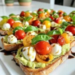 - 2 reife Avocados - 1 Tasse Cherrytomaten, halbiert - 1 Tasse Mozzarellakugeln, halbiert - 4 Scheiben Brot (Sauerteig oder Vollkorn empfohlen) Die Hauptzutaten sind einfach und frisch. Die Avocados geben dir eine cremige Basis. Die Cherrytomaten bringen Frische und Farbe. Mozzarellakugeln fügen einen tollen, milden Geschmack hinzu. Wähle gutes Brot, das knusprig wird. - 1 Esslöffel Balsamico-Glasur - 1 Esslöffel extra-natives Olivenöl - 1 Teelöffel frischer Basilikum, gehackt (plus mehr zum Garnieren) Die Balsamico-Glasur gibt einen süß-sauren Kick. Das Olivenöl sorgt für einen reichen Geschmack. Frischer Basilikum bringt ein tolles Aroma. Er macht das Gericht lebendig und frisch. - Meersalz nach Geschmack - Frisch gemahlener schwarzer Pfeffer nach Geschmack Meersalz hebt die Aromen hervor. Frisch gemahlener schwarzer Pfeffer fügt Tiefe hinzu. Diese beiden Gewürze sind einfach, aber wichtig für den Geschmack. Sie machen die Aromen noch besser. Röste die Brotscheiben in einem Toaster oder auf einem Grill. Ich empfehle, sie bis zur goldbraunen Farbe zu rösten. Dies sorgt für eine knusprige Basis. Sauerteig oder Vollkornbrot sind großartige Optionen. Diese Brotsorten bieten einen tollen Geschmack. Schneide die Avocados der Länge nach auf. Entferne den Stein vorsichtig. Löffle das Fruchtfleisch in eine Schüssel. Zerdrücke das Avocadofleisch mit einer Gabel. Es sollte cremig, aber stückig bleiben. Füge eine Prise Meersalz und frisch gemahlenen schwarzen Pfeffer hinzu. Das hebt den Geschmack der Avocado. In einer separaten Schüssel vermenge die halbierten Cherrytomaten und die Mozzarellakugeln. Füge den gehackten frischen Basilikum, das Olivenöl, Salz und Pfeffer hinzu. Mische alles vorsichtig. So werden die Zutaten gleichmäßig verteilt und harmonieren gut miteinander. Sobald das Brot geröstet ist, verteile die cremige Avocado großzügig auf jeder Scheibe. Belege die Avocado-Schicht mit der Tomaten-Mozzarella-Mischung. Diese schafft ein buntes Aussehen. Beträufle die Toasts mit der Balsamico-Glasur. Für das Finale, garniere die Toasts mit frischen Basilikumblättern. Dies gibt einen frischen Farbklecks und Geschmack. Für deinen Caprese Avocado Toast empfehle ich zwei Brotsorten. Sauerteigbrot hat einen tollen Geschmack und knusprige Kruste. Vollkornbrot ist gesund und gibt einen nussigen Geschmack. Beide Optionen passen gut zu den frischen Zutaten. Reife Avocados sind der Schlüssel. Drücke sanft auf die Schale. Sie sollte leicht nachgeben. Achte auf eine gleichmäßige grüne Farbe. Braune Flecken deuten auf Überreife hin. Lagere unreife Avocados bei Zimmertemperatur. Sie reifen in ein paar Tagen. Du kannst kreativ sein! Füge geröstete Pinienkerne oder Oliven hinzu. Fette deinen Toast mit einem Hauch von Pesto. Für eine würzige Note, probiere rote Paprika oder Chili. Diese Optionen geben deinem Gericht einen neuen Twist und mehr Geschmack. {{image_4}} Wenn du keine Mozzarella magst, gibt es gute Alternativen. Feta-Käse hat einen tollen Geschmack und eine ähnliche Textur. Du kannst auch veganen Käse verwenden, um es pflanzlich zu halten. Statt Balsamico-Glasur probiere einen Spritzer Zitronensaft für Frische. Für glutenfreie Optionen wähle glutenfreies Brot. Es gibt viele Sorten, die gut schmecken. Du kannst auch dünne Scheiben von Süßkartoffeln rösten. Sie bieten eine kreative Basis für deine Beläge. Achte darauf, dass alle Toppings auch glutenfrei sind. Wenn du es scharf magst, füge etwas Chili hinzu. Frische Jalapeños oder rote Pfefferschoten geben einen tollen Kick. Du kannst auch Paprika oder Pfefferflocken verwenden. Diese Zutaten steigern den Geschmack und machen dein Gericht aufregender. Um die Reste von deinem Caprese Avocado Toast frisch zu halten, lagere sie in einem luftdichten Behälter. Stelle sicher, dass du die Avocado-Mischung von den anderen Zutaten trennst. So bleibt die Avocado schön grün und frisch. Halte die Reste im Kühlschrank. Diese Methode hilft, die Aromen zu bewahren. Verbrauche die Reste innerhalb von 2 Tagen für das beste Geschmackserlebnis. Die frisch zubereiteten Toasts schmecken am besten direkt nach der Zubereitung. Wenn du sie jedoch im Kühlschrank aufbewahrst, bleiben sie bis zu einem Tag frisch. Du wirst merken, dass die Avocado mit der Zeit braun wird. Um dies zu vermeiden, träufle etwas Zitronensaft über die Avocado. Das hilft, die Farbe zu bewahren und den Geschmack zu erhalten. Ich empfehle, die Toasts nicht ganz einzufrieren. Die Textur des Brotes kann leiden. Du kannst jedoch die Avocado-Mischung einfrieren. Fülle sie in einen luftdichten Behälter oder einen Gefrierbeutel. So bleibt sie bis zu 3 Monate frisch. Zum Auftauen, lege die Mischung einfach in den Kühlschrank über Nacht. Verwende die aufgetaute Avocado-Mischung für frische Toasts, wenn du Lust darauf hast. Die Zubereitung von Caprese Avocado Toast dauert nur 15 Minuten. Die Vorbereitungszeit beträgt etwa 5 Minuten. Du kannst die Brotscheiben toasten, während du die Avocados und die anderen Zutaten vorbereitest. Ja, du kannst die Avocados im Voraus vorbereiten. Lagere sie in einem luftdichten Behälter. Füge etwas Zitronensaft hinzu, um die Farbe zu bewahren. So bleiben sie frisch und grün. Du kannst frische Salate oder eine Suppe als Beilage servieren. Auch ein Glas frisch gepresster Saft passt gut dazu. Für einen besonderen Genuss empfehle ich ein Glas Roséwein. Ja, Caprese Avocado Toast ist gesund! Avocados sind reich an gesunden Fetten und Ballaststoffen. Tomaten bieten viele Vitamine, und Mozzarella ist eine gute Proteinquelle. Dieses Gericht ist eine ausgewogene Wahl für jede Mahlzeit. Caprese Avocado Toast ist einfach und lecker. Wir haben die Hauptzutaten wie Avocados, Cherrytomaten und Mozzarella besprochen. Du hast gelernt, wie du dein Brot perfekt röstest und die Avocados zubereitest. Es gibt tolle Tipps für die besten Brote und weitere Variationen. Diese Rezepte sind leicht anzupassen und machen jede Mahlzeit besonders. Denk daran, deine Reste richtig zu lagern, damit sie frisch bleiben. Genieße dein Toast und probiere neue Ideen aus. Essen macht Spaß, besonders wenn es so einfach ist!