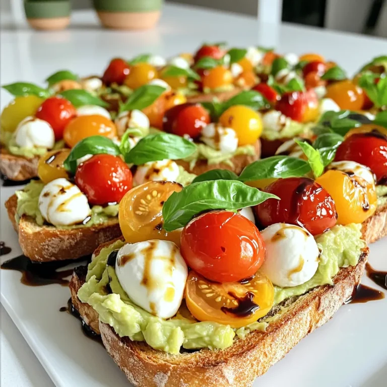 - 2 reife Avocados - 1 Tasse Cherrytomaten, halbiert - 1 Tasse Mozzarellakugeln, halbiert - 4 Scheiben Brot (Sauerteig oder Vollkorn empfohlen) Die Hauptzutaten sind einfach und frisch. Die Avocados geben dir eine cremige Basis. Die Cherrytomaten bringen Frische und Farbe. Mozzarellakugeln fügen einen tollen, milden Geschmack hinzu. Wähle gutes Brot, das knusprig wird. - 1 Esslöffel Balsamico-Glasur - 1 Esslöffel extra-natives Olivenöl - 1 Teelöffel frischer Basilikum, gehackt (plus mehr zum Garnieren) Die Balsamico-Glasur gibt einen süß-sauren Kick. Das Olivenöl sorgt für einen reichen Geschmack. Frischer Basilikum bringt ein tolles Aroma. Er macht das Gericht lebendig und frisch. - Meersalz nach Geschmack - Frisch gemahlener schwarzer Pfeffer nach Geschmack Meersalz hebt die Aromen hervor. Frisch gemahlener schwarzer Pfeffer fügt Tiefe hinzu. Diese beiden Gewürze sind einfach, aber wichtig für den Geschmack. Sie machen die Aromen noch besser. Röste die Brotscheiben in einem Toaster oder auf einem Grill. Ich empfehle, sie bis zur goldbraunen Farbe zu rösten. Dies sorgt für eine knusprige Basis. Sauerteig oder Vollkornbrot sind großartige Optionen. Diese Brotsorten bieten einen tollen Geschmack. Schneide die Avocados der Länge nach auf. Entferne den Stein vorsichtig. Löffle das Fruchtfleisch in eine Schüssel. Zerdrücke das Avocadofleisch mit einer Gabel. Es sollte cremig, aber stückig bleiben. Füge eine Prise Meersalz und frisch gemahlenen schwarzen Pfeffer hinzu. Das hebt den Geschmack der Avocado. In einer separaten Schüssel vermenge die halbierten Cherrytomaten und die Mozzarellakugeln. Füge den gehackten frischen Basilikum, das Olivenöl, Salz und Pfeffer hinzu. Mische alles vorsichtig. So werden die Zutaten gleichmäßig verteilt und harmonieren gut miteinander. Sobald das Brot geröstet ist, verteile die cremige Avocado großzügig auf jeder Scheibe. Belege die Avocado-Schicht mit der Tomaten-Mozzarella-Mischung. Diese schafft ein buntes Aussehen. Beträufle die Toasts mit der Balsamico-Glasur. Für das Finale, garniere die Toasts mit frischen Basilikumblättern. Dies gibt einen frischen Farbklecks und Geschmack. Für deinen Caprese Avocado Toast empfehle ich zwei Brotsorten. Sauerteigbrot hat einen tollen Geschmack und knusprige Kruste. Vollkornbrot ist gesund und gibt einen nussigen Geschmack. Beide Optionen passen gut zu den frischen Zutaten. Reife Avocados sind der Schlüssel. Drücke sanft auf die Schale. Sie sollte leicht nachgeben. Achte auf eine gleichmäßige grüne Farbe. Braune Flecken deuten auf Überreife hin. Lagere unreife Avocados bei Zimmertemperatur. Sie reifen in ein paar Tagen. Du kannst kreativ sein! Füge geröstete Pinienkerne oder Oliven hinzu. Fette deinen Toast mit einem Hauch von Pesto. Für eine würzige Note, probiere rote Paprika oder Chili. Diese Optionen geben deinem Gericht einen neuen Twist und mehr Geschmack. {{image_4}} Wenn du keine Mozzarella magst, gibt es gute Alternativen. Feta-Käse hat einen tollen Geschmack und eine ähnliche Textur. Du kannst auch veganen Käse verwenden, um es pflanzlich zu halten. Statt Balsamico-Glasur probiere einen Spritzer Zitronensaft für Frische. Für glutenfreie Optionen wähle glutenfreies Brot. Es gibt viele Sorten, die gut schmecken. Du kannst auch dünne Scheiben von Süßkartoffeln rösten. Sie bieten eine kreative Basis für deine Beläge. Achte darauf, dass alle Toppings auch glutenfrei sind. Wenn du es scharf magst, füge etwas Chili hinzu. Frische Jalapeños oder rote Pfefferschoten geben einen tollen Kick. Du kannst auch Paprika oder Pfefferflocken verwenden. Diese Zutaten steigern den Geschmack und machen dein Gericht aufregender. Um die Reste von deinem Caprese Avocado Toast frisch zu halten, lagere sie in einem luftdichten Behälter. Stelle sicher, dass du die Avocado-Mischung von den anderen Zutaten trennst. So bleibt die Avocado schön grün und frisch. Halte die Reste im Kühlschrank. Diese Methode hilft, die Aromen zu bewahren. Verbrauche die Reste innerhalb von 2 Tagen für das beste Geschmackserlebnis. Die frisch zubereiteten Toasts schmecken am besten direkt nach der Zubereitung. Wenn du sie jedoch im Kühlschrank aufbewahrst, bleiben sie bis zu einem Tag frisch. Du wirst merken, dass die Avocado mit der Zeit braun wird. Um dies zu vermeiden, träufle etwas Zitronensaft über die Avocado. Das hilft, die Farbe zu bewahren und den Geschmack zu erhalten. Ich empfehle, die Toasts nicht ganz einzufrieren. Die Textur des Brotes kann leiden. Du kannst jedoch die Avocado-Mischung einfrieren. Fülle sie in einen luftdichten Behälter oder einen Gefrierbeutel. So bleibt sie bis zu 3 Monate frisch. Zum Auftauen, lege die Mischung einfach in den Kühlschrank über Nacht. Verwende die aufgetaute Avocado-Mischung für frische Toasts, wenn du Lust darauf hast. Die Zubereitung von Caprese Avocado Toast dauert nur 15 Minuten. Die Vorbereitungszeit beträgt etwa 5 Minuten. Du kannst die Brotscheiben toasten, während du die Avocados und die anderen Zutaten vorbereitest. Ja, du kannst die Avocados im Voraus vorbereiten. Lagere sie in einem luftdichten Behälter. Füge etwas Zitronensaft hinzu, um die Farbe zu bewahren. So bleiben sie frisch und grün. Du kannst frische Salate oder eine Suppe als Beilage servieren. Auch ein Glas frisch gepresster Saft passt gut dazu. Für einen besonderen Genuss empfehle ich ein Glas Roséwein. Ja, Caprese Avocado Toast ist gesund! Avocados sind reich an gesunden Fetten und Ballaststoffen. Tomaten bieten viele Vitamine, und Mozzarella ist eine gute Proteinquelle. Dieses Gericht ist eine ausgewogene Wahl für jede Mahlzeit. Caprese Avocado Toast ist einfach und lecker. Wir haben die Hauptzutaten wie Avocados, Cherrytomaten und Mozzarella besprochen. Du hast gelernt, wie du dein Brot perfekt röstest und die Avocados zubereitest. Es gibt tolle Tipps für die besten Brote und weitere Variationen. Diese Rezepte sind leicht anzupassen und machen jede Mahlzeit besonders. Denk daran, deine Reste richtig zu lagern, damit sie frisch bleiben. Genieße dein Toast und probiere neue Ideen aus. Essen macht Spaß, besonders wenn es so einfach ist!