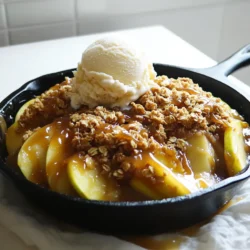 Um einen tollen Karamell-Apfel-Crisp zu machen, brauchen Sie: - 4 mittelgroße Granny Smith Äpfel, geschält, entkernt und in Scheiben geschnitten - 1 Tasse brauner Zucker - 1 Teelöffel gemahlener Zimt - 1/2 Teelöffel Muskatnuss - 1 Esslöffel Zitronensaft - 1 Tasse Haferflocken - 1/2 Tasse Weizenmehl - 1/2 Tasse kalte, ungesalzene Butter, gewürfelt - 1/2 Tasse gehackte Walnüsse oder Pekannüsse (optional) - 1/2 Tasse Karamellsauce (gekauft oder selbstgemacht) - Vanilleeis zum Servieren Diese Zutaten bilden die Grundlage für einen köstlichen und warmen Dessertgenuss. Gewürze sind wichtig für den Geschmack. Zimt und Muskatnuss bringen Wärme und Tiefe. Zimt gibt eine süße Note. Muskatnuss fügt einen feinen, würzigen Geschmack hinzu. Zitronensaft hilft, die Äpfel frisch zu halten und gleicht die Süße aus. Um den Karamell-Apfel-Crisp noch interessanter zu machen, können Sie Nüsse hinzufügen. Gehackte Walnüsse oder Pekannüsse bringen Crunch. Sie sorgen für einen tollen Kontrast zu den weichen Äpfeln. Auch die Karamellsauce ist eine Möglichkeit, um die Süße zu verstärken. Heize deinen Ofen auf 175°C vor. Nimm eine gusseiserne Pfanne und stelle sie in den Ofen. Diese Pfanne wird heiß und sorgt für eine knusprige Kruste. Schäle und entkerne die Äpfel. Schneide sie in dünne Scheiben. In einer großen Schüssel vermengst du die Apfelscheiben mit: - 1 Tasse braunem Zucker - 1 Teelöffel gemahlenem Zimt - 1/2 Teelöffel Muskatnuss - 1 Esslöffel Zitronensaft Rühre alles gut um, damit die Äpfel gleichmäßig bedeckt sind. Nimm eine andere Schüssel und mische: - 1 Tasse Haferflocken - 1/2 Tasse Weizenmehl Füge 1/2 Tasse kalte, gewürfelte Butter hinzu. Verwende deine Finger oder einen Teigmischer, um die Mischung krümelig zu machen. Wenn du magst, rühre 1/2 Tasse gehackte Walnüsse oder Pekannüsse unter. Nimm die heiße Pfanne aus dem Ofen. Verteile die Apfelmischung gleichmäßig auf dem Boden. Streue die Streuselfüllung über die Äpfel. Stelle die Pfanne zurück in den Ofen und backe sie 25-30 Minuten. Die Äpfel sollten sprudelnd sein und die Füllung goldbraun. Fünf Minuten vor dem Servieren, drizzel Karamellsauce über die Füllung. Stelle die Pfanne erneut für fünf Minuten in den Ofen, um die Sauce zu erwärmen. Lass die Pfanne kurz abkühlen, bevor du servierst. Um den perfekten Karamell-Apfel-Crisp zu machen, achte auf die Äpfel. Ich empfehle Granny Smith. Sie sind süß-sauer und geben einen tollen Kontrast. Schneide die Äpfel gleichmäßig. Das hilft beim Garen. Mische die Äpfel gut mit Zucker und Gewürzen. So ziehen die Aromen ein. Die Streuselfüllung ist wichtig. Verwende kalte Butter. Das macht die Füllung knusprig. Mische die Zutaten bis sie krümelig sind. Du kannst auch Nüsse hinzufügen. Walnüsse oder Pekannüsse geben einen schönen Crunch. Ein häufiger Fehler ist, die Äpfel nicht richtig vorzubereiten. Achte darauf, sie gut zu schälen und zu entkernen. Wenn die Mischung zu nass ist, kann das Ergebnis matschig werden. Ein weiteres Problem: Überbacken. Achte auf die Zeit. Die Äpfel sollten sprudelnd und die Füllung goldbraun sein. Lass die Pfanne nach dem Backen kurz abkühlen. Das hilft, die Füllung zu setzen. Du kannst die Süße anpassen. Verwende weniger Zucker, wenn du es weniger süß magst. Probiere auch Honig oder Ahornsirup. Diese Süßstoffe bringen einen anderen Geschmack. Für eine andere Textur kannst du Haferflocken durch Mandeln oder Kokos ersetzen. Das gibt deinem Crisp eine neue Note. Sei kreativ und finde deinen eigenen Stil! {{image_4}} Du kannst andere Früchte verwenden, wenn du Äpfel nicht magst. Birnen sind eine tolle Wahl. Sie haben eine ähnliche Textur und süßen Geschmack. Auch Pfirsiche oder Kirschen passen gut in dieses Rezept. Diese Früchte bringen neue Aromen in dein Gericht. Möchtest du weniger Zucker? Reduziere die Menge an braunem Zucker in der Mischung. Du kannst Honig oder Ahornsirup nutzen. Diese Optionen geben Süße und Geschmack. Wenn du glutenfrei kochen möchtest, ersetze das Weizenmehl durch Mandelmehl oder Hafermehl. Achte darauf, dass die Haferflocken auch glutenfrei sind. So bleibt dein Essen lecker und gesund. Selbstgemachte Karamellsauce schmeckt oft besser als gekaufte. Du brauchst nur Zucker, Butter und Sahne. Schmelze den Zucker, füge Butter hinzu und rühre die Sahne ein. Wenn du wenig Zeit hast, ist gekaufte Sauce praktisch. Sie ist schnell zu verwenden und spart Zeit. Wähle eine gute Marke für besten Geschmack. Bewahre Reste in einem luftdichten Behälter auf. So bleiben die Aromen frisch. Stelle sicher, dass der Karamell-Apfel-Crisp vollständig abgekühlt ist, bevor du ihn einlagerst. Du kannst die Reste bis zu drei Tage im Kühlschrank lagern. Wenn du eine große Menge zubereitet hast, teile sie in kleinere Portionen auf. So bleibt die Qualität besser. Um den besten Geschmack zu erhalten, heize den Karamell-Apfel-Crisp im Ofen auf. Stelle den Ofen auf 175°C (350°F) ein. Decke die Pfanne mit Aluminiumfolie ab. So trocknet er nicht aus. Erwärme ihn 10 bis 15 Minuten, bis er warm ist. Du kannst auch die Mikrowelle nutzen, aber achte darauf, dass er nicht gummiartig wird. Erwärme ihn in kurzen Intervallen. Der Karamell-Apfel-Crisp hält sich im Kühlschrank bis zu drei Tage. Wenn du ihn länger aufbewahren möchtest, friere ihn ein. Stelle sicher, dass du ihn in einem gefrierfesten Behälter lagerst. So bleibt er bis zu drei Monate frisch. Um ihn aufzutauen, lasse ihn über Nacht im Kühlschrank. Erwärme ihn dann wie gewohnt im Ofen. Das Rezept ergibt sechs Portionen. Jede Portion ist perfekt für einen kleinen Dessertgenuss. Wenn du mehr Gäste hast, kannst du die Menge einfach verdoppeln. So hast du genug für alle. Ja, du kannst frische Äpfel verwenden. Granny Smith sind toll, weil sie süß-sauer sind. Du kannst auch andere Sorten wie Fuji oder Honeycrisp nehmen. Deine Wahl beeinflusst den Geschmack. Experimentiere mit verschiedenen Äpfeln für neue Aromen. Du kannst den Karamell-Apfel-Crisp bis zu drei Tage im Kühlschrank aufbewahren. Stelle sicher, dass du ihn in einem luftdichten Behälter lagern. So bleibt er frisch. Wenn du ihn länger aufbewahren möchtest, friere ihn ein. So bleibt er bis zu drei Monate gut. Ja, das Rezept ist anpassbar. Du kannst den Zucker reduzieren oder Honig verwenden. Auch glutenfreies Mehl ist eine Option. Wenn du Nüsse nicht magst, lasse sie einfach weg. So passt das Rezept zu verschiedenen Diäten. Ein Karamell-Apfel-Crisp bringt Freude in jede Küche. Wir haben die Hauptzutaten und ihre Rollen besprochen. Schritt-für-Schritt habe ich erklärt, wie du ihn zubereitest. Tipps helfen dir, perfekt zu backen und häufige Fehler zu vermeiden. Wir haben Alternativen erkundet, um das Rezept anzupassen. Am Ende sind Lagerhinweise wichtig für die Reste. Mit diesen Infos kannst du deinen Karamell-Apfel-Crisp so lecker machen, dass er jeder liebt. Trau dich, neue Ideen auszuprobieren und viel Spaß beim Backen!