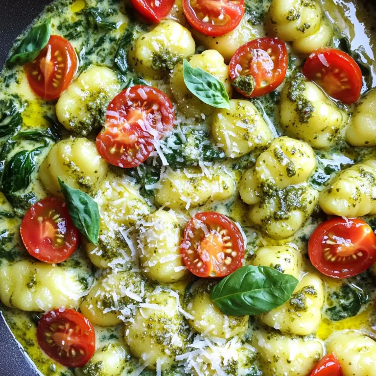 Für dieses leckere Gericht benötigst du folgende Zutaten: - 450 g Kartoffelgnocchi - 240 ml Schlagsahne - 120 ml Pesto (gekauft oder selbstgemacht) - 250 g Kirschtomaten, halbiert - 100 g frischer Spinat, grob gehackt - 50 g geriebener Parmesan - 2 Esslöffel Olivenöl - 2 Knoblauchzehen, gehackt - Salz und Pfeffer nach Geschmack - Frische Basilikumblätter zur Garnierung Diese Zutaten machen das Gericht cremig und voller Geschmack. Die Gnocchi sind weich und perfekt mit dem Pesto kombiniert. Wenn du einige Zutaten nicht hast, gibt es tolle Alternativen. - Statt Schlagsahne kannst du auch Kokosmilch verwenden. - Für das Pesto kannst du eine grüne Sauce aus Cashews machen. - Verwende Zucchini oder Paprika anstelle der Kirschtomaten. - Wenn du keinen Parmesan hast, probiere Hefeflocken oder einen anderen Hartkäse. Diese Alternativen passen gut und geben deinem Gericht einen neuen Twist. Frische Zutaten machen einen großen Unterschied. Achte beim Kauf auf: - Gnocchi: Wähle frische Gnocchi aus dem Kühlregal. - Spinat: Frischer Spinat hat mehr Geschmack als tiefgefrorener. - Kirschtomaten: Suche nach glänzenden, festen Tomaten. - Basilikum: Frische Basilikumblätter geben ein tolles Aroma. Nutze die besten Zutaten und dein Gericht wird noch besser! Du brauchst nur 10 Minuten, um vorzubereiten. Hier sind die Utensilien, die du benötigst: - Ein großer Topf oder eine tiefe Pfanne - Ein Kochlöffel - Ein Schneidebrett - Ein scharfes Messer 1. Erhitze das Olivenöl in deinem großen Topf bei mittlerer Hitze. 2. Füge den gehackten Knoblauch hinzu und brate ihn für etwa 1 Minute. 3. Gib die halbierten Kirschtomaten in den Topf und lasse sie 3-4 Minuten köcheln. 4. Gieße die Schlagsahne in den Topf und rühre gut um, bis die Mischung leicht köchelt. 5. Rühre das Pesto ein und schmecke es mit Salz und Pfeffer ab. 6. Gib die Kartoffelgnocchi dazu und rühre vorsichtig, damit sie die Sauce aufnehmen. 7. Decke den Topf ab und koche die Gnocchi 5-7 Minuten, bis sie an die Oberfläche steigen. Achte darauf, die Gnocchi nicht zu lange zu kochen. Sie sollten weich, aber nicht matschig sein. Wenn du sie in die Sauce gibst, achte darauf, dass sie gleichmäßig umhüllt sind. So bleiben sie zart und geschmackvoll. Einer der häufigsten Fehler ist, die Gnocchi zu lange zu kochen. Sie sollten nur 5-7 Minuten köcheln. Wenn sie zu lange bleiben, werden sie matschig. Ein weiterer Fehler ist, das Pesto zu früh hinzuzufügen. Füge es erst nach der Sahne hinzu. So bleibt der Geschmack frisch. Achte auch darauf, die Hitze nicht zu hoch einzustellen. Zu viel Hitze kann die Sauce trennen. Um dein Pesto aromatischer zu machen, füge frisch geriebenen Parmesan hinzu. Das verstärkt den Geschmack sofort. Ein Spritzer Zitronensaft kann die Aromen aufhellen. Wenn du mehr Frische möchtest, gib ein paar Basilikumblätter direkt in die Sauce. Mische alles gut durch, damit sich die Aromen verbinden. Diese einfachen Tricks machen einen großen Unterschied. Du kannst dieses Rezept anpassen. Wenn du es schärfer magst, füge rote Chiliflocken hinzu. Für einen herzhaften Geschmack probiere geröstete Pinienkerne im Pesto. Für eine cremigere Sauce kannst du mehr Sahne oder Frischkäse verwenden. Wenn du Gemüse magst, füge Zucchini oder Paprika hinzu. Diese Variationen bringen Farbe und Geschmack in dein Gericht. {{image_4}} Du kannst diese Gnocchi ganz leicht vegetarisch oder vegan machen. Nutze einfach pflanzliche Sahne statt Schlagsahne. Viele Marken bieten cremige Alternativen an, die gut schmecken. Ersetze den Parmesan durch einen veganen Käse oder nüsse, um zusätzlichen Geschmack zu erhalten. Frischer Spinat bleibt eine tolle Wahl, da er viele Nährstoffe hat. Um mehr Geschmack hinzuzufügen, probiere andere Gemüsesorten. Rote Paprika oder Brokkoli passen gut zu diesem Gericht. Du kannst auch einige Oliven oder Kapern für einen salzigen Kick hinzufügen. Wenn du es würziger magst, füge eine Prise Chili oder rote Pfefferflocken hinzu. Diese kleinen Änderungen machen den Unterschied. Gnocchi sind sehr vielseitig. Du kannst verschiedene Saucen ausprobieren, um Abwechslung zu bringen. Eine Tomatensauce ist eine gute Wahl, wenn du eine fruchtige Note möchtest. Auch eine einfache Knoblauch-Öl-Sauce passt gut. Wenn du es cremig magst, mische einfach etwas Frischkäse oder Ricotta in die Sauce. Jede Sauce bringt ihren eigenen Charme in die Gnocchi. Um dein One-Pot cremiges Pesto Gnocchi frisch zu halten, lass das Gericht zuerst abkühlen. Gebe es dann in einen luftdichten Behälter. Du kannst es bis zu drei Tage im Kühlschrank lagern. Achte darauf, etwas Platz im Behälter zu lassen, damit die Gnocchi nicht zerdrückt werden. Wenn du die Reste aufwärmen möchtest, gebe sie in eine Pfanne. Füge einen Schuss Wasser oder Brühe hinzu. Das hilft, die Gnocchi nicht auszutrocknen. Erhitze sie bei niedriger Hitze und rühre regelmäßig um. So bleibt die Sauce cremig und lecker. Für die Langzeitlagerung kannst du die Gnocchi einfrieren. Lege sie in einen gefrierfesten Behälter, getrennt durch Schichten von Wachspapier. So kleben sie nicht zusammen. Du kannst sie bis zu drei Monate einfrieren. Zum Aufwärmen lasse sie über Nacht im Kühlschrank auftauen und erwärme sie dann wie oben beschrieben. Ja, du kannst frische Gnocchi verwenden. Sie kochen schneller und haben eine tolle Textur. Achte darauf, die Kochzeit zu reduzieren. Frische Gnocchi brauchen nur 2 bis 4 Minuten im Wasser. Sie sind eine großartige Wahl für ein schnelles Gericht. Du kannst das Gericht bis zu drei Tage im Kühlschrank aufbewahren. Lagere es in einem luftdichten Behälter. Wenn du es aufwärmst, füge etwas Milch oder Sahne hinzu. So bleibt die Sauce cremig und lecker. Wenn du kein Pesto hast, kannst du auch Basilikum oder Spinat mit etwas Olivenöl und Nüssen mischen. Diese Mischung gibt dir einen ähnlichen Geschmack. Auch fertige Saucen wie Alfredo oder Tomatensauce sind gute Alternativen. Sei kreativ! In diesem Artikel haben wir die Hauptzutaten für cremige Pesto-Gnocchi besprochen. Du hast Schritte für die Zubereitung gelernt und Tipps erhalten, um Fehler zu vermeiden. Variationen für verschiedene Geschmäcker haben wir ebenfalls durchgesprochen. Denke daran, frische Zutaten zu nutzen, um den besten Geschmack zu erzielen. Mit diesen Informationen kannst du ein köstliches Gericht zaubern, das einfach zu lagern und wieder aufzuwärmen ist. Probiere es aus und genieße dein Essen!