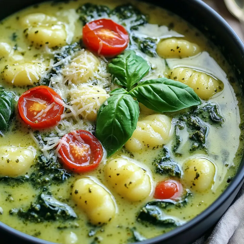 Für die cremige Pesto-Gnocchi-Suppe brauchst du: - 1 Esslöffel Olivenöl - 1 mittelgroße Zwiebel, gewürfelt - 3 Knoblauchzehen, fein gehackt - 4 Tassen Gemüsebrühe - 2 Tassen Baby-Spinat - 1 Tasse Cherrytomaten, halbiert - 1 Packung (16 oz) Gnocchi (frisch oder haltbar) - 1 Tasse Sahne oder Kokosmilch - ⅓ Tasse Basilikumpesto - Salz und Pfeffer nach Geschmack - Geriebener Parmesan, optional - Frische Basilikumblätter, zur Garnitur Diese Zutaten sind einfach zu finden und machen die Suppe lecker. Wähle frische Zutaten für den besten Geschmack. Achte auf: - Zwiebeln: Sie sollten fest und ohne Druckstellen sein. - Knoblauch: Frisch, fest und ohne grüne Keime. - Gemüsebrühe: Verwende eine gute Qualität für mehr Geschmack. - Gnocchi: Frische Gnocchi sind zarter. Frische Zutaten bringen den besten Geschmack in deine Suppe. Du kannst die Suppe ganz nach deinem Geschmack anpassen. Hier sind einige Ideen: - Sahne: Verwende Kokosmilch für eine vegane Option. - Gemüse: Füge Zucchini oder Karotten hinzu. - Pesto: Nutze Rucola-Pesto für einen anderen Geschmack. - Gewürze: Füge rote Paprika für mehr Würze hinzu. Diese Alternativen machen die Suppe noch vielseitiger und leckerer. Um die cremige Pesto-Gnocchi-Suppe zu machen, benötigst du einige grundlegende Schritte: 1. Zwiebel und Knoblauch vorbereiten. 2. Gemüsebrühe abmessen. 3. Gnocchi bereitstellen. 4. Spinat und Cherrytomaten waschen. Diese Vorbereitungen helfen dir, alles schnell zu kochen. Halte alle Zutaten bereit, bevor du anfängst. Hier ist, wie du die Suppe Schritt für Schritt zubereitest: 1. Erhitze 1 Esslöffel Olivenöl in einem großen Topf. 2. Füge die gewürfelte Zwiebel hinzu und brate sie 5 Minuten lang. 3. Rühre den fein gehackten Knoblauch ein. Brate ihn 1 Minute weiter. 4. Gieße 4 Tassen Gemüsebrühe in den Topf. Lass die Mischung sanft köcheln. 5. Gib die Gnocchi in den Topf und koche sie 3 bis 5 Minuten lang. 6. Füge 2 Tassen Baby-Spinat und 1 Tasse halbierte Cherrytomaten hinzu. Lass den Spinat 2 Minuten welken. 7. Reduziere die Hitze und rühre 1 Tasse Sahne und ⅓ Tasse Basilikumpesto ein. 8. Schmecke die Suppe mit Salz und Pfeffer ab. Das ist alles! Du hast jetzt eine leckere Suppe. Um die Gnocchi perfekt zu kochen, beachte diese Tipps: - Koche die Gnocchi nur, bis sie an die Oberfläche steigen. - Rühre sie sanft um, damit sie nicht kleben bleiben. - Verwende frische Gnocchi für die beste Textur. Mit diesen Techniken stellst du sicher, dass die Gnocchi weich und lecker sind. Um die Suppe schön cremig zu machen, benutze Sahne oder Kokosmilch. Beide geben der Suppe eine samtige Textur. Wenn du eine leichtere Version möchtest, wähle die Kokosmilch. Sie schmeckt auch toll! Achte darauf, die Sahne oder Kokosmilch erst am Ende hinzuzufügen. So bleibt die Suppe frisch und lecker. Du kannst die Gewürze nach deinem Geschmack anpassen. Füge etwas mehr Salz oder Pfeffer hinzu, wenn du es würziger magst. Für eine besondere Note sind getrocknete Kräuter wie Oregano oder Thymian großartig. Wenn du es scharf magst, probiere eine Prise Chili-Flocken. Sie geben der Suppe einen tollen Kick. Ein häufiger Fehler ist, die Gnocchi zu lange zu kochen. Sie sollten nur 3 bis 5 Minuten kochen, bis sie zart sind. Achte darauf, die Hitze nach dem Hinzufügen der Sahne zu reduzieren. So vermeidest du, dass die Suppe anbrennt oder die Konsistenz sich ändert. Wenn die Suppe zu dick wird, füge einfach mehr Gemüsebrühe hinzu, um sie zu lockern. {{image_4}} Die cremige Pesto-Gnocchi-Suppe ist von Natur aus einfach anzupassen. Um eine vegetarische Version zu machen, verwende einfach die Sahne. Für eine vegane Variante ersetze die Sahne durch Kokosmilch. Diese Option gibt der Suppe eine tolle, exotische Note. Viele vegane Pestos sind auch erhältlich. Achte darauf, ein pflanzliches Pesto zu wählen, wenn du die vegane Version machst. Du kannst die Gemüsesorten in der Suppe leicht ändern. Zum Beispiel passen Zucchini, Karotten oder Erbsen gut. Diese Gemüse bringen Farbe und zusätzliche Nährstoffe. Wenn du mehr Protein willst, füge Kichererbsen oder Linsen hinzu. Diese Zutaten machen die Suppe sättigender und nahrhafter. Probiere auch, das Gemüse nach der Saison zu wählen. So bleiben die Aromen frisch und lecker. Wenn du es scharf magst, füge etwas rote Paprika oder Cayennepfeffer hinzu. Diese Gewürze geben der Suppe einen tollen Kick. Du kannst auch frischen Chili verwenden, um die Schärfe anzupassen. Für einen besonderen Geschmack kannst du auch ein wenig scharfen Senf einrühren. Achte darauf, die Gewürze langsam hinzuzufügen, damit du die Schärfe kontrollieren kannst. Um die Gnocchi-Suppe frisch zu halten, bewahre sie in einem luftdichten Behälter auf. Lass die Suppe zuerst abkühlen, bevor du sie in den Kühlschrank stellst. So vermeidest du Kondenswasser. Du kannst die Suppe auch portionsweise aufbewahren, was das Aufwärmen einfacher macht. Wenn du die Suppe aufwärmen möchtest, verwende einen Topf oder die Mikrowelle. Wenn du einen Topf nutzt, erhitze die Suppe bei niedriger Hitze. Rühre häufig, damit sie gleichmäßig warm wird. Falls die Suppe zu dick ist, füge etwas Brühe oder Wasser hinzu. In der Mikrowelle erhitze die Suppe in kurzen Intervallen. Rühre nach jedem Intervall um, damit sie nicht überhitzt. Die Gnocchi-Suppe hält sich im Kühlschrank etwa 3 bis 4 Tage. Wenn du die Suppe länger aufbewahren möchtest, kannst du sie einfrieren. Fülle sie in gefriergeeignete Behälter und lasse etwas Platz für die Ausdehnung. So bleibt die Suppe bis zu 3 Monate frisch. Zum Auftauen stelle die gefrorene Suppe über Nacht in den Kühlschrank oder erwärme sie direkt im Topf. Du kannst die Suppe bis zu drei Tage im Kühlschrank aufbewahren. Stelle sicher, dass sie in einem luftdichten Behälter ist. Vor dem Servieren erwärmst du sie einfach auf dem Herd oder in der Mikrowelle. Achte darauf, die Suppe gut umzurühren, damit sie gleichmäßig heiß wird. Ja, du kannst gefrorene Gnocchi verwenden! Füge sie einfach direkt in die Suppe, ohne sie vorher aufzutauen. Die Kochzeit kann sich leicht verlängern. Folge den Anweisungen auf der Verpackung, um sicherzustellen, dass sie perfekt weich werden. Zu dieser leckeren Suppe passen viele Beilagen. Ein frischer, grüner Salat ist eine tolle Wahl. Auch knuspriges Brot oder Baguette ergänzen die Suppe gut. Wenn du etwas mehr Geschmack möchtest, serviere die Suppe mit geriebenem Parmesan oder frischen Basilikumblättern. Zusammengefasst, wir haben die wichtigsten Zutaten und Tipps für die perfekte Gnocchisuppe besprochen. Ich habe Ihnen gezeigt, wie Sie die besten Zutaten auswählen und welche Alternativen Sie nutzen können. Die Schritt-für-Schritt-Anleitung hilft Ihnen beim Kochen und garantiert einen tollen Geschmack. Nutzen Sie die Tipps und Variationen, um die Suppe nach Ihrem Geschmack zu gestalten. Lagern Sie Reste richtig, um die Haltbarkeit zu maximieren. Mit diesen Infos gelingt Ihnen die Gnocchisuppe mühelos und macht Freude!