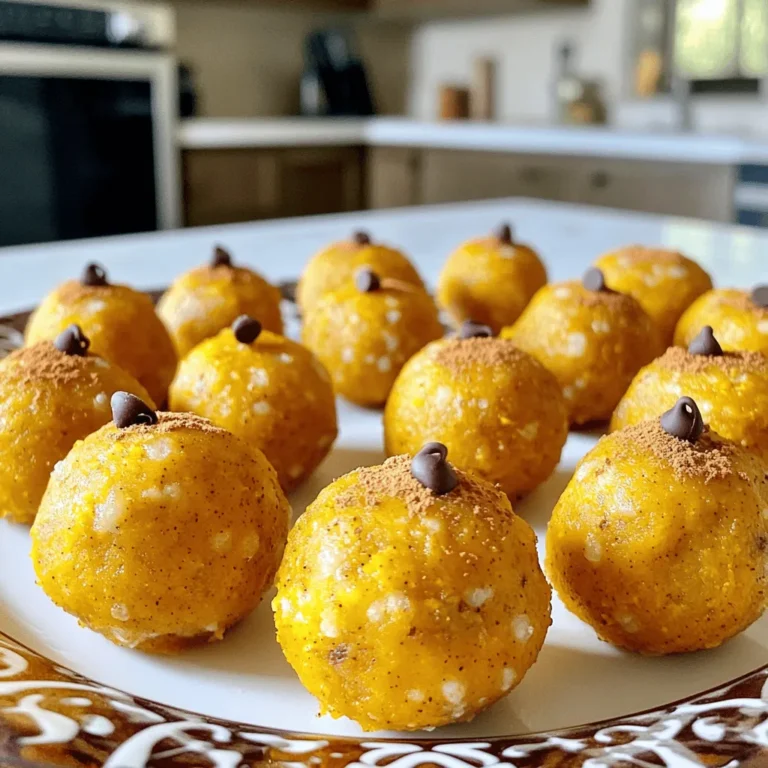 - 1 Tasse Haferflocken - 1/2 Tasse Mandelbutter oder Erdnussbutter - 1/2 Tasse Kürbispüree Die Basis dieser leckeren Bällchen sind Haferflocken. Sie geben den Bällchen eine tolle Textur. Mandelbutter oder Erdnussbutter sorgt für einen reichhaltigen Geschmack und gesunde Fette. Kürbispüree bringt die saisonale Frische und einen schönen Farbton. - 1/4 Tasse Honig oder Ahornsirup - 1 Teelöffel Kürbiskraut - 1/2 Teelöffel Vanilleextrakt Für die Süße verwenden Sie Honig oder Ahornsirup. Beide sind natürliche Süßungsmittel. Kürbiskraut bringt den typischen Herbstgeschmack. Vanilleextrakt fügt eine angenehme Note hinzu, die alles abrundet. - 1/4 Tasse Leinsamenmehl - 1/4 Tasse Mini-Schokoladenstückchen (optional) - Eine Prise Salz Leinsamenmehl hat viele Nährstoffe und hilft, die Bällchen zusammenzuhalten. Mini-Schokoladenstückchen sind optional, aber sie machen die Bällchen noch köstlicher. Eine Prise Salz hebt die Aromen hervor und sorgt für einen tollen Geschmack. - Nehmen Sie eine mittelgroße Schüssel. - Geben Sie die Haferflocken, Mandelbutter, Kürbispüree, Honig, Kürbiskraut und Vanilleextrakt hinein. - Vermengen Sie alle Zutaten gründlich. Rühren Sie, bis eine gleichmäßige, klebrige Masse entsteht. Dies ist der Schlüssel zu gutem Geschmack und Textur. - Fügen Sie das Leinsamenmehl und die Mini-Schokoladenstückchen hinzu, wenn Sie möchten. - Rühren Sie alles gut um, damit sich die Zutaten gleichmäßig verteilen. - Verwenden Sie Ihre Hände, um kleine Bällchen zu formen. Jedes Bällchen sollte etwa 2,5 cm im Durchmesser sein. - Legen Sie die geformten Bällchen auf ein Tablett oder einen Teller mit Backpapier. - Stellen Sie das Tablett in den Kühlschrank. Lassen Sie die Bällchen mindestens 30 Minuten ruhen. Dies hilft ihnen, fester zu werden. - Nach der Kühlzeit können Sie die Bällchen in einen luftdichten Behälter geben. - Arrangieren Sie die Bällchen auf einem dekorativen Teller. Streuen Sie etwas Kürbiskraut darüber für eine festliche Note. - Fügen Sie auf jedem Bällchen ein paar Schokoladenstückchen hinzu. So sehen sie noch leckerer aus! Um die perfekte Konsistenz zu erreichen, ist es wichtig, alle Zutaten gut zu vermengen. Achten Sie darauf, dass die Mischung gleichmäßig und klebrig ist. Wenn sie zu trocken ist, fügen Sie etwas mehr Kürbispüree oder Mandelbutter hinzu. Wenn die Mischung zu feucht ist, geben Sie mehr Haferflocken oder Leinsamenmehl dazu. Um glatte Bällchen zu formen, befeuchten Sie Ihre Hände leicht mit Wasser. Dadurch kleben die Zutaten nicht an Ihren Händen. Rollen Sie die Mischung zwischen Ihren Handflächen, um runde Bällchen zu formen, die etwa 2,5 cm groß sind. Sie können die Mandelbutter leicht durch Erdnussbutter ersetzen, wenn Sie möchten. Auch Sonnenblumenbutter ist eine tolle Option. Diese Alternativen geben den Bällchen einen anderen Geschmack und sind nussfrei. Wenn Sie die Gewürze anpassen möchten, probieren Sie Zimt oder Muskatnuss. Diese Gewürze passen gut zum Kürbis und bringen neue Aromen in die Bällchen. Ein einfacher Weg, den Geschmack zu verbessern, ist das Hinzufügen von Trockenfrüchten. Getrocknete Cranberries oder Rosinen geben eine süße Note und eine angenehme Textur. Variationen mit Nüssen oder Samen sind ebenfalls eine tolle Idee. Mandeln, Walnüsse oder sogar Sonnenblumenkerne fügen Crunch hinzu und erhöhen den Nährwert. Experimentieren Sie mit verschiedenen Zutaten, um Ihre perfekte Mischung zu finden! {{image_4}} Für eine vegane Option, benutze Agavendicksaft statt Honig. Agavendicksaft ist süß und pflanzlich. Diese Anpassung macht das Rezept für vegane Diäten geeignet. Du kannst also jeden Biss genießen, ohne tierische Produkte zu verwenden. Möchtest du mehr Protein? Füge einfach einen Löffel Proteinpulver zu der Mischung hinzu. Das erhöht den Nährwert. Du kannst auch Hülsenfrüchte wie Kichererbsen oder schwarze Bohnen verwenden. Diese Zutaten bringen zusätzliche Ballaststoffe und Proteine in die Bällchen. Wenn du verschiedene Geschmäcker ausprobieren willst, mache Zimt-Schokoladen-Bällchen. Ersetze einfach das Kürbispüree durch Schokoladenstückchen und Zimt. Eine andere Idee sind Kokosnuss-Kürbis-Bällchen. Füge Kokosraspeln hinzu, um ein tropisches Flair zu bekommen. Diese Variationen machen die Snacks noch spannender. Um die frischen Energie-Bällchen richtig zu lagern, nutze luftdichte Behälter. Diese Behälter halten die Bällchen frisch und verhindern, dass sie austrocknen. Du kannst sie auch in einem Gefrierbeutel aufbewahren, wenn du Platz sparen möchtest. Für eine längere Haltbarkeit friere die Bällchen einfach ein. Sie bleiben so bis zu drei Monate haltbar. Im Kühlschrank halten die Bällchen etwa eine Woche. Achte darauf, dass sie gut verpackt sind. Wenn du sie im Gefrierfach hast, können sie bis zu drei Monate halten. Ein Zeichen für Verderb ist ein unangenehmer Geruch oder eine veränderte Textur. Wenn die Bällchen schimmelig sind oder komisch aussehen, wirf sie weg. Wenn du Reste hast, sei kreativ! Du kannst die Bällchen in Joghurt oder Haferflocken geben. Das macht dein Frühstück leckerer. Auch als Snack für unterwegs sind sie ideal. Packe sie in einen kleinen Behälter für einen schnellen Energieschub. Die Bällchen halten im Kühlschrank etwa eine Woche. Bewahre sie in einem luftdichten Behälter auf. So bleiben sie frisch und lecker. Wenn du sie länger aufbewahren möchtest, kannst du sie einfrieren. Sie halten im Gefrierfach bis zu drei Monate. Stelle sicher, dass du sie gut verpackst, um Gefrierbrand zu vermeiden. Ja, du kannst die Schokoladenstückchen weglassen. Stattdessen kannst du Trockenfrüchte wie Cranberries oder Rosinen hinzufügen. Das gibt den Bällchen eine süße Note. Du kannst auch Nüsse oder Samen verwenden, um den Crunch zu erhöhen. Experimentiere und finde deinen perfekten Geschmack! Ja, die Bällchen können glutenfrei sein. Überprüfe, dass die Haferflocken glutenfrei sind. Viele Marken bieten solche Haferflocken an. Achte auch auf die anderen Zutaten. Mandelbutter und Kürbispüree sind meist glutenfrei. Verwende für die besten Ergebnisse Produkte, die als glutenfrei gekennzeichnet sind. Diese Anleitung zeigt, wie man leckere Energie-Bällchen macht. Wir haben die Hauptzutaten wie Haferflocken, Mandelbutter und Kürbispüree besprochen. Die Step-by-Step-Anleitung hilft dir, die Bällchen einfach zuzubereiten und zu kühlen. Die Tipps helfen, die Konsistenz und den Geschmack zu verbessern. Denk an Variationen für besondere Vorlieben. Mit den richtigen Lagerungsmethoden bleiben die Bällchen frisch. Probiere sie aus und genieße gesunde Snacks zuhause!