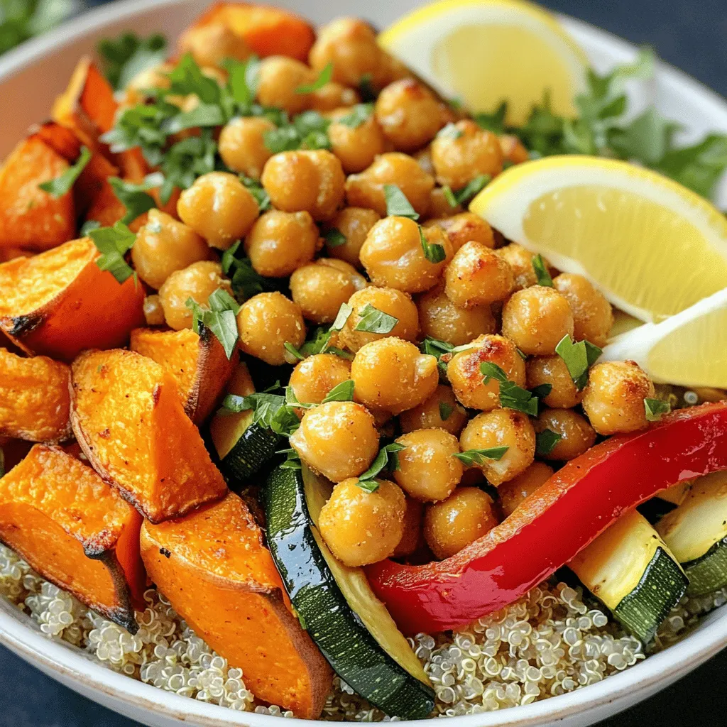 - 1 Dose (425 g) Kichererbsen, abgetropft und gespült - 1 mittlere Süßkartoffel, geschält und gewürfelt - 1 rote Paprika, grob gehackt - 1 Zucchini, in Scheiben geschnitten - 1 rote Zwiebel, in Ringe geschnitten - 2 Esslöffel Olivenöl - 1 Teelöffel geräuchertes Paprikapulver - 1 Teelöffel gemahlener Kreuzkümmel - 1 Teelöffel Knoblauchpulver - Salz und Pfeffer nach Geschmack Die Kichererbsen sind eine tolle Quelle für pflanzliches Eiweiß. Sie machen die Bowls nahrhaft und sättigend. Süßkartoffeln bringen eine natürliche Süße und viel Farbe. Paprika und Zucchini fügen knackige Textur hinzu. Die rote Zwiebel gibt einen schönen Geschmack. Du kannst die Gewürze nach Belieben anpassen. Ich empfehle, geräuchertes Paprikapulver für ein rauchiges Aroma zu verwenden. Kreuzkümmel und Knoblauchpulver runden den Geschmack ab. Salz und Pfeffer sind wichtig für die perfekte Würze. - 2 Tassen gekochter Quinoa oder Vollkornreis - Frische Petersilie, gehackt (zum Garnieren) - Zitronenschnitze (zum Servieren) Quinoa oder Vollkornreis dienen als Basis für die Bowls. Sie sind gesund und machen die Mahlzeit sättigend. Frische Petersilie bringt Farbe und Frische. Zitronenschnitze sind ein toller Akzent. Der saure Geschmack hebt die Aromen hervor und macht das Gericht lebendig. Mit diesen Zutaten bist du bereit, ein einfaches und schmackhaftes Gericht zuzubereiten. Es ist gesund, bunt und schnell gemacht. Heizen Sie Ihren Ofen auf 220°C vor. Das ist wichtig für die Röstaromen. Während der Ofen aufheizt, schneiden Sie die Zutaten. Nehmen Sie die Süßkartoffel, schälen und würfeln Sie sie. Hacken Sie die rote Paprika grob. Schneiden Sie die Zucchini in Scheiben. Schließlich schneiden Sie die rote Zwiebel in Ringe. Vergessen Sie nicht, die Kichererbsen gut abzutropfen und zu spülen. So entfernen Sie die zusätzlichen Konservierungsstoffe. Gießen Sie das Olivenöl über das geschnittene Gemüse und die Kichererbsen. Fügen Sie dann die Gewürze hinzu: geräuchertes Paprikapulver, Kreuzkümmel und Knoblauchpulver. Streuen Sie Salz und Pfeffer nach Geschmack darüber. Mischen Sie alles gut, sodass die Kichererbsen und das Gemüse gleichmäßig gewürzt sind. Dies sorgt für einen tollen Geschmack. Breiten Sie die Mischung gleichmäßig auf einem großen Blech aus. Achten Sie darauf, dass die Zutaten nicht übereinander liegen. Rösten Sie alles im vorgeheizten Ofen für 25 bis 30 Minuten. Rühren Sie die Mischung nach der Hälfte der Zeit um. So werden die Süßkartoffeln zart und leicht karamellisiert. Nach dem Rösten nehmen Sie das Blech aus dem Ofen und lassen alles etwas abkühlen. - Richtiges Timing beim Wenden: Achte darauf, das Gemüse nach der Hälfte der Röstzeit umzurühren. Das sorgt dafür, dass alles gleichmäßig röstet. So werden die Kichererbsen und die Süßkartoffeln schön knusprig. Wenn du das Gemüse nicht wendest, kann es an einer Seite anbrennen. - Grad der Bräunung erkennen: Du erkennst die perfekte Röstung, wenn das Gemüse goldbraun ist. Die Kanten sollten leicht karamellisiert sein. So bekommst du den vollen Geschmack und eine tolle Textur. - Vegetarische/Vegane Alternativen: Du kannst dieses Rezept leicht anpassen. Wenn du eine vegane Option suchst, lasse alle tierischen Produkte weg. Das Gericht bleibt lecker und nahrhaft, wenn du einfach mehr Gemüse hinzufügst. - Gewürzvariationen: Probiere verschiedene Gewürze aus, um neue Geschmäcker zu entdecken. Du kannst Kurkuma für mehr Farbe oder Chili für Schärfe verwenden. Diese kleinen Änderungen machen das Gericht spannend und individuell. {{image_4}} Du kannst viele weitere Gemüsesorten zu deinen Kichererbsen-Gemüse-Bowls hinzufügen. Gemüse wie Brokkoli, Karotten oder Spinat sind großartige Optionen. Diese Gemüsesorten bringen neue Farben und Texturen. Wenn du mehr Proteine integrieren möchtest, probiere Tofu oder Tempeh. Diese Zutaten sind eine gute Ergänzung und machen das Gericht nahrhafter. Du kannst sie einfach mit den Kichererbsen zusammen rösten. Verschiedene Saucen und Dressings können den Geschmack deiner Bowls verändern. Ein einfaches Zitronen-Olivenöl-Dressing bringt Frische. Wenn du es cremiger magst, versuche Joghurt oder Tahini. Diese Dressings passen gut zu den Gewürzen der Kichererbsen. Für mehr Schärfe kannst du Sriracha oder scharfen Senf hinzufügen. Experimentiere mit verschiedenen Kombinationen, um deinen perfekten Geschmack zu finden. Um die Reste Ihrer Kichererbsen-Gemüse-Bowls frisch zu halten, gibt es einfache Möglichkeiten. Bewahren Sie die Bowls in einem luftdichten Behälter im Kühlschrank auf. So bleiben die Aromen lebendig. Sie können die Reste auch einfrieren. Teilen Sie die Bowls in Portionen auf und legen Sie sie in gefriergeeignete Beutel. Vergessen Sie nicht, das Datum auf den Beuteln zu notieren. Im Kühlschrank sind die Kichererbsen-Gemüse-Bowls etwa 3 bis 5 Tage haltbar. Achten Sie darauf, die Reste gut zu kühlen, um die Frische zu gewährleisten. Beim Einfrieren können die Bowls bis zu 3 Monate haltbar sein. Denken Sie daran, sie vor dem Verzehr vollständig aufzutauen. So bleibt der Geschmack und die Textur optimal. Dieses Rezept ergibt vier Portionen. Jede Portion ist gut gefüllt mit Kichererbsen und Gemüse. Ich empfehle, die Schüsseln gleich zu servieren. So bleibt das Gemüse warm und lecker. Das ist perfekt für ein schnelles Mittagessen oder ein leichtes Abendessen. Ja, du kannst diese Bowls im Voraus zubereiten. Es ist ein tolles Meal Prep Rezept. Bereite das Gemüse und die Kichererbsen vor und röste sie. Du kannst sie in einem luftdichten Behälter im Kühlschrank aufbewahren. So sparst du Zeit während der Woche. Erhitze einfach die Mischung vor dem Servieren. Du kannst auch Vollkornreis verwenden. Er fügt eine andere Textur hinzu und ist sehr nahrhaft. Andere Optionen sind Couscous oder sogar Bulgur. Diese Alternativen haben einen ähnlichen Geschmack und sind einfach zuzubereiten. Wähle die, die dir am besten gefällt! Diese Anleitung zu Kichererbsen und Gemüse zeigt dir, wie einfach gesunde Mahlzeiten sind. Du hast gelernt, welche Zutaten du brauchst, von Kichererbsen bis zu frisch geschnittenem Gemüse. Wir haben über das Rösten im Ofen gesprochen und nützliche Tipps gegeben. Anpassungen des Rezepts helfen dir, es ganz nach deinem Geschmack zu machen. Denke auch an Lagerung und Haltbarkeit. Mit diesem Wissen kannst du leckere Gerichte kreieren, die gut schmecken und gesund sind. Viel Spaß beim Ausprobieren und Genießen deiner eigenen Kreationen!