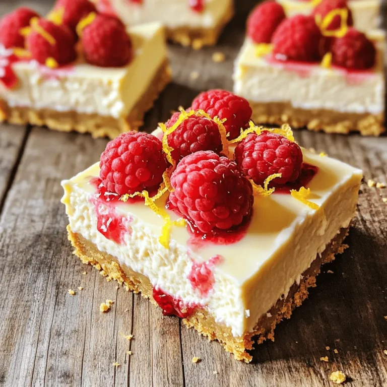 - 250 g Graham-Cracker-Brösel - 1 Packung Frischkäse (225 g) - 60 g Schmand - Schale und Saft von 1 großen Zitrone - 2 große Eier - 150 g frische Himbeeren Die Hauptzutaten machen den Käsekuchen lecker und cremig. Die Graham-Cracker-Brösel geben der Kruste einen knackigen Biss. Frischkäse und Schmand sorgen für die perfekte, glatte Füllung. Die Zitronenschale und der Zitronensaft bringen frische und Säure. Eier helfen, die Füllung zu binden. Frische Himbeeren bringen einen fruchtigen Geschmack und eine schöne Farbe. - 50 g Zucker für die Kruste - 100 g Zucker für die Füllung Zucker ist wichtig für den Geschmack. Er macht die Kruste süß und die Füllung cremig. Für eine gesündere Option können Sie alternative Süßstoffe verwenden. Diese können den gleichen süßen Geschmack bieten, ohne viel Zucker. - Frische Himbeeren zur Garnierung - Zitronenschale zur Dekoration - Backform (20x20 cm) - Handmixer für die Füllung - Backpapier für einfaches Herausnehmen Zusätzliches Zubehör macht das Kochen einfacher und schöner. Frische Himbeeren und Zitronenschale sind tolle Toppings. Sie sehen gut aus und bringen mehr Geschmack. Eine Backform und Backpapier helfen beim Backen und Herausnehmen der Riegel. Ein Handmixer macht das Mischen der Füllung schnell und einfach. Heize deinen Ofen auf 175°C vor. Nimm eine 20x20 cm Backform und lege sie mit Backpapier aus. Lass das Papier an den Seiten überstehen. Das erleichtert das Herausnehmen später. Stelle alle Zutaten bereit, damit du sie schnell verwenden kannst. In einer mittelgroßen Schüssel vermenge 250 g Graham-Cracker-Brösel, 50 g Zucker und 125 g geschmolzene Butter. Rühre, bis die Mischung wie feuchter Sand aussieht. Drücke die Mischung gleichmäßig in den Boden der Backform. Backe die Kruste 8 Minuten lang und lass sie danach leicht abkühlen. Nimm eine große Schüssel und gebe 225 g weichen Frischkäse und 100 g Zucker hinein. Schlage die Mischung mit einem Handmixer cremig und glatt. Füge 60 g Schmand, die Schale und den Saft von 1 großen Zitrone hinzu. Mische alles gut, bis keine Klumpen mehr vorhanden sind. Gib dann 2 große Eier einzeln dazu und rühre, bis sie gut eingearbeitet sind. Achte darauf, nicht zu lange zu mixen. Heben vorsichtig 150 g frische Himbeeren unter, ohne sie zu zerdrücken. Gieße die Käsekuchenmasse über die abgekühlte Kruste. Verteile sie gleichmäßig mit einem Spatel. Backe die Riegel 25-30 Minuten lang. Die Mitte sollte fest, aber leicht wackelig sein. Die Ränder sollten goldbraun sein. Lass die Form nach dem Backen auf Raumtemperatur abkühlen. Stelle sie dann für mindestens 4 Stunden in den Kühlschrank. So wird der Käsekuchen fest. Nach der Kühlung hebe die Riegel mithilfe des Backpapiers heraus. Schneide sie in 16 gleichmäßige Stücke. Um die Qualität der Zutaten zu verbessern, wählen Sie frische Himbeeren. Achten Sie auch darauf, dass der Frischkäse weich und bei Raumtemperatur ist. Dies hilft, die Mischung cremig zu machen. Wenn Sie die Eier hinzufügen, tun Sie dies einzeln. Rühren Sie nur kurz, bis sie gut vermischt sind. So vermeiden Sie Luftblasen in der Füllung. Zu viel Luft macht die Riegel weniger fest. Für die Präsentation legen Sie die Riegel auf einen eleganten Teller. Garnieren Sie sie mit frischen Himbeeren. Ein Hauch von Zitronenschale macht das Ganze noch schöner. Diese Riegel passen gut zu einem Glas Limonade oder einem leichten Weißwein. Der frische Geschmack der Zitrone harmoniert perfekt mit den Himbeeren. Beim Backen ist es wichtig, die Temperatur genau zu beachten. Überprüfen Sie die Riegel nach 25 Minuten. Die Mitte sollte fest, aber leicht wackelig sein. Ein häufiger Fehler ist, die Riegel zu lange zu backen. Wenn die Ränder goldbraun sind, sind die Riegel oft perfekt. Lassen Sie sie nach dem Backen gut abkühlen. Dies hilft, die richtige Konsistenz zu erreichen. {{image_4}} Du kannst den Geschmack deiner Käsekuchen-Riegel leicht ändern. Probiere andere Früchte wie Erdbeeren oder Blaubeeren aus. Diese Optionen bringen neue Farben und Aromen. Wenn du Schokolade magst, füge etwas geschmolzene Schokolade hinzu. Nüsse sind auch eine tolle Wahl. Mandeln oder Walnüsse geben einen schönen Crunch. Für eine glutenfreie Variante nutze glutenfreie Graham-Cracker. Diese sind in vielen Läden erhältlich. Du kannst auch Mandeln oder Haferflocken verwenden, um die Kruste zu machen. Achte darauf, dass die Haferflocken auch glutenfrei sind. Das sorgt für einen tollen Geschmack ohne Gluten. Möchtest du eine vegane Variante? Ersetze die Eier durch Apfelmus oder Leinsamen. Für die Milchprodukte kannst du pflanzlichen Frischkäse nehmen. Auch Kokosnusscreme ist eine gute Alternative. Diese Anpassungen machen die Riegel lecker und pflanzlich. Kühlen Sie Ihre Lemon Raspberry Cheesecake Bars im Kühlschrank. Sie bleiben frisch und lecker. Wenn Sie sie länger aufbewahren möchten, frieren Sie die Riegel ein. Das Gefrierfach hält sie bis zu drei Monate. Achten Sie darauf, sie gut zu verpacken. Im Kühlschrank sind die Riegel bis zu einer Woche haltbar. Prüfen Sie regelmäßig, ob sie noch frisch riechen und gut aussehen. Wenn Sie die Riegel einfrieren, lassen Sie sie vor dem Verzehr einfach im Kühlschrank auftauen. Vermeiden Sie es, sie bei Raumtemperatur aufzutauen, da sie weich werden können. Verpacken Sie die Riegel in einen luftdichten Behälter. Sie können auch Frischhaltefolie verwenden, um sie einzuwickeln. So bleibt die Feuchtigkeit erhalten. Achten Sie darauf, die Riegel nicht übereinander zu stapeln. Das verhindert, dass sie zerdrücken. Die Riegel halten sich bis zu fünf Tage im Kühlschrank. Lagern Sie sie in einem luftdichten Behälter. So bleibt die Frische erhalten. Sie können auch die Riegel einfrieren. Im Gefrierfach halten sie bis zu drei Monate. Achten Sie darauf, sie gut zu verpacken, damit sie nicht austrocknen. Ja, Sie können andere Früchte verwenden. Erdbeeren, Blaubeeren oder Pfirsiche passen gut. Schneiden Sie sie in kleine Stücke, um die Mischung gleichmäßig zu halten. Diese Variationen bringen neue Geschmäcker in Ihre Riegel. Experimentieren Sie mit verschiedenen Fruchtkombinationen, um Ihren Favoriten zu finden. Servieren Sie die Riegel auf einem schönen Teller. Garnieren Sie sie mit frischen Himbeeren und einem Hauch Zitronenschale. Für eine besondere Note können Sie auch etwas Puderzucker darüber streuen. Schneiden Sie die Riegel in gleichmäßige Portionen. So sieht alles schön und einladend aus. Ja, Sie können die Riegel im Voraus machen. Bereiten Sie sie bis zu zwei Tage vor Ihrem Event zu. Lagern Sie die Riegel im Kühlschrank, bis Sie bereit sind, sie zu servieren. Sie sind perfekt für Feiern oder als süßer Snack zwischendurch. So sparen Sie Zeit und können sich auf die Gäste konzentrieren. Zusammengefasst, die besten Käsekuchen-Riegel verwenden frische Zutaten und einfache Schritte. Denke an die Hauptzutaten wie Frischkäse und Zitronensaft. Achte auf die richtigen Hilfsmittel und die Lagerung. Du kannst den Geschmack anpassen und spezielle Optionen ausprobieren. Vermeide häufige Fehler, um perfekte Riegel zu backen. Wenn du diese Tipps befolgst, gelingen dir köstliche Riegel, die jeder mag. Experimentiere, habe Spaß und genieße jede Bissen!