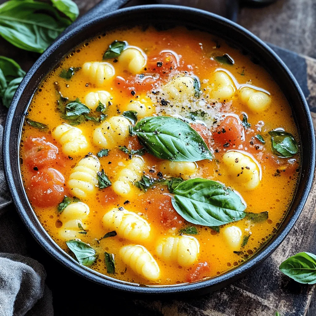 Um die perfekte Tomaten-Basilikum-Gnocchi-Suppe zu machen, brauchst du: - 2 Esslöffel Olivenöl - 1 mittelgroße Zwiebel, gehackt - 3 Knoblauchzehen, fein gehackt - 4 Tassen Gemüsebrühe - 1 Dose (400 g) zerdrückte Tomaten - 1 Teelöffel getrockneter Oregano - 1/2 Teelöffel zerstoßenen roten Pfefferflocken (nach Belieben) - 450 g Kartoffelgnocchi - 1 Tasse frische Basilikumblätter, gehackt (plus zusätzlich für die Garnitur) - 1 Tasse Schlagsahne (oder Kokosnusscreme für eine milchfreie Option) - Salz und Pfeffer nach Geschmack - Geriebener Parmesan zum Servieren (optional) Falls du einige Zutaten nicht hast, gibt es gute Alternativen: - Anstelle von Gemüsebrühe kannst du Hühnerbrühe verwenden. - Frische Tomaten sind eine tolle Wahl, wenn du keine Dosen hast. Verwende etwa 1 kg. - Für die Schlagsahne kannst du auch pflanzliche Sahne wählen. - Statt roten Pfefferflocken kannst du auch Paprika oder Cayennepfeffer nehmen. Gute Zutaten machen einen großen Unterschied. Hier sind meine Tipps: - Wähle frisches Gemüse. Eine frische Zwiebel und frischer Knoblauch geben mehr Geschmack. - Achte auf hochwertige Brühe. Eine selbstgemachte Brühe hat den besten Geschmack. - Kaufe reife Tomaten in Dosen. Sie sind oft süßer und besser im Geschmack. - Nutze frisches Basilikum statt getrocknetem. Der Geschmack ist viel intensiver. - Wenn du Parmesan verwendest, greife zu frisch geriebenem Käse. Der Geschmack wird intensiver. Beginne mit dem Olivenöl. Erhitze es in einem großen Topf bei mittlerer Hitze. Füge die gehackte Zwiebel hinzu. Brate sie für etwa fünf Minuten an. Sie sollte weich und glasig werden. Dann kommt der Knoblauch dazu. Rühre ihn ein und lasse ihn für ein bis zwei Minuten braten. Der Duft wird köstlich sein. Jetzt ist es Zeit für die Brühe und die Tomaten. Gieße vier Tassen Gemüsebrühe und eine Dose zerdrückte Tomaten in den Topf. Füge einen Teelöffel Oregano hinzu. Wenn du es scharf magst, füge auch die roten Pfefferflocken hinzu. Lass die Mischung sanft köcheln. Das wird etwa fünf bis zehn Minuten dauern. So verbinden sich die Aromen gut. Wenn die Suppe köchelt, füge die Kartoffelgnocchi hinzu. Koche sie nach den Anweisungen auf der Packung. Normalerweise dauert das zwei bis drei Minuten. Die Gnocchi sind fertig, wenn sie an die Oberfläche steigen. Rühre dann die gehackten Basilikumblätter und die Schlagsahne ein. Lass alles für weitere zwei bis drei Minuten erhitzen. Schmecke die Suppe mit Salz und Pfeffer ab. Sie ist nun bereit zum Servieren! Um die perfekte Konsistenz zu erreichen, achte auf die richtige Menge Brühe. Zu viel Flüssigkeit macht die Suppe dünn. Beginne mit vier Tassen Gemüsebrühe. Füge mehr hinzu, falls nötig. Die Gnocchi geben der Suppe eine schöne Dicke. Sie quellen beim Kochen auf und sorgen für eine cremige Textur. Das Geheimnis für intensiven Geschmack liegt in den frischen Kräutern. Verwende frisches Basilikum, wenn möglich. Frisch gehackte Blätter geben der Suppe ein starkes Aroma. Du kannst auch etwas Balsamico-Essig hinzufügen. Ein kleiner Schuss kann den Geschmack verstärken. Experimentiere mit Gewürzen wie Thymian oder Rosmarin für zusätzliche Tiefe. Für die Garnierung sind frische Basilikumblätter ideal. Sie sehen schön aus und bringen Frische. Geriebener Parmesan ist eine großartige Ergänzung. Er fügt einen salzigen Geschmack hinzu und macht die Suppe reichhaltiger. Du kannst auch etwas Olivenöl darüberträufeln. Dies sorgt für einen schönen Glanz und zusätzlichen Geschmack. Serviere die Suppe mit knusprigem Brot für ein komplettes Essen. {{image_4}} Wenn du eine milchfreie oder vegane Version der Tomaten-Basilikum-Gnocchi-Suppe machen möchtest, ist das ganz einfach. Ersetze die Schlagsahne durch Kokosnusscreme. Das bringt eine schöne Cremigkeit und einen Hauch von Kokosgeschmack. Achte darauf, dass du die Gnocchi ohne Ei wählst. Viele Marken bieten vegane Gnocchi an, die perfekt für dieses Rezept sind. Um deiner Suppe noch mehr Geschmack zu verleihen, füge einige Zutaten hinzu. Du kannst zum Beispiel frische Kräuter wie Thymian oder Petersilie verwenden. Auch eine Prise Zitronensaft bringt Frische. Für etwas Schärfe kannst du mehr rote Pfefferflocken hinzufügen. Wenn du es herzhaft magst, sind Pilze oder Spinat auch tolle Ergänzungen. Um die Suppe abzurunden, sind einige Beilagen eine gute Idee. Ein einfaches Brot passt perfekt. Baguette oder Focaccia sind ideal zum Dippen. Du kannst auch einen frischen Salat servieren. Ein einfacher grüner Salat mit einem leichten Dressing ergänzt die Suppe gut. So hast du eine ausgewogene Mahlzeit, die lecker und sättigend ist. Wenn du Reste der Tomaten-Basilikum-Gnocchi-Suppe hast, bewahre sie in einem luftdichten Behälter auf. Stelle sicher, dass die Suppe abgekühlt ist, bevor du sie in den Kühlschrank stellst. So bleibt der Geschmack frisch. Die Suppe hält sich bis zu drei Tage im Kühlschrank. Achte darauf, sie gut zu verschließen, um Gerüche von anderen Lebensmitteln zu vermeiden. Wenn du die Suppe länger aufbewahren möchtest, kannst du sie auch einfrieren. Fülle die abgekühlte Suppe in einen gefrierfesten Behälter oder in Gefrierbeutel. Lasse dabei etwas Platz, da die Suppe beim Gefrieren expandiert. So bleibt die Textur besser erhalten. Die Suppe kann bis zu drei Monate im Gefrierfach bleiben. Zum Auftauen stelle die Suppe einfach in den Kühlschrank oder erwärme sie direkt in einem Topf. Die Haltbarkeit der Tomaten-Basilikum-Gnocchi-Suppe hängt von der Lagerung ab. Im Kühlschrank bleibt sie etwa drei Tage frisch. Wenn du sie einfrierst, kannst du sie bis zu drei Monate genießen. Achte immer darauf, den Geruch und die Sichtbarkeit zu überprüfen, bevor du sie isst. Wenn etwas nicht gut aussieht oder riecht, ist es sicherer, sie wegzuwerfen. Die Zubereitung der Tomaten-Basilikum-Gnocchi-Suppe dauert insgesamt etwa 25 Minuten. Du benötigst 10 Minuten, um alles vorzubereiten. Das Kochen selbst dauert nur 15 Minuten. Diese Suppe ist schnell und einfach, perfekt für einen stressfreien Abend. Ja, du kannst frische Gnocchi verwenden. Diese haben oft einen besseren Geschmack und eine weichere Textur. Sie kochen jedoch schneller als die gekauften. Achte darauf, die Kochzeit zu verkürzen. Frische Gnocchi sind eine tolle Option, wenn du sie in deiner Nähe findest. Diese Suppe schmeckt hervorragend mit frischem Brot oder einem grünen Salat. Ein knuspriges Baguette ist ideal, um die köstliche Brühe aufzusaugen. Du kannst auch Käse darüber streuen, um den Geschmack zu verbessern. Parmesan oder ein milder Käse sind großartige Ergänzungen. Diese Tomaten-Basilikum-Gnocchi-Suppe ist einfach und lecker. Wir haben die Hauptzutaten besprochen und Alternativen angeboten. Ihre Auswahl der Zutaten kann den Geschmack stark beeinflussen. Die Schritt-für-Schritt-Anleitung zeigt, wie Sie die Suppe perfekt zubereiten. Tipps helfen Ihnen, die Konsistenz zu verbessern und den Geschmack zu intensivieren. Variationen bieten verschiedene Optionen für jeden Geschmack. Denken Sie an die Lagerung, damit Sie die Suppe länger genießen können. Experimentieren Sie und finden Sie Ihre eigene Lieblingsversion dieser köstlichen Suppe.