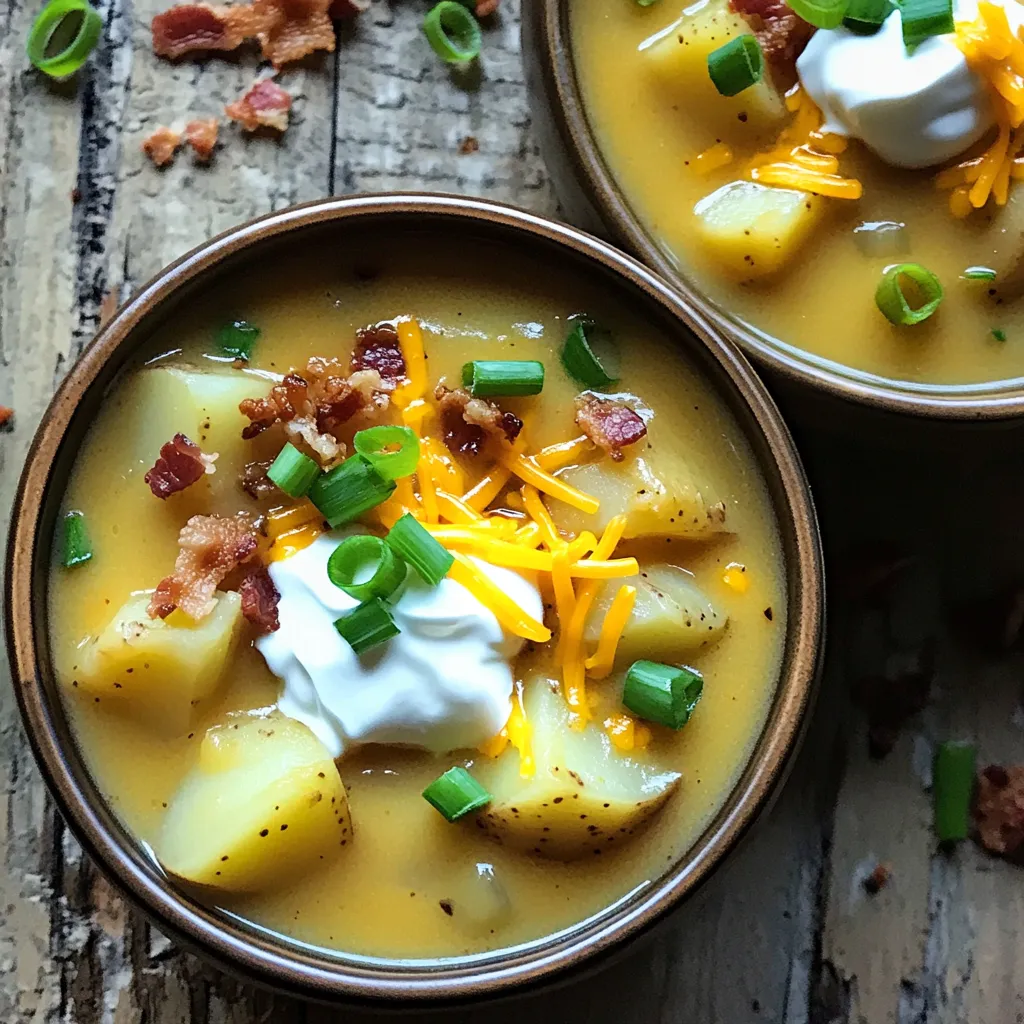 Für die Slow Cooker Loaded Baked Potato Soup benötigst du einige Hauptzutaten. Diese sind: - 4 große Russet-Kartoffeln, geschält und gewürfelt - 1 mittelgroße Zwiebel, grob gehackt - 3 Knoblauchzehen, fein gehackt - 4 Tassen Gemüsebrühe Die Kartoffeln geben der Suppe ihre Basis. Sie machen die Suppe dick und sättigend. Die Zwiebel und der Knoblauch bringen Geschmack. Sie verleihen der Suppe eine feine Tiefe. Die Gemüsebrühe rundet alles ab und macht die Suppe herzhaft. Um die Suppe cremig und lecker zu machen, fügen wir folgende Käse und Milch hinzu: - 1 Tasse Frischkäse, zimmerwarm - 1 Tasse geriebener Cheddar-Käse, plus zusätzlich für das Topping - 1 Tasse Milch Der Frischkäse sorgt für eine samtige Textur. Der Cheddar-Käse bringt einen kräftigen Geschmack. Zusammen mit der Milch wird die Suppe reichhaltig und cremig. Du kannst auch mehr Cheddar oben drauf geben, um das Ganze noch schmackhafter zu machen! Zu guter Letzt kommen die Gewürze und Extras dazu. Diese sind: - 1 Teelöffel getrockneter Thymian - 1 Teelöffel geräuchertes Paprikapulver - Salz und Pfeffer nach Geschmack Der Thymian bringt eine frische Note. Das geräucherte Paprikapulver fügt einen tollen, rauchigen Geschmack hinzu. Salz und Pfeffer heben die Aromen hervor. Diese kleinen Extras machen die Suppe besonders lecker und interessant! Zuerst schälen Sie die Kartoffeln. Nutzen Sie einen festen Schäler. Danach schneiden Sie die Kartoffeln in kleine Würfel. Diese Stücke helfen, die Suppe gleichmäßig zu garen. Nun nehmen Sie die Zwiebel. Hacken Sie sie grob. Nehmen Sie drei Knoblauchzehen und hacken Sie diese fein. Die Zwiebel und der Knoblauch geben der Suppe viel Geschmack. Jetzt kommt der Slow Cooker. Geben Sie die gewürfelten Kartoffeln, die Zwiebel und den Knoblauch in den Slow Cooker. Fügen Sie vier Tassen Gemüsebrühe hinzu. Rühren Sie alles gut um. Decken Sie den Slow Cooker zu. Kochen Sie die Mischung auf niedriger Stufe für 6 bis 8 Stunden. Alternativ können Sie die hohe Stufe für 3 bis 4 Stunden nutzen. Die Kartoffeln sind fertig, wenn sie zart sind. Nach dem Kochen kommt der beste Teil! Nehmen Sie einen Kartoffelstampfer oder einen Stabmixer. Pürieren Sie die Suppe bis zur gewünschten Cremigkeit. Lassen Sie ein paar Stücke für die Textur. Jetzt fügen Sie den zimmerwarmen Frischkäse, den geriebenen Cheddar-Käse und die Milch hinzu. Rühren Sie alles gut ein. Lassen Sie die Suppe für 15 bis 20 Minuten weiter erhitzen, bis der Käse geschmolzen ist. Fügen Sie dann den Sauerrahm, den Thymian und das geräucherte Paprikapulver hinzu. Rühren Sie alles gut um und schmecken Sie mit Salz und Pfeffer ab. Um die Cremigkeit der Suppe zu erhöhen, können Sie einen Stabmixer verwenden. Der Stabmixer püriert die Kartoffeln gleichmäßig und macht die Suppe ganz glatt. Wenn Sie eine rustikalere Textur möchten, nutzen Sie einen Kartoffelstampfer. Damit bleiben einige Stücke der Kartoffeln erhalten, was der Suppe mehr Biss gibt. Experimentieren Sie mit beiden Methoden, um herauszufinden, was Ihnen besser gefällt. Verleihen Sie Ihrer Suppe mehr Geschmack, indem Sie verschiedene Gewürze und Kräuter hinzufügen. Neben Thymian können Sie auch Rosmarin, Dill oder Schnittlauch verwenden. Für etwas Schärfe probieren Sie Cayennepfeffer oder Chili. Diese Aromen passen gut zu den Kartoffeln und machen die Suppe spannender. Ein Spritzer Zitronensaft am Ende bringt Frische in den Geschmack. Die Präsentation ist wichtig für das genussvolle Essen. Schöpfen Sie die Suppe in große Schalen. Toppen Sie sie mit frischem Cheddar-Käse, einem Klecks Sauerrahm und gehackten Frühlingszwiebeln. Für den extra Kick können Sie auch gebratene Speckstückchen hinzufügen. Diese Garnierungen machen die Suppe nicht nur lecker, sondern auch ansprechend. Ein schöner Anblick regt den Appetit an und lädt zum Schlemmen ein. {{image_4}} Für eine vegane Version dieser Suppe, tauschen Sie die Milch und den Käse aus. Verwenden Sie pflanzliche Milch, wie Mandel- oder Hafermilch. Für den Käse können Sie vegane Alternativen finden. Diese Produkte schmelzen gut und geben der Suppe einen tollen Geschmack. Sie können der Suppe ganz einfach zusätzliche Zutaten hinzufügen. Gebratener Speck ist eine beliebte Wahl für Fleischliebhaber. Wenn Sie mehr Gemüse möchten, fügen Sie Karotten oder Sellerie hinzu. Hülsenfrüchte wie Bohnen oder Kichererbsen bringen Proteine und machen die Suppe noch sättigender. Für alle, die es gerne scharf mögen, gibt es viele Möglichkeiten. Sie können frische oder getrocknete Chilis hinzufügen. Paprika oder Cayennepfeffer geben der Suppe einen würzigen Kick. Experimentieren Sie mit der Schärfe, bis es genau richtig für Sie ist. Um die Reste der Suppe frisch zu halten, lagern Sie sie in einem luftdichten Behälter. Ideal sind Glasbehälter oder feste Plastikdosen. Lassen Sie die Suppe zuerst auf Raumtemperatur abkühlen. So bleibt sie länger gut. Stellen Sie sicher, dass die Suppe nicht länger als vier Tage im Kühlschrank bleibt. Überprüfen Sie die Reste gut, bevor Sie sie essen. Wenn Sie die Suppe länger aufbewahren möchten, können Sie sie einfrieren. Füllen Sie die Suppe in gefriergeeignete Behälter oder Gefrierbeutel. Lassen Sie dabei etwas Platz, damit die Suppe sich ausdehnen kann. So bleibt der Geschmack erhalten. Sie können die Suppe bis zu drei Monate einfrieren. Beschriften Sie die Behälter mit Datum und Inhalt. So wissen Sie immer, was drin ist. Zum Aufwärmen der Suppe gibt es zwei einfache Methoden. Sie können die Suppe in der Mikrowelle oder auf dem Herd erwärmen. Für die Mikrowelle geben Sie die Suppe in eine mikrowellengeeignete Schüssel. Erhitzen Sie sie in kurzen Intervallen von 1-2 Minuten. Rühren Sie die Suppe zwischendurch um, damit sie gleichmäßig warm wird. Wenn Sie die Suppe auf dem Herd erhitzen, geben Sie sie in einen Topf. Erwärmen Sie sie bei niedriger Hitze und rühren Sie oft um. Achten Sie darauf, dass die Suppe nicht kocht. So bleibt sie cremig und lecker. Die Suppe kann im Kühlschrank bis zu fünf Tage aufbewahrt werden. Achte darauf, sie in einem luftdichten Behälter zu lagern. Wenn du die Suppe länger aufbewahren möchtest, kannst du sie auch einfrieren. In einem gefriergeeigneten Behälter bleibt die Suppe bis zu drei Monate frisch. Zum Auftauen stellst du sie einfach über Nacht in den Kühlschrank. Ja, du kannst auch andere Kartoffelsorten verwenden. Zum Beispiel sind Yukon Gold-Kartoffeln eine gute Wahl. Sie machen die Suppe cremig und zart. Auch rote Kartoffeln funktionieren, aber sie haben eine festere Textur. Wenn du experimentieren möchtest, probiere Süßkartoffeln für einen anderen Geschmack. Denke daran, die Kochzeit kann sich leicht ändern. Die Suppe kann an verschiedene Diäten angepasst werden. Sie enthält viele gesunde Zutaten. Die Kartoffeln bieten Ballaststoffe, und der Käse liefert Eiweiß. Du kannst die Milch durch pflanzliche Alternativen ersetzen, um sie vegan zu machen. Reduziere den Käse für weniger Fett oder füge mehr Gemüse hinzu, um sie nährstoffreicher zu machen. Diese Suppe bietet einfache Schritte und köstliche Zutaten wie Kartoffeln und Käse. Du lernst, wie du sie im Slow Cooker zubereitest und mit verschiedenen Gewürzen anreicherst. Denke daran, dass es viele Variationen gibt, um deinen Geschmack zu treffen. Lagere die Reste richtig, damit du später noch genießen kannst. Experimentiere mit neuen Zutaten und Präsentationen, um jede Schüssel besonders zu machen. Jetzt bist du bereit, deine eigene perfekte Suppe zu kreieren!