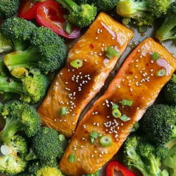 - 4 Lachsfilets - 2 Tassen Brokkoli-Röschen - 1 rote Paprika, in Scheiben geschnitten Die Hauptzutaten sind einfach zu bekommen. Lachs ist gesund und lecker. Brokkoli bringt viele Vitamine mit. Die rote Paprika fügt Farbe und Süße hinzu. Diese Mischung macht das Gericht bunt und nahrhaft. - 3 Esslöffel süße Chilisauce - 2 Esslöffel Sesamöl - 1 Teelöffel Knoblauchpulver - 1 Teelöffel frischer Ingwer, gerieben - Salz und Pfeffer nach Geschmack Die Gewürze sind der Schlüssel zu diesem Rezept. Die süße Chilisauce gibt einen tollen Geschmack. Sesamöl bringt einen nussigen Ton. Knoblauchpulver und Ingwer sorgen für mehr Tiefe. Salz und Pfeffer machen alles perfekt. - Sesamsamen - Frühlingszwiebeln, in Scheiben geschnitten Die Garnierungen geben dem Gericht den letzten Schliff. Sesamsamen fügen Crunch hinzu. Frühlingszwiebeln bringen Frische und Farbe. Diese kleinen Details machen das Essen noch besser. - Heize deinen Ofen auf 200°C vor. - Lege ein großes Backblech mit Backpapier aus. So wird die Reinigung einfach. - Vermenge in einer Schüssel die süße Chilisauce mit dem Sesamöl. - Füge Knoblauchpulver, geriebenen Ingwer, Salz und Pfeffer hinzu. - Rühre alles gut mit einem Schneebesen. So wird die Mischung perfekt. - Lege die Lachsfilets auf eine Seite des Backblechs. - Bestreiche die Filets großzügig mit der Chilisaucenmischung. - Auf der anderen Seite des Backblechs ordne die Brokkoli-Röschen und die Paprikascheiben an. - Gib etwas Sesamöl darüber und würze sie mit Salz und Pfeffer. - Schiebe das Blech in den Ofen und backe es 15-20 Minuten. - Der Lachs sollte sich leicht mit einer Gabel zerteilen lassen. Das Gemüse muss zart sein. - Schalte in den letzten 2-3 Minuten auf die Grillfunktion. So wird der Lachs leicht geröstet. - Achte darauf, dass nichts verbrennt. - Nach dem Backen, nimm das Blech aus dem Ofen. - Bestreue den Lachs und das Gemüse mit Sesamsamen und geschnittenen Frühlingszwiebeln. Wie man Lachs richtig gart? Der Schlüssel liegt in der Zeit und Temperatur. Backe den Lachs bei 200°C für 15-20 Minuten. Der Lachs sollte zart sein und sich leicht mit einer Gabel zerteilen lassen. Benutze ein Fleischthermometer. Die Innentemperatur sollte 63°C erreichen. Wenn du den Lachs nicht überbacken möchtest, schalte in den letzten 2-3 Minuten auf die Grillfunktion um. Das verleiht dem Lachs eine schöne Kruste. Andere Gemüseoptionen zum Kombinieren? Brokkoli ist großartig, aber du kannst auch andere Sorten verwenden. Versuche Blumenkohl, Karotten oder grüne Bohnen. Diese Gemüsesorten passen gut zur süßen Chilisauce. Du kannst auch Zucchini oder Paprika nehmen. Achte darauf, dass alle Gemüse gleichmäßig geschnitten sind. So garen sie gleichmäßig. Wie kann ich die süße Chilisauce ersetzen oder anpassen? Wenn du es schärfer magst, füge etwas Sriracha hinzu. Du kannst die süße Chilisauce auch mit Honig oder Agavendicksaft mischen. Das gibt dem Gericht einen neuen Twist. Falls du eine milde Sauce möchtest, benutze weniger Chilisauce. Das Rezept bleibt flexibel, also experimentiere mit den Zutaten. {{image_4}} Für eine gesündere Option können Sie mageren Fisch wählen. Zum Beispiel ist Kabeljau eine gute Wahl. Er hat weniger Fett und passt gut zu süßer Chilisauce. Sie können auch Hähnchenbrustfilets verwenden. Diese Proteinquelle ist leicht und lecker. Achten Sie darauf, die Garzeit anzupassen. Mageres Fleisch braucht manchmal etwas länger. Wenn Sie ein fleischloses Gericht möchten, probieren Sie Tofu oder Tempeh. Diese Zutaten sind reich an Protein. Schneiden Sie sie in Würfel und marinieren Sie sie wie den Lachs. Brokkoli und rote Paprika passen immer gut dazu. Sie können auch andere Gemüse wie Zucchini oder Karotten verwenden. So bleibt das Gericht bunt und gesund. Für eine schärfere Variante fügen Sie Chili-Flocken oder Sriracha hinzu. Diese scharfen Gewürze bringen mehr Geschmack. Mischen Sie sie in die süße Chilisauce. Sie können auch frische Jalapeños verwenden, um es noch würziger zu machen. Achten Sie darauf, die Schärfe nach Ihrem Geschmack anzupassen. So wird Ihr Gericht einzigartig und spannend. Um Reste von deinem Sheet Pan Sweet Chili Salmon Broccoli richtig zu lagern, lege sie in einen luftdichten Behälter. Du kannst die Reste bis zu drei Tage im Kühlschrank aufbewahren. Wenn du die Reste aufbewahrst, lass das Gericht zuerst auf Raumtemperatur abkühlen. So vermeidest du Kondenswasser in deinem Behälter. Willst du das Gericht einfrieren? Das ist ganz einfach! Teile die Portionen in geeignete Behälter oder Gefrierbeutel auf. Achte darauf, die Luft herauszudrücken, bevor du sie verschließt. Du kannst die Portionen bis zu drei Monate im Gefrierfach aufbewahren. Zum Auftauen, lege sie über Nacht in den Kühlschrank. Um das Gericht aufzuwärmen, nutze am besten den Ofen. Heize ihn auf 180°C (350°F) vor. Lege die Reste auf ein Backblech und decke sie mit Alufolie ab. So bleiben sie saftig. Backe das Gericht für etwa 10-15 Minuten. Alternativ kannst du die Reste in der Mikrowelle aufwärmen. Stelle die Mikrowelle auf mittlere Hitze und erhitze es schrittweise, bis es warm ist. Vermeide dabei Überhitzen, damit der Lachs nicht trocken wird. Die Backzeit für Lachs ist einfach. Normalerweise dauert es 15 bis 20 Minuten. Der Lachs ist gar, wenn er sich leicht mit einer Gabel zerteilen lässt. Der richtige Gargrad ist wichtig. Wenn der Lachs zu lange im Ofen bleibt, wird er trocken. Ja, gefrorener Lachs ist eine gute Wahl. Du kannst ihn direkt aus dem Gefrierfach verwenden. Achte darauf, die Garzeit um ein paar Minuten zu verlängern. Der Lachs sollte vollständig durchgegart sein. Überprüfe die Innentemperatur, sie sollte 63°C erreichen. Es gibt viele leckere Beilagen. Hier sind einige Vorschläge: - Reis oder Quinoa - Salat mit frischem Gemüse - Süßkartoffeln für einen süßen Geschmack - Ein Glas Weißwein passt gut dazu - Probier auch einen fruchtigen Cocktail! Diese Beilagen ergänzen den Geschmack des Lachs und des Brokkolis. Du kannst deine Mahlzeit so noch bunter und schmackhafter gestalten. Diese Anleitung zeigt, wie man leckeren Lachs mit Gemüse zubereitet. Du hast gelernt, welche Zutaten du brauchst und wie du sie perfekt zubereitest. Wir haben auch Tipps für Variationen und zur Lagerung gegeben. Denke daran, dass du mit verschiedenen Gewürzen und Gemüse experimentieren kannst. So bleibt dein Gericht spannend. Probiere die gesunden Alternativen aus und passe die Sauce nach deinem Geschmack an. Mit diesen Infos kannst du sofort loslegen und einen tollen Lachsgenuss zaubern!