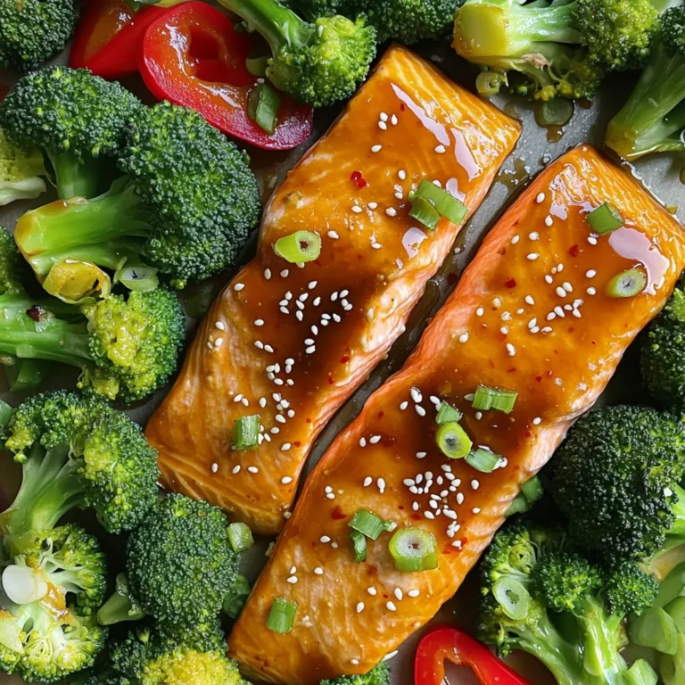 - 4 Lachsfilets - 2 Tassen Brokkoli-Röschen - 1 rote Paprika, in Scheiben geschnitten Die Hauptzutaten sind einfach zu bekommen. Lachs ist gesund und lecker. Brokkoli bringt viele Vitamine mit. Die rote Paprika fügt Farbe und Süße hinzu. Diese Mischung macht das Gericht bunt und nahrhaft. - 3 Esslöffel süße Chilisauce - 2 Esslöffel Sesamöl - 1 Teelöffel Knoblauchpulver - 1 Teelöffel frischer Ingwer, gerieben - Salz und Pfeffer nach Geschmack Die Gewürze sind der Schlüssel zu diesem Rezept. Die süße Chilisauce gibt einen tollen Geschmack. Sesamöl bringt einen nussigen Ton. Knoblauchpulver und Ingwer sorgen für mehr Tiefe. Salz und Pfeffer machen alles perfekt. - Sesamsamen - Frühlingszwiebeln, in Scheiben geschnitten Die Garnierungen geben dem Gericht den letzten Schliff. Sesamsamen fügen Crunch hinzu. Frühlingszwiebeln bringen Frische und Farbe. Diese kleinen Details machen das Essen noch besser. - Heize deinen Ofen auf 200°C vor. - Lege ein großes Backblech mit Backpapier aus. So wird die Reinigung einfach. - Vermenge in einer Schüssel die süße Chilisauce mit dem Sesamöl. - Füge Knoblauchpulver, geriebenen Ingwer, Salz und Pfeffer hinzu. - Rühre alles gut mit einem Schneebesen. So wird die Mischung perfekt. - Lege die Lachsfilets auf eine Seite des Backblechs. - Bestreiche die Filets großzügig mit der Chilisaucenmischung. - Auf der anderen Seite des Backblechs ordne die Brokkoli-Röschen und die Paprikascheiben an. - Gib etwas Sesamöl darüber und würze sie mit Salz und Pfeffer. - Schiebe das Blech in den Ofen und backe es 15-20 Minuten. - Der Lachs sollte sich leicht mit einer Gabel zerteilen lassen. Das Gemüse muss zart sein. - Schalte in den letzten 2-3 Minuten auf die Grillfunktion. So wird der Lachs leicht geröstet. - Achte darauf, dass nichts verbrennt. - Nach dem Backen, nimm das Blech aus dem Ofen. - Bestreue den Lachs und das Gemüse mit Sesamsamen und geschnittenen Frühlingszwiebeln. Wie man Lachs richtig gart? Der Schlüssel liegt in der Zeit und Temperatur. Backe den Lachs bei 200°C für 15-20 Minuten. Der Lachs sollte zart sein und sich leicht mit einer Gabel zerteilen lassen. Benutze ein Fleischthermometer. Die Innentemperatur sollte 63°C erreichen. Wenn du den Lachs nicht überbacken möchtest, schalte in den letzten 2-3 Minuten auf die Grillfunktion um. Das verleiht dem Lachs eine schöne Kruste. Andere Gemüseoptionen zum Kombinieren? Brokkoli ist großartig, aber du kannst auch andere Sorten verwenden. Versuche Blumenkohl, Karotten oder grüne Bohnen. Diese Gemüsesorten passen gut zur süßen Chilisauce. Du kannst auch Zucchini oder Paprika nehmen. Achte darauf, dass alle Gemüse gleichmäßig geschnitten sind. So garen sie gleichmäßig. Wie kann ich die süße Chilisauce ersetzen oder anpassen? Wenn du es schärfer magst, füge etwas Sriracha hinzu. Du kannst die süße Chilisauce auch mit Honig oder Agavendicksaft mischen. Das gibt dem Gericht einen neuen Twist. Falls du eine milde Sauce möchtest, benutze weniger Chilisauce. Das Rezept bleibt flexibel, also experimentiere mit den Zutaten. {{image_4}} Für eine gesündere Option können Sie mageren Fisch wählen. Zum Beispiel ist Kabeljau eine gute Wahl. Er hat weniger Fett und passt gut zu süßer Chilisauce. Sie können auch Hähnchenbrustfilets verwenden. Diese Proteinquelle ist leicht und lecker. Achten Sie darauf, die Garzeit anzupassen. Mageres Fleisch braucht manchmal etwas länger. Wenn Sie ein fleischloses Gericht möchten, probieren Sie Tofu oder Tempeh. Diese Zutaten sind reich an Protein. Schneiden Sie sie in Würfel und marinieren Sie sie wie den Lachs. Brokkoli und rote Paprika passen immer gut dazu. Sie können auch andere Gemüse wie Zucchini oder Karotten verwenden. So bleibt das Gericht bunt und gesund. Für eine schärfere Variante fügen Sie Chili-Flocken oder Sriracha hinzu. Diese scharfen Gewürze bringen mehr Geschmack. Mischen Sie sie in die süße Chilisauce. Sie können auch frische Jalapeños verwenden, um es noch würziger zu machen. Achten Sie darauf, die Schärfe nach Ihrem Geschmack anzupassen. So wird Ihr Gericht einzigartig und spannend. Um Reste von deinem Sheet Pan Sweet Chili Salmon Broccoli richtig zu lagern, lege sie in einen luftdichten Behälter. Du kannst die Reste bis zu drei Tage im Kühlschrank aufbewahren. Wenn du die Reste aufbewahrst, lass das Gericht zuerst auf Raumtemperatur abkühlen. So vermeidest du Kondenswasser in deinem Behälter. Willst du das Gericht einfrieren? Das ist ganz einfach! Teile die Portionen in geeignete Behälter oder Gefrierbeutel auf. Achte darauf, die Luft herauszudrücken, bevor du sie verschließt. Du kannst die Portionen bis zu drei Monate im Gefrierfach aufbewahren. Zum Auftauen, lege sie über Nacht in den Kühlschrank. Um das Gericht aufzuwärmen, nutze am besten den Ofen. Heize ihn auf 180°C (350°F) vor. Lege die Reste auf ein Backblech und decke sie mit Alufolie ab. So bleiben sie saftig. Backe das Gericht für etwa 10-15 Minuten. Alternativ kannst du die Reste in der Mikrowelle aufwärmen. Stelle die Mikrowelle auf mittlere Hitze und erhitze es schrittweise, bis es warm ist. Vermeide dabei Überhitzen, damit der Lachs nicht trocken wird. Die Backzeit für Lachs ist einfach. Normalerweise dauert es 15 bis 20 Minuten. Der Lachs ist gar, wenn er sich leicht mit einer Gabel zerteilen lässt. Der richtige Gargrad ist wichtig. Wenn der Lachs zu lange im Ofen bleibt, wird er trocken. Ja, gefrorener Lachs ist eine gute Wahl. Du kannst ihn direkt aus dem Gefrierfach verwenden. Achte darauf, die Garzeit um ein paar Minuten zu verlängern. Der Lachs sollte vollständig durchgegart sein. Überprüfe die Innentemperatur, sie sollte 63°C erreichen. Es gibt viele leckere Beilagen. Hier sind einige Vorschläge: - Reis oder Quinoa - Salat mit frischem Gemüse - Süßkartoffeln für einen süßen Geschmack - Ein Glas Weißwein passt gut dazu - Probier auch einen fruchtigen Cocktail! Diese Beilagen ergänzen den Geschmack des Lachs und des Brokkolis. Du kannst deine Mahlzeit so noch bunter und schmackhafter gestalten. Diese Anleitung zeigt, wie man leckeren Lachs mit Gemüse zubereitet. Du hast gelernt, welche Zutaten du brauchst und wie du sie perfekt zubereitest. Wir haben auch Tipps für Variationen und zur Lagerung gegeben. Denke daran, dass du mit verschiedenen Gewürzen und Gemüse experimentieren kannst. So bleibt dein Gericht spannend. Probiere die gesunden Alternativen aus und passe die Sauce nach deinem Geschmack an. Mit diesen Infos kannst du sofort loslegen und einen tollen Lachsgenuss zaubern!