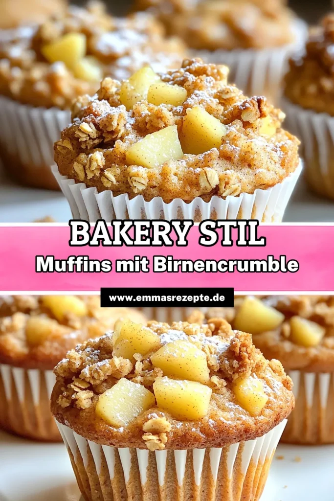 Entdecken Sie den köstlichen Geschmack von Bakery-Stil Gewürz-Birnen-Crumble Muffins! Diese saftigen Muffins sind perfekt für jede Gelegenheit und enthalten zarte Birnen, Zimt und ein knuspriges Topping. Mit einfachen Zutaten und einer klaren Anleitung zaubern Sie in kürzester Zeit ein leckeres Gebäck. Klicken Sie jetzt, um das vollständige Rezept zu entdecken und Ihre Freunde zu begeistern! #MuffinRezept #Backen #Birnen #Crumble