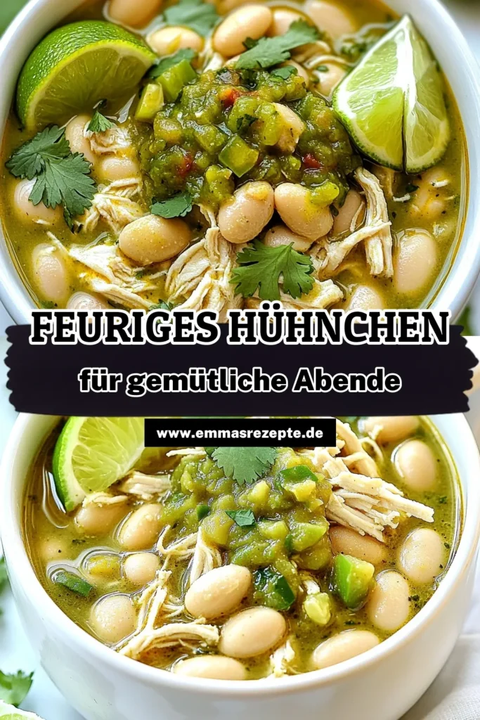 Entdecke das feurige grüne Köstlichkeit: langsam gegartes weißes Hühnchen Chili Verde! Dieses Rezept vereint saftige Hähnchenbrust, würzige grüne Salsa und cremige Cannellini-Bohnen in einem köstlichen Gericht. Perfekt für ein herzhaftes Abendessen, das einfach zuzubereiten ist. Lass dich von diesem Rezept inspirieren und klicke jetzt, um die vollständige Anleitung zu erfahren! #HühnchenChili #SlowCooking #Essenliebe #Rezeptideen