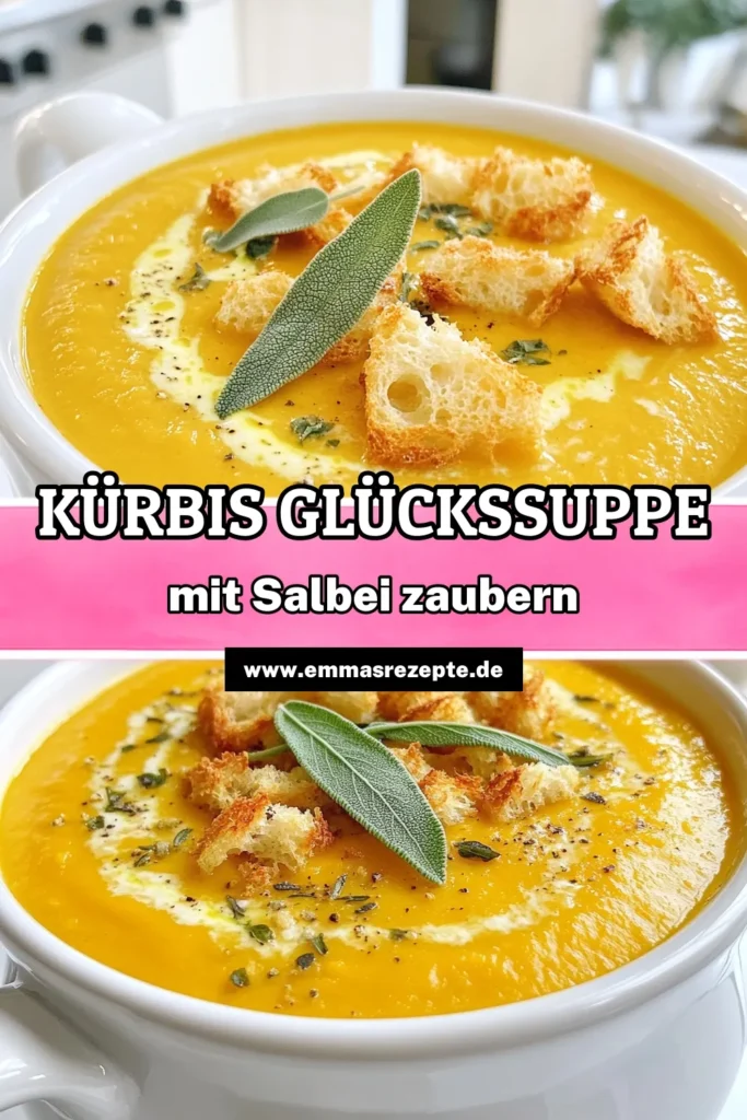 Entdecke das perfekte Rezept für Kürbis-Salbei Glücksuppe, ideal für die Herbstsaison! Diese cremige Suppe kombiniert Kürbis mit aromatischem Salbei und wird von knusprigen Croutons perfekt ergänzt. In nur 50 Minuten zauberst du eine herzhafte Mahlzeit, die wärmt und begeistert. Klicke jetzt, um das vollständige Rezept zu erkunden und deinem Herbst eine köstliche Note zu verleihen! #KürbisSuppe #Herbstrezepte #Kochen #SuppeGenuss