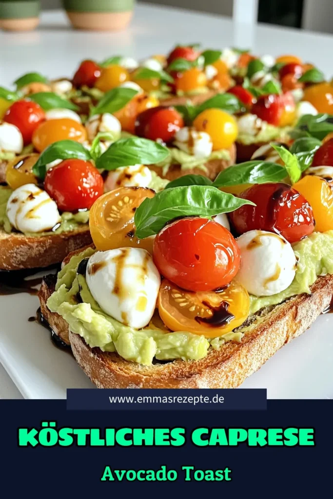 Entdecke das neue Lieblingsfrühstück: Caprese Avocado Toast mit einem Twist! Diese leckere Kombination aus reifen Avocados, frischen Cherrytomaten und zartem Mozzarella wird deine Geschmacksnerven erfreuen. Ideal für ein schnelles und gesundes Gericht, das in nur 15 Minuten zubereitet ist. Lass dir dieses Rezept nicht entgehen und klicke jetzt, um die vollständige Anleitung zu sehen! #AvocadoToast #Essen #GesundeRezepte #SchnelleGerichte