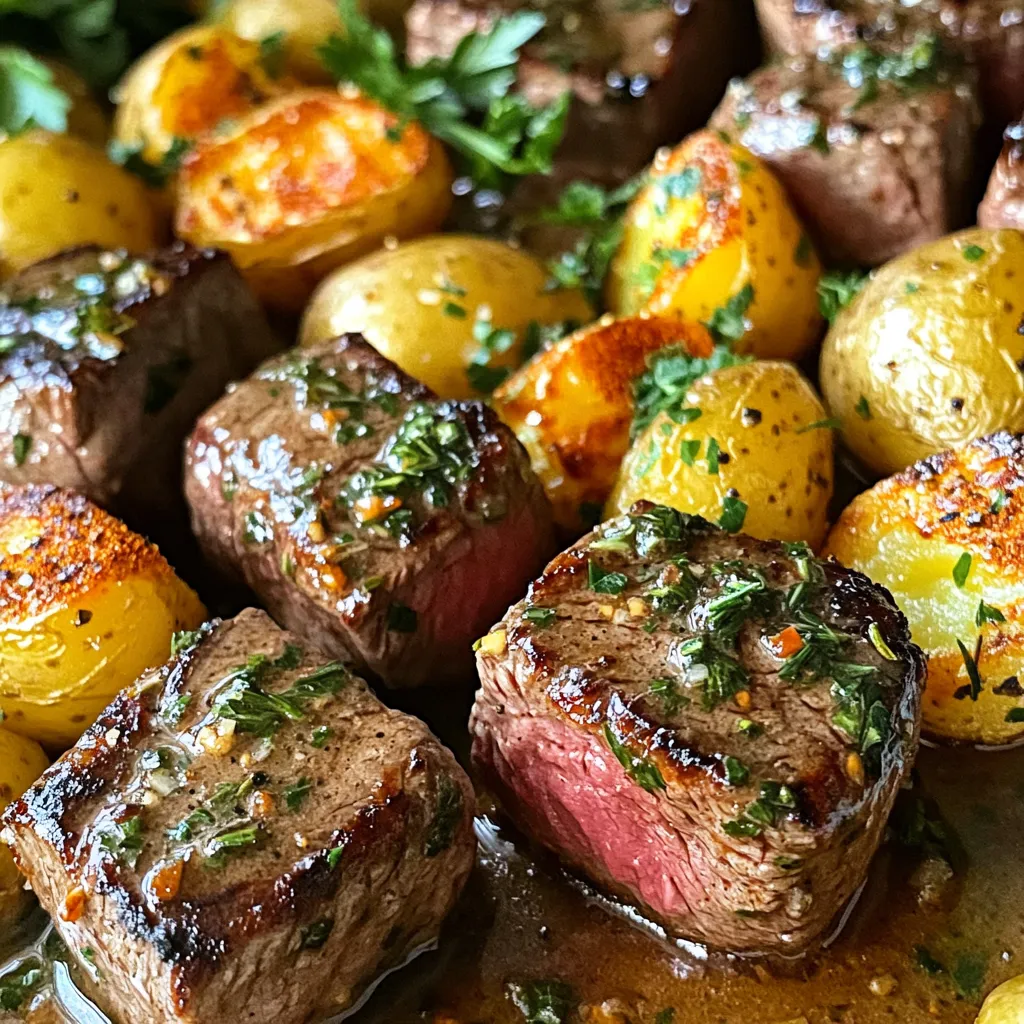 - 450 g Rinderfilet, in 2,5 cm große Würfel geschnitten - 60 g ungesalzene Butter - 4 Knoblauchzehen, fein gehackt - 1 Teelöffel frischer Thymian, gehackt - 1 Teelöffel frischer Rosmarin, gehackt - Salz und Pfeffer nach Geschmack - 450 g kleine Kartoffeln, halbiert - 2 Esslöffel Olivenöl - 1 Teelöffel Paprika - Frische Petersilie, gehackt (zum Garnieren) Die Gewürze und Kräuter geben Geschmack und Aroma. Ich benutze frischen Thymian und Rosmarin. Diese Kräuter bringen den vollen Geschmack der Steakbisse zur Geltung. Der Knoblauch ist der Star in der Knoblauchbuttersauce. Er sorgt für einen tollen Duft und Geschmack. Frisches Gemüse wie Petersilie macht das Gericht bunt und frisch. Die kleinen Kartoffeln sind perfekt für dieses Gericht. Sie sind knusprig und passen gut zu den Steakbissen. Das Rösten im Ofen sorgt für eine goldene Farbe. Um die Röstkartoffeln noch besser zu machen, würze ich sie mit Paprika, Salz und Pfeffer. Diese Mischung macht sie lecker und verlockend. Heize deinen Ofen auf 200°C vor. Während der Ofen aufheizt, nimm die kleinen Kartoffeln. Halbiere sie und gib sie in eine große Schüssel. Füge Olivenöl, Paprika, Salz und Pfeffer hinzu. Mische alles gut. Du willst sicherstellen, dass die Kartoffeln gleichmäßig bedeckt sind. Lege die Kartoffeln auf ein Backblech. Achte darauf, dass sie in einer einzigen Schicht liegen. Das hilft beim Rösten. Röste die Kartoffeln für etwa 25 bis 30 Minuten. Wende sie nach der Hälfte der Zeit. So werden sie goldbraun und knusprig. Während die Kartoffeln rösten, ist es Zeit für das Steak. Nimm die Rinderfiletwürfel und würze sie mit Salz und Pfeffer. Erhitze 30 g Butter in einer großen Pfanne bei mittlerer bis hoher Hitze. Wenn die Butter schäumt, lege die Steakwürfel in die Pfanne. Achte darauf, dass sie in einer einzigen Schicht liegen. Brate sie für 2 bis 3 Minuten pro Seite. So erreichst du eine schöne Kruste. Wenn sie medium-rare sind, nimm die Pfanne vom Herd. Reduziere die Hitze auf niedrig. Füge den gehackten Knoblauch, den Thymian und den Rosmarin hinzu. Rühre alles gut um. Jetzt kommt die restliche Butter in die Pfanne. Lass sie schmelzen und vermische alles. Die Sauce wird aromatisch und lecker. Lasse die Steakbisse für ein paar Minuten ruhen. So nehmen sie die Aromen besser auf. Serviere die Steakbisse mit den knusprigen Röstkartoffeln. Gieße die Knoblauchbuttersauce über das Steak. Garnieren kannst du das Gericht mit gehackter Petersilie. Das gibt Farbe und zusätzlichen Geschmack. Um das perfekte Steak zu erreichen, ist die Garstufe entscheidend. Medium-rare ist ideal für Rinderfilet. Dabei sollte das Innere eine Temperatur von etwa 55-57°C haben. Nutzen Sie ein Fleischthermometer für genaue Ergebnisse. Braten Sie die Steakbisse etwa 2-3 Minuten pro Seite an. Lassen Sie sie nach dem Braten kurz ruhen. So verteilen sich die Säfte gleichmäßig. Für knusprige Röstkartoffeln verwenden Sie kleine Kartoffeln. Diese werden gleichmäßig gar. Achten Sie darauf, sie gut mit Olivenöl, Salz, Pfeffer und Paprika zu vermischen. Breiten Sie die Kartoffeln in einer einzigen Schicht auf dem Blech aus. Wenden Sie sie während des Röstens. So werden sie von allen Seiten goldbraun und knusprig. Um Ihr Gericht noch besser zu machen, fügen Sie frische Kräuter hinzu. Petersilie bringt Farbe und Geschmack. Sie können auch Parmesan oder Feta-Käse darüber streuen. Diese Zutaten geben dem Gericht eine neue Note. Experimentieren Sie mit verschiedenen Kräutern wie Oregano oder Basilikum. So bleibt das Rezept spannend und überraschend. {{image_4}} Wenn Sie mehr Farbe auf den Teller bringen möchten, fügen Sie Gemüse hinzu. Brokkoli, grüne Bohnen oder Paprika passen gut zu Steakbissen. Diese Gemüse sind einfach zu garen und bringen frische Aromen. Rösten Sie das Gemüse zusammen mit den Kartoffeln. So sparen Sie Zeit und schaffen einen schönen Kontrast zu den herzhaften Steakbissen. Anstelle von Röstkartoffeln können Sie auch Reis oder Quinoa servieren. Diese Beilagen sind leicht und passen gut zur Knoblauchbuttersauce. Eine andere Option ist ein frischer Salat. Ein bunter Salat bringt Frische und knusprige Textur. Ersetzen Sie die Kartoffeln durch gebratene Süßkartoffeln für eine süßere Note. Spielen Sie mit den Kräutern! Fügen Sie Oregano oder Basilikum hinzu, um den Geschmack zu variieren. Verwenden Sie auch verschiedene Öle. Ein bisschen Sesamöl gibt dem Gericht einen asiatischen Twist. Wenn Sie es schärfer mögen, fügen Sie etwas Chili oder Pfeffer hinzu. Diese kleinen Änderungen können das Gericht ganz neu gestalten und Ihren Gästen neue Geschmackserlebnisse bieten. Um die übrig gebliebenen Steakbisse und Röstkartoffeln zu lagern, lege sie in einen luftdichten Behälter. Du kannst sie bis zu drei Tage im Kühlschrank aufbewahren. Achte darauf, dass die Reste vollständig abgekühlt sind, bevor du sie in den Kühlschrank stellst. Dies hilft, die Frische zu bewahren. Um die Steakbisse und Kartoffeln aufzuwärmen, nutze eine Pfanne oder die Mikrowelle. In der Pfanne erhitzt du sie bei mittlerer Hitze. Füge dazu etwas Öl oder Butter hinzu, um die Feuchtigkeit zu halten. In der Mikrowelle lege die Reste auf einen Teller und decke sie mit einem feuchten Tuch ab. Erhitze sie in kurzen Intervallen, bis sie warm sind. Um den Geschmack der Reste zu bewahren, stelle sicher, dass der Behälter luftdicht ist. Du kannst auch versuchen, die Steakbisse und Kartoffeln getrennt aufzubewahren. Dies hilft, die Textur der knusprigen Kartoffeln zu erhalten. Wenn du sie aufwärmst, füge etwas frischen Knoblauch oder Kräuter hinzu, um den Geschmack aufzufrischen. Die Zubereitung der Steakbisse dauert etwa 40 Minuten. Davon entfallen 10 Minuten auf die Vorbereitung und 30 Minuten auf das Kochen. Während die Kartoffeln im Ofen rösten, können Sie die Steakbisse zubereiten. So sparen Sie Zeit und haben alles gleichzeitig fertig. Ja, Sie können die Kartoffeln nach Ihrem Geschmack würzen. Versuchen Sie zum Beispiel, italienische Kräuter wie Oregano oder Basilikum hinzuzufügen. Auch eine Prise Knoblauchpulver kann den Geschmack verbessern. Seien Sie kreativ und passen Sie die Gewürze an, um neue Geschmäcker zu entdecken. Die Steakbisse mit Röstkartoffeln sind schon sehr sättigend. Dennoch passen frische Salate gut dazu. Ein einfacher grüner Salat oder ein Gurkensalat sind tolle Ergänzungen. Auch gedünstetes Gemüse kann eine gute Wahl sein. So haben Sie eine ausgewogene Mahlzeit. Diese Anleitung bietet alles für dein perfektes Steakgericht. Du hast die Hauptzutaten und die Gewürze kennengelernt. Ich habe erklärt, wie du das Steak anbrätst und die Knoblauchbuttersauce zubereitest. Tipps wie die perfekten Garstufen helfen dir, Fehler zu vermeiden. Auch Variationen und die Lagerung von Resten sind hilfreich. Denk daran, kannst du die Beilagen nach deinem Geschmack anpassen. Probiere diese Tipps aus und genieße die neuen Aromen!