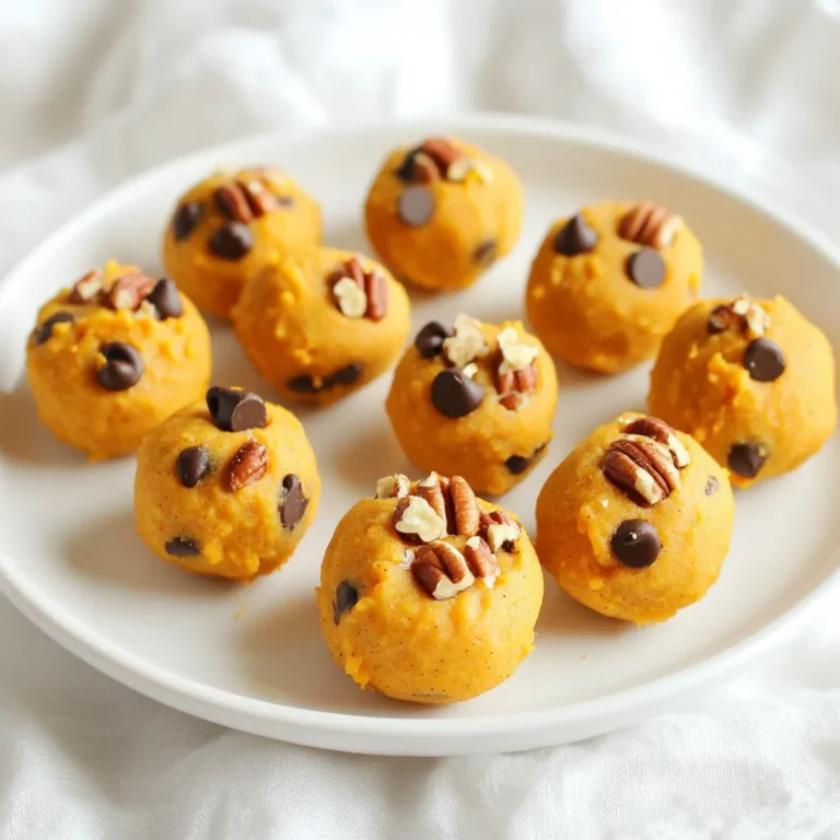 Für die No-Bake Pumpkin Cookie Dough Bites benötigst du folgende Hauptzutaten: - 1 Tasse Mandelmehl - ½ Tasse Kürbispüree aus der Dose - ¼ Tasse Ahornsirup - 1 Teelöffel Vanilleextrakt - 1 Teelöffel Kürbiskuchen-Gewürz - ¼ Teelöffel Salz - ½ Tasse Mini-Schokoladenstückchen Diese Zutaten bilden die Basis für deinen köstlichen Snack. Das Mandelmehl gibt den Bites eine nussige Note. Kürbispüree sorgt für eine feuchte, süße Konsistenz. Ahornsirup bringt die Süße. Vanilleextrakt und Kürbiskuchen-Gewürz verleihen dem Teig einen tollen Geschmack. Manchmal möchte ich meinen Bites etwas mehr Textur geben. Hier sind optionale Zutaten, die du verwenden kannst: - ¼ Tasse gehackte Pekannüsse Die Pekannüsse sind knusprig und ergänzen die Bites perfekt. Du kannst sie leicht rösten, um ihren Geschmack zu intensivieren. Wenn du die Zutaten auswählst, achte auf die Qualität. Hochwertiges Mandelmehl macht einen großen Unterschied. Suche nach frischem Kürbispüree, das keine zusätzlichen Zutaten enthält. Ahornsirup sollte rein sein, ohne Zusatzstoffe. Für die Gewürze ist es am besten, frische Gewürze zu verwenden. Sie haben mehr Geschmack. Wenn du das Gefühl hast, dass du mehr Süße brauchst, füge noch etwas Ahornsirup hinzu. Experimentiere mit den Zutaten, um deinen eigenen perfekten Biss zu finden! Für diese einfachen Bites brauchst du nur 15 Minuten. Du benötigst: - Eine große Rührschüssel - Einen Spatel - Ein Backblech - Backpapier - Einen Kühlschrank Diese Utensilien helfen dir, alles schnell und einfach zu machen. Beginne, indem du das Mandelmehl, das Kürbispüree, den Ahornsirup, den Vanilleextrakt, das Kürbiskuchen-Gewürz und das Salz in die große Schüssel gibst. Rühre alles mit dem Spatel gut um. Achte darauf, dass sich die Zutaten gut vermengen. Nach dem Mischen hast du eine teigähnliche Konsistenz. Füge dann die Mini-Schokoladenstückchen und die gehackten Pekannüsse hinzu. Mische sie vorsichtig unter den Teig. Jetzt kommt der spaßige Teil! Nimm etwa einen Esslöffel von der Mischung und forme kleine Bällchen mit deinen Händen. Lege die Bällchen auf das Backblech, das du vorher mit Backpapier ausgelegt hast. Wenn du alle Bällchen geformt hast, stelle das Backblech in den Kühlschrank. Lass die Bites dort mindestens eine Stunde ruhen. Nach dem Kühlen sind sie bereit zum Genießen! Um die perfekte Konsistenz für deine No-Bake Pumpkin Cookie Dough Bites zu erreichen, ist Mandelmehl der Schlüssel. Es gibt deinem Teig eine feine Textur. Wenn der Teig zu trocken ist, füge mehr Kürbispüree hinzu. Ist er zu feucht? Dann gib etwas mehr Mandelmehl dazu. Der Teig soll formbar sein, aber nicht klebrig. Die Süße der Bites ist wichtig. Du kannst die Menge an Ahornsirup nach deinem Geschmack anpassen. Für einen weniger süßen Snack, reduziere den Sirup um einen Esslöffel. Wenn du es süßer magst, füge einen weiteren Esslöffel hinzu. Probiere den Teig vor dem Formen aus, um die perfekte Balance zu finden. Für eine ansprechende Präsentation serviere die Bites in einer schönen Schüssel. Ein rustikales Holzbrett macht das Ganze noch schöner. Dekoriere die Bites mit ganzen Pekannüssen und einer Prise Kürbiskuchengewürz. So sehen sie nicht nur toll aus, sondern schmecken auch fantastisch. {{image_4}} Ich liebe es, mit verschiedenen Nüssen zu spielen. Du kannst Mandeln, Cashews oder Walnüsse verwenden. Diese Nüsse geben den Bites einen anderen Geschmack und eine andere Textur. Wenn du Pekannüsse magst, kannst du sie auch weglassen oder mehr dazugeben. Probiere, die Nüsse vorher anzurösten. Das verstärkt den Geschmack und macht die Bites noch besser. Die Basis ist einfach, aber die Aromen können vielseitig sein. Du kannst Zimt oder Muskatnuss hinzufügen, um den Bites mehr Tiefe zu geben. Auch etwas Kakao kann eine tolle Note bringen. Wenn du Schokolade magst, probiere dunkle Schokoladenstückchen oder sogar weiße Schokolade. Es gibt viele Wege, um die Aromen zu ändern. Sei kreativ und finde deinen Lieblingsgeschmack. Wenn du eine vegane Option möchtest, ist das einfach. Ersetze den Ahornsirup durch Agavensirup oder ein anderes pflanzliches Süßungsmittel. Achte darauf, dass die Schokoladenstückchen vegan sind. Viele Marken bieten vegane Schokolade an. So kannst du diese leckeren Bites genießen, ohne tierische Produkte zu verwenden. Vegane Snacks können genauso gut schmecken! Die No-Bake Pumpkin Cookie Dough Bites schmecken frisch aus dem Kühlschrank am besten. Sie sind perfekt kühl und haben eine tolle Konsistenz. Wenn Sie die Bites länger lagern wollen, können Sie sie auch ins Gefrierfach legen. Im Gefrierfach bleiben sie bis zu drei Monate gut. Achten Sie darauf, sie in einem luftdichten Behälter aufzubewahren. Im Kühlschrank halten die Bites bis zu einer Woche. Nach einer Woche können sie an Frische verlieren, aber sie sind noch essbar. Wenn Sie sie im Gefrierfach aufbewahren, bleiben sie länger frisch und genießbar. Denken Sie daran, sie vor dem Essen im Kühlschrank aufzutauen. Lagern Sie die Bites in einem luftdichten Behälter. Das verhindert, dass sie austrocknen oder Gerüche annehmen. Achten Sie darauf, den Behälter gut zu verschließen. Wenn Sie die Bites im Gefrierfach aufbewahren, verwenden Sie gefriergeeignete Behälter oder Beutel. Beschriften Sie die Behälter mit dem Datum, damit Sie wissen, wie lange sie schon drin sind. Die No-Bake Bites halten bis zu einer Woche im Kühlschrank. Ich empfehle, sie in einem luftdichten Behälter zu lagern. So bleiben sie frisch und lecker. Nach einer Woche könnten sie an Geschmack verlieren, also besser schnell genießen! Ja, du kannst die Zutaten anpassen! Fühl dich frei, die Pekannüsse wegzulassen oder andere Nüsse hinzuzufügen. Du kannst auch den Ahornsirup durch Honig ersetzen, wenn du magst. Experimentiere mit verschiedenen Gewürzen, um neue Aromen zu entdecken. Ja, diese Snacks sind glutenfrei. Das Mandelmehl ist eine tolle Option für glutenfreie Rezepte. Achte darauf, dass alle anderen Zutaten ebenfalls glutenfrei sind. So kannst du sicher sein, dass jeder die Bites genießen kann! Die Zutaten sind wichtig, um die besten No-Bake Bites herzustellen. Wählen Sie die Haupt- und optionalen Zutaten weise. Beachten Sie die Tipps zur Auswahl. In der Schritt-für-Schritt-Anleitung habe ich die Zubereitung einfach erklärt. Sie lernen, wie man die perfekte Mischung und Form erzielt. Tipps und Tricks helfen dabei, die Konsistenz und Süße anzupassen. Variieren Sie die Bites mit verschiedenen Nüssen und Aromen. Achten Sie auf die richtige Aufbewahrung, damit die Bites frisch bleiben. Bei Fragen finden Sie die Antworten in den FAQs. Experimentieren Sie und genießen Sie gesunde Snacks!