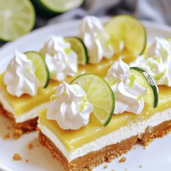 Für diese No Bake Key Lime Pie Cheesecake Bars brauchst du: - 1 ½ Tassen Graham Cracker Brösel - ⅓ Tasse Kristallzucker - ½ Tasse ungesalzene Butter, geschmolzen - 16 oz Frischkäse, weich - 1 Tasse Puderzucker - ½ Tasse saure Sahne - 1 Esslöffel Limettenschale - ½ Tasse frischer Limettensaft (ca. 4-5 Limetten) - 1 Teelöffel Vanilleextrakt - 1 Tasse Schlagsahne Diese Zutaten sind wichtig für den frischen, cremigen Geschmack. Die Mischung aus Limette und Frischkäse bringt den perfekten Genuss. Achte darauf, dass der Frischkäse wirklich weich ist. So wird die Füllung schön cremig. Verwende frische Limetten für den besten Geschmack. Der frische Limettensaft ist der Schlüssel zu diesem Rezept. Die Schlagsahne sollte kalt sein, damit sie beim Schlagen gut aufgeht. Wenn du die richtige Konsistenz erhältst, wird die Füllung luftig und leicht. Falls du keine Graham Cracker hast, kannst du Kekse wie Digestive oder Butterkekse verwenden. Diese geben auch einen tollen Geschmack. Für eine leichtere Variante kannst du griechischen Joghurt anstelle von saurer Sahne nutzen. Das gibt eine schöne Frische. Wenn du eine vegane Option suchst, gibt es pflanzliche Frischkäse-Marken. Diese sind meist cremig genug für die Füllung. Mit diesen Zutaten und Tipps machst du dir leckere Cheesecake Bars, die jeder liebt! Um den Boden für die Cheesecake-Riegel zu machen, mische zuerst die Graham Cracker Brösel, den Kristallzucker und die geschmolzene Butter in einer großen Schüssel. Du willst eine sandige Textur bekommen. Nach dem Mischen drücke die Mischung gleichmäßig in eine 9x9-Zoll Backform. Nutze den Boden eines Messbechers, um alles festzudrücken. Stelle die Form für eine Weile in den Kühlschrank. So wird der Boden stabil und bereit für die Füllung. Jetzt ist es Zeit für die Füllung! Nimm die große Schüssel und schlage den weichen Frischkäse mit einem Handrührgerät cremig. Füge nach und nach den Puderzucker, die saure Sahne, die Limettenschale, den Limettensaft und den Vanilleextrakt hinzu. Mische alles gut, bis es eine glatte und cremige Konsistenz hat. In einer separaten Schüssel schlage die Schlagsahne, bis sich steife Spitzen bilden. Diese Sahne wird deiner Füllung eine tolle Luftigkeit geben. Hebe die geschlagene Sahne vorsichtig unter die Frischkäse-Mischung. So bleibt die Füllung leicht und fluffig. Gieße die fertige Cheesecake-Füllung gleichmäßig über den gekühlten Graham Cracker Boden. Streiche die Oberfläche glatt. Decke die Form mit Frischhaltefolie ab und stelle sie für mindestens 4 Stunden in den Kühlschrank. Das Kühlen macht die Riegel fest und bereit zum Servieren. Nach dem Kühlen schneide die Riegel in Stücke. Du kannst sie mit zusätzlicher Limettenschale oder einem Klecks Schlagsahne garnieren, um sie noch schöner zu machen. Um eine tolle Textur zu erzielen, müssen die Zutaten gut gemischt werden. Achte darauf, dass der Frischkäse weich ist. So kannst du ihn leicht cremig schlagen. Beim Hinzufügen der Schlagsahne, hebe sie vorsichtig unter. Das bewahrt die Luftigkeit und macht die Füllung fluffig. Ein häufiger Fehler ist, die Füllung nicht lange genug zu kühlen. Lass die Bars mindestens vier Stunden im Kühlschrank. So werden sie fest und lassen sich gut schneiden. Ein anderer Fehler ist, die Mischung zu stark zu schlagen. Dadurch wird die Füllung schwer und nicht so leicht. Serviere die Cheesecake-Riegel auf weißen Tellern. Das lässt die Farben strahlen. Garniere sie mit Limettenscheiben und einem Klecks Schlagsahne. Das bringt Frische und sieht toll aus. Du kannst auch frische Minze hinzufügen, um einen zusätzlichen Farbpunkt zu setzen. {{image_4}} Die No Bake Key Lime Pie Cheesecake Bars sind vielseitig. Du kannst verschiedene Aromen ausprobieren. Statt Limette kannst du z.B. Zitrone oder Orange nutzen. Diese Zitrusfrüchte verleihen einen frischen Geschmack. Für Schokoladenliebhaber ist Schokoladen- oder Karamellgeschmack eine tolle Abwechslung. Mische einfach etwas Kakaopulver in die Füllung oder füge Karamellsauce hinzu. Diese Variationen machen das Dessert spannend und einzigartig. Wenn du Allergien hast, kannst du die Bars leicht anpassen. Verwende glutenfreie Graham Cracker für eine glutenfreie Option. Anstelle von Frischkäse gibt es viele pflanzliche Alternativen. Diese sind oft aus Nüssen oder Soja gemacht. Achte darauf, dass die pflanzlichen Produkte ungesüßt sind, um den Geschmack nicht zu beeinflussen. Auch die Schlagsahne kann durch Kokoscreme ersetzt werden. So bleibt das Dessert lecker und für alle geeignet. Toppings machen die Bars noch besser. Frische Früchte sind eine tolle Wahl. Limettenscheiben oder Beeren wie Erdbeeren oder Himbeeren passen perfekt. Du kannst auch geröstete Kokosraspeln verwenden. Diese geben einen tollen Crunch. Für einen besonderen Kick kannst du gehackte Nüsse oder Schokoladensplitter hinzufügen. So kannst du die Bars ganz nach deinem Geschmack gestalten. Um die Frische deiner No Bake Key Lime Pie Cheesecake Bars zu bewahren, lagere sie im Kühlschrank. Verwende eine luftdichte Box oder decke die Form mit Frischhaltefolie ab. So bleibt die Creme fest und die Kruste knusprig. Im Kühlschrank sind die Cheesecake-Riegel bis zu 5 Tage haltbar. Achte darauf, die Riegel gut abzudecken. So vermeiden sie, dass sie Gerüche von anderen Lebensmitteln aufnehmen. Du kannst die Cheesecake-Riegel auch einfrieren. Schneide sie in Stücke und lege sie in einen gefrierfesten Beutel. Sie halten bis zu 3 Monate im Gefrierfach. Um sie aufzutauen, lege die Riegel einfach über Nacht in den Kühlschrank. So bleiben sie frisch und lecker. Die No Bake Key Lime Pie Cheesecake Bars sind im Kühlschrank bis zu 5 Tage haltbar. Stelle sicher, dass sie in einem luftdichten Behälter aufbewahrt werden. So bleiben sie frisch und lecker. Wenn du sie länger aufbewahren möchtest, kannst du die Bars auch einfrieren. Bei richtiger Lagerung halten sie bis zu 3 Monate im Gefrierfach. Ja, du kannst die Bars einen Tag im Voraus zubereiten. Das gibt ihnen Zeit, um gut durchzukühlen und die Aromen zu entwickeln. Bereite sie einfach wie im Rezept beschrieben vor und lasse sie bis zum Servieren im Kühlschrank. So sparst du Zeit und kannst deine Gäste beeindrucken. Ja, du kannst eine vegane Version der Bars machen. Verwende vegane Butter und einen pflanzlichen Frischkäse. Für die saure Sahne kannst du eine Mischung aus Cashew-Creme und Zitronensaft verwenden. Diese Alternativen geben dir den gleichen tollen Geschmack, ohne tierische Produkte zu nutzen. Probiere es aus und entdecke neue Geschmäcker! Du hast nun alle wichtigen Schritte für die No Bake Key Lime Pie Cheesecake Bars entdeckt. Wir haben die Zutaten, die Zubereitung, Tipps und Varianten behandelt. Denke daran, die frischen Zutaten gut zu lagern. Achte darauf, typische Fehler zu vermeiden und genieße die Bars mit deinen eigenen Toppings. Du kannst sie im Kühlschrank aufbewahren oder einfrieren. Probiere unterschiedliche Geschmäcker aus, um neue Lieblingsvarianten zu finden. Viel Spaß beim Zubereiten und Genießen Deiner leckeren Bars!