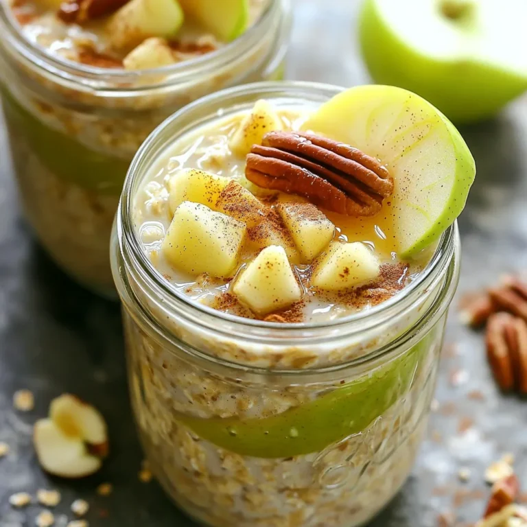 Für dieses Rezept braucht man nur einige einfache Zutaten. Hier sind die Hauptzutaten: - 1 Tasse Haferflocken (gerollt) - 1 ½ Tassen ungesüßte Mandelmilch (oder Milch deiner Wahl) - 1 mittelgroßer Apfel, gewürfelt (vorzugsweise Granny Smith) - 1 Esslöffel Ahornsirup (nach Geschmack anpassen) - 1 Teelöffel Zimt - ¼ Teelöffel Muskatnuss - 2 Esslöffel griechischer Joghurt (optional für Cremigkeit) - 1 Esslöffel Chiasamen - ¼ Tasse Pekannüsse oder Walnüsse, grob gehackt (für zusätzlichen Crunch) Diese Zutaten bringen den Geschmack von Apfelkuchen direkt in deine Schüssel. Die Haferflocken sorgen für eine gesunde Basis. Die Äpfel und Gewürze geben das süße Aroma und den tollen Geschmack. Wenn du keine ungesüßte Mandelmilch hast, kannst du jede andere Milch verwenden. Hier sind einige Optionen: - Sojamilch - Kokosmilch - Hafermilch Du kannst auch verschiedene Süßungsmittel nutzen. Honig oder Agavendicksaft sind gute Alternativen zu Ahornsirup. Wenn du keine Chiasamen magst, kannst du sie einfach weglassen oder durch Leinsamen ersetzen. Die Garnierung macht dein Gericht noch besser. Hier sind einige tolle Ideen: - Frische Apfelscheiben - Ein Spritzer Zimt - Zusätzliche Nüsse für den Crunch - Ein Klecks griechischer Joghurt Diese Toppings verleihen den Apfelkuchen Übernacht Haferflocken eine schöne Note und das perfekte Aussehen. Experimentiere mit verschiedenen Kombinationen, um deinen Favoriten zu finden! Um die Haferflockenmischung zuzubereiten, nimm zuerst eine große Schüssel. Füge 1 Tasse gerollte Haferflocken hinzu. Gieße dann 1 ½ Tassen ungesüßte Mandelmilch dazu. Wenn du keine Mandelmilch magst, kannst du jede andere Milch verwenden. Jetzt ist es Zeit, 1 Esslöffel Ahornsirup hinzuzufügen. Dieser gibt den Haferflocken eine süße Note. Streue 1 Teelöffel Zimt und ¼ Teelöffel Muskatnuss hinein. Rühre alles gut um. Optional kannst du 2 Esslöffel griechischen Joghurt für mehr Cremigkeit hinzufügen. Füge schließlich 1 Esslöffel Chiasamen hinzu. Diese helfen, die Mischung zu verdicken. Jetzt kommt der spannende Teil. Nimm die gewürfelten Äpfel und ¼ Tasse gehackte Pekannüsse oder Walnüsse. Falte sie vorsichtig in die Mischung. Achte darauf, die Äpfel gleichmäßig zu verteilen. Danach fülle die Mischung in zwei Einmachgläser oder luftdichte Behälter. Verschließe die Gläser gut und stelle sie über Nacht in den Kühlschrank. Die Haferflocken brauchen Zeit, um die Flüssigkeit aufzusaugen und die Aromen zu verbinden. Lass sie mindestens 4 Stunden im Kühlschrank. Am Morgen öffne die Gläser und rühre die Haferflocken gut um. Wenn sie zu dick sind, füge einen Schuss Mandelmilch hinzu. Serviere die Übernacht-Haferflocken in Schalen. Garniere sie mit frischen Apfelscheiben und einem Spritzer Zimt. Du kannst auch mehr Nüsse oben drauf geben, wenn du magst. So wird jedes Frühstück zu einem Fest! Ein häufiger Fehler ist, zu viel Flüssigkeit zu verwenden. Die Haferflocken saugen die Flüssigkeit auf. Wenn es zu viel ist, wird die Mischung zu dünn. Verwende die angegebenen Maße für die Mandelmilch. Ein anderer Fehler ist, die Äpfel zu früh hinzuzufügen. Sie sollten erst kurz vor dem Kühlen in die Mischung kommen. So bleiben sie frisch und knackig. Die perfekte Konsistenz ist cremig, aber nicht zu flüssig. Wenn du die Haferflocken am Morgen rührst, schau, ob sie zu dick sind. Füge einfach einen Schuss Mandelmilch hinzu. Das hilft, die Mischung aufzulockern. Wenn du griechischen Joghurt verwendest, wird es noch cremiger. Die Vorbereitung ist schnell. Du brauchst nur 10 Minuten. Um Zeit zu sparen, bereite die Haferflocken am Abend vor. Stell sie dann einfach in den Kühlschrank. Du kannst auch eine größere Menge machen. So hast du mehrere Portionen für die Woche. Das ist praktisch für ein schnelles Frühstück! {{image_4}} Für eine glutenfreie Version nutze glutenfreie Haferflocken. Diese sind leicht erhältlich und gut im Geschmack. Achte darauf, dass die Haferflocken mit dem Glutenfrei-Siegel versehen sind. So vermeidest du Probleme mit Gluten. Du kannst auch die Nüsse ganz weglassen oder durch Sonnenblumenkerne ersetzen. So bleibt das Rezept glutenfrei und lecker. Um die Übernacht-Haferflocken vegan zu machen, ersetze die Milch durch Pflanzenmilch. Mandelmilch funktioniert perfekt, aber auch Hafer- oder Sojamilch sind gute Optionen. Lass den griechischen Joghurt einfach weg oder nutze veganen Joghurt. Das Rezept bleibt trotzdem cremig und voll im Geschmack ohne tierische Produkte. Du kannst das Grundrezept leicht abändern. Probiere andere Früchte wie Birnen oder Beeren. Füge zur Mischung auch Kokosraspeln oder Schokoladenstückchen hinzu. Für einen besonderen Kick kannst du auch etwas Vanilleextrakt einrühren. Experimentiere mit verschiedenen Nüssen oder Samen. So wird dein Apfelkuchen Übernacht Haferflocken jedes Mal neu und spannend. Um die Apfelkuchen Übernacht Haferflocken gut zu lagern, benutze luftdichte Behälter. Diese halten die Frische und den Geschmack. Du kannst die Haferflocken in Einmachgläsern oder anderen Behältern mit Deckel aufbewahren. Stelle sicher, dass du sie gut verschließt. Das hilft, dass keine Luft eindringt. Im Kühlschrank halten sich die Übernacht Haferflocken bis zu fünf Tage. Achte darauf, sie in der richtigen Temperatur zu lagern. Wenn sie länger stehen, können sie weich werden oder ihren Geschmack verlieren. Wenn du die Haferflocken an einem Tag zubereitest, sind sie am frischesten. Du kannst die Übernacht Haferflocken auch einfrieren. Fülle sie einfach in einen gefrierfesten Behälter. Sie halten sich bis zu drei Monate im Gefrierfach. Um sie wieder aufzutauen, lasse sie über Nacht im Kühlschrank. Du kannst sie auch kurz in der Mikrowelle erwärmen. Füge dann einen Schuss Mandelmilch hinzu, um die Konsistenz zu verbessern. So schmecken sie frisch zubereitet! Overnight Oats sind Haferflocken, die über Nacht in Flüssigkeit eingeweicht werden. Dadurch werden sie weich und cremig. Du kannst sie mit verschiedenen Zutaten wie Obst, Nüssen und Gewürzen anpassen. Diese Mischung ist einfach vorzubereiten und perfekt für ein schnelles Frühstück. Ja, du kannst die Haferflocken ohne Joghurt zubereiten. Der Joghurt macht die Mischung cremiger, aber du kannst ihn weglassen. Die Haferflocken werden trotzdem lecker. Du kannst die Menge an Mandelmilch erhöhen, um die Konsistenz zu verbessern. Die Apfelkuchen Übernacht Haferflocken halten sich im Kühlschrank bis zu fünf Tage. Stelle sicher, dass sie in einem luftdichten Behälter sind. Wenn du sie länger aufbewahren möchtest, kannst du sie auch einfrieren. Achte darauf, sie gut zu beschriften und das Datum zu notieren. Apfelkuchen Übernacht Haferflocken bieten eine leckere und gesunde Frühstücksoption. Wir haben die Hauptzutaten, Zubereitung, und Tipps für eine perfekte Konsistenz behandelt. Variationen machen das Rezept anpassbar für jeden Geschmack. Auch die Aufbewahrungsinformationen sind wichtig, damit du deine Haferflocken frisch hältst. Denke daran, bei der Zubereitung kreativ zu sein und neue Geschmäcker auszuprobieren. Mit diesen Tipps kannst du deinen Tag einfach und lecker starten.
