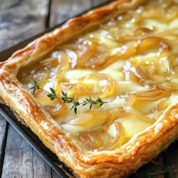 - 1 Blatt Blätterteig, aufgetaut - 3 große gelbe Zwiebeln, dünn geschnitten - 2 Esslöffel ungesalzene Butter - 1 Esslöffel Olivenöl - 1 Teelöffel Zucker - 1 Teelöffel frische Thymianblätter (oder ½ Teelöffel getrockneter Thymian) - Salz und Pfeffer nach Geschmack - 1 ½ Tassen geriebener Gruyère-Käse - 2 große Eier - ½ Tasse Schlagsahne - ¼ Teelöffel Muskatnuss (frisch gerieben, falls möglich) Die Hauptzutaten sind einfach zu finden. Blätterteig macht die Basis leicht und knusprig. Die Zwiebeln bringen eine süße Note, wenn sie karamellisiert sind. Gruyère-Käse hat einen tollen Geschmack und schmilzt perfekt. Eier und Sahne binden alles zusammen. - Tartform - Backpapier und Gewichte Das richtige Zubehör ist wichtig. Eine Tartform sorgt für die perfekte Form. Backpapier hilft, dass der Teig nicht klebt. Gewichte sind nötig, um den Teig gleichmäßig zu backen. - Portionsgröße: 6-8 Portionen Die Tarte ist ideal für eine kleine Gruppe. Sie eignet sich gut für ein Abendessen oder einen Brunch. Jeder wird von dem Geschmack begeistert sein. Heize deinen Ofen auf 200°C vor. Nimm das Blatt Blätterteig und rolle es auf einer leicht bemehlten Fläche aus. Der Teig sollte groß genug sein, um in eine 23 cm große Tartform zu passen. Lege den Teig in die Form und schneide die Ränder ab. Steche den Boden mit einer Gabel ein, um Blasen zu vermeiden. Lege Backpapier auf den Teig und fülle die Form mit Backgewichten oder getrockneten Bohnen. Backe das Ganze 15 Minuten lang, bis der Teig leicht goldbraun ist. Entferne die Gewichte und lasse den Boden abkühlen. In einer großen Pfanne erhitze 2 Esslöffel Butter und 1 Esslöffel Olivenöl bei mittlerer Hitze. Füge die 3 dünn geschnittenen Zwiebeln, 1 Teelöffel Zucker und frische Thymianblätter hinzu. Würze mit Salz und Pfeffer. Koche die Mischung unter häufigem Rühren für etwa 25 bis 30 Minuten. Die Zwiebeln sollten goldbraun und süß sein. Dies ist der Schlüssel für einen tollen Geschmack. In einer Schüssel mische 2 große Eier, ½ Tasse Schlagsahne, und eine Prise Muskatnuss. Rühre auch eine Prise Salz und Pfeffer unter. Füge den geriebenen Gruyère-Käse und die karamellisierten Zwiebeln hinzu. Rühre alles gut um, bis es gemischt ist. Gieße die Füllung in den vorgebackenen Teig. Backe die Tarte dann für 25 bis 30 Minuten. Die Füllung sollte fest und die Oberseite goldbraun sein. Um Zwiebeln perfekt zu karamellisieren, achte auf die Hitze. Zu hohe Hitze verbrennt die Zwiebeln. Halte die Temperatur auf mittel. Rühre die Zwiebeln oft, damit sie gleichmäßig garen. Füge Zucker hinzu, um den Karamellgeschmack zu verstärken. Der Zucker hilft, die süße Note herauszuholen. Geduld ist wichtig. Lass die Zwiebeln für 25 bis 30 Minuten garen. So erhalten sie eine schöne goldbraune Farbe. Das Abkühlen der Tarte ist wichtig. Wenn du sie sofort anschneidest, läuft die Füllung aus. Lass sie etwa 10 Minuten ruhen. So setzt die Füllung sich und wird stabil. Das gibt dir schönere Stücke beim Servieren. Außerdem schmeckt die Tarte nach dem Abkühlen besser. Die Aromen verbinden sich und werden intensiver. Für die Präsentation kannst du frische Thymianblätter verwenden. Sie geben Farbe und frischen Geschmack. Ein Spritzer Olivenöl macht die Tarte noch ansprechender. Serviere sie dazu mit einem einfachen grünen Salat. Der Salat sorgt für einen schönen Kontrast und frische. Achte darauf, die Tarte warm zu servieren, damit sie am besten schmeckt. {{image_4}} Sie können die Füllung der Tarte ganz einfach variieren. Fügen Sie zum Beispiel Spinat oder Pilze hinzu. Diese Gemüsesorten passen gut zu den Zwiebeln und dem Käse. Sie bringen frische Aromen und zusätzliche Nährstoffe. Einfach die Zwiebeln wie im Rezept karamellisieren und dann das Gemüse mit anbraten. So wird die Füllung noch leckerer. Gruyère ist köstlich, aber andere Käsesorten sind auch möglich. Versuchen Sie Emmentaler oder Cheddar. Diese Käsesorten geben einen anderen Geschmack und Schmelz. Mischen Sie verschiedene Käsesorten für mehr Tiefe. Experimentieren Sie mit Ihren Favoriten und finden Sie den perfekten Käse für Ihre Tarte. Wenn Sie eine glutenfreie Tarte wünschen, gibt es tolle Alternativen für den Blätterteig. Verwenden Sie glutenfreien Teig aus dem Supermarkt. Eine andere Möglichkeit ist, selbst einen Teig aus Mandeln oder Kokosmehl zu machen. Diese Optionen sind einfach und lecker. Achten Sie darauf, die Füllung gut zu würzen, um den Geschmack zu verbessern. Um die Tarte frisch zu halten, kühlen Sie sie nach dem Abkühlen. Wickeln Sie die Tarte in Frischhaltefolie. Legen Sie sie dann in den Kühlschrank. So bleibt sie bis zu drei Tage gut. Der Geschmack bleibt intensiv und die Textur bleibt angenehm. Wenn Sie die Tarte länger aufbewahren wollen, frieren Sie sie ein. Lassen Sie die Tarte vollständig abkühlen. Wickeln Sie sie fest in Frischhaltefolie und dann in Alufolie. So bleibt sie bis zu drei Monate frisch. Denken Sie daran, die Tarte vor dem Einfrieren zu schneiden. So können Sie leicht Portionen entnehmen. Um die Reste aufzuwärmen, heizen Sie den Ofen auf 180°C vor. Legen Sie die Tarte auf ein Backblech. Decken Sie sie mit Alufolie ab, damit sie nicht austrocknet. Backen Sie die Tarte für etwa 15-20 Minuten. So wird sie schön warm und knusprig. Alternativ können Sie auch die Mikrowelle verwenden. Stellen Sie die Tarte in eine mikrowellengeeignete Schüssel und erwärmen Sie sie in kurzen Intervallen. Die Tarte hält sich im Kühlschrank etwa 3 bis 4 Tage. Für die beste Qualität, decken Sie die Tarte ab. Nutzen Sie Frischhaltefolie oder einen luftdichten Behälter. So bleibt sie frisch und lecker. - Tipp: Wenn Sie die Tarte länger aufbewahren möchten, frieren Sie sie ein. So bleibt sie bis zu 2 Monate gut. Ja, Sie können die Tarte im Voraus machen. Bereiten Sie die Füllung und den Teig separat vor. Lagern Sie den Teig im Kühlschrank für bis zu 2 Tage. - Vorbereitungsoptionen: Sie können die Füllung auch 1 Tag vorher machen. Lagern Sie sie in einem luftdichten Behälter. - Lagerung: Wenn Sie die Tarte vorbacken, lassen Sie sie abkühlen. Wickeln Sie sie dann gut ein und lagern Sie sie im Kühlschrank. Die Tarte schmeckt toll mit einem frischen grünen Salat. Ein einfacher Salat mit Vinaigrette passt gut. - Empfehlungen für Kombinationen: Sie können auch eine Tomatensuppe dazu servieren. Die Kombination von warmem Brot und dieser Tarte ist ebenfalls lecker. - Beilagen: Servieren Sie die Tarte mit etwas zusätzlichen frischen Kräutern für den Geschmack. Ein leichter Spritzer Olivenöl macht das Gericht noch besser. Die Gruyère-Tarte ist einfach zuzubereiten und sehr vielseitig. Sie besteht aus Blätterteig, Zwiebeln, Gewürzen und Käse. Der Schritt-für-Schritt-Prozess macht das Backen leicht. Mit einigen Tipps zur Karamellisierung und Präsentation wird die Tarte noch besser. Denk an Variationen bei Gemüse und Käse für mehr Abwechslung. Richtig gelagert, bleibt die Tarte frisch und lecker. Mit diesen Tricks und Informationen kannst du die perfekte Tarte kreieren und genießen. Lass deiner Kreativität freien Lauf!