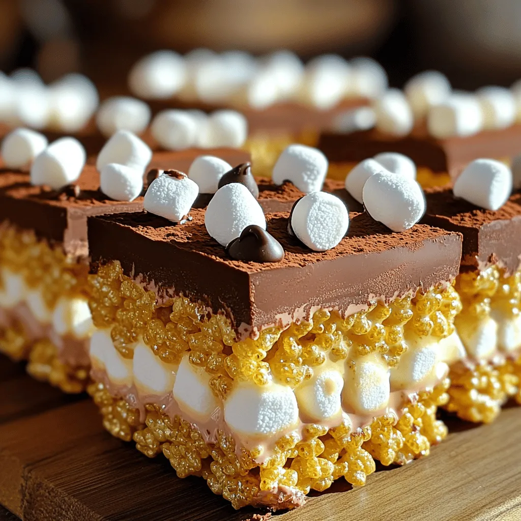 Für diese leckeren Treats brauchst du folgende Zutaten: - 3 Tassen Rice Krispies-Getreide - 2 Tassen Mini-Marshmallows - 1 Tasse zerbröselte Graham-Cracker - 1 Tasse Schokoladenstückchen - 1/2 Tasse ungesüßtes Kakaopulver - 4 Esslöffel ungesalzene Butter - 1 Teelöffel Vanilleextrakt - Eine Prise Salz - Zusätzliche Mini-Marshmallows und Schokoladenstückchen zum Garnieren Diese Zutaten machen die Treats so besonders. Die Rice Krispies sorgen für den Crunch, während die Marshmallows und Schokolade die Süße bringen. Graham-Cracker fügen eine tolle Textur hinzu. Falls du einige Zutaten nicht hast, gibt es gute Alternativen: - Verwende Cornflakes statt Rice Krispies für einen anderen Crunch. - Nutze vegane Butter, wenn du eine pflanzliche Option suchst. - Ersetze Schokoladenstückchen durch weiße Schokolade oder Erdnussbutterstückchen. - Statt Vanilleextrakt kannst du Mandel- oder Karamell-Aroma verwenden. Diese Alternativen helfen dir, die Treats an deine Vorlieben anzupassen. Um die No-Bake S’mores Rice Krispie Treats zu machen, benötigst du: - Einen großen Topf - Einen Spatel oder einen Löffel zum Rühren - Eine 20x20 cm große Backform - Backpapier, um die Form auszulegen Diese Utensilien sind einfach zu finden und machen die Zubereitung leicht. Mit diesen Geräten bist du bereit, köstliche Treats zu kreieren. Zuerst stelle alle Zutaten bereit. Du brauchst: - 3 Tassen Rice Krispies-Getreide - 2 Tassen Mini-Marshmallows - 1 Tasse zerbröselte Graham-Cracker - 1 Tasse Schokoladenstückchen - 1/2 Tasse ungesüßtes Kakaopulver - 4 Esslöffel ungesalzene Butter - 1 Teelöffel Vanilleextrakt - Eine Prise Salz - Zusätzliche Mini-Marshmallows und Schokoladenstückchen zum Garnieren Sammle auch deine Utensilien: einen großen Topf, eine Backform und einen Spatel. Erhitze den großen Topf bei schwacher Hitze. Gib die Butter hinein und lasse sie schmelzen. Rühre regelmäßig um, damit die Butter nicht anbrennt. Sobald die Butter geschmolzen ist, füge die Mini-Marshmallows hinzu. Rühre weiter, bis die Marshmallows ganz geschmolzen sind. Nimm den Topf vom Herd. Mische den Vanilleextrakt und die Prise Salz ein. Jetzt kommt das Kakaopulver. Füge es nach und nach hinzu und rühre gut um, bis es gleichmäßig verteilt ist. Jetzt gib die Rice Krispies und die zerbröselten Graham-Cracker in die Mischung. Rühre alles gut um, bis die trockenen Zutaten gleichmäßig bedeckt sind. Dann hebe vorsichtig die Schokoladenstückchen unter. Das sorgt für einen leckeren Schmelz. Bereite die Backform vor, indem du sie mit Backpapier auslegst. Lass das Papier etwas überstehen, das hilft beim Herausnehmen. Gieße die Mischung in die Form und drücke sie fest mit einem Spatel oder deinen Händen an. Streue zusätzliche Mini-Marshmallows und Schokoladenstückchen darauf. Lass die Mischung mindestens 30 Minuten bei Raumtemperatur ruhen, damit sie fest wird. Schließlich schneide sie in Quadrate oder Riegel. Bei der Zubereitung von No-Bake S’mores Rice Krispie Treats passieren oft Fehler. Ein häufiges Problem ist, dass die Marshmallows zu heiß erhitzt werden. Dies führt zu einer zähen Masse. Rühren Sie ständig und verwenden Sie niedrige Hitze. Achten Sie darauf, dass die Mischung nicht zu trocken wird. Wenn Sie zu viele Rice Krispies hinzufügen, wird es bröckelig. Halten Sie sich an die Mengenangaben im Rezept. Um den Geschmack zu intensivieren, nutzen Sie hochwertige Schokoladenstückchen. Diese sorgen für einen reichhaltigen Schokoladengeschmack. Fügen Sie auch eine Prise Zimt hinzu. Dieser kleine Trick gibt der Mischung eine warme Note. Wenn Sie die Graham-Cracker zerbröseln, verwenden Sie frische. Dies verbessert die Textur und den Geschmack. Die richtige Konsistenz ist entscheidend für gelungene Treats. Achten Sie darauf, die Mischung gut zu pressen. Verwenden Sie einen Spatel oder Ihre Hände. Wenn die Mischung zu locker ist, zerfällt sie leicht. Lassen Sie die Mischung mindestens 30 Minuten ruhen, bevor Sie sie schneiden. Dies gibt ihr Zeit, um fest zu werden. Wenn Sie es in den Kühlschrank stellen, wird es fester. {{image_4}} Du kannst diese Leckerei leicht glutenfrei machen. Verwende glutenfreie Graham-Cracker. Achte darauf, dass die Schokoladenstückchen und die Rice Krispies ebenfalls glutenfrei sind. So bleibt der Genuss ohne Gluten erhalten, und alle können mitessen. Wenn du mehr Geschmack hinzufügen möchtest, probiere Erdnussbutter oder Mandelbutter. Mische zwei Esslöffel in die geschmolzenen Marshmallows. Das gibt einen köstlichen, nussigen Geschmack. Auch eine Prise Zimt kann die Aromen intensivieren. Für Schokoladenliebhaber sind Schokoladenstückchen mit verschiedenen Sorten ein echter Hit. Dunkle Schokolade oder weiße Schokolade bieten tolle Variationen. Im Herbst kannst du Kürbiskerne hinzufügen. Sie bringen einen knackigen Biss und passen gut zu den süßen Aromen. Im Winter sind Minzschokoladenstückchen eine tolle Idee. Sie bringen einen frischen, kühlen Geschmack. Im Sommer kannst du frische Beeren wie Himbeeren oder Erdbeeren unter die Mischung heben. Das verleiht den Treats eine fruchtige Note und eine schöne Farbe. Um deine No-Bake S’mores Rice Krispie Treats frisch zu halten, lege sie in einen luftdichten Behälter. Achte darauf, die Riegel nicht übereinander zu stapeln, um Brüche zu vermeiden. Du kannst auch Backpapier zwischen die Schichten legen. Stelle den Behälter an einen kühlen, trockenen Ort. So bleiben die Treats weich und lecker. Die Treats halten sich bei richtiger Lagerung etwa eine Woche. Nach dieser Zeit können sie trocken werden. Wenn du sie länger aufbewahren möchtest, ist das Einfrieren eine gute Option. Überprüfe die Treats vor dem Verzehr immer auf Anzeichen von Verderb. Um die Treats einzufrieren, schneide sie zuerst in Stücke. Wickele jedes Stück in Frischhaltefolie und lege sie in einen luftdichten Behälter. So bleiben sie bis zu drei Monate frisch. Um sie zu genießen, lasse sie einfach bei Raumtemperatur auftauen. Sie schmecken auch leicht gefroren sehr gut. Ja, du kannst die Treats vegan machen. Verwende pflanzliche Butter und vegane Marshmallows. Achte darauf, dass die Schokoladenstückchen ebenfalls vegan sind. Es gibt viele tolle Marken, die das anbieten. So kannst du alle leckeren Aromen genießen, ohne tierische Produkte zu verwenden. Die Treats brauchen mindestens 30 Minuten, um fest zu werden. Lass sie einfach bei Raumtemperatur ruhen. Wenn du es eilig hast, kannst du sie auch in den Kühlschrank stellen. So werden sie schneller fest. Ja, du kannst die Schokoladenstückchen weglassen, wenn du magst. Aber sie fügen viel Geschmack hinzu. Du kannst auch andere Zutaten verwenden, wie Erdnussbutter oder Nüsse. So bleibt die Mischung interessant und lecker. In diesem Artikel haben wir die Zutaten und die Schritt-für-Schritt-Anleitung für No-Bake S’mores Rice Krispie Treats behandelt. Ich gab Tipps, um häufige Fehler zu vermeiden und die perfekte Konsistenz zu erreichen. Während Variationen und Lagerinformationen Ihnen helfen, kreativ zu werden, klären die FAQs wichtige Fragen. Mit diesen einfachen Regeln können Sie leckere Treats machen, die jeder liebt. Viel Spaß beim Ausprobieren!