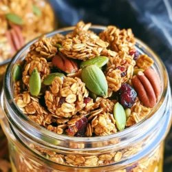 Für die Kürbisgewürz-Granola-Clustern benötigst du folgende Zutaten: - 2 Tassen Haferflocken (rollend) - 1 Tasse Kürbiskerne - 1/2 Tasse gehackte Pekannüsse - 1/2 Tasse Honig oder Ahornsirup - 1/2 Tasse ungesüßtes Kürbispüree - 1/4 Tasse Kokosöl, geschmolzen - 2 Teelöffel Kürbiskuchengewürz - 1/2 Teelöffel Vanilleextrakt - 1/4 Teelöffel Meersalz - 1/2 Tasse getrocknete Cranberries oder Rosinen (optional) Jede Zutat hat ihren eigenen Wert. Die Haferflocken geben Struktur. Kürbiskerne sorgen für einen schönen Crunch. Pekannüsse geben einen nussigen Geschmack. Honig oder Ahornsirup süßen die Mischung. Kürbispüree bringt den tollen Kürbisgeschmack. Kokosöl macht es reichhaltig. Die Gewürze fügen Wärme hinzu und die getrockneten Früchte bringen eine frische Note. Die Nährwerte sind wichtig, wenn du auf deine Ernährung achtest. Hier einige Punkte: - Haferflocken: Vollgepackt mit Ballaststoffen, gut für die Verdauung. - Kürbiskerne: Reich an Magnesium und Zink, gut für die Gesundheit. - Pekannüsse: Enthalten gesunde Fette und Antioxidantien. - Honig/Ahornsirup: Natürliche Süßstoffe, die weniger verarbeitet sind. - Kürbispüree: Niedriger Kaloriengehalt und reich an Vitaminen. - Kokosöl: Gesunde Fette, die Energie geben. - Kürbiskuchengewürz: Eine Mischung aus Gewürzen, die gut für den Stoffwechsel ist. - Cranberries/Rosinen: Fügen Vitamine und Antioxidantien hinzu. Du kannst viele Zutaten anpassen. Hier sind einige Ideen: - Nüsse: Verwende Mandeln oder Walnüsse anstelle von Pekannüssen. - Süßungsmittel: Ersetze Honig durch Agavendicksaft für eine vegane Option. - Öl: Verwende Sonnenblumenöl, wenn du kein Kokosöl magst. - Früchte: Füge getrocknete Aprikosen oder Äpfel hinzu, wenn du keine Cranberries magst. Diese Anpassungen machen das Rezept flexibel. Probiere verschiedene Kombinationen aus, um deinen perfekten Geschmack zu finden! Zuerst heize ich den Ofen auf 175°C vor. Ich lege ein Backblech mit Backpapier aus. Das verhindert, dass das Granola kleben bleibt. Dann nehme ich eine große Schüssel. Dort gebe ich die Haferflocken, Kürbiskerne und die gehackten Pekannüsse. Ich vermische sie gut. In einer anderen Schüssel kombiniere ich den Honig oder Ahornsirup mit dem Kürbispüree. Ich füge das geschmolzene Kokosöl, das Kürbiskuchengewürz, den Vanilleextrakt und das Meersalz hinzu. Ich rühre alles kräftig um, bis es gut vermischt ist. Ich gieße nun die feuchte Mischung über die trockenen Zutaten. Es ist wichtig, alles gut zu vermengen. Danach verteile ich die Mischung gleichmäßig auf dem Backblech. Ich drücke die Mischung fest zusammen, um eine kompakte Schicht zu bilden. Jetzt backe ich alles für 25 bis 30 Minuten. Die Granola-Clustern sollten goldbraun sein. Ich wende das Backblech nach der Hälfte der Zeit, damit alles gleichmäßig bräunt. Sobald die Granola fertig sind, nehme ich das Blech aus dem Ofen. Ich lasse sie bei Raumtemperatur vollständig abkühlen. Beim Abkühlen werden sie fester. Danach breche ich das Granola in Clustern auseinander. Wenn ich möchte, füge ich jetzt die getrockneten Cranberries oder Rosinen hinzu. Ich bewahre die Granola-Clustern in einem luftdichten Behälter auf. Sie bleiben so bis zu zwei Wochen frisch. Ein Fehler, den viele machen, ist, die Mischung nicht fest genug zusammenzudrücken. Wenn die Mischung locker ist, zerfällt das Granola leicht. Drücke die Mischung gut auf das Backblech. Achte darauf, die Backzeit nicht zu überschreiten. Wenn das Granola zu lange im Ofen bleibt, wird es hart. Um den Geschmack zu verbessern, experimentiere mit verschiedenen Nüssen. Mandeln oder Walnüsse passen gut dazu. Du kannst auch die Süße anpassen, indem du mehr Honig oder Ahornsirup hinzufügst. Für mehr Würze, erhöhe die Menge an Kürbiskuchengewürz. Das gibt dem Granola einen tollen Geschmack. Ein gutes Backblech ist wichtig. Es sollte antihaftbeschichtet sein oder mit Backpapier ausgelegt werden. Eine große Schüssel hilft beim Mischen der Zutaten. Ein Holzlöffel ist ideal, um alles gut zu vermengen. Ein luftdichter Behälter hält die Granola-Clustern frisch. {{image_4}} Für mehr Crunch können Sie verschiedene Nüsse und Samen verwenden. Mandeln, Walnüsse oder Sonnenblumenkerne sind tolle Optionen. Diese Zutaten bringen neue Texturen und Geschmäcker. Experimentieren Sie mit verschiedenen Kombinationen, um Ihren Favoriten zu finden. Denken Sie daran, dass die Nüsse leicht geröstet werden sollten, um den Geschmack zu intensivieren. Honig und Ahornsirup geben Süße, aber Sie können auch andere Süßungsmittel ausprobieren. Kokosblütenzucker ist eine gesunde Wahl. Für mehr Geschmack können Sie auch Zimt oder Muskat hinzufügen. Diese Gewürze passen gut zu Kürbis und bringen eine warme Note. Achten Sie darauf, die Menge anzupassen, damit die Mischung nicht zu süß wird. Im Herbst ist Kürbisgewürz perfekt. Im Frühling können Sie Obst wie Äpfel oder Erdbeeren hinzufügen. Diese frischen Zutaten bringen Farbe und Geschmack. Für den Sommer probieren Sie tropische Früchte wie Mango oder Ananas. Diese Anpassungen machen Ihr Granola zu jeder Jahreszeit einzigartig und lecker. Um die frische der Granola zu bewahren, benutze einen luftdichten Behälter. Lagere ihn bei Zimmertemperatur. So bleibt das Granola knusprig und lecker. Vermeide feuchte Orte, da sie das Granola weich machen können. Die Kürbisgewürz-Granola-Clustern halten sich bis zu zwei Wochen. Sie bleiben frisch, wenn du sie richtig lagerst. Du kannst das Granola auch einfrieren. Fülle es in einen gefrierfesten Beutel oder Behälter. Im Gefrierschrank bleibt es bis zu drei Monate gut. Falls du Reste hast, verwende sie kreativ. Streue das Granola über Joghurt oder Obst. Du kannst es auch in Muffins oder Pfannkuchen mischen. So gibst du deinem Frühstück eine besondere Note. Die Zubereitung der Kürbisgewürz-Granola-Clustern dauert insgesamt etwa 40 Minuten. Davon benötigen Sie nur 10 Minuten für die Vorbereitung. Die Backzeit beträgt 25 bis 30 Minuten. Diese Zeit reicht, um die perfekte Textur und den goldbraunen Farbton zu erreichen. Ja, Sie können das Rezept im Voraus zubereiten. Die Granola-Clustern bleiben bis zu zwei Wochen frisch, wenn Sie sie in einem luftdichten Behälter aufbewahren. So haben Sie immer einen leckeren Snack oder Frühstück zur Hand. Kürbisgewürz-Granola-Clustern können Sie in vielen Supermärkten finden. Schauen Sie in der Snack-Abteilung oder der Müsli-Ecke nach. Wenn Sie eine besondere Marke suchen, können Sie auch online nachsehen. Kürbisgewürz-Granola ist einfach zuzubereiten und bietet viele Variationen. Wir haben die Hauptzutaten, Nährwerte und Tipps zur Zubereitung besprochen. Die perfekte Lagerung sorgt für Frische. Halte dich an die Anweisungen, um Fehler zu vermeiden. Deine Clustern können vielfältig angepasst werden, um jeden Geschmack zu treffen. Denke daran, dass auch übrig gebliebenes Granola in anderen Snacks genutzt werden kann. Experimentiere und finde deinen eigenen Stil bei diesem leckeren Rezept!