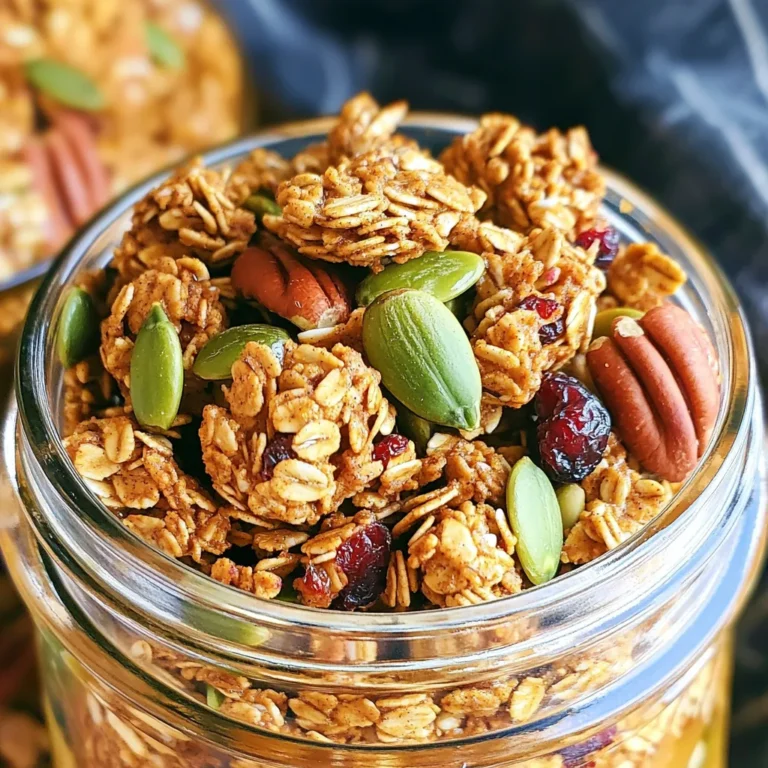 Für die Kürbisgewürz-Granola-Clustern benötigst du folgende Zutaten: - 2 Tassen Haferflocken (rollend) - 1 Tasse Kürbiskerne - 1/2 Tasse gehackte Pekannüsse - 1/2 Tasse Honig oder Ahornsirup - 1/2 Tasse ungesüßtes Kürbispüree - 1/4 Tasse Kokosöl, geschmolzen - 2 Teelöffel Kürbiskuchengewürz - 1/2 Teelöffel Vanilleextrakt - 1/4 Teelöffel Meersalz - 1/2 Tasse getrocknete Cranberries oder Rosinen (optional) Jede Zutat hat ihren eigenen Wert. Die Haferflocken geben Struktur. Kürbiskerne sorgen für einen schönen Crunch. Pekannüsse geben einen nussigen Geschmack. Honig oder Ahornsirup süßen die Mischung. Kürbispüree bringt den tollen Kürbisgeschmack. Kokosöl macht es reichhaltig. Die Gewürze fügen Wärme hinzu und die getrockneten Früchte bringen eine frische Note. Die Nährwerte sind wichtig, wenn du auf deine Ernährung achtest. Hier einige Punkte: - Haferflocken: Vollgepackt mit Ballaststoffen, gut für die Verdauung. - Kürbiskerne: Reich an Magnesium und Zink, gut für die Gesundheit. - Pekannüsse: Enthalten gesunde Fette und Antioxidantien. - Honig/Ahornsirup: Natürliche Süßstoffe, die weniger verarbeitet sind. - Kürbispüree: Niedriger Kaloriengehalt und reich an Vitaminen. - Kokosöl: Gesunde Fette, die Energie geben. - Kürbiskuchengewürz: Eine Mischung aus Gewürzen, die gut für den Stoffwechsel ist. - Cranberries/Rosinen: Fügen Vitamine und Antioxidantien hinzu. Du kannst viele Zutaten anpassen. Hier sind einige Ideen: - Nüsse: Verwende Mandeln oder Walnüsse anstelle von Pekannüssen. - Süßungsmittel: Ersetze Honig durch Agavendicksaft für eine vegane Option. - Öl: Verwende Sonnenblumenöl, wenn du kein Kokosöl magst. - Früchte: Füge getrocknete Aprikosen oder Äpfel hinzu, wenn du keine Cranberries magst. Diese Anpassungen machen das Rezept flexibel. Probiere verschiedene Kombinationen aus, um deinen perfekten Geschmack zu finden! Zuerst heize ich den Ofen auf 175°C vor. Ich lege ein Backblech mit Backpapier aus. Das verhindert, dass das Granola kleben bleibt. Dann nehme ich eine große Schüssel. Dort gebe ich die Haferflocken, Kürbiskerne und die gehackten Pekannüsse. Ich vermische sie gut. In einer anderen Schüssel kombiniere ich den Honig oder Ahornsirup mit dem Kürbispüree. Ich füge das geschmolzene Kokosöl, das Kürbiskuchengewürz, den Vanilleextrakt und das Meersalz hinzu. Ich rühre alles kräftig um, bis es gut vermischt ist. Ich gieße nun die feuchte Mischung über die trockenen Zutaten. Es ist wichtig, alles gut zu vermengen. Danach verteile ich die Mischung gleichmäßig auf dem Backblech. Ich drücke die Mischung fest zusammen, um eine kompakte Schicht zu bilden. Jetzt backe ich alles für 25 bis 30 Minuten. Die Granola-Clustern sollten goldbraun sein. Ich wende das Backblech nach der Hälfte der Zeit, damit alles gleichmäßig bräunt. Sobald die Granola fertig sind, nehme ich das Blech aus dem Ofen. Ich lasse sie bei Raumtemperatur vollständig abkühlen. Beim Abkühlen werden sie fester. Danach breche ich das Granola in Clustern auseinander. Wenn ich möchte, füge ich jetzt die getrockneten Cranberries oder Rosinen hinzu. Ich bewahre die Granola-Clustern in einem luftdichten Behälter auf. Sie bleiben so bis zu zwei Wochen frisch. Ein Fehler, den viele machen, ist, die Mischung nicht fest genug zusammenzudrücken. Wenn die Mischung locker ist, zerfällt das Granola leicht. Drücke die Mischung gut auf das Backblech. Achte darauf, die Backzeit nicht zu überschreiten. Wenn das Granola zu lange im Ofen bleibt, wird es hart. Um den Geschmack zu verbessern, experimentiere mit verschiedenen Nüssen. Mandeln oder Walnüsse passen gut dazu. Du kannst auch die Süße anpassen, indem du mehr Honig oder Ahornsirup hinzufügst. Für mehr Würze, erhöhe die Menge an Kürbiskuchengewürz. Das gibt dem Granola einen tollen Geschmack. Ein gutes Backblech ist wichtig. Es sollte antihaftbeschichtet sein oder mit Backpapier ausgelegt werden. Eine große Schüssel hilft beim Mischen der Zutaten. Ein Holzlöffel ist ideal, um alles gut zu vermengen. Ein luftdichter Behälter hält die Granola-Clustern frisch. {{image_4}} Für mehr Crunch können Sie verschiedene Nüsse und Samen verwenden. Mandeln, Walnüsse oder Sonnenblumenkerne sind tolle Optionen. Diese Zutaten bringen neue Texturen und Geschmäcker. Experimentieren Sie mit verschiedenen Kombinationen, um Ihren Favoriten zu finden. Denken Sie daran, dass die Nüsse leicht geröstet werden sollten, um den Geschmack zu intensivieren. Honig und Ahornsirup geben Süße, aber Sie können auch andere Süßungsmittel ausprobieren. Kokosblütenzucker ist eine gesunde Wahl. Für mehr Geschmack können Sie auch Zimt oder Muskat hinzufügen. Diese Gewürze passen gut zu Kürbis und bringen eine warme Note. Achten Sie darauf, die Menge anzupassen, damit die Mischung nicht zu süß wird. Im Herbst ist Kürbisgewürz perfekt. Im Frühling können Sie Obst wie Äpfel oder Erdbeeren hinzufügen. Diese frischen Zutaten bringen Farbe und Geschmack. Für den Sommer probieren Sie tropische Früchte wie Mango oder Ananas. Diese Anpassungen machen Ihr Granola zu jeder Jahreszeit einzigartig und lecker. Um die frische der Granola zu bewahren, benutze einen luftdichten Behälter. Lagere ihn bei Zimmertemperatur. So bleibt das Granola knusprig und lecker. Vermeide feuchte Orte, da sie das Granola weich machen können. Die Kürbisgewürz-Granola-Clustern halten sich bis zu zwei Wochen. Sie bleiben frisch, wenn du sie richtig lagerst. Du kannst das Granola auch einfrieren. Fülle es in einen gefrierfesten Beutel oder Behälter. Im Gefrierschrank bleibt es bis zu drei Monate gut. Falls du Reste hast, verwende sie kreativ. Streue das Granola über Joghurt oder Obst. Du kannst es auch in Muffins oder Pfannkuchen mischen. So gibst du deinem Frühstück eine besondere Note. Die Zubereitung der Kürbisgewürz-Granola-Clustern dauert insgesamt etwa 40 Minuten. Davon benötigen Sie nur 10 Minuten für die Vorbereitung. Die Backzeit beträgt 25 bis 30 Minuten. Diese Zeit reicht, um die perfekte Textur und den goldbraunen Farbton zu erreichen. Ja, Sie können das Rezept im Voraus zubereiten. Die Granola-Clustern bleiben bis zu zwei Wochen frisch, wenn Sie sie in einem luftdichten Behälter aufbewahren. So haben Sie immer einen leckeren Snack oder Frühstück zur Hand. Kürbisgewürz-Granola-Clustern können Sie in vielen Supermärkten finden. Schauen Sie in der Snack-Abteilung oder der Müsli-Ecke nach. Wenn Sie eine besondere Marke suchen, können Sie auch online nachsehen. Kürbisgewürz-Granola ist einfach zuzubereiten und bietet viele Variationen. Wir haben die Hauptzutaten, Nährwerte und Tipps zur Zubereitung besprochen. Die perfekte Lagerung sorgt für Frische. Halte dich an die Anweisungen, um Fehler zu vermeiden. Deine Clustern können vielfältig angepasst werden, um jeden Geschmack zu treffen. Denke daran, dass auch übrig gebliebenes Granola in anderen Snacks genutzt werden kann. Experimentiere und finde deinen eigenen Stil bei diesem leckeren Rezept!