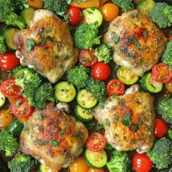 - 4 Hähnchenschenkel, ohne Haut und Knochen - 2 Tassen Brokkoliröschen - 1 Tasse Kirschtomaten, halbiert - 1 rote Paprika, in Streifen geschnitten - 1 Zucchini, in Scheiben geschnitten - 60 ml Olivenöl - 4 Knoblauchzehen, fein gehackt - 1 Esslöffel getrocknete italienische Kräuter (Oregano, Basilikum, Thymian) - Salz und Pfeffer nach Geschmack - Frische Petersilie zur Garnitur (optional) Die Zutaten sind für vier Portionen. Achte darauf, frische und hochwertige Produkte zu wählen. Das Hähnchen sollte ohne Haut und Knochen sein, um ein zartes und saftiges Ergebnis zu erzielen. Brokkoli, Kirschtomaten, Paprika und Zucchini bringen Farbe und Geschmack. Verwende natives Olivenöl für einen besseren Geschmack. Die Kräuter geben dem Gericht eine aromatische Note. Wähle Hähnchen mit einer hellen Farbe und ohne Flecken. Der Brokkoli sollte fest und grün sein, ohne welke Blätter. Achte bei den Tomaten auf leuchtende Farben. Die Paprika sollte knusprig sein und keine Druckstellen haben. Zucchini sollte glatt und fest sein. Frische Kräuter sind ein Muss, sie haben mehr Aroma. Kaufe diese am besten im Bioladen oder auf dem Markt. Um die Marinade zu machen, nehmen Sie eine große Schüssel. Fügen Sie 60 ml Olivenöl hinzu. Geben Sie die vier fein gehackten Knoblauchzehen dazu. Dann streuen Sie einen Esslöffel getrocknete italienische Kräuter hinein. Das können Oregano, Basilikum und Thymian sein. Vergessen Sie nicht, etwas Salz und Pfeffer hinzuzufügen. Mischen Sie alles gut, bis die Zutaten vereint sind. Jetzt nehmen Sie die Hähnchenschenkel. Legen Sie sie in die Schüssel mit der Marinade. Rühren Sie alles um, damit das Hähnchen gut bedeckt ist. Lassen Sie das Hähnchen mindestens 15 Minuten marinieren. So können die Aromen richtig einziehen und das Hähnchen wird sehr schmackhaft. Heizen Sie den Ofen auf 220 °C vor. Nehmen Sie ein großes Backblech und legen Sie die marinierten Hähnchenschenkel in die Mitte. Um das Hähnchen herum legen Sie die Brokkoliröschen, die halbierten Kirschtomaten, die roten Paprika und die Zucchini. Achten Sie darauf, dass alles schön verteilt ist. Träufeln Sie die restliche Marinade über das Gemüse. Würzen Sie alles nach Belieben mit zusätzlichem Salz und Pfeffer. Schieben Sie das Backblech in den vorgeheizten Ofen. Backen Sie das Gericht für 25 bis 30 Minuten. Achten Sie darauf, dass das Hähnchen durchgegart ist und die Innentemperatur 74 °C erreicht. Das Gemüse sollte zart sein. Wenn Sie ein goldbraunes Ergebnis möchten, schalten Sie die Grillfunktion für 2 bis 3 Minuten ein. Vergessen Sie nicht, das Blech nach dem Backen 5 Minuten ruhen zu lassen. Garnieren Sie das Gericht mit frischer Petersilie, falls gewünscht. Die Garzeit ist wichtig für den perfekten Genuss. Backen Sie das Hähnchen zusammen mit dem Gemüse bei 220 °C. Es sollte 25-30 Minuten im Ofen bleiben. Achten Sie darauf, dass das Hähnchen eine Innentemperatur von 74 °C erreicht. So bleibt es saftig und lecker. Das Gemüse wird zart, wenn es die gleiche Zeit im Ofen verbringt. Wenn Sie das Gemüse lieber knackig mögen, nehmen Sie es nach 20 Minuten heraus. Experimentieren Sie mit verschiedenen Kräutern, um neue Geschmäcker zu entdecken. Statt italienischer Kräuter können Sie auch frischen Rosmarin oder Thymian verwenden. Diese Kräuter verleihen dem Gericht einen anderen Geschmack. Für eine würzigere Note probieren Sie Paprika oder Kreuzkümmel. Diese Gewürze passen gut zu Hähnchen und Gemüse. Die Grillfunktion ist toll, um das Gericht schön zu bräunen. Nach dem Backen stellen Sie den Ofen auf Grill. Grillen Sie das Hähnchen und das Gemüse für 2-3 Minuten. Achten Sie darauf, dass Sie dabei direkt beobachten. So vermeiden Sie, dass es verbrennt. Die Grillfunktion gibt dem Gericht eine goldene Farbe und verbessert den Geschmack. {{image_4}} Für dieses Rezept können Sie viele Gemüsesorten verwenden. Mögen Sie es bunt? Versuchen Sie Karotten, grüne Bohnen oder Blumenkohl. Jedes Gemüse hat seinen eigenen Geschmack. Das Wichtigste ist, dass die Garzeiten ähnlich sind. Schneiden Sie das Gemüse in gleich große Stücke. So garen sie gleichmäßig. Um eine vegetarische Version zu machen, lassen Sie das Hähnchen weg. Verwenden Sie stattdessen Tofu oder Tempeh. Marinieren Sie das pflanzliche Protein wie im Original. Fügen Sie mehr Gemüse hinzu. Zucchini, Paprika und Auberginen passen gut. Backen Sie alles wie gewohnt. So erhalten Sie ein gesundes und schmackhaftes Gericht. Zu diesem Gericht passen viele Beilagen. Probieren Sie Reis, Quinoa oder frisches Brot. Ein einfacher grüner Salat ist auch eine gute Wahl. Servieren Sie das Hähnchen und das Gemüse direkt auf dem Blech. Das sieht rustikal und einladend aus. Fügen Sie frische Kräuter als Garnitur hinzu, um das Gericht zu verschönern. Nach dem Essen können Reste einfach aufbewahrt werden. Lassen Sie das Hähnchen und das Gemüse zuerst auf Raumtemperatur abkühlen. Dann legen Sie die Reste in einen luftdichten Behälter. Stellen Sie sicher, dass der Behälter gut schließt. So bleibt das Essen frisch. Im Kühlschrank hält es sich etwa 3 bis 4 Tage. Wenn Sie länger aufbewahren möchten, frieren Sie die Reste ein. Sie können sie bis zu 3 Monate im Gefrierfach behalten. Um das Gericht wieder aufzuwärmen, verwenden Sie den Ofen oder die Mikrowelle. Im Ofen bleibt das Hähnchen knusprig. Heizen Sie den Ofen auf 175 °C vor. Legen Sie das Hähnchen und das Gemüse auf ein Backblech. Decken Sie es mit Alufolie ab, damit es nicht austrocknet. Backen Sie es etwa 15 bis 20 Minuten. In der Mikrowelle geht es schneller. Verwenden Sie eine niedrige Stufe und wärmen Sie das Essen in Intervallen von 1 bis 2 Minuten auf. Überprüfen Sie, ob das Hähnchen heiß ist. Bereiten Sie das Gericht im Voraus vor, um Zeit zu sparen. Marinieren Sie das Hähnchen einen Tag vorher. Legen Sie es in den Kühlschrank, damit die Aromen einziehen. Das Gemüse können Sie auch im Voraus schneiden. Bewahren Sie es in einem Behälter im Kühlschrank auf. Am Tag des Kochens müssen Sie nur alles auf das Backblech legen und backen. So ist das Gericht schnell fertig, und Sie haben mehr Zeit für andere Dinge. Das Hähnchen sollte mindestens 15 Minuten marinieren. So können die Aromen gut einziehen. Wenn du mehr Zeit hast, mariniere es gerne länger, etwa 30 bis 60 Minuten. Dadurch wird das Hähnchen noch zarter und geschmackvoller. Ja, du kannst andere Fleischsorten verwenden. Hähnchenbrust oder Putenbrust sind gute Alternativen. Auch Schweinefleisch oder Rindfleisch funktionieren. Achte darauf, die Garzeit je nach Fleisch anzupassen. Die Innentemperatur sollte immer 74 °C erreichen, um sicher zu sein. Zu diesem Rezept passen viele Beilagen. Reis oder Quinoa sind immer eine gute Wahl. Auch ein frischer Salat ergänzt das Gericht gut. Du kannst auch Brot oder Fladenbrot dazu reichen. So hast du ein vollwertiges und köstliches Essen. Das Rezept umfasst alle wichtigen Schritte, um köstliches Hähnchen zu marinieren und zu backen. Wir haben die besten Zutaten besprochen, sowie Tipps zur Auswahl frischer Produkte gegeben. Auch alternative Kräuter und Variation für Vegetarier kamen nicht zu kurz. Die Lagerung und das Aufwärmen der Reste bieten viele Optionen. Letztlich sind gute Zutaten und die richtige Technik der Schlüssel zu einem schmackhaften Gericht. Experimentiere mit den Vorschlägen, um deine Küche zu bereichern.