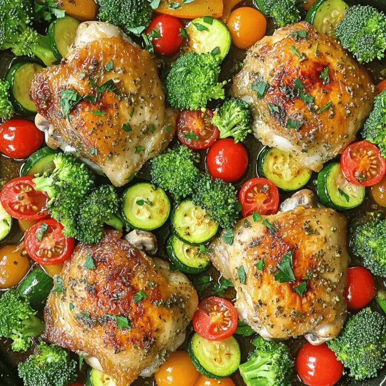 - 4 Hähnchenschenkel, ohne Haut und Knochen - 2 Tassen Brokkoliröschen - 1 Tasse Kirschtomaten, halbiert - 1 rote Paprika, in Streifen geschnitten - 1 Zucchini, in Scheiben geschnitten - 60 ml Olivenöl - 4 Knoblauchzehen, fein gehackt - 1 Esslöffel getrocknete italienische Kräuter (Oregano, Basilikum, Thymian) - Salz und Pfeffer nach Geschmack - Frische Petersilie zur Garnitur (optional) Die Zutaten sind für vier Portionen. Achte darauf, frische und hochwertige Produkte zu wählen. Das Hähnchen sollte ohne Haut und Knochen sein, um ein zartes und saftiges Ergebnis zu erzielen. Brokkoli, Kirschtomaten, Paprika und Zucchini bringen Farbe und Geschmack. Verwende natives Olivenöl für einen besseren Geschmack. Die Kräuter geben dem Gericht eine aromatische Note. Wähle Hähnchen mit einer hellen Farbe und ohne Flecken. Der Brokkoli sollte fest und grün sein, ohne welke Blätter. Achte bei den Tomaten auf leuchtende Farben. Die Paprika sollte knusprig sein und keine Druckstellen haben. Zucchini sollte glatt und fest sein. Frische Kräuter sind ein Muss, sie haben mehr Aroma. Kaufe diese am besten im Bioladen oder auf dem Markt. Um die Marinade zu machen, nehmen Sie eine große Schüssel. Fügen Sie 60 ml Olivenöl hinzu. Geben Sie die vier fein gehackten Knoblauchzehen dazu. Dann streuen Sie einen Esslöffel getrocknete italienische Kräuter hinein. Das können Oregano, Basilikum und Thymian sein. Vergessen Sie nicht, etwas Salz und Pfeffer hinzuzufügen. Mischen Sie alles gut, bis die Zutaten vereint sind. Jetzt nehmen Sie die Hähnchenschenkel. Legen Sie sie in die Schüssel mit der Marinade. Rühren Sie alles um, damit das Hähnchen gut bedeckt ist. Lassen Sie das Hähnchen mindestens 15 Minuten marinieren. So können die Aromen richtig einziehen und das Hähnchen wird sehr schmackhaft. Heizen Sie den Ofen auf 220 °C vor. Nehmen Sie ein großes Backblech und legen Sie die marinierten Hähnchenschenkel in die Mitte. Um das Hähnchen herum legen Sie die Brokkoliröschen, die halbierten Kirschtomaten, die roten Paprika und die Zucchini. Achten Sie darauf, dass alles schön verteilt ist. Träufeln Sie die restliche Marinade über das Gemüse. Würzen Sie alles nach Belieben mit zusätzlichem Salz und Pfeffer. Schieben Sie das Backblech in den vorgeheizten Ofen. Backen Sie das Gericht für 25 bis 30 Minuten. Achten Sie darauf, dass das Hähnchen durchgegart ist und die Innentemperatur 74 °C erreicht. Das Gemüse sollte zart sein. Wenn Sie ein goldbraunes Ergebnis möchten, schalten Sie die Grillfunktion für 2 bis 3 Minuten ein. Vergessen Sie nicht, das Blech nach dem Backen 5 Minuten ruhen zu lassen. Garnieren Sie das Gericht mit frischer Petersilie, falls gewünscht. Die Garzeit ist wichtig für den perfekten Genuss. Backen Sie das Hähnchen zusammen mit dem Gemüse bei 220 °C. Es sollte 25-30 Minuten im Ofen bleiben. Achten Sie darauf, dass das Hähnchen eine Innentemperatur von 74 °C erreicht. So bleibt es saftig und lecker. Das Gemüse wird zart, wenn es die gleiche Zeit im Ofen verbringt. Wenn Sie das Gemüse lieber knackig mögen, nehmen Sie es nach 20 Minuten heraus. Experimentieren Sie mit verschiedenen Kräutern, um neue Geschmäcker zu entdecken. Statt italienischer Kräuter können Sie auch frischen Rosmarin oder Thymian verwenden. Diese Kräuter verleihen dem Gericht einen anderen Geschmack. Für eine würzigere Note probieren Sie Paprika oder Kreuzkümmel. Diese Gewürze passen gut zu Hähnchen und Gemüse. Die Grillfunktion ist toll, um das Gericht schön zu bräunen. Nach dem Backen stellen Sie den Ofen auf Grill. Grillen Sie das Hähnchen und das Gemüse für 2-3 Minuten. Achten Sie darauf, dass Sie dabei direkt beobachten. So vermeiden Sie, dass es verbrennt. Die Grillfunktion gibt dem Gericht eine goldene Farbe und verbessert den Geschmack. {{image_4}} Für dieses Rezept können Sie viele Gemüsesorten verwenden. Mögen Sie es bunt? Versuchen Sie Karotten, grüne Bohnen oder Blumenkohl. Jedes Gemüse hat seinen eigenen Geschmack. Das Wichtigste ist, dass die Garzeiten ähnlich sind. Schneiden Sie das Gemüse in gleich große Stücke. So garen sie gleichmäßig. Um eine vegetarische Version zu machen, lassen Sie das Hähnchen weg. Verwenden Sie stattdessen Tofu oder Tempeh. Marinieren Sie das pflanzliche Protein wie im Original. Fügen Sie mehr Gemüse hinzu. Zucchini, Paprika und Auberginen passen gut. Backen Sie alles wie gewohnt. So erhalten Sie ein gesundes und schmackhaftes Gericht. Zu diesem Gericht passen viele Beilagen. Probieren Sie Reis, Quinoa oder frisches Brot. Ein einfacher grüner Salat ist auch eine gute Wahl. Servieren Sie das Hähnchen und das Gemüse direkt auf dem Blech. Das sieht rustikal und einladend aus. Fügen Sie frische Kräuter als Garnitur hinzu, um das Gericht zu verschönern. Nach dem Essen können Reste einfach aufbewahrt werden. Lassen Sie das Hähnchen und das Gemüse zuerst auf Raumtemperatur abkühlen. Dann legen Sie die Reste in einen luftdichten Behälter. Stellen Sie sicher, dass der Behälter gut schließt. So bleibt das Essen frisch. Im Kühlschrank hält es sich etwa 3 bis 4 Tage. Wenn Sie länger aufbewahren möchten, frieren Sie die Reste ein. Sie können sie bis zu 3 Monate im Gefrierfach behalten. Um das Gericht wieder aufzuwärmen, verwenden Sie den Ofen oder die Mikrowelle. Im Ofen bleibt das Hähnchen knusprig. Heizen Sie den Ofen auf 175 °C vor. Legen Sie das Hähnchen und das Gemüse auf ein Backblech. Decken Sie es mit Alufolie ab, damit es nicht austrocknet. Backen Sie es etwa 15 bis 20 Minuten. In der Mikrowelle geht es schneller. Verwenden Sie eine niedrige Stufe und wärmen Sie das Essen in Intervallen von 1 bis 2 Minuten auf. Überprüfen Sie, ob das Hähnchen heiß ist. Bereiten Sie das Gericht im Voraus vor, um Zeit zu sparen. Marinieren Sie das Hähnchen einen Tag vorher. Legen Sie es in den Kühlschrank, damit die Aromen einziehen. Das Gemüse können Sie auch im Voraus schneiden. Bewahren Sie es in einem Behälter im Kühlschrank auf. Am Tag des Kochens müssen Sie nur alles auf das Backblech legen und backen. So ist das Gericht schnell fertig, und Sie haben mehr Zeit für andere Dinge. Das Hähnchen sollte mindestens 15 Minuten marinieren. So können die Aromen gut einziehen. Wenn du mehr Zeit hast, mariniere es gerne länger, etwa 30 bis 60 Minuten. Dadurch wird das Hähnchen noch zarter und geschmackvoller. Ja, du kannst andere Fleischsorten verwenden. Hähnchenbrust oder Putenbrust sind gute Alternativen. Auch Schweinefleisch oder Rindfleisch funktionieren. Achte darauf, die Garzeit je nach Fleisch anzupassen. Die Innentemperatur sollte immer 74 °C erreichen, um sicher zu sein. Zu diesem Rezept passen viele Beilagen. Reis oder Quinoa sind immer eine gute Wahl. Auch ein frischer Salat ergänzt das Gericht gut. Du kannst auch Brot oder Fladenbrot dazu reichen. So hast du ein vollwertiges und köstliches Essen. Das Rezept umfasst alle wichtigen Schritte, um köstliches Hähnchen zu marinieren und zu backen. Wir haben die besten Zutaten besprochen, sowie Tipps zur Auswahl frischer Produkte gegeben. Auch alternative Kräuter und Variation für Vegetarier kamen nicht zu kurz. Die Lagerung und das Aufwärmen der Reste bieten viele Optionen. Letztlich sind gute Zutaten und die richtige Technik der Schlüssel zu einem schmackhaften Gericht. Experimentiere mit den Vorschlägen, um deine Küche zu bereichern.
