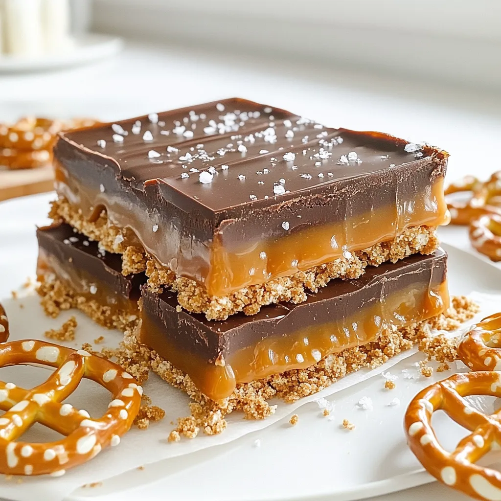 - 2 Tassen Mini-Brezel - 1 Tasse Graham-Cracker-Brösel - 1/2 Tasse ungesalzene Butter, geschmolzen Diese Zutaten bilden die Basis für die Riegel. Die Mini-Brezel bringen einen tollen Knusperfaktor. Die Graham-Cracker-Brösel fügen eine süße Note hinzu. Die ungesalzene Butter sorgt für die perfekte Bindung. - 1/4 Tasse brauner Zucker - 400 g gesüßte Kondensmilch - 1 Tasse Karamellsauce Brauner Zucker gibt den Riegeln eine reiche Süße. Die gesüßte Kondensmilch sorgt für eine cremige Textur. Karamellsauce bringt das volle Geschmackserlebnis. Du kannst fertige Sauce benutzen oder sie selbst machen. - 1 Tasse halbbitterschokoladenstückchen - Meersalz zum Bestreuen Halbbitterschokoladenstückchen schmecken wunderbar und schmelzen leicht. Das Meersalz hebt die süßen Aromen hervor. Wenn du die Riegel fertig hast, streue das Salz gleichmäßig darüber. - Vermenge 2 Tassen Mini-Brezel, 1 Tasse Graham-Cracker-Brösel, 1/2 Tasse geschmolzene Butter und 1/4 Tasse braunen Zucker. - Rühre die Zutaten gut um. Die Mischung sollte eine feuchte Sandkonsistenz haben. - Lege eine 23x23 cm große Backform mit Backpapier aus. - Gib die Brezel-Mischung in die Form und drücke sie mit einem Spatel oder deinen Händen fest. Achte darauf, eine gleichmäßige Schicht zu schaffen. - Erhitze in einem Topf 400 g gesüßte Kondensmilch und 1 Tasse Karamellsauce bei mittlerer Hitze. - Rühre, bis die Mischung glatt ist. Gieße die Karamellmischung gleichmäßig über die Brezelbasis. - Stelle die Form für etwa 30 Minuten in den Kühlschrank. So wird die Karamellschicht fest. - Schmelze in einer mikrowellengeeigneten Schüssel 1 Tasse halbbitterschokoladenstückchen in 30-Sekunden-Intervallen. Rühre nach jedem Intervall um, bis die Schokolade glatt ist. - Gieße die geschmolzene Schokolade gleichmäßig über die Karamellschicht. Verteile sie sanft für eine gleichmäßige Schicht. - Streue eine Prise Meersalz über die Schokolade, um die Aromen zu verstärken. - Hebe die Riegel mit dem Backpapier aus der Form. - Schneide sie in quadratische Stücke und richte sie an. Du kannst sie auf einem Holzbrett präsentieren, garniert mit ganzen Brezeln und Karamell-Drizzle. Um die perfekte Konsistenz zu erreichen, achte darauf, die Mischung gut zu vermengen. Die Mischung sollte eine feuchte Sandkonsistenz haben. Wenn sie zu trocken ist, füge etwas geschmolzene Butter hinzu. Um die Mischung festzudrücken, benutze die Rückseite eines Spatels oder deine Hände. Das sorgt für eine feste Basis. Du kannst die Karamellschicht anpassen. Nutze selbstgemachte Karamellsauce für einen frischeren Geschmack. Das gibt den Riegeln eine besondere Note. Wenn du keine gesüßte Kondensmilch magst, probiere Kokosmilch oder Hafermilch. Diese Alternativen sind lecker und gesund. Beim Schmelzen der Schokolade ist die Mikrowellenmethode sehr effektiv. Stelle die Schokoladenstückchen in eine mikrowellengeeignete Schüssel. Schmelze die Schokolade in 30-Sekunden-Intervallen und rühre zwischendurch um. Das sorgt dafür, dass die Schokolade gleichmäßig schmilzt. Alternativ kannst du ein Wasserbad nutzen. Stelle eine hitzebeständige Schüssel über einen Topf mit simmerndem Wasser. So schmilzt die Schokolade sanft und bleibt glatt. {{image_4}} Um deine No-Bake Salted Caramel Pretzel Bars noch leckerer zu machen, kannst du neue Aromen ausprobieren. Eine Erdnussbutter-Karamell-Mischung ist eine großartige Idee. Mische einfach Erdnussbutter in die Karamellschicht. Das gibt den Riegeln eine tolle Note. Alternativ kannst du zartbittere Schokolade statt halbbittersüßer Schokolade verwenden. Diese Schokolade hat einen starken Geschmack und passt gut zum Karamell. Wenn du oder jemand, für den du kochst, Allergien hat, sind hier einige sichere Optionen. Verwende glutenfreie Brezeln, um die Riegel für alle zugänglich zu machen. Achte darauf, dass die Zutaten wirklich glutenfrei sind. Zudem kannst du milchfreie Schokolade wählen, um die Riegel vegan zu machen. Es gibt viele leckere Sorten auf dem Markt, die perfekt passen. Die Präsentation macht viel aus! Du kannst die Portionen kreativ anrichten. Lege die Riegel auf ein Holzbrett und füge ganze Brezeln hinzu. Ein zusätzlicher Karamell-Drizzle macht das Ganze noch schöner. Du kannst die Riegel auch mit einer Kugel Eis oder einem Klecks Sahne servieren. Das sorgt für einen tollen Kontrast zu den süßen Riegeln. Um die No-Bake Salted Caramel Pretzel Bars frisch zu halten, gibt es zwei Hauptoptionen. - Kühlschranklagerung: Die Riegel bleiben im Kühlschrank am besten. Das Karamell und die Schokolade bleiben so fest. Legen Sie die Riegel in einen luftdichten Behälter. So vermeiden Sie, dass sie Gerüche aus dem Kühlschrank aufnehmen. - Raumtemperatur der Riegel: Wenn Sie die Riegel bei Raumtemperatur lagern, sollten Sie sie in einem kühlen, trockenen Ort aufbewahren. Achten Sie darauf, dass sie nicht direkter Sonneneinstrahlung ausgesetzt sind. Dies kann die Schokolade zum Schmelzen bringen. Die Haltbarkeit der Riegel hängt von der Lagerung ab. - Tipps zur Frischhaltung: Wenn Sie die Riegel im Kühlschrank aufbewahren, halten sie bis zu zwei Wochen frisch. Stellen Sie sicher, dass der Behälter gut verschlossen ist. So bleiben die Riegel saftig und lecker. - Anzeichen für Verderb: Wenn Sie eine Veränderung in der Farbe oder einen unangenehmen Geruch bemerken, sind die Riegel nicht mehr gut. Auch eine klebrige Textur kann ein Zeichen für Verderb sein. Das Einfrieren ist eine gute Option, wenn Sie die Riegel länger aufbewahren möchten. - Riegel einfrieren: Schneiden Sie die Riegel zuerst in Stücke. Wickeln Sie jedes Stück in Frischhaltefolie ein. Legen Sie die eingewickelten Riegel in einen Gefrierbeutel. So vermeiden Sie Gefrierbrand. - Tipps zum Auftauen: Zum Auftauen legen Sie die Riegel einfach in den Kühlschrank. Lassen Sie sie dort über Nacht. So bleiben sie frisch und lecker. Vermeiden Sie das Auftauen bei Zimmertemperatur, um die Schokolade nicht zu schmelzen. Die Riegel sind im Kühlschrank bis zu einer Woche haltbar. Stelle sicher, dass du sie in einem luftdichten Behälter aufbewahrst. So bleiben sie frisch und lecker. Wenn du sie länger aufbewahren möchtest, friere sie ein. Ja, du kannst die Riegel glutenfrei machen. Verwende glutenfreie Mini-Brezel und glutenfreie Graham-Cracker-Brösel. Diese Anpassungen machen die Riegel für glutenempfindliche Personen geeignet. Achte darauf, die Zutaten gut zu prüfen. Ja, du kannst die Zubereitung verdoppeln. Verwende einfach eine größere Backform. Achte darauf, die Karamellmischung gut zu kochen, damit sie gleichmäßig fest wird. Wenn du die Zutaten verdoppeln möchtest, rechne mit etwa 30 Minuten mehr Kühlen. Um die Schokolade gleichmäßig zu verteilen, gieße sie in der Mitte der Karamellschicht. Verwende einen Spatel, um sie sanft zu verteilen. Achte darauf, dass die Schokolade nicht zu heiß ist, damit sie nicht die Karamellschicht schmilzt. Zusammenfassend haben wir die Zutaten für die leckeren Riegel besprochen. Wir haben die Schritt-für-Schritt-Anleitung durchgegangen. Zusätzlich habe ich Tipps gegeben, um die Konsistenz zu perfektionieren. Variationen und Lagerungsmöglichkeiten erhöhen den Genuss. Die Zubereitung macht Spaß und die Ergebnisse sind köstlich. Probiere diese Riegel aus und teile sie mit Freunden. Sie werden es lieben!