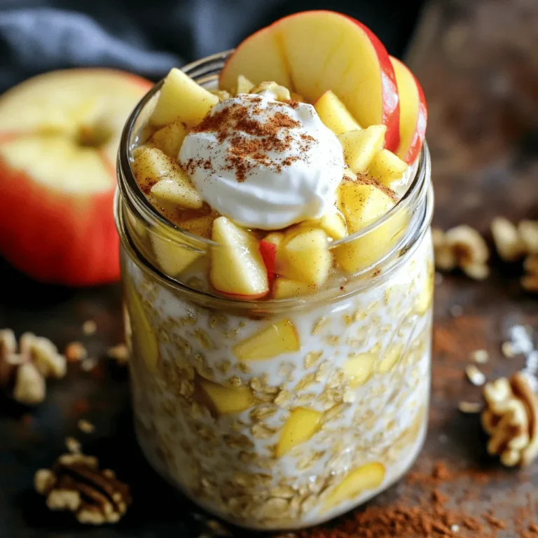 Für die Apple Pie Overnight Oats brauchst du: - 1 Tasse Haferflocken (gerollt) - 1 ½ Tassen ungesüßte Mandelmilch (oder Milch nach Wahl) - 1 Apfel, geschält und gewürfelt - 1 Teelöffel Zimt - ½ Teelöffel Muskatnuss - 2 Esslöffel Ahornsirup (nach Geschmack anpassen) - 1 Esslöffel Chiasamen - ½ Tasse griechischer Joghurt (oder pflanzlicher Joghurt) - ¼ Tasse Walnüsse, grob gehackt (optional) - 2 Esslöffel Rosinen (optional) Wenn du etwas Abwechslung möchtest, probiere diese Ideen: - Verwende andere Nussmilch, wie Kokos- oder Sojamilch. - Tausche den Apfel gegen Birnen oder Pfirsiche aus. - Nutze Honig anstelle von Ahornsirup für mehr Süße. - Füge einen Esslöffel Erdnussbutter hinzu für einen nussigen Geschmack. Es gibt viele Alternativen für die Zutaten. Hier sind einige: - Haferflocken können auch glutenfrei sein. - Du kannst Chiasamen durch Leinsamen ersetzen. - Anstelle von griechischem Joghurt kannst du auch Kokosjoghurt verwenden. - Walnüsse lassen sich durch Mandeln oder Haselnüsse ersetzen. Mit diesen Zutaten und Variationen kannst du deine Overnight Oats ganz nach deinem Geschmack gestalten. Zuerst nimmst du eine mittelgroße Schüssel. Gib 1 Tasse gerollte Haferflocken hinein. Füge 1 ½ Tassen ungesüßte Mandelmilch hinzu. Du kannst auch jede andere Milch verwenden, die du magst. Jetzt kommen 1 Esslöffel Chiasamen dazu. Das hilft, die Mischung cremig zu machen. Gib 1 Teelöffel Zimt und ½ Teelöffel Muskatnuss hinzu. Diese Gewürze geben das Apfelkuchen-Aroma. Süße die Mischung mit 2 Esslöffeln Ahornsirup nach deinem Geschmack. Rühre alles gut um, bis es gut vermischt ist. Jetzt ist es Zeit für die Äpfel. Nimm 1 geschälten und gewürfelten Apfel. Hebe diesen vorsichtig unter die Haferflockenmischung. Achte darauf, dass die Äpfel gleichmäßig verteilt sind. Wenn du magst, kannst du ¼ Tasse grob gehackte Walnüsse und 2 Esslöffel Rosinen hinzufügen. Diese Zutaten bieten mehr Textur und Geschmack. Verteile die Mischung gleichmäßig in Mason-Gläser oder luftdichte Behälter. Schließe die Behälter gut. Stelle sie über Nacht in den Kühlschrank. Du kannst sie auch mindestens 4 Stunden lagern. Diese Zeit lässt die Haferflocken quellen und wird schön cremig. Am nächsten Morgen rührst du die Haferflocken vorsichtig um. Füge einen Klecks griechischen Joghurt obenauf. So wird es noch cremiger. Wenn du magst, garniere es mit etwas extra Zimt oder frischen Apfelscheiben. Um die perfekte Konsistenz zu erreichen, sollten Sie die richtige Menge Flüssigkeit verwenden. Ich empfehle, 1 ½ Tassen Mandelmilch zu den 1 Tasse Haferflocken zu geben. Lassen Sie die Mischung über Nacht im Kühlschrank. So quellen die Haferflocken gut auf und werden schön cremig. Wenn Sie die Oats am Morgen zu dick finden, fügen Sie einfach einen Spritzer mehr Milch hinzu. Sie können viele Aromen hinzufügen, um Ihre Overnight Oats noch leckerer zu machen. Zimt und Muskatnuss sind eine großartige Wahl. Diese Gewürze geben den Haferflocken den warmen, süßen Geschmack von Apfelkuchen. Experimentieren Sie mit Zutaten wie Vanilleextrakt oder sogar einer Prise Ingwer für einen würzigen Kick. Auch ein Esslöffel Erdnussbutter kann eine tolle Ergänzung sein. Um Ihre Overnight Oats gesünder zu machen, fügen Sie Chiasamen oder Leinsamen hinzu. Diese Samen bieten Ballaststoffe und gesunde Fette. Walnüsse sind ebenfalls eine tolle Option. Sie fügen gesunde Fette und einen tollen Crunch hinzu. Wenn Sie möchten, können Sie auch frisches Obst wie Beeren oder Bananen hinzufügen, um noch mehr Vitamine zu bekommen. {{image_4}} Um Apple Pie Overnight Oats glutenfrei zu machen, wählen Sie glutenfreie Haferflocken. Diese sind leicht erhältlich und schmecken genauso gut. Achten Sie auf Labels, die die Glutenfreiheit bestätigen. So genießen Sie die leckeren Oats ohne Bedenken. Für eine vegane Variante ersetzen Sie den griechischen Joghurt durch pflanzlichen Joghurt. Mandel- oder Kokosjoghurt sind großartige Alternativen. Auch die Milch können Sie durch jede pflanzliche Milch ersetzen. Diese Anpassungen machen das Rezept perfekt für Veganer. Experimentieren Sie mit verschiedenen Früchten. Himbeeren, Bananen oder Birnen passen wunderbar. Fügen Sie Nüsse oder Samen hinzu, um den Crunch zu verbessern. Versuchen Sie auch, Gewürze wie Ingwer oder Vanille für neue Aromen einzubauen. Ihre Optionen sind nahezu unbegrenzt! Um deine Apple Pie Overnight Oats frisch zu halten, verwende luftdichte Behälter. Ich empfehle, Mason-Gläser zu nutzen. Diese Gläser sind perfekt, um die Oats sicher zu lagern. Fülle die Mischung bis zur Oberkante, damit wenig Luft bleibt. Das hilft, die Frische zu bewahren. Im Kühlschrank halten sich die Overnight Oats bis zu fünf Tage. Achte darauf, sie gut abzudecken. So bleibt der Geschmack erhalten. Du kannst die Oats einfach umrühren, bevor du sie isst. Wenn du frische Äpfel obenauf geben möchtest, füge sie erst kurz vor dem Essen hinzu. So bleiben sie knackig. Du kannst deine Overnight Oats auch einfrieren. Fülle sie in gefrierfreundliche Behälter. Achte darauf, etwas Platz zu lassen, da sich die Oats beim Gefrieren ausdehnen. So bleiben sie bis zu drei Monate frisch. Um sie zu genießen, tau deine Oats einfach über Nacht im Kühlschrank auf. So hast du ein schnelles Frühstück, das immer bereit ist! Overnight Oats halten sich gut im Kühlschrank. Sie können sie bis zu fünf Tage lagern. Achten Sie darauf, sie in einem luftdichten Behälter aufzubewahren. So bleiben sie frisch und lecker. Ja, Sie können viele Obstsorten verwenden! Bananen, Beeren oder Pfirsiche passen gut. Mischen Sie die Früchte, um verschiedene Geschmäcker zu genießen. Seien Sie kreativ und probieren Sie neue Kombinationen. Ja, Overnight Oats sind sehr gesund! Sie enthalten Ballaststoffe, die gut für die Verdauung sind. Die Haferflocken liefern Energie und halten Sie lange satt. Zudem sind die Zutaten reich an Vitaminen und Mineralstoffen. Overnight Oats sind einfach und lecker. Wir haben die wichtigen Zutaten besprochen. Du kannst Variationen ausprobieren, um den Geschmack zu verändern. Die Schritt-für-Schritt-Anleitung hilft dir, sie leicht zu machen. Tipps geben dir die perfekte Konsistenz und Nährstoffe. Denk daran, wie man sie richtig lagert. Die FAQs beantworten deine Fragen zu Haltbarkeit und Obstsorten. Jetzt bist du bereit, deine eigenen Overnight Oats zu kreieren und zu genießen!