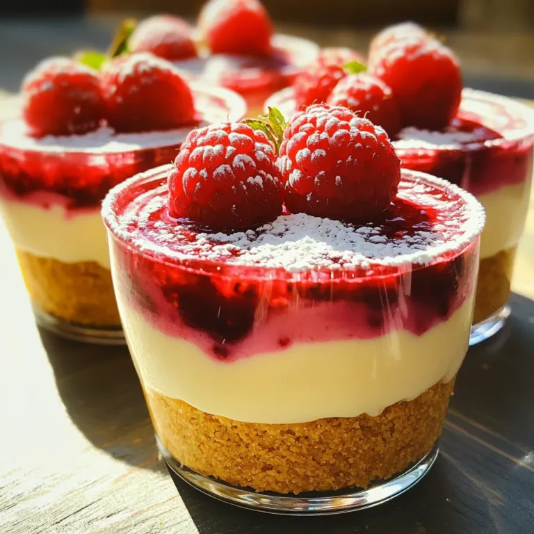 Die Zutaten für die No-Bake Himbeerkäsekuchen-Tassen sind einfach und frisch. Hier ist die Liste: - 1 Tasse Graham-Cracker-Brösel - 4 Esslöffel ungesalzene Butter, geschmolzen - 2 Tassen Frischkäse, auf Zimmertemperatur - 1 Tasse Puderzucker - 1 Teelöffel Vanilleextrakt - 1 Tasse Schlagsahne - 1 Tasse frische Himbeeren (plus zusätzliche für die Dekoration) - 1 Esslöffel Zitronensaft - 1 Esslöffel Gelatine (optional, für zusätzliche Festigkeit) - 3 Esslöffel Wasser (falls Gelatine verwendet wird) Jede Zutat bringt ihren eigenen Geschmack. Die Graham-Cracker-Brösel bieten eine knusprige Basis. Die Butter sorgt für den perfekten Halt. Frischkäse gibt der Füllung ihren cremigen Charakter. Puderzucker und Vanilleextrakt bringen Süße und Aroma. Frische Himbeeren sorgen für die fruchtige Note. Zitronensaft verstärkt den Geschmack und gibt Frische. Gelatine ist optional, aber sie hilft, die Tassen fester zu machen. Wenn du die Gelatine verwendest, löse sie gut in Wasser auf. Alle Zutaten sind leicht zu finden. Du kannst sie in jedem Supermarkt kaufen. Achte darauf, hochwertige frische Himbeeren zu wählen. So schmeckt dein Dessert noch besser! - Graham-Cracker-Boden herstellen: Mische die Graham-Cracker-Brösel mit der geschmolzenen Butter. Rühre gut um, bis alle Brösel gleichmäßig feucht sind. Löffle die Mischung in kleine Becher. Drücke sie fest, damit sie gut hält. - Käsekuchenfüllung vorbereiten: Schlage den Frischkäse, Puderzucker und Vanilleextrakt in einer großen Schüssel. Verwende einen Handmixer für eine glatte Mischung. Schlage die Schlagsahne in einer anderen Schüssel steif. Hebe die Sahne vorsichtig unter die Frischkäsemasse. - Himbeerpüree machen: Püriere die frischen Himbeeren mit Zitronensaft in einem Mixer. Du kannst das Püree durch ein Sieb geben, wenn du eine feine Textur magst. Mische das Himbeerpüree vorsichtig in die Käsekuchenfüllung. - Füllung in die Becher auftragen: Löffle die Käsekuchenfüllung gleichmäßig über die Graham-Cracker-Basen. Verwende einen Spatel, um die Oberflächen glatt zu streichen. - Dekoration der Tassen: Dekoriere jede Tasse mit frischen Himbeeren. Das sieht toll aus und macht die Tassen noch leckerer. - Empfehlungen zur Kühlung: Decke die Tassen ab und stelle sie mindestens 4 Stunden in den Kühlschrank. So wird die Füllung fest und cremig. Du kannst sie auch über Nacht kühlen, um den Geschmack zu intensivieren. - Verwendung von Gelatine: Gelatine hilft, die Füllung fester zu machen. Mischen Sie einen Esslöffel Gelatine mit drei Esslöffeln Wasser. Erwärmen Sie dies kurz in der Mikrowelle, bis es aufgelöst ist. Fügen Sie es dann zur Käsekuchenfüllung hinzu. - Stabilität der Sahne: Achten Sie darauf, die Schlagsahne steif genug zu schlagen. Sie sollte feste Spitzen bilden. Das gibt der Füllung eine schöne Struktur. - Alternativen zu frischen Himbeeren: Wenn Sie keine frischen Himbeeren haben, nutzen Sie gefrorene oder andere Beeren. Erdbeeren und Blaubeeren sind gute Optionen. - Weitere Garnierungsoptionen: Sie können auch Minzblätter oder Schokoladenspäne verwenden. Das bringt nicht nur Farbe, sondern auch zusätzlichen Geschmack. - Zu viel Mischen des Himbeerpürees: Mischen Sie das Püree vorsichtig in die Füllung. Zu viel Mischen kann die schöne Marmorierung zerstören. - Unsachgemäße Kühlung: Lassen Sie die Tassen mindestens vier Stunden im Kühlschrank. So wird die Füllung fest und lecker. {{image_4}} Eine der besten Dinge an No-Bake Himbeerkäsekuchen-Tassen ist die Vielfalt. Sie können ganz einfach andere Beeren verwenden. Erdbeeren und Blaubeeren passen sehr gut. Sie haben einen süßen und saftigen Geschmack. Probieren Sie auch Schokoladen- oder Karamell-Variationen. Diese geben dem Dessert eine neue, spannende Note. Schichten Sie Karamell oder Schokoladensauce zwischen die Füllung. Das sieht toll aus und schmeckt fantastisch! Für glutenfreie Optionen können Sie glutenfreie Kekse verwenden. Diese Kekse sind eine tolle Basis für den Boden. Achten Sie darauf, die Brösel gut zu zerdrücken. So bleibt der Boden stabil und lecker. Glutenfreie Kekse gibt es in vielen Sorten. Sie können sogar eigene Brösel aus Nüssen machen. Das gibt Ihrer Torte einen besonderen Crunch. Für vegane Anpassungen gibt es viele Alternativen. Sie können Frischkäse durch eine vegane Creme ersetzen. Diese gibt es oft auf Basis von Nüssen oder Soja. Auch die Sahne können Sie durch Kokoscreme ersetzen. Diese gibt einen reichen und cremigen Geschmack. Achten Sie darauf, die Konsistenz gut zu prüfen. So wird Ihre vegane Torte perfekt und lecker. Lagern Sie die No-Bake Himbeerkäsekuchen-Tassen im Kühlschrank. Verwenden Sie einen luftdichten Behälter. So bleiben sie frisch und lecker. Decken Sie die Tassen gut ab, um Gerüche zu vermeiden. Die Tassen sind bis zu fünf Tage haltbar. Achten Sie darauf, dass sie immer gut gekühlt sind. Nach dieser Zeit können Geschmack und Textur leiden. Überprüfen Sie immer das Aussehen und den Geruch, bevor Sie sie essen. Sie können die Tassen auch einfrieren. Stellen Sie sicher, dass sie in einem gefrierfesten Behälter sind. Frieren Sie sie ohne Dekoration ein. Fügen Sie die Himbeeren nach dem Auftauen hinzu. Lassen Sie die Tassen über Nacht im Kühlschrank auftauen. So bleiben sie cremig und lecker. Ja, du kannst Gelatine weglassen. Die Füllung bleibt weich und cremig. Die Tassen werden weniger fest, aber sehr lecker. Wenn du eine leichtere Version magst, ist das eine gute Wahl. Du bekommst einen frischen Geschmack ohne die Gelatine. Du kannst die Tassen einen Tag vorher machen. Bereite die Graham-Cracker-Basen und die Füllung vor. Stelle die Tassen dann in den Kühlschrank. So können die Aromen gut durchziehen. Denke daran, die Himbeeren erst kurz vor dem Servieren hinzuzufügen. So bleiben sie frisch und saftig. Natürlich! Du kannst die Früchte nach Belieben ändern. Probiere Erdbeeren oder Heidelbeeren. Auch Schokolade passt gut dazu. Sei kreativ und finde deine Lieblingskombination. Das Rezept ist flexibel und erlaubt viele Variationen. Experimentiere und finde deinen eigenen, einzigartigen Geschmack! Diese Anleitung zeigt, wie man leckere Himbeer-Käsekuchen-Tassen zubereitet. Wir schauten uns die Zutaten an und durchliefen die Schritte von der Vorbereitung bis zur Kühlung. Denken Sie daran, die Konsistenz mit Gelatine zu verbessern und die Tassen im Kühlschrank zu lagern. Probieren Sie verschiedene Früchte oder sogar eine vegane Variante aus. Das Wichtigste ist, Spaß beim Kochen zu haben. Ihre Freunde werden die köstlichen Tassen lieben, und das ist es wert!