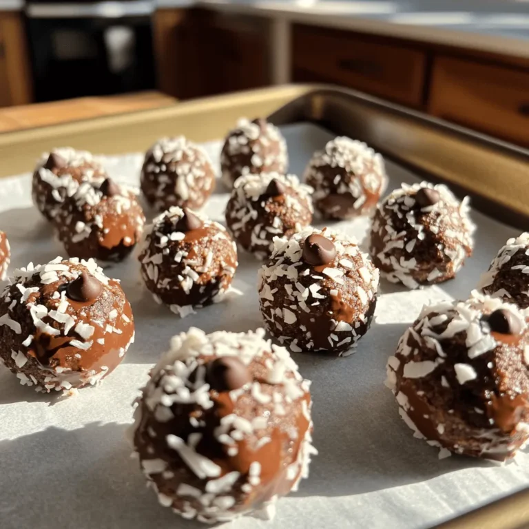 Um diese leckeren Energie-Bites zu machen, benötigst du: - 1 Tasse Haferflocken (gerollt) - 1/2 Tasse Mandelbutter - 1/3 Tasse Honig oder Ahornsirup - 1/4 Tasse ungesüßtes Kakaopulver - 1/2 Tasse ungesüßte Kokosraspeln - 1/4 Tasse Mini-Schokoladenstückchen - 1 Teelöffel Vanilleextrakt - Eine Prise Meersalz Jede Zutat hat ihre eigenen Vorzüge. - Haferflocken: Sie liefern Ballaststoffe und helfen, den Blutzucker stabil zu halten. - Mandelbutter: Sie enthält gesunde Fette, die gut für das Herz sind. - Honig oder Ahornsirup: Diese natürlichen Süßstoffe bieten Energie und Antioxidantien. - Kakaopulver: Es hat viele Antioxidantien und kann die Stimmung heben. - Kokosraspeln: Diese sind reich an MCT-Fetten, die schnell Energie liefern. - Mini-Schokoladenstückchen: Sie machen die Bites süßer und leckerer. - Vanilleextrakt: Er fügt ein tolles Aroma hinzu und kann die Stimmung verbessern. - Meersalz: Es hebt den Geschmack hervor und kann den Elektrolythaushalt unterstützen. Wenn du keine bestimmten Zutaten hast, gibt es einfache Alternativen: - Erdnussbutter anstelle von Mandelbutter: Das gibt einen anderen, aber ebenso leckeren Geschmack. - Agavendicksaft anstelle von Honig: Eine gute Option für Veganer. - Kakaonibs anstelle von Mini-Schokoladenstückchen: Diese sind weniger süß, aber sehr schokoladig. - Geriebene Mandeln anstelle von Kokosraspeln: Das sorgt für einen anderen Textur- und Geschmacksansatz. Mit diesen Zutaten und Alternativen kannst du deine eigenen No Bake Chocolate Coconut Energy Bites kreieren! Um die Energie-Bites zuzubereiten, brauchst du nur eine große Schüssel. Gib alle Zutaten in die Schüssel. Das sind die Haferflocken, Mandelbutter, Honig oder Ahornsirup, Kakaopulver, Kokosraspeln, Schokoladenstückchen, Vanilleextrakt und das Salz. Mische alles gut durch. Ich finde es toll, die Hände zu benutzen, um die Mischung zu vermengen. Es macht Spaß und sorgt für eine gleichmäßige Konsistenz. Wenn die Mischung zu trocken wirkt, füge einen kleinen Löffel Honig oder Wasser hinzu. Das hilft, die Zutaten besser zu verbinden. Du kannst auch eine Gabel verwenden, um alles zu vermischen. Achte darauf, dass du alle Zutaten gut vermischst. Das sorgt für den besten Geschmack in deinen Energie-Bites. Nimm etwa einen Esslöffel der Mischung. Rolle es zwischen deinen Handflächen zu einer kleinen Kugel. Wiederhole das, bis alle Bites geformt sind. Lege die Kugeln auf ein Backblech oder einen Teller. Danach kommen sie für mindestens 30 Minuten in den Kühlschrank. So werden sie fest. Bewahre die Bites in einem luftdichten Behälter auf. So bleiben sie bis zu einer Woche frisch. Um die perfekte Konsistenz der Energie-Bites zu erreichen, ist es wichtig, die Zutaten gut zu vermischen. Die Mischung sollte dick und klebrig sein. Wenn sie zu trocken ist, füge mehr Mandelbutter oder Honig hinzu. Diese Zutaten sorgen für die nötige Feuchtigkeit. Wenn die Mischung zu feucht ist, kannst du mehr Haferflocken oder Kokosraspeln einarbeiten. So erhältst du die gewünschte Form und Textur. Ein häufiger Fehler ist, die Zutaten nicht gut genug zu vermischen. Wenn du die Mischung nicht gleichmäßig machst, formen die Bites nicht gut. Achte darauf, dass du alles gründlich vermischt. Ein weiteres Problem ist, dass die Bites nicht genug kühlen. Wenn du sie nicht lange genug im Kühlschrank lässt, bleiben sie weich. Stelle sicher, dass sie mindestens 30 Minuten kühlen, damit sie fest werden. Um die Kugeln am besten zu rollen, nimm etwa einen Esslöffel der Mischung. Befeuchte deine Hände leicht, damit die Mischung nicht kleben bleibt. Rolle die Mischung zwischen deinen Handflächen zu einer kleinen Kugel. Wenn die Kugeln nicht perfekt sind, ist das okay! Sie können alle eine eigene Form haben. Das macht sie einzigartig und handgemacht. {{image_4}} Für mehr Geschmack kannst du verschiedene Schokoladenarten nutzen. Zartbitter- oder Vollmilchschokolade bringt eine andere Note. Weißer Schokolade gibt eine süße Ergänzung. Auch mit Kakaonibs kannst du experimentieren. Sie fügen eine knusprige Textur hinzu. Wenn du die Kokosraspeln magst, probiere geröstete Kokosraspeln aus. Sie bringen einen tollen Crunch und ein intensives Aroma. Nüsse sind eine fantastische Ergänzung. Mandeln, Walnüsse oder Cashews passen gut zu den Bissen. Hacke sie grob und mische sie unter die anderen Zutaten. Trockenfrüchte wie Cranberries oder Datteln geben eine süße Note. Sie sind auch eine gute Quelle für Ballaststoffe. Achte darauf, die Menge anzupassen, damit die Energie-Bites nicht zu feucht werden. Du kannst auch mit verschiedenen Süßungsmitteln experimentieren. Agavendicksaft oder Kokosblütenzucker sind gute Alternativen. Sie beeinflussen den Geschmack und die Süße. Wenn du es weniger süß magst, verwende weniger Honig oder Sirup. So kannst du die Bites nach deinem Geschmack anpassen. Um die No Bake Chocolate Coconut Energy Bites frisch zu halten, lagere sie in einem luftdichten Behälter. Stelle den Behälter in den Kühlschrank. Die Kälte hilft, die Bites fest und lecker zu halten. Achte darauf, dass sie nicht mit anderen Lebensmitteln in Berührung kommen, um Gerüche zu vermeiden. Im Kühlschrank bleiben die Energie-Bites bis zu einer Woche frisch. Du kannst sie auch länger aufbewahren, aber nach einer Woche kann der Geschmack etwas nachlassen. Am besten, du überprüfst sie regelmäßig, um sicherzugehen, dass sie gut bleiben. Wenn du die Bites länger aufbewahren möchtest, friere sie ein. Lege die Kugeln auf ein Backblech und friere sie für etwa eine Stunde. Danach kannst du sie in einen Gefrierbeutel oder einen luftdichten Behälter umfüllen. So bleiben sie bis zu drei Monate frisch. Wenn du sie essen möchtest, lasse sie einfach im Kühlschrank auftauen. No Bake Chocolate Coconut Energy Bites halten bis zu einer Woche im Kühlschrank. Bewahre sie in einem luftdichten Behälter auf. So bleiben sie frisch und lecker. Wenn du einige länger aufbewahren möchtest, friere sie ein. Das Einfrieren hilft, die Konsistenz zu erhalten und sie bleiben bis zu drei Monate gut. Ja, du kannst diese Energie-Bites vegan machen. Ersetze einfach den Honig durch Ahornsirup. Alle anderen Zutaten sind bereits vegan. Mandelbutter ist eine tolle, gesunde Wahl. Du kannst auch Erdnussbutter oder Cashewbutter verwenden, je nach Geschmack. Diese Energie-Bites sind nahrhaft und bieten viele Vorteile. Sie enthalten Haferflocken, die Ballaststoffe liefern. Diese Ballaststoffe helfen der Verdauung und halten dich satt. Die Kokosraspeln bieten gesunde Fette. Mandelbutter liefert Proteine und Nährstoffe. Schokolade kann sogar Antioxidantien enthalten. Diese Snacks sind also nicht nur lecker, sondern auch gesund! Diese Anleitung zeigte, wie du leckere No Bake Chocolate Coconut Energy Bites machst. Wir haben die besten Zutaten und ihre Vorteile besprochen. Du hast gelernt, wie du die perfekte Konsistenz erreichst und welche Tipps dir helfen, Fehler zu vermeiden. Denk daran, dass du die Bites nach deinem Geschmack variieren kannst. Probiere die verschiedenen Lagerungstipps aus, um die Bites frisch zu halten. Diese kleinen Snacks sind nicht nur gesund, sondern auch einfach herzustellen. Viel Spaß beim Ausprobieren!