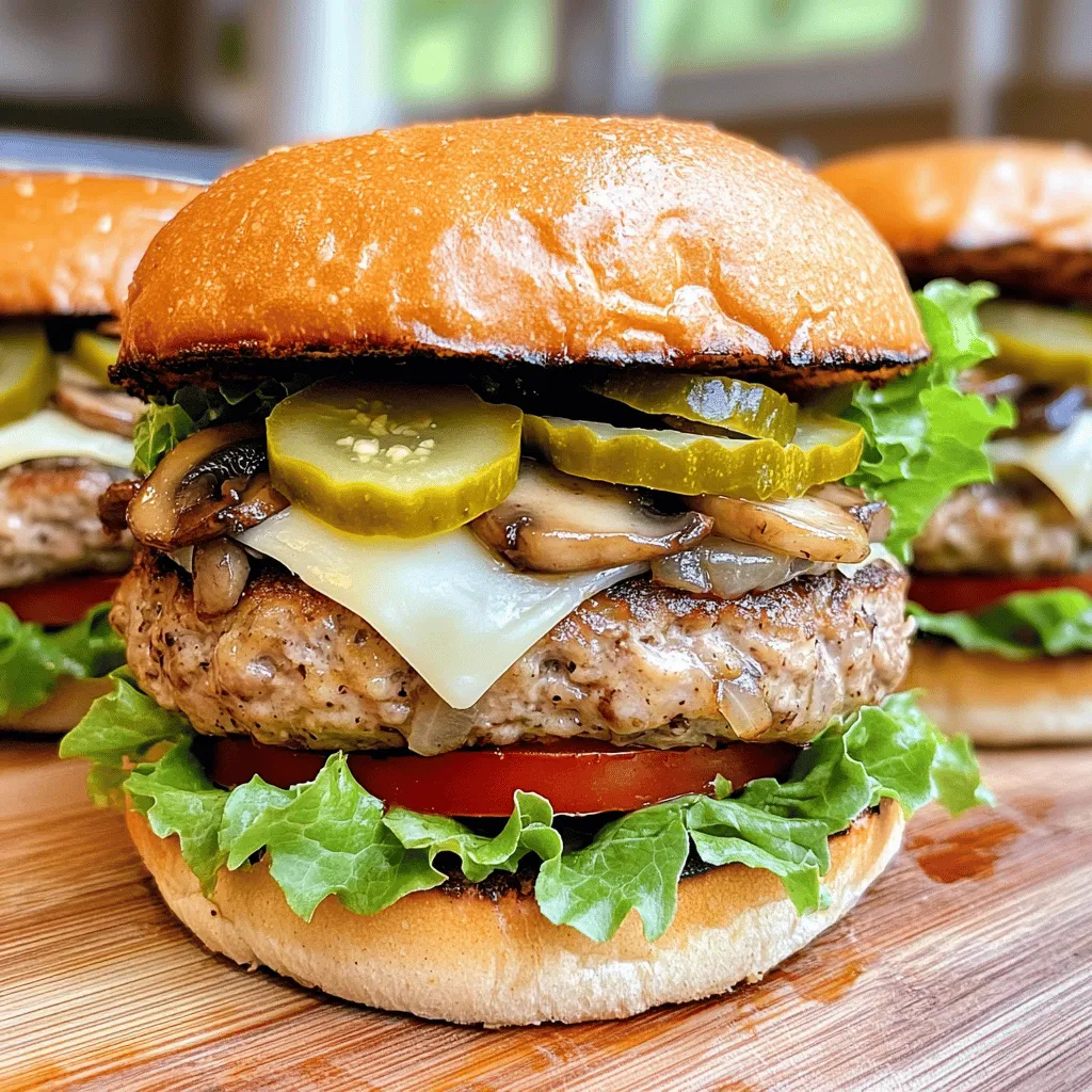 Für die perfekten Mushroom Swiss Turkey Burgers benötigst du: - 450 g gemahlenen Truthahn - 1 Tasse Pilze, fein gehackt - 1/2 Tasse Schweizer Käse, gerieben - 1 kleine Zwiebel, fein gehackt - 2 Knoblauchzehen, gehackt - 1 Esslöffel Worcestershire-Sauce - 4 Vollkorn-Hamburger-Brötchen Diese Zutaten sind die Basis für einen saftigen und schmackhaften Burger. Der Truthahn bietet eine magere Proteinquelle und die Pilze bringen einen tollen Umami-Geschmack mit. Schweizer Käse schmilzt perfekt und ergänzt die Aromen. Zu den Hauptzutaten fügen wir noch einige Gewürze hinzu: - 1 Teelöffel getrockneter Thymian - Salz und Pfeffer nach Geschmack - Olivenöl zum Kochen Der getrocknete Thymian verleiht den Burgern eine herzhafte Note. Salz und Pfeffer heben die Aromen hervor. Olivenöl ist ideal, um die Zwiebeln und den Knoblauch anzubraten. Es sorgt für einen leckeren Geschmack. Für das perfekte Burger-Erlebnis brauchst du auch frische Beilagen: - Blattsalat - Tomaten - Gurken Diese frischen Zutaten bringen Farbe und Crunch in deinen Burger. Sie sorgen für einen schönen Kontrast zu den saftigen Patties. Serviere die Burger auf einem Holzbrett, garniert mit frischen Kräutern. So sieht es nicht nur gut aus, sondern schmeckt auch noch besser! Zuerst musst du alle Zutaten bereitstellen. Du benötigst: - 450 g gemahlenen Truthahn - 1 Tasse Pilze, fein gehackt - 1/2 Tasse Schweizer Käse, gerieben - 1 kleine Zwiebel, fein gehackt - 2 Knoblauchzehen, gehackt - 1 Esslöffel Worcestershire-Sauce - 1 Teelöffel getrockneter Thymian - Salz und Pfeffer nach Geschmack - 4 Vollkorn-Hamburger-Brötchen - Blattsalat, Tomaten und Gurken zum Garnieren - Olivenöl zum Kochen Stelle sicher, dass alles gut vorbereitet ist. Das macht den Kochprozess viel einfacher. Erhitze eine Pfanne bei mittlerer Hitze und gib einen Schuss Olivenöl hinein. Sobald das Öl heiß ist, füge die gehackte Zwiebel und den Knoblauch hinzu. Brate sie an, bis sie glasig sind, etwa 3 bis 4 Minuten. Das Aroma wird köstlich sein. Danach gib die fein gehackten Pilze in die Pfanne. Koche sie, bis sie weich sind und die Feuchtigkeit verdampft ist. Das dauert etwa 5 bis 7 Minuten. Vergiss nicht, mit Salz, Pfeffer und Thymian zu würzen. Nimm die Mischung vom Herd und lasse sie etwas abkühlen. In einer großen Schüssel vermengst du nun den gemahlenen Truthahn mit der Pilzmischung, Worcestershire-Sauce und dem geriebenen Käse. Mische alles gut, bis eine homogene Masse entsteht. Teile diese Mischung in vier gleiche Portionen. Forme aus jeder Portion ein Patty. Heize deinen Grill oder eine Pfanne bei mittlerer bis hoher Hitze vor. Gare die Truthahn-Burger für etwa 5 bis 6 Minuten auf jeder Seite. Achte darauf, dass sie eine Innentemperatur von 74°C erreichen. Während die Burger garen, röste die Vollkorn-Brötchen bis sie goldbraun sind. Baue die Burger zusammen, indem du jedes Patty auf ein Brötchen legst. Garniere sie nach Belieben mit frischem Blattsalat, Tomaten und Gurken. So einfach und lecker! Um einen saftigen Burger zu machen, benutze frische Zutaten. Mische die Pilze und Zwiebeln gut mit dem Truthahn. Achte darauf, die Mischung nicht zu lange zu kneten. Das macht das Fleisch fest. Füge etwas Worcestershire-Sauce hinzu. Diese Sauce bringt Geschmack und hilft, das Fleisch feucht zu halten. Grille die Burger nicht zu lange. Sie sollten innen noch zart sein. Wenn du die Würzung ändern möchtest, gibt es viele Optionen. Du kannst frische Kräuter wie Petersilie oder Basilikum verwenden. Diese verleihen einen frischen Geschmack. Ein Spritzer Limettensaft kann auch helfen. Er bringt eine fruchtige Note. Statt Thymian kannst du Oregano oder Rosmarin probieren. So bleibt dein Burger immer spannend und neu. Die Brötchen sind sehr wichtig für den Burger. Vollkorn-Brötchen sind eine gesunde Wahl. Sie sind robust und passen gut zum Burger. Du kannst auch Sesambrötchen verwenden. Sie geben einen nussigen Geschmack. Achte darauf, die Brötchen leicht zu rösten. Das gibt ihnen einen tollen Crunch. Sie halten auch die Füllung besser. {{image_4}} Du kannst die Pilz-Schweizer Truthahn-Burger leicht anpassen. Füge zum Beispiel Spinat oder Paprika hinzu. Diese geben dem Burger tolle Farben und mehr Geschmack. Wenn du einen anderen Käse magst, probiere Cheddar oder Gouda. Diese Käse schmelzen gut und geben dem Burger ein anderes Aroma. Du kannst auch Feta oder Mozzarella für eine frische Note nutzen. Die Gewürze sind wichtig für den Geschmack. Du kannst die Worcestershire-Sauce durch Sojasauce ersetzen. Das gibt dem Burger einen herzhaften Umami-Geschmack. Ein bisschen Paprika oder Cayennepfeffer gibt dem Burger einen leichten Kick. Für eine frische Note kannst du frische Kräuter wie Petersilie oder Basilikum verwenden. Für ein tolles Menü serviere die Burger mit Süßkartoffelpommes. Diese sind einfach zu machen und schmecken super. Alternativ passen auch gemischte Salate gut dazu. Ein klassischer Kartoffelsalat ist ebenfalls eine gute Wahl. Du kannst auch gegrilltes Gemüse an die Seite legen. Das bringt Farben auf den Teller und macht das Essen gesund. Vergiss nicht, die Burger schön zu präsentieren. Lege sie auf ein Holzbrett und garniere sie mit frischen Kräutern. So wird das Essen gleich viel ansprechender! Die Burger-Patties sollten in einem luftdichten Behälter aufbewahrt werden. So bleiben sie frisch. Du kannst sie auch in Pergamentpapier einwickeln. Das hilft, die Feuchtigkeit zu halten. Achte darauf, dass die Patties nicht zu lange bei Raumtemperatur liegen. Ideal sind etwa zwei Stunden. Kühle sie dann im Kühlschrank. Einfrieren ist eine großartige Möglichkeit, um Burger-Patties länger haltbar zu machen. Stelle sicher, dass sie gut verpackt sind. Du kannst sie in Frischhaltefolie einwickeln und dann in einen Gefrierbeutel legen. Vergiss nicht, das Datum anzugeben! So weißt du, wie lange sie schon eingefroren sind. Ideal ist es, die Patties innerhalb von drei Monaten zu verwenden. Im Kühlschrank bleiben die Patties etwa drei bis vier Tage frisch. Achte darauf, sie gut abzudecken, damit sie keine Gerüche aufnehmen. Wenn du sie länger aufbewahren möchtest, friere sie besser ein. So bleiben sie lecker und saftig. Du kannst die Burger mit verschiedenen Gewürzen anpassen. Neben Salz und Pfeffer kannst du Paprika, Cumin oder sogar Chili verwenden. Ein Spritzer Zitronensaft gibt eine frische Note. Ein Löffel Senf kann auch helfen, den Geschmack zu intensivieren. Experimentiere mit deinen Lieblingsgewürzen, um den perfekten Geschmack zu finden. Ja, die Burger können auch im Ofen gebacken werden. Heize deinen Ofen auf 200 °C vor. Lege die Patties auf ein Backblech und backe sie etwa 20 Minuten. Wende die Burger nach der Hälfte der Zeit, damit sie gleichmäßig garen. Überprüfe die Innentemperatur, um sicherzugehen, dass sie 74 °C erreichen. Für die Burger passen viele Beilagen gut. Einige leckere Optionen sind: - Süßkartoffel-Pommes - Gemischter Salat - Gegrilltes Gemüse - Kartoffelsalat - Coleslaw Diese Beilagen ergänzen den Burger und bringen Farbe auf den Teller. Zusammenfassend haben wir die wichtigsten Zutaten für Burger, die Schritt-für-Schritt-Anleitung und praktische Tipps besprochen. Danke, dass du gelernt hast, wie man leckere Burger zubereitet. Denke daran, die Patties saftig zu halten und verschiedene Variationen auszuprobieren. Frisches Gemüse und gute Brötchen machen den Unterschied. Achte gut auf die Lagerung, damit du lange Freude an deinen Burgern hast. Mit diesen Informationen bist du bereit, deine eigenen großartigen Burger zu grillen. Viel Spaß beim Ausprobieren!