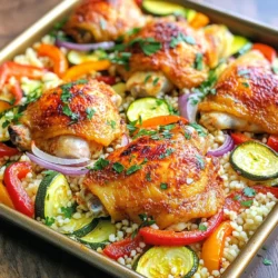 Um ein leckeres Blech-Pfanne Harissa-Hähnchen mit Couscous zu machen, brauchst du: - 4 Hähnchenschenkel, mit Knochen und Haut - 3 Esslöffel Harissa-Paste - 2 Esslöffel Olivenöl - 1 Teelöffel geräuchertes Paprikapulver - 1 Zitrone, abgerieben und ausgepresst - 1 rote Paprika, in Streifen geschnitten - 1 Zucchini, in Scheiben geschnitten - 1 rote Zwiebel, in Spalten geschnitten - 1 Tasse Couscous - 1 ½ Tassen Hühnerbrühe - Salz und Pfeffer nach Geschmack - Frische Petersilie, gehackt (zum Garnieren) Wenn du frische Zutaten wählst, achte auf folgende Punkte: - Die Hähnchenschenkel sollten rosa und fest sein. Vermeide Hähnchen, das grau oder schleimig aussieht. - Wähle Paprika, die prall und glänzend sind. Sie sollten fest und ohne Flecken sein. - Zucchini soll glatt und fest sein. Achte darauf, dass sie keine Druckstellen hat. - Bei Zwiebeln suche nach festen, trockenen Exemplaren ohne grüne Sprossen. - Frische Petersilie sollte knackig und grün sein. Vermeide welke Blätter. Falls du einige Zutaten nicht findest, gibt es einfache Alternativen: - Statt Harissa-Paste kannst du scharfe Paprika oder Chilipaste verwenden. - Verwende Hähnchenbrust, wenn du die Haut nicht magst. - Zucchini kann durch Brokkoli oder grüne Bohnen ersetzt werden. - Anstelle von Hühnerbrühe kannst du Gemüsebrühe für eine vegetarische Variante nutzen. - Verwende Quinoa oder Reis, wenn du keinen Couscous hast. Diese Tipps helfen dir, dein Gericht auch mit anderen Zutaten lecker zuzubereiten! Heize den Ofen auf 220°C vor. Das sorgt dafür, dass das Hähnchen schön knusprig wird. In einer großen Schüssel vermische die Harissa-Paste, das Olivenöl, geräuchertes Paprikapulver, Zitronenschale, Zitronensaft, Salz und Pfeffer. Diese Mischung wird deine Marinade. Füge die Hähnchenschenkel zur Marinade hinzu. Stelle sicher, dass sie gut bedeckt sind. Lass das Hähnchen mindestens 30 Minuten marinieren. Für mehr Geschmack kannst du es auch über Nacht im Kühlschrank lassen. Schneide die rote Paprika in Streifen, die Zucchini in Scheiben und die rote Zwiebel in Spalten. Lege die marinierten Hähnchenschenkel auf ein Blech. Umgebe sie mit dem geschnittenen Gemüse. Beträufle das Gemüse leicht mit Olivenöl und würze es mit Salz und Pfeffer. Schiebe das Blech in den vorgeheizten Ofen. Röste das Hähnchen und das Gemüse für etwa 30-35 Minuten. Das Hähnchen sollte eine Innentemperatur von 75°C erreichen und die Haut sollte knusprig sein. Koche in einem Topf die Hühnerbrühe. Nimm den Topf von der Hitze, rühre den Couscous ein und decke ihn ab. Lass ihn etwa 5 Minuten ruhen, bis er aufgeflufft ist. Lockere den Couscous mit einer Gabel auf und würze ihn nach Geschmack. Nimm das Blech aus dem Ofen und lass das Hähnchen 5 Minuten ruhen. Serviere das Hähnchen und das Gemüse auf einem Bett aus Couscous. Garniere es mit gehackter Petersilie für einen frischen Akzent. Eine längere Marinierzeit macht einen großen Unterschied. Ich empfehle, das Hähnchen mindestens 30 Minuten zu marinieren. Für noch mehr Geschmack lassen Sie es über Nacht im Kühlschrank. Die Harissa-Paste zieht tief ins Fleisch ein. So wird Ihr Hähnchen zart und würzig. Ein häufiger Fehler ist, das Hähnchen zu dicht zu legen. Geben Sie den Stücken genug Platz. So wird die Haut knusprig. Achten Sie auch auf die Temperatur. Ein vorgeheizter Ofen bei 220°C sorgt für eine schöne Röstdauer. Überprüfen Sie die Innentemperatur. Sie sollte 75°C erreichen, um sicher zu sein. Couscous ist einfach zuzubereiten, aber die Technik ist wichtig. Verwenden Sie heiße Hühnerbrühe für besten Geschmack. Lassen Sie den Couscous nach dem Kochen 5 Minuten ruhen. So wird er fluffig und locker. Lockern Sie ihn mit einer Gabel auf, um Klumpen zu vermeiden. Fügen Sie nach Wunsch Salz und Pfeffer hinzu. {{image_4}} Für eine vegetarische Variante ersetzen Sie die Hähnchenschenkel durch Tofu oder mehr Gemüse. Tofu nimmt die Aromen gut auf. Schneiden Sie den Tofu in Würfel und marinieren Sie ihn mit der Harissa-Paste. Für mehr Gemüse können Sie Brokkoli, Karotten oder Süßkartoffeln hinzufügen. Diese Optionen sind einfach und lecker. Jeder hat verschiedene Geschmäcker. Wenn Sie es milder mögen, reduzieren Sie die Harissa-Paste. Fügen Sie stattdessen etwas Honig oder Ahornsirup hinzu. Das gibt eine süße Note. Für mehr Schärfe können Sie frische Chili oder Cayennepfeffer verwenden. Experimentieren Sie mit Gewürzen, um Ihr perfektes Gericht zu finden. Couscous ist toll, aber probieren Sie auch andere Beilagen. Reis ist eine klassische Wahl. Kochen Sie ihn in Gemüsebrühe für mehr Geschmack. Quinoa ist eine gesunde Alternative. Sie hat einen nussigen Geschmack und viel Protein. Diese Beilagen passen gut zu den Aromen des Hähnchens. Um die Reste von deinem Blitzschnellen Sheet-Pan Harissa Chicken mit Couscous gut zu lagern, folge diesen einfachen Schritten: Lass das Hähnchen und das Gemüse auf Raumtemperatur abkühlen. Dann packe alles in einen luftdichten Behälter. Du kannst das Hähnchen und das Gemüse auch getrennt lagern, um die Textur zu bewahren. Stelle sicher, dass du den Couscous ebenfalls in einem separaten Behälter aufbewahrst. Um die Reste aufzuwärmen, nutze den Ofen oder die Mikrowelle. Bei der Ofenmethode heize ihn auf 180°C vor. Lege das Hähnchen und das Gemüse auf ein Backblech. Bedecke es mit Aluminiumfolie, um das Austrocknen zu verhindern. Erwärme es für etwa 15 bis 20 Minuten. In der Mikrowelle lege die Portion auf einen Teller. Erwärme es in Intervallen von 1 bis 2 Minuten, bis es heiß genug ist. Im Kühlschrank bleiben die Reste bis zu 3 Tage frisch. Stelle sicher, dass der Behälter gut verschlossen ist. Im Gefrierschrank kannst du die Reste bis zu 3 Monate aufbewahren. Achte darauf, alles gut einzupacken, um Frostbrand zu vermeiden. Zum Auftauen lege die gefrorenen Reste einfach über Nacht in den Kühlschrank. Harissa hat eine mittlere bis hohe Schärfe. Wenn du es weniger scharf magst, verwende weniger Harissa-Paste. Du kannst auch einen milden Joghurt hinzufügen, um die Schärfe zu mildern. Probiere verschiedene Marken, da die Schärfe variiert. Manche sind würziger, andere milder. Du kannst auch andere Gewürze verwenden, wie Paprika oder Kreuzkümmel, um den Geschmack zu variieren, ohne die Schärfe zu erhöhen. Ja, du kannst das Rezept im Voraus zubereiten. Marinier das Hähnchen und das Gemüse und lege sie in den Kühlschrank. Du kannst es bis zu 24 Stunden im Voraus machen. Das gibt dem Hähnchen mehr Geschmack. Du kannst auch den Couscous im Voraus zubereiten. Halte ihn in einem luftdichten Behälter im Kühlschrank. So hast du ein schnelles Abendessen, wenn du es brauchst. Zu Harissa-Hähnchen passen viele Beilagen gut. Couscous ist eine tolle Wahl, da er den Geschmack aufnimmt. Du kannst auch einen frischen Salat servieren, um eine knusprige Textur hinzuzufügen. Gegrilltes Gemüse oder ein Joghurt-Dip sind ebenfalls gute Optionen. Reis, Quinoa oder sogar Fladenbrot passen ebenfalls gut dazu. Du kannst die Beilagen je nach Geschmack anpassen. Um zusammenzufassen: Wir haben alle Zutaten für ein leckeres Hähnchengericht besprochen. Ich habe Tipps gegeben, wie man frische Zutaten auswählt und Alternativen findet. Die Schritt-für-Schritt-Anleitung zeigt, wie man das Hähnchen richtig marinieren und rösten kann. Außerdem habe ich wichtige Tricks zur Zubereitung des Couscous geteilt. Denken Sie daran, dass auch Variationen möglich sind. Sie können das Gericht nach Ihrem Geschmack anpassen. Reste können einfach gelagert und aufgewärmt werden. Gehen Sie mit den Tipps sicher, dass Ihr Gericht großartig schmeckt!