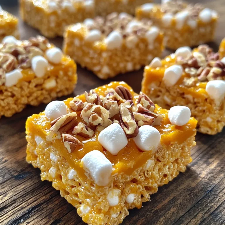 Die Hauptzutaten sind einfach und leicht zu finden: - 4 Tassen Rice Krispies-Getreide - 1 Tasse Mini-Marshmallows - 1/2 Tasse ungesalzene Butter - 1/2 Tasse Kürbispüree - 1 Teelöffel Kürbiskuchengewürz - 1/2 Teelöffel Vanilleextrakt - 1/4 Teelöffel Salz - 1/2 Tasse weiße Schokoladenstückchen (optional) - 1/4 Tasse gehackte Pekannüsse (zur Garnitur, optional) Diese Zutaten machen deine Treats süß und würzig. Rice Krispies geben den Crunch, während das Kürbispüree für den Geschmack sorgt. Du kannst deine Treats aufpeppen mit: - Schokoladenstückchen: Weiße Schokolade gibt einen tollen Kontrast. - Nüsse: Gehackte Pekannüsse bringen einen Biss. - Trockenfrüchte: Rosinen oder Cranberries fügen Frische hinzu. Diese Extras machen deine Rice Krispie Treats einzigartig und besonders. Achte darauf, frische Zutaten zu wählen: - Rice Krispies sollten knusprig sein, damit sie gut halten. - Mini-Marshmallows schmelzen gleichmäßig und sorgen für eine weiche Textur. - Verwende echtes Kürbispüree, nicht die süßen Dosenprodukte. Frische Zutaten machen einen großen Unterschied im Geschmack. Probiere verschiedene Marken aus, um die beste Mischung zu finden. Fette eine 23x33 cm große Backform mit Butter ein. Du kannst auch Backpapier verwenden. Das macht es einfacher, die Treats später herauszunehmen. Nimm einen großen Topf und stelle ihn auf mittlere Hitze. Gib die ungesalzene Butter in den Topf. Warte, bis die Butter vollständig flüssig ist. Füge dann die Mini-Marshmallows hinzu. Rühre ständig, bis sie schmelzen und die Mischung glatt ist. Jetzt ist es Zeit, den Kürbis hinzuzufügen. Gib das Kürbispüree in die geschmolzene Marshmallow-Mischung. Streue das Kürbiskuchengewürz, den Vanilleextrakt und das Salz hinein. Rühre gut um, bis alles gleichmäßig verteilt ist. Nimm den Topf vom Herd. Füge die Rice Krispies vorsichtig hinzu. Rühre alles gut um, bis jedes Stück gut mit der Mischung bedeckt ist. Wenn du magst, füge die weißen Schokoladenstückchen hinzu und vermische sie gut. Gieße die Mischung in die vorbereitete Backform. Benutze einen Spatel oder deine Hände, um die Mischung gleichmäßig festzudrücken. So erhältst du eine schöne Textur. Lass die Mischung bei Raumtemperatur etwa 30 Minuten abkühlen. Nach dem Abkühlen schneide sie in Quadrate oder Riegel. Du kannst nach Belieben gehackte Pekannüsse darauf streuen, um den Treats mehr Biss und Geschmack zu geben. Ein häufiger Fehler ist, die Marshmallows zu lange zu kochen. Sie sollten schmelzen, aber nicht bräunen. Wenn die Mischung zu heiß wird, kann sie hart werden. Achte darauf, die Hitze niedrig zu halten. Ein weiterer Fehler ist, die Rice Krispies zu grob unterzuheben. Seid sanft, um die Luftigkeit zu bewahren. Die richtige Konsistenz ist wichtig. Zu viel Kürbispüree kann die Treats matschig machen. Halte dich an die 1/2 Tasse Kürbispüree. Achte auch darauf, die Mischung nicht zu fest in die Form zu drücken. Ein leichtes Drücken sorgt für die perfekte Textur. Lass die Treats nach dem Formen gut abkühlen, damit sie fest werden. Um deine Treats schön aussehen zu lassen, kannst du sie mit Pekannüssen garnieren. Streue sie einfach auf die noch warme Mischung. Weiße Schokoladenstückchen geben nicht nur Geschmack, sondern auch einen tollen Kontrast. Überlege, die Treats in verschiedene Formen zu schneiden. Quadrate sind klassisch, aber Herzen oder Sterne bringen Spaß! {{image_4}} Eine tolle Wahl sind Kürbisgewürz-Riegel mit Schokolade. Die süße weiße Schokolade passt perfekt zu den warmen Gewürzen. Um dies zu machen, füge einfach die weißen Schokoladenstückchen in die geschmolzene Mischung. Sie schmelzen leicht und machen die Riegel noch cremiger. Du kannst auch dunkle Schokolade verwenden, wenn du einen stärkeren Geschmack magst. Nüsse machen die Treats noch besser. Pekannüsse oder Walnüsse geben einen schönen Crunch. Füge die gehackten Nüsse einfach nach dem Mischen der Rice Krispies hinzu. Du kannst auch Mandeln oder Haselnüsse verwenden. Sie geben den Riegeln mehr Textur und Geschmack. Probiere es aus und finde deine Lieblingsnuss! Wenn du glutenfrei essen musst, gibt es gute Optionen. Rice Krispies gibt es auch in glutenfreien Varianten. Achte darauf, dass alle Zutaten, wie die Marshmallows und die Butter, glutenfrei sind. So kannst du die Treats genießen, ohne dir Sorgen zu machen. Es ist einfach, leckere Snacks für alle zu machen! Um die Kürbisgewürz Rice Krispie Treats richtig zu lagern, benutze einen luftdichten Behälter. Lege die Riegel in eine einzige Schicht. Wenn du mehrere Schichten hast, lege ein Stück Backpapier dazwischen, damit sie nicht kleben. Lagere sie an einem kühlen, trockenen Ort. Vermeide direkte Sonneneinstrahlung, da dies die Textur beeinflusst. Diese Treats halten sich etwa eine Woche frisch, wenn du sie richtig lagerst. Sie verlieren jedoch nach einigen Tagen etwas von ihrer Knusprigkeit. Achte darauf, dass sie nicht feucht werden. Wenn du einen weichen Riegel bekommst, ist dies ein Zeichen, dass er nicht mehr frisch ist. Du kannst die Kürbisgewürz Rice Krispie Treats auch einfrieren. Schneide sie in Stücke und lege sie in einen Gefrierbeutel. Stelle sicher, dass die Luft gut herausgedrückt ist. So bleiben sie bis zu drei Monate haltbar. Zum Auftauen lasse sie einfach bei Raumtemperatur stehen. So bleiben sie weich und lecker. Ja, du kannst Margarine anstelle von Butter verwenden. Margarine schmilzt ähnlich und gibt eine gute Textur. Achte darauf, ungesalzene Margarine zu wählen. So bleibt der Geschmack gleich. Um die Treats vegan zu machen, ersetze die Butter durch vegane Margarine. Nutze auch vegane Mini-Marshmallows, die ohne tierische Produkte sind. Das Kürbispüree ist bereits vegan, also bleibt alles lecker und pflanzlich! Du kannst die Treats mit gehackten Pekannüssen bestreuen. Weiße Schokoladenstückchen sorgen für eine süße Note. Ein Hauch von Zimt oder ein paar Spritzer Karamellsirup machen sie noch festlicher. Nutze deine Kreativität, um sie besonders zu gestalten! Kürbisgewürz Rice Krispie Treats sind einfach und lecker. Wir haben die Hauptzutaten und deren Auswahl besprochen. Die Schritt-für-Schritt-Anleitung macht das Nachmachen leicht. Häufige Fehler zu vermeiden, hilft dir, die perfekte Konsistenz zu erreichen. Du kannst die Treats sogar variieren und anpassen. Abschließend ist die richtige Lagerung wichtig für frische Treats. Mit diesen Tipps gelingen dir die besten Kürbisgewürz Rice Krispie Treats!
