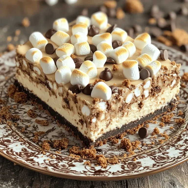 Um diese leckeren No-Bake S’mores Cheesecake Bars zu machen, brauchst du: - 1 ½ Tassen Graham-Cracker-Brösel - ½ Tasse ungesüßtes Kakaopulver - ½ Tasse ungesalzene Butter, geschmolzen - 2 Esslöffel Zucker - 1 (8 oz) Packung Frischkäse, weich - 1 Tasse Puderzucker - 1 Teelöffel Vanilleextrakt - 1 Tasse Sahne, kalt - 1 Tasse Mini-Marshmallows - ½ Tasse Schokoladenstückchen - ½ Tasse Mini-Marshmallows für das Topping Wähle frische Zutaten für den besten Geschmack. Achte darauf, dass der Frischkäse weich ist. So lässt er sich gut verrühren. Für die Sahne ist es wichtig, dass sie kalt ist. Dadurch wird sie beim Schlagen schön fest. Die Graham-Cracker sollten frisch sein. Sie geben der Kruste den perfekten Crunch. Verwende ungesüßtes Kakaopulver für den besten Schokoladengeschmack. Wenn du Gluten meiden musst, nutze glutenfreie Graham-Cracker. Du kannst auch eine vegane Butter verwenden, falls gewünscht. Für einen milchfreien Cheesecake ersetze den Frischkäse durch veganen Frischkäse. Bei der Sahne kannst du Kokosnusscreme nutzen, um eine cremige Konsistenz zu erreichen. Diese Alternativen machen das Rezept für viele Menschen zugänglich. Um die Kruste zu machen, mische zuerst die Graham-Cracker-Brösel, das Kakaopulver, die geschmolzene Butter und den Zucker in einer Schüssel. Rühre alles gut um, bis die Mischung krümelig ist. Dann drücke die Mischung gleichmäßig in eine 20x20 cm Backform, die du mit Backpapier ausgelegt hast. Es ist wichtig, die Mischung fest zu drücken, damit die Kruste stabil bleibt. Stelle die Form für 30 Minuten in den Kühlschrank. So wird die Kruste schön fest. Jetzt kommt der spannende Teil! Nimm eine große Schüssel und schlage den weichen Frischkäse mit einem Handmixer glatt. Füge nach und nach den Puderzucker und den Vanilleextrakt hinzu. Rühre alles gut, bis es eine glatte Masse ist. In einer anderen Schüssel schlägst du die kalte Sahne steif. Das bedeutet, dass du weiter schlägst, bis sich feste Spitzen bilden. Jetzt hebst du die geschlagene Sahne vorsichtig unter die Frischkäsemasse. Sei dabei behutsam, damit die Mischung schön luftig bleibt. Nimm die Kruste aus dem Kühlschrank. Verteile die Hälfte der Cheesecake-Mischung gleichmäßig darauf. Streue dann die Mini-Marshmallows und Schokoladenstückchen darüber. Das wird lecker! Gib die restliche Cheesecake-Mischung oben drauf und verteile sie gleichmäßig. Belege die Oberseite mit den verbleibenden Mini-Marshmallows und drücke sie leicht hinein. Jetzt ist es Zeit, die Bars zu kühlen! Stelle die Form für mindestens 4 Stunden in den Kühlschrank, bis alles fest wird. Nach dem Kühlen kannst du die Bars in Stücke schneiden und servieren. Wenn du einen speziellen Effekt magst, röste die obersten Marshmallows leicht mit einem Küchentorch, bevor du servierst. Ein häufiger Fehler ist, die Kruste nicht fest genug zu drücken. Drücke die Graham-Cracker-Mischung gut an. So bleibt die Kruste zusammen, wenn du die Bars schneidest. Achte darauf, die Sahne nicht zu lange zu schlagen. Sonst wird sie übermäßig fest. Das macht die Cheesecake-Mischung schwer und schwer zu vermischen. Die ideale Konsistenz erreichst du, wenn du die Sahne steif schlägst, bis sich feste Spitzen bilden. Füge dann die geschlagene Sahne langsam zur Frischkäse-Mischung hinzu. Mische vorsichtig mit einem Spachtel. So bleibt die Luftigkeit erhalten und deine Bars werden schön cremig. Lass die Bars mindestens vier Stunden im Kühlschrank. So festigen sie sich richtig. Für eine schöne Präsentation lege die Bars auf einen dekorativen Teller. Streue zusätzliche Schokoladenstückchen oder Graham-Cracker-Brösel um die Bars herum. Das sieht toll aus! Setze einen gerösteten Mini-Marshmallow auf jede Bar. So machst du die Bars noch einladender. Ein schöner Anblick macht das Essen noch besser! {{image_4}} Du kannst den Geschmack deiner No-Bake S’mores Cheesecake Bars leicht verändern. Füge zum Beispiel Erdnussbutter oder Nutella zur Cheesecake-Mischung hinzu. Das bringt eine neue, leckere Note. Auch Karamellsauce kann die Bars verfeinern. Einfach ein wenig darüber träufeln, bevor du sie kühlst. Für einen fruchtigen Touch, probiere pürierte Erdbeeren oder Himbeeren. Diese bringen Frische und Farbe ins Spiel. Wenn du glutenfrei essen möchtest, ersetze die Graham-Cracker durch glutenfreie Kekse. Es gibt auch viele köstliche Optionen im Handel. Für eine vegane Variante kannst du veganen Frischkäse verwenden. Stelle sicher, dass deine Schokoladenstückchen und Marshmallows ebenfalls vegan sind. Diese Anpassungen machen die Bars für jeden zugänglich und lecker. Für besondere Anlässe kannst du die Bars kreativ gestalten. Füge bunte Streusel obenauf hinzu, um sie festlich zu machen. Für Geburtstage kannst du die Cheesecake-Mischung mit Lebensmittelfarbe einfärben. Das macht die Bars nicht nur bunt, sondern auch ein echter Hingucker. Für Grillpartys kannst du die obersten Marshmallows leicht rösten. Das gibt einen rauchigen Geschmack und sieht toll aus. Um die No-Bake S’mores Cheesecake Bars frisch zu halten, lege sie in einen luftdichten Behälter. Stelle sicher, dass die Bars vollständig abgekühlt sind, bevor du sie lagerst. So verhinderst du, dass sie matschig werden. Bewahre sie im Kühlschrank auf. Dort bleiben sie für etwa fünf bis sieben Tage lecker. Um die Haltbarkeit zu verlängern, kannst du die Bars in kleine Portionen schneiden. Lege jede Portion in Frischhaltefolie ein. So bleibt die Frische länger erhalten. Achte darauf, dass die Bars wenig Luft ausgesetzt sind. Das hilft, den Geschmack zu bewahren und die Textur zu erhalten. Du kannst die Cheesecake Bars auch einfrieren. Schneide sie in Stücke und lege sie in einen gefrierfesten Behälter. Vergiss nicht, die Schichten mit Backpapier zu trennen. So kleben sie nicht zusammen. Im Gefrierschrank bleiben sie bis zu drei Monate haltbar. Um sie zu genießen, lasse die Bars einfach über Nacht im Kühlschrank auftauen. Die No-Bake S’mores Cheesecake Bars halten sich im Kühlschrank bis zu fünf Tage. Du kannst sie in einem luftdichten Behälter aufbewahren. Wenn du sie länger aufbewahren möchtest, ist das Einfrieren eine gute Option. So bleiben sie bis zu drei Monate frisch. Achte darauf, sie gut einzuwickeln, um Gefrierbrand zu vermeiden. Ja, du kannst verschiedene Kekse für die Kruste verwenden. Butterkekse oder Schokoladenkekse sind tolle Alternativen. Diese Kekse geben einen anderen Geschmack und eine andere Textur. Achte darauf, die Menge der Butter anzupassen, je nach Art der Kekse. Du kannst auch glutenfreie Kekse nutzen, wenn du eine glutenfreie Version machen möchtest. Der Name „S’mores“ kommt von der Phrase „some more“. Es beschreibt, wie Leute oft mehr von diesen leckeren Leckereien wollen. Ursprünglich sind S’mores in den USA entstanden. Sie bestehen aus Schokolade, Keksen und gerösteten Marshmallows. Das Rezept ist perfekt für Lagerfeuer und gesellige Abende. S’mores sind ein echter Klassiker, der viele Erinnerungen weckt. Dieser Beitrag erklärt, wie man No-Bake S’mores Cheesecake Bars macht. Wir haben die besten Zutaten besprochen und Tipps gegeben, wie man sie auswählt. Dann haben wir eine Schritt-für-Schritt-Anleitung zur Zubereitung gegeben. Zudem haben wir häufige Fehler angesprochen und wie man die Bars ansprechend präsentiert. Ich habe Variationen vorgestellt und erklärt, wie man die Bars richtig lagert. Denken Sie daran, die richtigen Zutaten zu wählen, um den besten Geschmack zu genießen. Experimentieren Sie mit Variationen, um Ihre eigenen Kreationen zu schaffen. Viel Spaß beim Ausprobieren!