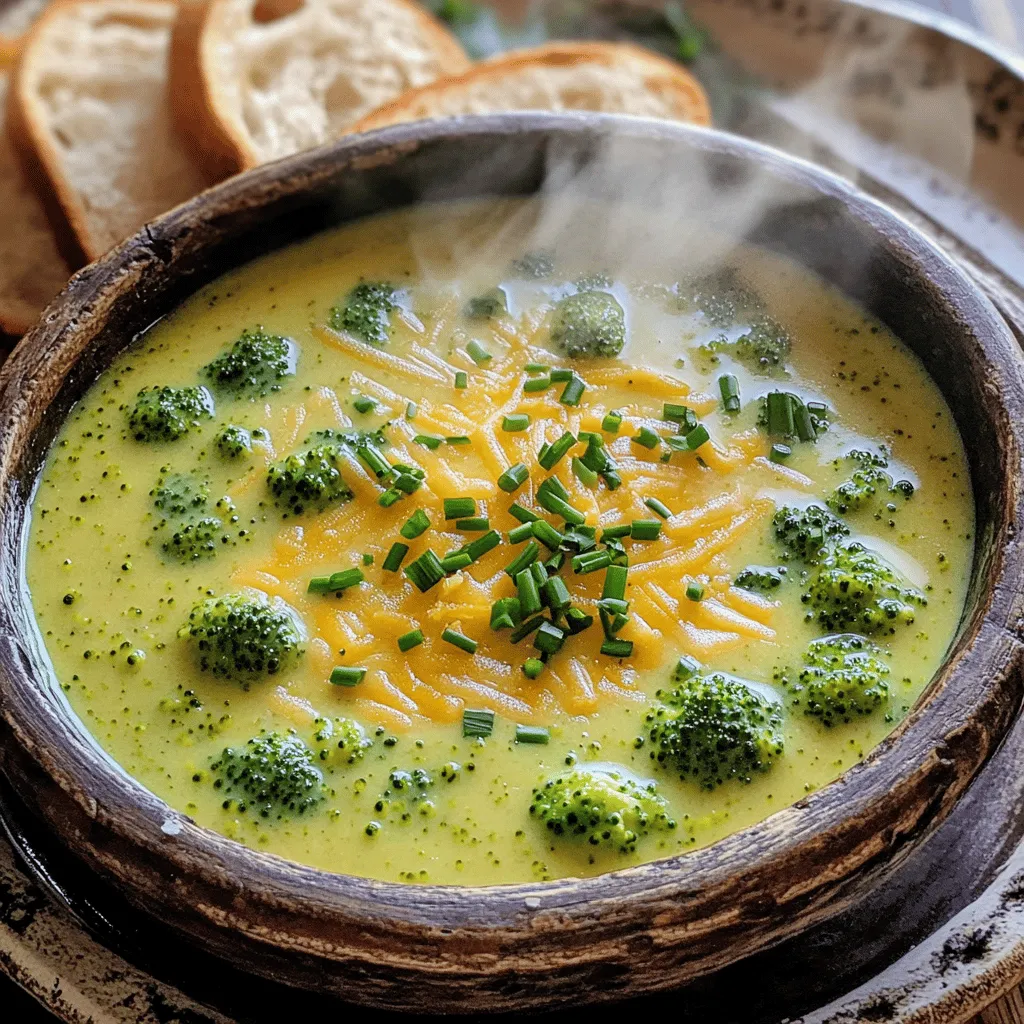 Diese Suppe ist einfach und schnell. Hier sind die wichtigsten Zutaten: - 4 Tassen frische Brokkoliröschen - 1 mittelgroße Zwiebel, gewürfelt - 2 Knoblauchzehen, fein gehackt - 3 Tassen Gemüsebrühe - 1 Tasse Schlagsahne - 2 Tassen scharfer Cheddar-Käse, gerieben - 2 Esslöffel Olivenöl - 1 Teelöffel Salz - 1/2 Teelöffel schwarzer Pfeffer - 1/4 Teelöffel Cayennepfeffer (optional) - 1 Esslöffel Maisstärke (optional für Verdickung) - Frische Schnittlauch, gehackt, zur Garnitur Wenn du Allergien hast, kannst du einige Zutaten austauschen: - Nutze pflanzliche Sahne statt Schlagsahne für eine milchfreie Option. - Verwende glutenfreie Brühe, wenn du Gluten meiden musst. - Ersetze den Cheddar mit veganem Käse, um die Suppe vegan zu machen. Qualität macht einen Unterschied. Hier sind meine Tipps: - Wähle frischen Brokkoli ohne braune Flecken. Er sollte knackig sein. - Achte auf frische Zwiebeln, sie sollten fest und ohne Risse sein. - Kaufe hochwertigen Cheddar-Käse für den besten Geschmack. Scharfer Käse bringt mehr Tiefe. - Nutze gute Gemüsebrühe. Sie gibt der Suppe den nötigen Geschmack. - Frischer Schnittlauch bringt Farbe und Geschmack. Wähle ihn zum Garnieren. Zuerst wasche die Brokkoliröschen gut. Schneide die Zwiebel in kleine Stücke. Hacke den Knoblauch fein. Diese Schritte sind wichtig, um die Aromen zu entfalten. Halte alles bereit, bevor du mit dem Kochen beginnst. So bleibt die Küche ordentlich und du hast einen klaren Plan. Erhitze das Olivenöl in einem großen Topf bei mittlerer Hitze. Gib die gewürfelte Zwiebel dazu und brate sie 5-7 Minuten an. Die Zwiebel soll glasig werden. Jetzt kommt der gehackte Knoblauch dazu. Koche alles für 1-2 Minuten, bis es duftet. Füge die Brokkoliröschen und Gemüsebrühe hinzu. Bringe die Mischung zum Kochen. Reduziere dann die Hitze und lasse es 15 Minuten köcheln. Der Brokkoli wird zart sein. Nimm den Topf vom Herd und püriere die Suppe. Ein Stabmixer ist ideal dafür. Wenn du keinen hast, verwende einen Standmixer. Achte darauf, dass du die Suppe sicher umfüllst. Rühre die Schlagsahne, Salz, schwarzen Pfeffer und optional Cayennepfeffer ein. Das macht die Suppe cremiger. Gebe den geriebenen Cheddar-Käse langsam hinzu. Rühre ständig, bis der Käse geschmolzen ist. Wenn du eine dickere Suppe möchtest, mische die Maisstärke mit kaltem Wasser. Rühre diese Mischung in die Suppe ein und lasse sie 2-3 Minuten köcheln. So erhältst du die perfekte Konsistenz. Passe die Gewürze nach deinem Geschmack an. Jetzt ist die Suppe bereit, um serviert zu werden. Um die perfekte Konsistenz zu bekommen, püriere die Suppe gründlich. Ein Stabmixer macht dies einfach. Wenn du eine dickere Suppe magst, füge Maisstärke hinzu. Mische sie mit kaltem Wasser, bevor du sie in die Suppe gibst. Lass die Suppe dann einige Minuten köcheln. Das ergibt eine schöne, cremige Textur. Ein häufiger Fehler ist, den Brokkoli zu lange zu kochen. Er sollte zart, aber nicht matschig sein. Achte darauf, die Zwiebeln nicht zu verbrennen. Das kann den Geschmack der Suppe ruinieren. Füge den Knoblauch erst nach den Zwiebeln hinzu. So bleibt sein Aroma frisch und lecker. Diese Suppe lässt sich gut aufbewahren. Stelle sie in einen luftdichten Behälter im Kühlschrank. Sie hält sich dort bis zu fünf Tage. Zum Wiedererwärmen, nutze einen Topf oder die Mikrowelle. Rühre die Suppe gut um, damit sie gleichmäßig warm wird. Füge etwas Wasser oder Brühe hinzu, falls sie zu dick ist. {{image_4}} Wenn du eine vegetarische oder vegane Cremige Brokkoli-Cheddar-Suppe machen willst, gibt es tolle Optionen. Du kannst die Schlagsahne durch Kokosmilch oder Cashewcreme ersetzen. Diese geben der Suppe eine schöne Cremigkeit. Für den Käse kannst du veganen Käse verwenden oder Hefeflocken hinzufügen. Das gibt einen tollen, käsigen Geschmack ohne tierische Produkte. So bleibt die Suppe lecker und für alle geeignet! Du kannst die Suppe nach deinem Geschmack anpassen. Füge geröstete Mandeln oder Pinienkerne für einen Crunch hinzu. Möhren oder Kartoffeln sind auch tolle Ergänzungen. Sie sorgen für mehr Geschmack und Nährstoffe. Gewürze wie Muskatnuss oder Thymian bringen neue Aromen in deine Suppe. Experimentiere mit den Zutaten, um deine perfekte Mischung zu finden! Die cremige Brokkoli-Cheddar-Suppe schmeckt am besten mit frischem Brot. Ein rustikales Baguette oder ein knuspriges Brötchen sind ideal. Du kannst die Suppe auch mit einem frischen Salat servieren. Ein einfacher grüner Salat passt gut dazu. Eine Schüssel mit Croutons gibt der Suppe zusätzlichen Biss. So wird dein Essen nicht nur lecker, sondern auch schön präsentiert! Die cremige Brokkoli-Cheddar-Suppe hat viele Nährstoffe. Eine Portion hat etwa 350 Kalorien. Hauptnährstoffe sind: - Proteine: 12 g - Fette: 25 g - Kohlenhydrate: 20 g - Ballaststoffe: 3 g Dank des Käses und der Sahne ist die Suppe reichhaltig und cremig. Der Brokkoli bringt viele Vitamine mit, was die Suppe gesund macht. Brokkoli ist ein Superfood. Er hat viele Vorteile: - Vitamine: Brokkoli enthält Vitamin C, K und A. Diese stärken das Immunsystem. - Antioxidantien: Sie helfen, Zellen vor Schäden zu schützen. - Ballaststoffe: Diese fördern die Verdauung und halten dich lange satt. - Mineralien: Brokkoli enthält Kalzium und Eisen, wichtig für Knochen und Blut. Regelmäßiger Verzehr kann dein Risiko für Krankheiten senken. Brokkoli unterstützt auch die Herzgesundheit. Die Portionierung ist wichtig für verschiedene Diäten. Diese Suppe ist ideal für: - Familien: Eine Portion reicht für vier Personen. - Diäten: Für Low-Carb-Diäten ist sie passend. Reduziere die Menge an Kartoffeln und verwende mehr Brokkoli. - Vegetarier: Die Suppe ist fleischfrei und sehr nährstoffreich. Du kannst die Suppe auch in kleinere Portionen aufteilen. So hast du gesunde Snacks für die Woche. Um die Suppe dicker zu machen, gibt es einfache Wege. Du kannst Maisstärke verwenden. Mische einen Esslöffel Maisstärke mit kaltem Wasser. Rühre diese Mischung dann in die Suppe ein. Lass die Suppe für zwei bis drei Minuten köcheln. So erhältst du eine samtige Textur. Du kannst auch mehr Käse hinzufügen, um die Suppe cremiger zu machen. Ja, gefrorenen Brokkoli funktioniert gut in dieser Suppe. Du musst ihn nicht vorher auftauen. Füge ihn einfach direkt in den Topf hinzu. Die Kochzeit kann sich etwas verlängern. Achte darauf, dass der Brokkoli gut gar wird, bevor du pürierst. So bleibt der Geschmack frisch und knackig. Die Suppe hält sich gut im Kühlschrank. Du kannst sie bis zu fünf Tage aufbewahren. Stelle sicher, dass du die Suppe in einem luftdichten Behälter lagerst. Vor dem Servieren erwärmst du sie einfach auf dem Herd. Rühre gut um, damit sie gleichmäßig warm wird. So bleibt der Geschmack der cremigen Brokkoli-Cheddar-Suppe erhalten. In diesem Artikel haben wir alles über die cremige Brokkoli-Cheddar-Suppe behandelt. Wir begannen mit den Zutaten und deren Auswahl, um Allergikern gerecht zu werden. Danach gab ich eine Schritt-für-Schritt-Anleitung zum Kochen und Pürieren. Tipps zur perfekten Konsistenz und häufigen Fehlern folgten. Auch Variationen und Nährwertinformationen hatten ihren Platz. Denken Sie daran, mit den Zutaten zu experimentieren. So finden Sie Ihren eigenen Geschmack. Genießen Sie die Suppe und ihre Vorteile!