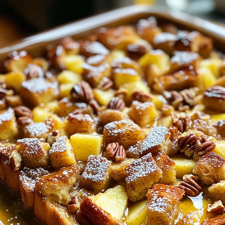 - 8 Scheiben altbackenes Brioche oder Challah, in Würfel geschnitten - 2 mittelgroße Äpfel, geschält, entkernt und gewürfelt - 4 große Eier - 500 ml Milch (vorzugsweise Vollmilch oder Mandelmilch) Die Hauptzutaten sind wichtig für den Geschmack. Brioche oder Challah geben eine weiche Textur. Äpfel bringen Frische und Süße. Eier und Milch sorgen für eine cremige Basis. Diese Mischung macht jedes Stück köstlich. - 50 g Zucker - 2 Teelöffel gemahlener Zimt - 1 Teelöffel Vanilleextrakt Zucker süßt das Gericht. Zimt gibt es einen warmen, würzigen Geschmack. Vanilleextrakt fügt Tiefe hinzu. Diese Zutaten heben den gesamten Auflauf hervor. Sie sind einfach, aber sehr wirkungsvoll. - 1/2 Tasse gehackte Pekannüsse - Butter oder Backhandspray zum Fetten der Auflaufform - Ahornsirup zum Servieren Pekannüsse bieten einen tollen Crunch. Butter oder Backhandspray verhindert das Ankleben. Ahornsirup ist die perfekte süße Ergänzung. Sie machen das Gericht noch spezieller. Probieren Sie diese Optionen aus, um den Auflauf zu verfeinern. Heize deinen Ofen auf 180 °C vor. Wähle eine Auflaufform und fette sie gut ein. Du kannst Butter oder Backhandspray verwenden, um das Ankleben zu verhindern. So bleibt dein Auflauf schön und ganz. Nimm die gewürfelten Brotscheiben und die gewürfelten Äpfel. Gib sie in eine große Schüssel und vermenge sie vorsichtig. Wenn du magst, füge gehackte Pekannüsse hinzu. Diese Nüsse geben einen schönen Crunch und einen tollen Geschmack. In einer anderen Schüssel vermengst du die Eier, die Milch und die Gewürze. Füge Zucker, Zimt, Vanilleextrakt und Salz hinzu. Verrühre alles gut, bis die Mischung gleichmäßig aussieht. Achte darauf, dass es keine Klumpen gibt. Gieße die Eiermischung über die Brot- und Apfelmischung. Stelle sicher, dass alle Brotwürfel gut durchtränkt sind. Nutze einen Spatel, um das Brot sanft nach unten zu drücken. Gib die Mischung in die vorbereitete Auflaufform und backe sie für 35-40 Minuten. Die Oberseite sollte goldbraun sein. Lass den Auflauf 5-10 Minuten abkühlen. Serviere ihn warm mit Ahornsirup, der darüber geträufelt wird. Für das besondere Extra, bestäube die Oberseite mit Puderzucker und füge einige Apfelscheiben hinzu. So sieht dein Gericht nicht nur gut aus, es schmeckt auch toll! Um die perfekte Konsistenz zu erreichen, ist es wichtig, das Brot richtig durchtränken. Gießen Sie die Eiermischung gleichmäßig über die Brotwürfel und Äpfel. Drücken Sie sanft mit einem Spatel darauf, sodass alle Brotwürfel gut benetzt sind. Lassen Sie die Mischung etwa 30 Minuten einweichen. So nimmt das Brot die Flüssigkeit gut auf. Für mehr Geschmack können Sie zusätzliche Gewürze verwenden. Probieren Sie Muskatnuss oder Ingwer für eine neue Note. Sie können auch alternative Süßungsmittel wie Honig oder Agavendicksaft nutzen. Diese geben dem Auflauf eine andere Süße und sind oft gesünder. Für Feiertage können Sie den Auflauf mit Nüssen oder Trockenfrüchten verfeinern. Fügen Sie Cranberries oder Walnüsse hinzu, um eine besondere Note zu erhalten. Wenn Sie glutenfreie oder vegane Optionen suchen, nutzen Sie glutenfreies Brot und pflanzliche Milch. Diese Änderungen machen den Auflauf für jeden geeignet. {{image_4}} Sie können für diesen Auflauf auch Birnen oder Heidelbeeren verwenden. Diese Früchte bringen neue Geschmäcker und Texturen. Birnen sind süß und saftig. Sie passen gut zu Zimt und Äpfeln. Heidelbeeren fügen eine frische Note hinzu. Wenn Sie saisonale Früchte verwenden, können Sie die Mischung variieren. Im Sommer sind Pfirsiche oder Kirschen lecker. Im Winter sind Orangen oder Granatäpfel toll. Experimentieren Sie mit verschiedenen Früchten, um Ihre Lieblingskombination zu finden. Verwenden Sie verschiedene Brotsorten, um den Geschmack zu verändern. Sie können zum Beispiel Zimt-Rosinen-Brot oder Vollkornbrot verwenden. Jede Brotsorte bringt einen eigenen Charakter mit. Brioche ist süß und weich. Challah hat eine leicht nussige Note. Wenn Sie einen herzhaften Geschmack wollen, versuchen Sie Bauernbrot. Das gibt dem Auflauf eine interessante Tiefe. Es gibt viele Möglichkeiten, den Auflauf zu süßen. Honig oder Agavendicksaft sind tolle Alternativen zu Zucker. Diese Süßstoffe bringen auch ihren eigenen Geschmack mit. Wenn Sie zuckerfrei bleiben wollen, nutzen Sie Stevia oder Erythrit. Diese bieten eine süße Note ohne Kalorien. Achten Sie darauf, die Menge anzupassen, da sie oft süßer sind. Um den Apfel-Zimt French Toast Auflauf frisch zu halten, gibt es einige einfache Schritte. Lassen Sie den Auflauf zuerst vollständig abkühlen. Dann schneiden Sie ihn in Portionen. Lagern Sie die Stücke in einem luftdichten Behälter. Verwenden Sie einen Behälter aus Glas oder Kunststoff. So bleibt die Feuchtigkeit erhalten und der Geschmack bleibt frisch. Wenn Sie den Auflauf aufwärmen möchten, gibt es zwei einfache Methoden. Die erste Methode ist die Mikrowelle. Stellen Sie eine Portion auf einen Teller und decken Sie sie ab. Erwärmen Sie sie für 30 bis 60 Sekunden. Achten Sie darauf, dass sie gleichmäßig warm wird. Die zweite Methode ist der Ofen. Heizen Sie den Ofen auf 180 °C vor. Legen Sie die Portionen in eine Auflaufform und decken Sie sie mit Alufolie ab. Backen Sie sie für etwa 10-15 Minuten, bis sie warm sind. Der Auflauf kann im Kühlschrank bis zu fünf Tage haltbar sein. Achten Sie darauf, ihn gut abzudecken. Sie können auch Portionsgrößen einfrieren. Der Auflauf bleibt im Gefrierschrank bis zu drei Monate frisch. Um zu prüfen, ob der Auflauf schlecht geworden ist, suchen Sie nach Schimmel oder einem unangenehmen Geruch. Wenn Sie eines davon bemerken, entsorgen Sie den Auflauf. Um den Auflauf vorher zuzubereiten, können Sie die Mischung am Abend vorher machen. Bereiten Sie die Brotmischung und die Eiermischung vor. Mischen Sie alles gut. Decken Sie die Schüssel ab und stellen Sie sie in den Kühlschrank. Am nächsten Morgen können Sie den Auflauf einfach backen. So sparen Sie Zeit. Ja, Sie können den Zucker reduzieren. Ersetzen Sie den Zucker durch Honig oder Ahornsirup. Diese Alternativen geben einen guten Geschmack und sind gesünder. Wenn Sie weniger Süße mögen, probieren Sie auch Zimt. Er kann den Geschmack anheben, ohne Zucker hinzuzufügen. Um eine vegane Version zu machen, ersetzen Sie die Eier durch Leinsamen oder Chia-Samen. Mischen Sie 1 Esslöffel Leinsamen mit 3 Esslöffeln Wasser. Lassen Sie es 5 Minuten ruhen. Verwenden Sie Pflanzenmilch, wie Mandelmilch oder Hafermilch. Diese Anpassungen machen das Rezept vegan und lecker. Als Beilage passt frisches Obst gut. Apfelscheiben oder Beeren sind toll. Für Getränke empfehle ich Kaffee oder frischen Orangensaft. Sie können auch einen Joghurt oder Quark servieren. Diese passen gut und machen das Frühstück vielfältig. Wenn der Auflauf nicht aufgeht, könnte es an den Eiern liegen. Stellen Sie sicher, dass Sie genug Eier verwenden. Auch die Backzeit ist wichtig. Lassen Sie ihn lange genug im Ofen. Die Temperatur muss auch stimmen. Überprüfen Sie Ihren Ofen mit einem Thermometer. So vermeiden Sie Probleme beim Backen. Überblickend zeigt der Artikel, wie man einen leckeren Brotauflauf zubereitet. Wir haben die Hauptzutaten wie Brioche, Äpfel und Eier besprochen. Die Schritt-für-Schritt-Anleitung macht das Nachkochen leicht. Tipps helfen, den Auflauf perfekt zu machen. Variationen und Lagerungshinweise bieten zusätzliche Optionen für jeden Geschmack. Nutzen Sie diese Informationen, um kreativ zu sein und neue Kombinationen auszuprobieren. Genießen Sie jede Biss!