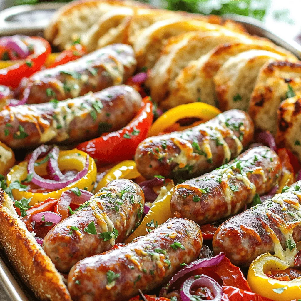 - 500 g italienische Wurst - 2 Paprika (rot und gelb) - 1 große rote Zwiebel - 2 Esslöffel Olivenöl - 1 Teelöffel getrockneter Oregano - Salz und Pfeffer nach Geschmack - 125 g Butter, weich - 1 Baguette - 125 g geriebener Mozzarella-Käse (optional) Dieses Gericht ist einfach und schnell zuzubereiten. Die Hauptzutaten sind die italienische Wurst, Paprika und Zwiebel. Ich wähle oft die Wurst, die ich gerade in der Küche habe. Man kann sie mild oder scharf nehmen, je nach Geschmack. Die Paprika geben dem Gericht Farbe und Süße. Ich mag es, rote und gelbe Paprika zu mischen. Sie sehen schön aus und schmecken toll. Die Zwiebel bringt einen tollen Geschmack. Ich schneide sie in Ringe, damit sie schön weich werden. Für die Gewürze nehme ich Olivenöl, Oregano, Salz und Pfeffer. Das Olivenöl hilft, dass alles schön brät. Oregano gibt einen tollen mediterranen Geschmack. Salz und Pfeffer sind wichtig. Sie bringen die Aromen richtig zur Geltung. Das Knoblauchbrot ist ein Highlight. Die weiche Butter vermische ich mit gehacktem Knoblauch und Petersilie. So wird das Brot noch leckerer. Ich benutze ein Baguette, das sich gut schneiden lässt. Der Käse ist optional, aber ich empfehle ihn. Der geschmolzene Mozzarella macht das Brot besonders. Diese Zutaten sind leicht zu finden und machen das Gericht zu einem schnellen, aber köstlichen Essen. Heize deinen Ofen auf 200°C vor. Dies sorgt dafür, dass deine Wurst und das Gemüse gleichmäßig garen. Ein vorgeheizter Ofen ist wichtig für das beste Ergebnis. Legen Sie die italienischen Würste gleichmäßig auf ein großes Backblech. Schneide die Paprika in Streifen und die Zwiebel in Ringe. Arrangiere die geschnittenen Paprika und Zwiebeln um die Würste. Füge auch den gehackten Knoblauch hinzu. So mischen sich die Aromen während des Backens. Träufle 2 Esslöffel Olivenöl über die Würste und das Gemüse. Streue 1 Teelöffel Oregano, 1 Teelöffel Paprika, Salz und Pfeffer nach Geschmack darüber. Mische das Gemüse vorsichtig, damit es gleichmäßig gewürzt ist. Dies bringt viel Geschmack und Aroma in das Gericht. Wählen Sie zwischen milder oder scharfer Wurst. Milder Geschmack passt gut zu Gemüse. Scharfe Wurst bringt mehr Würze ins Gericht. Probieren Sie beides aus, um Ihren Favoriten zu finden. Achten Sie auf frische Wurst aus gutem Fleisch. Diese hat den besten Geschmack und die beste Konsistenz. Variieren Sie das Gemüse nach Ihrem Geschmack. Zucchini, Auberginen oder Brokkoli sind tolle Optionen. Sie können auch Pilze oder Kirschtomaten hinzufügen. Diese Gemüsesorten bringen Farbe und Geschmack. Jedes Gemüse hat seine eigene Textur und einen einzigartigen Geschmack. So wird Ihr Gericht noch interessanter. Für mehr Geschmack im Knoblauchbrot sollten Sie frischen Knoblauch verwenden. Mischen Sie die Butter gut mit dem Knoblauch und der Petersilie. Fügen Sie etwas Parmesan für einen zusätzlichen Kick hinzu. Backen Sie das Brot bis es goldbraun ist, um den besten Geschmack zu erzielen. Es sollte knusprig und aromatisch sein. So wird das Knoblauchbrot zum Star Ihres Gerichts. {{image_4}} Für eine vegetarische Variante können Sie die Wurst durch pflanzliche Alternativen ersetzen. Viele Märkte bieten jetzt tolle Optionen aus Soja oder Erbsenprotein. Diese Alternativen fügen sich gut in die Mischung aus Paprika und Zwiebeln ein. Sie nehmen den Geschmack der Gewürze gut auf. So bleibt das Gericht lecker und gesund. Sie können auch Kichererbsen oder Linsen hinzufügen. Diese sorgen für einen zusätzlichen Proteinschub. Das Knoblauchbrot lässt sich leicht anpassen. Wenn Sie keinen Mozzarella verwenden möchten, probieren Sie Parmesan oder Gouda. Beide Käsesorten schmelzen gut und verleihen dem Brot eine andere Note. Für einen würzigen Kick können Sie auch Feta wählen. Er passt gut zu den Aromen der Wurst und Paprika. Wenn Sie es noch interessanter machen möchten, fügen Sie etwas Cheddar hinzu. Der Geschmack wird dann besonders reichhaltig. Sie können die Geschmäcker noch verstärken. Fügen Sie beim Würzen frische Kräuter wie Thymian oder Rosmarin hinzu. Diese Kräuter bringen frische Aromen ins Gericht. Für eine schärfere Note verwenden Sie Chili-Flocken oder Cayenne-Pfeffer. Diese Gewürze geben dem Gericht einen kleinen Kick. Experimentieren Sie auch mit anderen getrockneten Kräutern wie Basilikum. So machen Sie Ihr Gericht einzigartig und spannend. Um die Reste von Wurst und Gemüse gut zu lagern, benutze luftdichte Behälter. Stelle sicher, dass alles gut abgekühlt ist, bevor du es einpackst. Lagere die Reste im Kühlschrank. So bleiben sie frisch und lecker. Die beste Methode zum Aufwärmen ist der Ofen. Heize den Ofen auf 180°C vor. Lege die Reste auf ein Blech und decke sie mit Folie ab. So bleiben sie saftig. Backe sie für etwa 15 Minuten. Du kannst auch die Mikrowelle benutzen. Diese Methode geht schneller, macht das Essen aber oft weniger knusprig. Die Reste sind im Kühlschrank etwa 3 bis 4 Tage genießbar. Achte darauf, dass sie gut verpackt sind. Wenn du sie länger aufbewahren möchtest, kannst du die Reste auch einfrieren. So bleiben sie bis zu 3 Monate frisch. Ja, Sie können die Wurst im Voraus zubereiten. Kochen Sie die Wurst und das Gemüse. Lassen Sie alles abkühlen und legen Sie es in den Kühlschrank. Wenn Sie bereit sind zu essen, können Sie sie einfach aufwärmen. Sie können die Mischung auch einfrieren. Achten Sie darauf, sie in einem luftdichten Behälter zu lagern. So bleibt der Geschmack frisch. Wenn Sie kein Olivenöl haben, probieren Sie andere Öle aus. Sonnenblumenöl oder Rapsöl sind gute Alternativen. Beide haben einen neutralen Geschmack. Wenn Sie mehr Geschmack möchten, verwenden Sie Kokosöl oder Avocadoöl. Das Gericht bleibt lecker und die Würste werden schön saftig. Um das Gericht glutenfrei zu machen, wählen Sie glutenfreie Wurst. Achten Sie darauf, dass sie keine glutenhaltigen Zutaten enthält. Für das Knoblauchbrot nutzen Sie glutenfreies Brot. Es gibt viele glutenfreie Baguettes im Handel. Überprüfen Sie die Etiketten auf Glutenfreiheit. So können Sie das Gericht genießen, ohne sich Sorgen zu machen. In diesem Artikel haben wir die wichtigsten Zutaten wie Wurst, Gemüse und Gewürze beleuchtet. Ich habe Schritt für Schritt beschrieben, wie Sie das Gericht zubereiten können. Sie können auch nützliche Tipps zur perfekten Wurst und Varianten für das Knoblauchbrot finden. Denken Sie daran, dass kreative Anpassungen Spaß machen! Experimentieren Sie mit Ihrem Lieblingsgemüse und Käse. So bleibt das Gericht frisch und aufregend. Genießen Sie jeden Bissen, und erfreuen Sie sich an diesem leckeren Essen!