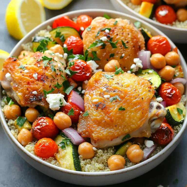 - 4 Hähnchenschenkel ohne Knochen und Haut - 2 Tassen Kirschtomaten, halbiert - 1 rote Paprika, in Scheiben geschnitten - 1 Zucchini, in Scheiben geschnitten - 1 rote Zwiebel, in Spalten geschnitten - 1 Dose (425 g) Kichererbsen, abgetropft und gespült Ich liebe die frischen Aromen der Hauptzutaten. Hähnchenschenkel sind saftig und perfekt für dieses Gericht. Für die Farben und den Geschmack sorgen die Kirschtomaten, Paprika, Zucchini und Zwiebel. Kichererbsen bringen zusätzlich Protein und ein tolles Mundgefühl. - 4 Esslöffel Olivenöl - 2 Teelöffel getrockneter Oregano - 1 Teelöffel Knoblauchpulver - Salz und Pfeffer nach Geschmack Die Gewürze machen dieses Gericht besonders lecker. Olivenöl gibt einen tollen Geschmack und hilft, das Gemüse zu rösten. Oregano und Knoblauchpulver fügen eine mediterrane Note hinzu. Salz und Pfeffer runden alles ab. - 1 Tasse Quinoa oder Couscous, gekocht - Feta-Käse, zerbröselt - Frische Petersilie, gehackt - Zitronenspalten Ich serviere meine Schalen gerne mit Quinoa oder Couscous. Diese Beilagen sind leicht und gesund. Zerbröselter Feta-Käse gibt einen salzigen Kick. Petersilie bringt Farbe und Frische. Zitronenspalten sind perfekt, um das Gericht nach Belieben zu verfeinern. Heize den Ofen auf 200°C vor. Das ist wichtig, damit das Hähnchen und das Gemüse gleichmäßig garen. In einer großen Schüssel vermenge die Kirschtomaten, die rote Paprika, die Zucchini, die rote Zwiebel und die Kichererbsen. Das Gemüse sollte frisch und knackig sein. Träufle 2 Esslöffel Olivenöl über das Gemüse. Würze es mit Salz, Pfeffer und 1 Teelöffel Oregano. Mische alles gut, bis das Gemüse gleichmäßig bedeckt ist. Nimm eine kleine Schüssel und mische das restliche Olivenöl mit dem Knoblauchpulver und dem anderen Teelöffel Oregano. Diese Mischung ist wichtig für den Geschmack. Reibe die Hähnchenschenkel gut mit dieser Mischung ein. Vergiss nicht, auch Salz und Pfeffer hinzuzufügen. Die Hähnchenschenkel sollten jetzt schön gewürzt sein. Verteile das vorbereitete Gemüse auf einer Seite eines großen Backblechs. Lege die gewürzten Hähnchenschenkel auf die andere Seite. Das sorgt dafür, dass alles gleichzeitig gar wird. Backe das Ganze im vorgeheizten Ofen für etwa 25-30 Minuten. Achte darauf, dass das Hähnchen eine Innentemperatur von 74°C erreicht. Das Gemüse sollte zart und leicht gebräunt sein. Nach dem Backen nimm das Blech aus dem Ofen und lasse es kurz abkühlen. Zum Servieren gib die gekochte Quinoa oder Couscous in Schalen. Toppe sie mit dem Hähnchen und dem Gemüse. Streue zerbröselten Feta-Käse und frische Petersilie darüber. Serviere das Gericht mit Zitronenspalten. Um die perfekte Garzeit für das Hähnchen zu finden, prüfen Sie die Temperatur. Die Innentemperatur sollte 74°C (165°F) erreichen. Nutzen Sie ein Fleischthermometer, um das Fleisch genau zu messen. Stechen Sie in die dickste Stelle des Hähnchens. Wenn der Saft klar ist, ist es gar. Das Gemüse ist gar, wenn es zart ist. Achten Sie darauf, dass die Kirschtomaten leicht aufplatzen und die Zucchini weich werden. So bleibt ihr Geschmack frisch und lecker. Für mehr Geschmack können Sie verschiedene Gewürze verwenden. Zum Beispiel passen Paprikapulver oder Kreuzkümmel gut dazu. Diese Gewürze geben dem Gericht eine schöne Tiefe. Lassen Sie das Hähnchen lange marinieren, mindestens eine Stunde. So nehmen die Aromen besser auf. Wenn Sie Zeit haben, marinieren Sie das Hähnchen über Nacht. Dadurch wird das Fleisch noch saftiger und aromatischer. Die Anrichtung der Schalen macht viel aus. Beginnen Sie mit der Quinoa oder dem Couscous als Basis. Fügen Sie dann das Gemüse und das Hähnchen hinzu. Streuen Sie den zerbröselten Feta-Käse großzügig darüber. Frische Kräuter wie Petersilie bringen Farbe auf den Teller. Garnieren Sie die Schalen damit, um sie ansprechender zu machen. Zitronenspalten am Rand verleihen dem Gericht einen frischen Kick. Drücken Sie etwas Zitrone über alles, bevor Sie essen. {{image_4}} Sie können viele Gemüsesorten verwenden. Nehmen Sie saisonales Gemüse für den besten Geschmack. - Brokkoli - Karotten - Auberginen - Spargel Für eine vegetarische Version ersetzen Sie das Hähnchen mit mehr Gemüse und Kichererbsen. Sie können auch Tofu hinzufügen. Neben Hähnchen sind auch Putenbrust und Tofu gute Optionen. Putenbrust hat einen ähnlichen Geschmack wie Hähnchen. Tofu ist perfekt für eine vegane Wahl. Achten Sie auf die Garzeit. Pute braucht etwa 30 Minuten. Tofu benötigt nur 20 Minuten. Prüfen Sie die Temperatur, um sicherzustellen, dass alles gut durch ist. Quinoa und Couscous sind lecker, aber nicht die einzigen Optionen. Probieren Sie Reis oder Farro. Diese passen gut zu den Aromen. Salate wie ein einfacher grüner Salat oder ein Tomatensalat ergänzen das Gericht. Auch Fladenbrot oder Pita eignen sich hervorragend dazu. Um Reste von den mediterranen Chicken Bowls gut aufzubewahren, lassen Sie das Gericht zuerst abkühlen. Lagern Sie die Reste in einem luftdichten Behälter. So bleibt das Aroma frisch. Verwenden Sie am besten Glas- oder Kunststoffbehälter mit einem fest schließenden Deckel. Diese sind leicht zu handhaben und vermeiden Gerüche im Kühlschrank. Beim Aufwärmen haben Sie zwei Optionen: die Mikrowelle oder den Ofen. Die Mikrowelle ist schnell, aber das Hähnchen könnte trocken werden. Der Ofen gibt Ihnen eine bessere Textur. Heizen Sie den Ofen auf 180°C vor und wärmen Sie das Gericht 10-15 Minuten. Decken Sie es mit Alufolie ab, um Feuchtigkeit zu halten. So bleibt das Hähnchen saftig. Die Reste sind im Kühlschrank etwa 3 bis 4 Tage haltbar. Achten Sie auf Anzeichen von Verderb. Wenn das Hähnchen einen seltsamen Geruch hat oder die Textur sich ändert, entsorgen Sie es. Durch richtiges Lagern und Aufwärmen genießen Sie Ihr Gericht noch lange nach dem Kochen. Die Zubereitung dauert etwa 15 Minuten. Die Kochzeit beträgt rund 25 bis 30 Minuten. Insgesamt sind das 45 Minuten, um ein leckeres Gericht zu genießen. Ja, du kannst das Hähnchen im Voraus marinieren. Eine Marinade macht das Fleisch saftiger und geschmackvoller. Du solltest das Hähnchen mindestens 30 Minuten marinieren, aber über Nacht ist ideal. Mische Olivenöl, Oregano, und Knoblauchpulver. Reibe das Hähnchen gut ein und stelle es in den Kühlschrank. Ja, es gibt glutenfreie Alternativen. Anstelle von Quinoa oder Couscous kannst du Reis oder Buchweizen verwenden. Beide Optionen sind nahrhaft und passen gut zu diesem Gericht. Achte darauf, dass die Beilagen gut gewürzt sind, um den Geschmack zu unterstützen. Zusammenfassend haben wir das Rezept für Hähnchenschenkel mit Gemüse und Kichererbsen besprochen. Ich habe dir die Hauptzutaten, Gewürze und Servieroptionen vorgestellt. Du hast gelernt, wie du das Gericht Schritt für Schritt zubereitest. Jetzt kennst du auch praktische Tipps und Variationen. Experimentiere und finde deinen eigenen Geschmack. Achte auf die Lagerung und Haltbarkeit der Reste. Dieses Rezept ist einfach und schmackhaft, ideal für jeden Tag. Les dir die Tipps genau durch und viel Spaß beim Kochen!