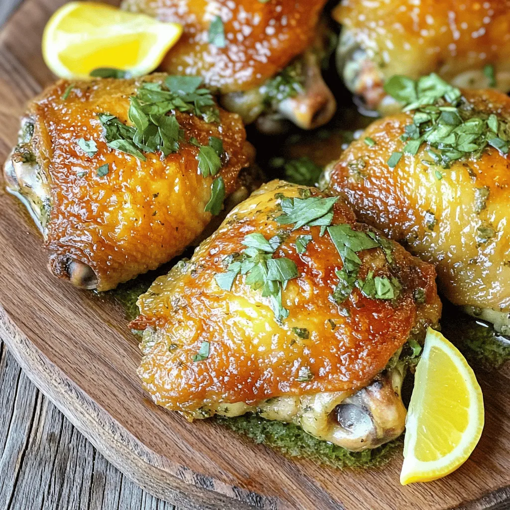 Für mein Kräuterbutter-Hühnchen benötigst du diese Hauptzutaten: - 4 Hähnchenschenkel mit Knochen und Haut - 4 Esslöffel ungesalzene Butter, weich - 3 Knoblauchzehen, fein gehackt - 2 Teelöffel frische Thymianblätter (oder 1 Teelöffel getrocknet) - 2 Teelöffel frischer Rosmarin, gehackt (oder 1 Teelöffel getrocknet) - 1 Teelöffel frische Petersilie, gehackt - Schale von 1 Zitrone - Saft von 1 Zitrone - Salz und Pfeffer nach Geschmack - 1 Esslöffel Olivenöl Diese Zutaten sind einfach zu finden. Die Hähnchenschenkel geben viel Geschmack. Die Kräuter sorgen für Aroma und Frische. Die Gewürze und Kräuter sind der Schlüssel zu diesem Gericht. Du kannst frische oder getrocknete Kräuter verwenden. Frische Kräuter haben mehr Geschmack. - Thymian gibt eine erdige Note. - Rosmarin hat einen starken, duftenden Geschmack. - Petersilie bringt Frische und Farbe. Achte darauf, die Kräuter gut zu hacken. Das verteilt den Geschmack gleichmäßig im Gericht. Für die Dekoration sind Zitronenscheiben und frische Kräuter großartig. Sie sehen schön aus und geben einen frischen Geschmack. Als Beilagen empfehle ich sautiertes Gemüse oder einen frischen Salat. Diese passen gut zu dem saftigen Hähnchen. So hast du eine komplette und leckere Mahlzeit. Zuerst heize ich den Ofen auf 200°C vor. Ich fette eine Auflaufform mit etwas Olivenöl ein. Dann nehme ich die Hähnchenschenkel und tupfe sie mit Küchenpapier trocken. Das trockene Hähnchen wird besser knusprig. Jetzt würze ich beide Seiten der Schenkel mit Salz und Pfeffer. Für die Kräuterbutter nehme ich eine kleine Schüssel. Ich gebe die weiche Butter, den fein gehackten Knoblauch, Thymian, Rosmarin und Petersilie hinein. Dann füge ich die Zitronenschale und den Zitronensaft hinzu. Jetzt würze ich die Mischung mit etwas Salz und Pfeffer. Ich rühre alles gut durch, bis ich eine gleichmäßige Mischung habe. Ich nehme nun die Hähnchenschenkel und löse vorsichtig die Haut. Ich mache eine kleine Tasche, um die Kräuterbutter darin zu füllen. Dann nehme ich die Kräuterbutter und fülle sie gleichmäßig in die Tasche unter der Haut. Die restliche Butter reibe ich auf die Außenseite. Jetzt lege ich die Hähnchenschenkel mit der Hautseite nach oben in die Auflaufform. Ich träufle etwas Olivenöl darüber, um die Haut knusprig zu machen. Dann backe ich die Schenkel im Ofen für 35 bis 45 Minuten. Wenn das Hähnchen eine innere Temperatur von 75°C erreicht, ist es fertig. Für extra knusprige Haut grille ich das Hähnchen in den letzten Minuten. Ich behalte es dabei im Auge, damit es nicht verbrennt. Nach dem Backen lasse ich das Hähnchen fünf Minuten ruhen. Das sorgt dafür, dass die Säfte besser verteilt sind. Um die Haut deines Hühnchens knusprig zu machen, folge diesen Schritten: - Trocknen: Tupfe die Schenkel vor dem Würzen trocken. Feuchtigkeit macht die Haut weich. - Salz: Streue Salz gleichmäßig auf die Haut. Das hilft, die Feuchtigkeit zu ziehen. - Olivenöl: Beträufle die Haut vor dem Backen mit Olivenöl. Es sorgt für eine goldene Farbe. Grille das Hähnchen in den letzten Minuten für extra Knusprigkeit. Behalte es im Auge, um ein Verbrennen zu vermeiden. Kräuterbutter-Hühnchen passt gut zu vielen Beilagen: - Sautiertes Gemüse: Brokkoli, Karotten oder Zucchini sind lecker. - Reis: Ein einfacher Reis ist eine tolle Ergänzung. - Salat: Ein frischer Salat bringt Farbe auf den Tisch. Serviere das Hühnchen mit Zitronenscheiben und frischen Kräutern für einen schönen Look. Hier sind einige Fehler, die du vermeiden solltest: - Zuviel Feuchtigkeit: Nasse Hähnchenschenkel werden nicht knusprig. - Zu wenig Gewürze: Würze die Butter gut, damit das Hähnchen Geschmack hat. - Falsche Garzeit: Überprüfe die Temperatur. Das Hähnchen sollte 75°C erreichen. Wenn du diese Tipps beachtest, gelingt dir das perfektes Kräuterbutter-Hühnchen. {{image_4}} Es gibt viele Wege, die Kräuterbutter zu ändern. Du kannst frische Kräuter nach deinem Geschmack nutzen. Probier Basilikum oder Estragon aus. Diese Kräuter geben dem Hähnchen einen neuen Geschmack. Du kannst auch verschiedene Öle verwenden. Zum Beispiel, nimm Trüffelöl für einen besonderen Touch. Wenn du magst, kannst du andere Teile des Hähnchens nutzen. Hähnchenbrust ist eine gute Option für weniger Fett. Auch Hähnchenflügel sind lecker. Du musst die Garzeit etwas anpassen. Achte darauf, dass das Hähnchen immer eine Temperatur von 75°C erreicht. Möchtest du mehr Geschmack? Füge etwas Paprika oder Cayennepfeffer hinzu. Diese Gewürze machen das Gericht würziger. Auch Honig kann helfen, die Aromen zu verbinden. So bekommst du eine süßliche Note. Experimentiere mit verschiedenen Zutaten, um dein perfektes Rezept zu finden. Um Ihre Reste frisch zu halten, legen Sie die Hühnchenschenkel in einen luftdichten Behälter. Stellen Sie sicher, dass die Haut nicht zerdrückt wird. So bleibt die Haut knusprig. Legen Sie ein Blatt Küchenpapier in den Behälter. Das saugt Feuchtigkeit auf und verhindert, dass das Hähnchen weich wird. Wenn Sie das Hähnchen aufwärmen, nutzen Sie den Ofen. Heizen Sie ihn auf 180°C vor. Legen Sie die Schenkel auf ein Backblech. Decken Sie sie mit Aluminiumfolie ab. So bleibt die Haut knusprig. Backen Sie sie für etwa 15-20 Minuten. Überprüfen Sie die Innentemperatur. Sie sollte mindestens 75°C betragen. Im Kühlschrank bleibt das Hähnchen etwa 3-4 Tage frisch. Achten Sie darauf, es gut verpackt zu lagern. Im Gefrierfach hält es sich bis zu 3 Monate. Vor dem Gefrieren, schneiden Sie das Hähnchen in Portionen. So ist das Auftauen einfacher und schneller. Wenn Sie es aufwärmen, stellen Sie sicher, dass es gleichmäßig erhitzt wird. Um die Garzeit anzupassen, schauen Sie auf die Größe der Hähnchenschenkel. Kleinere Stücke brauchen weniger Zeit. Größere Stücke benötigen mehr Zeit. Stellen Sie die Ofentemperatur nicht zu niedrig ein. Bei 200°C bleibt das Hähnchen saftig und die Haut knusprig. Verwenden Sie ein Fleischthermometer, um die Temperatur zu prüfen. Das Hähnchen sollte 75°C erreichen. Wenn Sie die Haut sehr knusprig mögen, grillen Sie es in den letzten Minuten. Ja, Sie können andere Fette verwenden. Olivenöl ist eine gute Wahl. Es gibt dem Hähnchen einen anderen Geschmack. Sie können auch Ghee oder Margarine verwenden. Diese Fette haben einen höheren Rauchpunkt. Denken Sie daran, dass der Geschmack variieren kann. Butter gibt dem Hähnchen eine reichhaltige, cremige Note. Wählen Sie das Fett, das Ihnen am besten gefällt. Zu Kräuterbutter-Hühnchen passen viele Beilagen. Sautiertes Gemüse ist eine tolle Wahl. Sie können auch einen frischen Salat servieren. Reis oder Quinoa sind ebenfalls gut. Kartoffeln, in welcher Form auch immer, passen immer gut. Für einen leckeren Kontrast können Sie eine Zitrus- oder Joghurtsoße dazu reichen. Kombinieren Sie die Beilagen nach Ihrem Geschmack. Kräuterbutter-Hühnchen ist einfach zuzubereiten und unglaublich lecker. Wir haben die Hauptzutaten, Schritte und Tipps durchgenommen. Du hast auch Möglichkeiten gesehen, das Gericht zu variieren. Das richtige Lagern von Resten ist wichtig, um die Frische zu bewahren. Wenn du diese Hinweise befolgst, wird dein Hühnchen perfekt gelingen. Probiere es aus und entdecke deinen eigenen Stil!