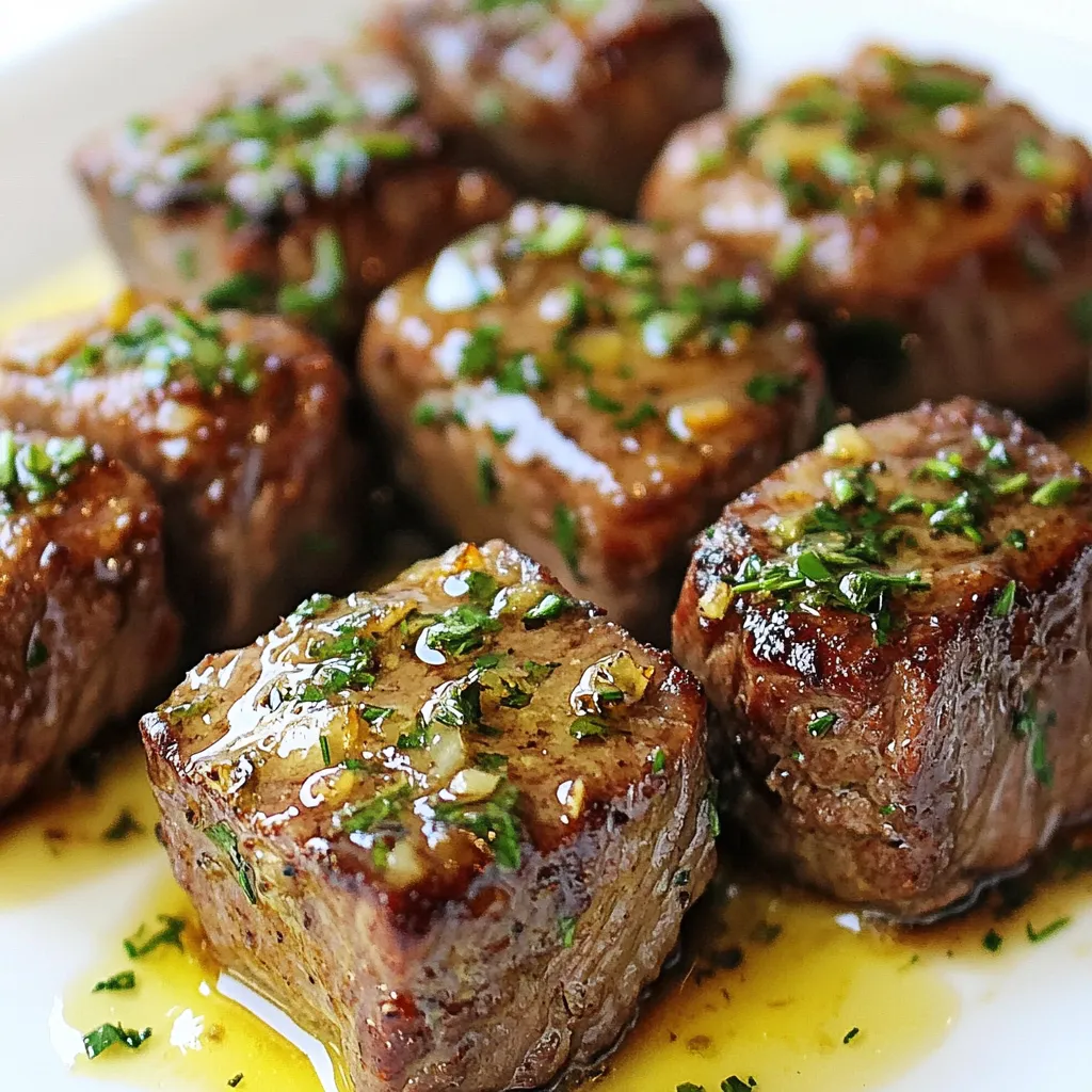 Für die Protein Packed Garlic Butter Beef Bites brauchst du folgende Hauptzutaten: - 450 g Rinderfilet, in mundgerechte Würfel geschnitten - 60 g ungesalzene Butter - 6 Knoblauchzehen, fein gehackt - 1 Teelöffel frischer Rosmarin, fein gehackt - 1 Teelöffel frische Thymianblätter Diese Zutaten sind die Basis für deinen Geschmack. Die Rinderfiletwürfel liefern viel Protein. Die Butter macht die Bissen reichhaltig und zart. Der Knoblauch gibt einen tollen, starken Geschmack. Rosmarin und Thymian fügen frische Aromen hinzu. Für den perfekten Geschmack sind noch einige Gewürze nötig: - Salz und Pfeffer nach Geschmack - 1 Esslöffel Olivenöl - 1 Esslöffel Sojasauce Salz und Pfeffer sind einfach, aber wichtig. Sie bringen die Aromen der Zutaten hervor. Das Olivenöl hilft beim Anbraten und macht das Fleisch saftig. Die Sojasauce gibt einen salzigen, umami Geschmack. Um deine Rindfleischbissen zu verfeinern, verwende: - Frische Petersilie, gehackt zum Garnieren Die frische Petersilie sorgt für einen schönen Farbkontrast. Sie gibt auch einen frischen Geschmack, der die Butter ergänzt. Diese einfache Garnierung macht dein Gericht noch ansprechender. Mit diesen Zutaten bist du bereit, deine Protein Packed Garlic Butter Beef Bites zu zaubern. Sie sind schnell gemacht und schmecken großartig! {{ingredient_image_2}} Beginne mit 450 g Rinderfilet. Schneide das Fleisch in mundgerechte Würfel. In einer Schüssel vermischst du die Rinderwürfel mit 1 Esslöffel Sojasauce und 1 Esslöffel Olivenöl. Füge Salz und Pfeffer nach Geschmack hinzu. Rühre alles gut um, damit die Stücke gleichmäßig mariniert sind. Lass das Fleisch mindestens 20 Minuten ziehen. So nehmen die Aromen richtig Fahrt auf. Nimm eine Pfanne und stelle sie auf mittlere Hitze. Gib 60 g ungesalzene Butter hinein und lasse sie schmelzen. Wenn die Butter geschmolzen ist, füge 6 fein gehackte Knoblauchzehen hinzu. Dann kommen 1 Teelöffel frischer Rosmarin und 1 Teelöffel frische Thymianblätter dazu. Saute alles für etwa 2 Minuten, bis es gut duftet. Pass auf, dass der Knoblauch nicht verbrennt, sonst wird er bitter. Jetzt kannst du die marinierten Rinderwürfel in die Pfanne geben. Brate die Stücke 3-4 Minuten auf jeder Seite an. Achte darauf, dass sie eine schöne braune Kruste bekommen, während das Innere saftig bleibt. Nach dem Braten gieße die restliche Knoblauchbutter aus der Pfanne über das Rindfleisch. Mische alles gut, damit jedes Stück gleichmäßig bedeckt ist. Nimm die Pfanne vom Herd und übertrage das Fleisch auf eine Servierplatte. Garniere mit frisch gehackter Petersilie. So sieht das Gericht gleich noch besser aus! Ein häufiger Fehler ist, das Rindfleisch zu lange zu marinieren. 20 Minuten reichen, um die Aromen aufzunehmen. Längeres Marinieren kann das Fleisch zäh machen. Achte darauf, die Hitze beim Anbraten nicht zu hoch zu stellen. Zu hohe Hitze kann den Knoblauch verbrennen und bitter machen. Wähle hochwertiges Rinderfilet für den besten Geschmack. Schneide das Fleisch in gleichmäßige Stücke, damit es gleichmäßig gart. Lass das Rindfleisch vor dem Braten Zimmertemperatur erreichen. So wird es zarter und saftiger. Drehe die Stücke nur einmal um, um die Kruste zu bewahren. Alle Zutaten sollten Zimmertemperatur haben. Kalte Zutaten können die Garzeit verlängern. Wenn die Butter zu kalt ist, schmilzt sie nicht gleichmäßig. Achte darauf, frischen Knoblauch zu verwenden. Er hat mehr Geschmack und Aroma als getrockneter. Frische Kräuter wie Rosmarin und Thymian bringen mehr Tiefe in das Gericht. Pro Tipps Rindfleisch richtig marinieren: Lassen Sie die Rinderwürfel mindestens 20 Minuten marinieren, um den Geschmack zu intensivieren und das Fleisch zart zu machen. Knoblauch nicht verbrennen: Achten Sie darauf, den Knoblauch in der Butter nur kurz zu sautieren, um ein bitteres Aroma zu vermeiden; er sollte goldbraun, aber nicht verbrannt sein. Hohe Hitze für die Kruste: Braten Sie das Rindfleisch bei hoher Hitze an, um eine schöne Kruste zu erhalten, während das Innere saftig bleibt; verwenden Sie eine gut erhitzte Pfanne. Frische Kräuter hinzufügen: Garnieren Sie das Gericht mit frisch gehackter Petersilie, um nicht nur Farbe, sondern auch ein frisches Aroma hinzuzufügen. {{image_4}} Wenn du eine vegetarische Option suchst, probiere Tofu oder Tempeh. Schneide sie in Würfel und mariniere sie wie das Rindfleisch. Verwende die gleiche Knoblauchbutter, um den vollen Geschmack zu erhalten. Du kannst auch Portobello-Pilze verwenden. Sie sind fleischig und nehmen die Aromen gut auf. Für die Fans von scharfen Gerichten, füge etwas Chili-Pulver oder frische Chilis hinzu. Mische die Gewürze in die Marinade oder die Knoblauchbutter. Du kannst auch Sriracha oder scharfe Sojasauce verwenden. Diese Zutaten geben dem Gericht einen tollen Kick. Serviere die Rindfleischbissen mit sautiertem Gemüse. Brokkoli, Paprika und Karotten passen gut dazu. Ein frischer grüner Salat ergänzt die Mahlzeit perfekt. Wenn du etwas Herzhaftes möchtest, probiere auch Reis oder Quinoa. Diese Beilagen machen das Essen nahrhaft und lecker. Um die Reste deiner Protein Packed Garlic Butter Beef Bites frisch zu halten, lege sie in einen luftdichten Behälter. Das schützt das Fleisch vor Luft und Feuchtigkeit. Stelle sicher, dass der Behälter gut verschlossen ist. So bleibt der Geschmack erhalten. Lagere die Reste im Kühlschrank. Sie halten sich dort bis zu drei Tage. Um die Beef Bites wieder aufzuwärmen, nutze eine Pfanne. Erhitze die Pfanne bei mittlerer Hitze. Füge die Rinderbissen hinzu, ohne sie zu überladen. Rühre sie vorsichtig um, damit sie gleichmäßig warm werden. Du kannst auch einen Deckel verwenden, um die Wärme zu speichern. So bleiben sie saftig und lecker. Wenn du die Beef Bites länger aufbewahren möchtest, friere sie ein. Lege sie in einen gefriergeeigneten Behälter oder in Gefrierbeutel. Drücke so viel Luft wie möglich heraus, bevor du sie schließt. Beschrifte die Beutel mit Datum und Inhalt. Die Bites sind bis zu drei Monate haltbar. Zum Auftauen lege sie einfach über Nacht in den Kühlschrank. Danach kannst du sie wie gewohnt aufwärmen. So hast du immer eine leckere Mahlzeit bereit! Diese Rindfleischbissen sind sehr proteinreich. Rinderfilet hat etwa 26 Gramm Protein pro 100 Gramm. Da wir 450 Gramm verwenden, erhalten wir insgesamt etwa 117 Gramm Protein. Das ist ideal für eine nahrhafte Mahlzeit. Für die Rindfleischbissen passen viele Beilagen gut. Ich empfehle sautiertes Gemüse oder einen frischen grünen Salat. Diese Beilagen bringen Farbe und Frische auf den Teller. Sie ergänzen das Gericht perfekt und liefern zusätzliche Nährstoffe. Ja, du kannst die Knoblauchbutter leicht vorbereiten und aufbewahren. Kühle sie einfach in einem luftdichten Behälter. Sie bleibt im Kühlschrank etwa eine Woche frisch. Du kannst sie auch einfrieren, dann hält sie länger. So hast du immer etwas für dein nächstes Rezept bereit. Diese Anleitung zu Rindfleischbissen bietet dir wertvolle Informationen. Du hast gelernt, welche Zutaten du benötigst, wie du sie zubereitest und welche Tipps dir helfen. Vermeide häufige Fehler, um das Fleisch perfekt hinzubekommen. Probiere die verschiedenen Varianten und finde deine Lieblingsbeilage. Wenn du die Reste richtig lagerst, schmecken sie immer gut. Ich hoffe, du fühlst dich bereit, diese leckeren Gerichte auszuprobieren. Koche mit Freude und teile deine Ergebnisse!