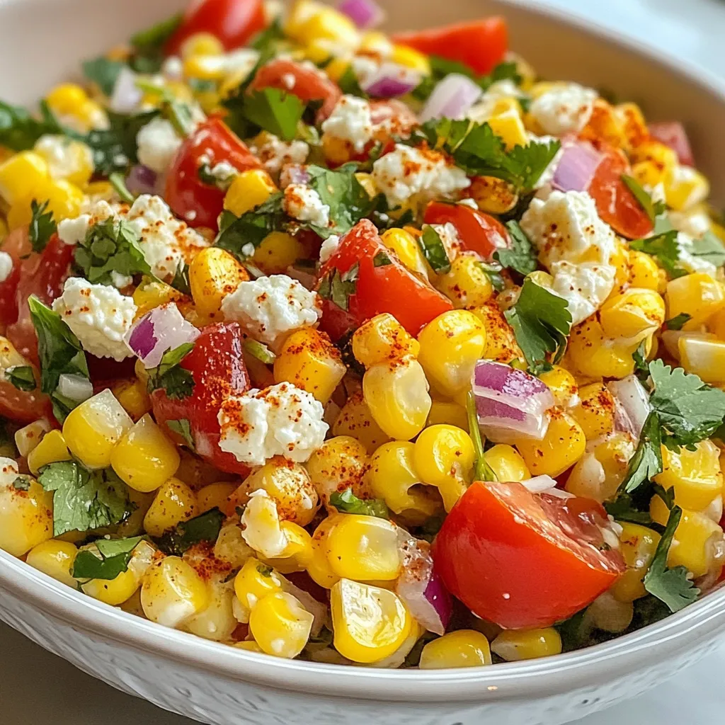 Für einen frisch zubereiteten Mexican Street Corn Salad benötigst du: - 4 frische Maiskolben, gehäutet und gereinigt - 1 rote Paprika, gewürfelt - 1/2 Tasse rote Zwiebel, fein gehackt - 1 Tasse Kirschtomaten, halbiert - 1/2 Tasse Cotija-Käse, zerbröselt - 1/4 Tasse frischer Koriander, gehackt - 2 Esslöffel Mayonnaise - 2 Esslöffel griechischer Joghurt (oder saure Sahne) - 1 Esslöffel Limettensaft - 1 Teelöffel Chilipulver - Salz und Pfeffer nach Geschmack Zuerst bereite alle Zutaten vor. Schäle die Maiskolben und reinige sie gut. Würfle die rote Paprika und hacke die rote Zwiebel. Halbiere die Kirschtomaten. Zerbrösele den Cotija-Käse und hacke den Koriander. Das macht es einfacher, alles schnell zu mischen, wenn du bereit bist. Achte darauf, frischen Mais zu wählen. Er sollte fest und saftig sein. Der Cotija-Käse gibt dem Salat einen tollen Geschmack. Wenn du keinen findest, kannst du Feta verwenden. Für einen extra Kick, verwende frischen Limettensaft. Das macht den Salat frisch und lebendig. Achte darauf, die Gewürze gut anzupassen. Jeder hat einen anderen Geschmack, also schmecke das Dressing gut ab. {{ingredient_image_2}} Zuerst heizen Sie Ihren Grill auf mittelhohe Hitze vor. Legen Sie die frischen Maiskolben direkt auf die Grillroste. Es ist wichtig, die Kolben regelmäßig zu wenden. So bräunen sie gleichmäßig. Grillen Sie den Mais für etwa 10 Minuten, bis er gut durchgegart ist. Nehmen Sie die Kolben vom Grill und lassen Sie sie abkühlen. Sobald der Mais kühl genug ist, um ihn zu halten, nehmen Sie ein scharfes Messer. Schneiden Sie vorsichtig die Körner von den Kolben. Achten Sie darauf, nicht zu viel vom Kolben zu schneiden. Lassen Sie die geschnittenen Körner in einer großen Rührschüssel fallen. Jetzt kommen wir zum spaßigen Teil! Geben Sie die gewürfelte rote Paprika, die fein gehackte rote Zwiebel und die halbierten Kirschtomaten in die Schüssel mit dem Mais. Fügen Sie den zerbröselten Cotija-Käse hinzu. Für das Dressing nehmen Sie eine kleine Schüssel. Vermischen Sie die Mayonnaise, den griechischen Joghurt, den Limettensaft und das Chilipulver. Rühren Sie diese Mischung gut um. Schmecken Sie das Dressing mit Salz und Pfeffer ab. Gießen Sie das Dressing über die Maissalat-Mischung. Rühren Sie vorsichtig um, bis alles gut vermischt ist. Heben Sie den frisch gehackten Koriander unter den Salat. Um den Geschmack zu intensivieren, decken Sie die Schüssel ab. Stellen Sie den Salat für mindestens 30 Minuten in den Kühlschrank, bevor Sie ihn servieren. Um den besten Geschmack zu erzielen, grillen Sie den Mais gut. Der Rauch und die Hitze bringen tolle Aromen. Achten Sie darauf, dass der Mais gleichmäßig bräunt. Wenden Sie die Kolben regelmäßig. Lassen Sie den gegrillten Mais etwas abkühlen, bevor Sie die Körner herausschneiden. So verbrennen Sie sich nicht. Wenn Sie keinen Grill haben, können Sie den Mais auch im Ofen rösten. Heizen Sie Ihren Ofen auf 200 Grad vor. Legen Sie die Kolben auf ein Blech und rösten Sie sie 20 bis 25 Minuten. Drehen Sie sie nach der Hälfte der Zeit um. Dadurch bekommen Sie einen ähnlichen Geschmack wie vom Grill. Servieren Sie den Salat in einer bunten Schüssel. Das macht ihn ansprechend. Garnieren Sie den Salat mit frischem Koriander und einer Prise Chilipulver. Das sieht nicht nur gut aus, sondern bringt auch zusätzlichen Geschmack. Legen Sie Limettenviertel dazu. Jeder kann dann nach Belieben etwas Saft hinzufügen. Pro Tipps Mais perfekt grillen: Achten Sie darauf, die Maiskolben regelmäßig zu wenden, um eine gleichmäßige Bräunung und einen leckeren Grillgeschmack zu erzielen. Frische Zutaten wählen: Verwenden Sie frische und reife Zutaten für den besten Geschmack. Je frischer das Gemüse, desto besser wird der Salat. Variationen ausprobieren: Fügen Sie andere Zutaten wie Avocado oder schwarze Bohnen hinzu, um den Salat noch abwechslungsreicher und nahrhafter zu gestalten. Salat gut kühl stellen: Lassen Sie den Salat vor dem Servieren mindestens 30 Minuten im Kühlschrank stehen, damit sich die Aromen gut entfalten können. {{image_4}} Für eine vegetarische oder vegane Version des Mexican Street Corn Salads können Sie den Cotija-Käse ersetzen. Nutzen Sie stattdessen einen veganen Käse oder einfach mehr Avocado. Avocado bringt eine tolle Cremigkeit. Verwenden Sie pflanzliche Mayonnaise, um das Dressing anzupassen. So bleibt der Salat frisch und köstlich. Fügen Sie dem Salat weitere Zutaten hinzu, um den Geschmack zu intensivieren. Gegrillte Zucchini oder Paprika passen perfekt. Sie können auch schwarze Bohnen für mehr Protein und Textur einbringen. Ein Spritzer scharfer Sauce oder Jalapeños bringt einen zusätzlichen Kick. Experimentieren Sie mit diesen Optionen, um Ihren perfekten Salat zu kreieren. Wenn Sie glutenfrei essen, sind alle Zutaten in diesem Salat sicher. Für eine kohlenhydratarme Diät können Sie den Mais reduzieren und mehr Gemüse hinzufügen. Zucchini oder Blumenkohl bieten tolle Alternativen. Achten Sie darauf, alle Zutaten frisch zu halten, um die besten Ergebnisse zu erzielen. Um den Mexican Street Corn Salad frisch zu halten, bewahre ihn in einem luftdichten Behälter auf. Dies verhindert, dass Luft und Feuchtigkeit den Salat beeinflussen. Du kannst den Salat bis zu drei Tage im Kühlschrank lagern. Stelle sicher, dass du ihn vor dem Servieren gut umrührst, damit sich die Aromen wieder vermischen. Die Haltbarkeit des Salates hängt von den Zutaten ab. Frisches Gemüse hält in der Regel 2 bis 3 Tage gut. Der Cotija-Käse kann die Frische etwas reduzieren, also sei vorsichtig. Wenn du beim Essen einen unangenehmen Geruch oder eine veränderte Farbe bemerkst, wirf den Salat weg. Wenn du Reste hast, kannst du sie kreativ verwenden. Füge den Salat zu Tacos oder als Beilage zu gegrilltem Fleisch hinzu. Du kannst auch einen Wrap machen, indem du Tortillas verwendest. Wenn der Salat etwas trocken ist, füge etwas Limettensaft oder Joghurt hinzu, um ihn wieder frisch zu machen. Mexican Street Corn Salad, auch Elote-Salat genannt, kommt aus Mexiko. Dort ist gegrillter Mais ein beliebtes Straßenessen. Die Frische von Zutaten macht diesen Salat besonders. Oft wird er mit Limette, Käse und Gewürzen serviert. Ja, du kannst den Salat im Voraus machen. Es ist sogar besser, um die Aromen zu vereinen. Bereite ihn bis zu einen Tag vorher vor. Lagere ihn im Kühlschrank. So bleibt der Salat frisch. Um den Salat würziger zu machen, füge mehr Chilipulver hinzu. Du kannst auch frische Jalapeños verwenden. Ein Spritzer scharfe Soße bringt mehr Geschmack. Probiere, die Gewürze nach deinem Geschmack anzupassen. Der Blogbeitrag hat die wichtigsten Punkte für den perfekten Mexican Street Corn Salad abgedeckt. Wir sahen uns die Zutaten, die Zubereitung und viele praktische Tipps an. Der Salat lässt sich leicht anpassen, je nach Diät oder Geschmack. Du kannst ihn gut aufbewahren und schnell wiederverwenden. Probiere verschiedene Varianten aus. Der Salat wird sicher auch bei deinen Freunden beliebt sein. Jetzt bist du bereit, diesen leckeren Salat selbst zu machen!
