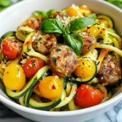 Für die Zubereitung von Chicken Sausage Zucchini Pasta benötigst du folgende Mengen: - 2 mittelgroße Zucchini, spiralisierte - 450 g Hähnchenwurst, in Scheiben geschnitten - 2 Knoblauchzehen, fein gehackt - 1 Tasse Kirschtomaten, halbiert - 1 Esslöffel Olivenöl - 1 Teelöffel italienische Kräuter - ½ Teelöffel rote Pfefferflocken (optional) - Salz und Pfeffer nach Geschmack - ¼ Tasse geriebener Parmesan (optional) - Frische Basilikumblätter zum Garnieren Diese Zutaten machen das Gericht lecker und gesund. Hähnchenwurst ist eine großartige Proteinquelle. Sie gibt dem Gericht Geschmack und Fülle. Zucchini sind kalorienarm und voller Vitamine. Sie bringen Frische in die Pasta. Kirschtomaten fügen eine süße Note hinzu. Sie sind auch reich an Antioxidantien. Olivenöl ist gesund für das Herz. Es hat einen tollen Geschmack und macht das Gericht noch besser. Wenn du keine Hähnchenwurst hast, kannst du Putenwurst verwenden. Sie hat ähnliche Eigenschaften. Anstelle von Zucchini kannst du auch Spaghetti oder andere Gemüsesorten nehmen. Parmesan ist optional, aber du kannst auch einen anderen Käse verwenden. Vegane Käsealternativen sind auch möglich. Wenn du keine Kirschtomaten findest, nimm einfach normale Tomaten. Achte darauf, sie klein zu schneiden. {{ingredient_image_2}} Zuerst musst du alle Zutaten bereitstellen. Das ist wichtig, um einen reibungslosen Kochprozess zu gewährleisten. Hier ist, was du brauchst: - 2 mittelgroße Zucchini, spiralisierte - 450 g Hähnchenwurst, in Scheiben geschnitten - 2 Knoblauchzehen, fein gehackt - 1 Tasse Kirschtomaten, halbiert - 1 Esslöffel Olivenöl - 1 Teelöffel italienische Kräuter - ½ Teelöffel rote Pfefferflocken (optional) - Salz und Pfeffer nach Geschmack - ¼ Tasse geriebener Parmesan (optional) - Frische Basilikumblätter zum Garnieren Spiralisierte Zucchini kannst du einfach in einem Spiralschneider machen. Achte darauf, die Wurst in gleichmäßige Scheiben zu schneiden. So garen sie gleichmäßig. Jetzt geht es ans Kochen. Du startest, indem du das Olivenöl in einer großen Pfanne erhitzt. Stelle die Hitze auf mittlere Stufe. - Füge die Hähnchenwurst hinzu und brate sie 5-7 Minuten an. - Wenn sie goldbraun ist, rühre den gehackten Knoblauch unter und brate ihn eine Minute mit. - Gib die halbierten Kirschtomaten dazu und koche alles für weitere 3-4 Minuten. Die Tomaten sollten weich werden. - Jetzt ist es Zeit für die Zucchini. Gib sie in die Pfanne und vermische alles gut. - Streue die italienischen Kräuter, rote Pfefferflocken, Salz und Pfeffer über die Mischung. Koche weitere 2-3 Minuten, bis die Zucchini zart ist, aber noch bissfest. - Nimm die Pfanne vom Herd und rühre den Parmesan unter, wenn du magst. Serviere die Pasta sofort und garniere sie mit frischen Basilikumblättern. Achte darauf, die Zucchini nicht zu lange zu kochen. So bleibt sie knackig und frisch. Wenn du die Wurst anbrätst, achte darauf, sie nicht zu überfüllen. So brät sie gleichmäßig. Ein weiterer Tipp ist, die Pasta in tiefen Tellern anzurichten. Das macht das Gericht ansprechender. Garniere es mit zusätzlichen Basilikumblättern und einem Extra Schuss Parmesan. Diese einfachen Tipps helfen dir, ein köstliches Gericht zu zaubern. Um Zucchini gut zu spiralieren, brauchst du einen Spiralschneider. Halte die Zucchini fest und drehe sie. Achte darauf, dass du gleichmäßige Spaghetti-ähnliche Formen erhältst. Wenn du keinen Spiralschneider hast, benutze einen Gemüsehobel. Es ist wichtig, die Zucchini nicht zu dick zu schneiden. Dünnere Spiralen garen schneller und bleiben knackig. Ein gutes Zeitmanagement macht das Kochen einfacher. Bereite zuerst alle Zutaten vor. Schneide die Hähnchenwurst, hacke den Knoblauch und halbiere die Kirschtomaten. Wenn du alles bereit hast, kannst du die Pfanne schnell erhitzen. Die gesamte Zubereitung dauert nur etwa 20 Minuten. So bleibt genug Zeit, um alles frisch und lecker zu halten. Die Gewürze sind wichtig für den Geschmack. Füge die italienischen Kräuter und die rote Pfefferflocken hinzu, wenn die Zucchini in die Pfanne kommt. So können die Aromen gut einziehen. Salz und Pfeffer kannst du am Ende hinzufügen. Probiere die Mischung und passe die Gewürze nach deinem Geschmack an. So wird dein Gericht perfekt abgestimmt und lecker. Pro Tipps Zucchini vorbereiten: Stelle sicher, dass die Zucchini gut entwässert sind, bevor du sie in die Pfanne gibst. So wird die Pasta nicht wässrig. Wurst variieren: Du kannst die Hähnchenwurst durch andere Wurstsorten wie italienische oder Chorizo ersetzen, um verschiedene Geschmäcker zu erzielen. Frische Kräuter: Verwende frische Kräuter wie Basilikum oder Oregano, um den Geschmack der Pasta zu intensivieren. Serviervorschlag: Serviere die Pasta mit einem Spritzer Zitronensaft für eine frische Note und um die Aromen zu verstärken. {{image_4}} Wenn du eine vegetarische Variante machen möchtest, kannst du die Hähnchenwurst einfach weglassen. Verwende stattdessen eine Mischung aus Pilzen und Kichererbsen. Diese Zutaten geben viel Geschmack und Protein. Du kannst auch geräucherten Tofu nutzen, um eine ähnliche Textur zu erreichen. Füge mehr Gemüse wie Paprika oder Spinat hinzu, um das Gericht bunter zu machen. Für eine glutenfreie Option ersetze die Hähnchenwurst durch glutenfreie Wurst. Achte darauf, dass die verwendeten Produkte kein Gluten enthalten. Du kannst auch Zucchini-Nudeln oder Reisnudeln verwenden, um das Gericht glutenfrei zu halten. Diese Nudeln passen gut zu den anderen frischen Zutaten. Du kannst auch verschiedene Zutaten hinzufügen, um das Gericht zu variieren. Zum Beispiel: - Oliven: Füge einige schwarze oder grüne Oliven hinzu für mehr Geschmack. - Nüsse: Geröstete Pinienkerne oder Walnüsse geben Crunch. - Käse: Anstelle von Parmesan kannst du Feta oder Ziegenkäse verwenden. - Gemüse: Erbsen, Brokkoli oder Karotten passen gut und machen das Gericht nährstoffreicher. Diese Variationen machen dein Gericht aufregender und anpassbar für jeden Geschmack. Um die Reste deiner Zucchini-Pasta sicher zu lagern, verwende einen luftdichten Behälter. Lass das Essen zuerst auf Zimmertemperatur abkühlen. Decke dann die Reste gut ab. So bleiben Geschmack und Frische erhalten. Wenn du die Reste wieder aufwärmst, benutze eine Pfanne oder die Mikrowelle. In der Pfanne kannst du etwas Olivenöl hinzufügen. Erhitze die Pasta bei mittlerer Hitze und rühre regelmäßig um. In der Mikrowelle erwärmst du die Pasta in kurzen Intervallen. So bleibt die Zucchini knackig. Im Kühlschrank bleibt die Zucchini-Pasta etwa 3-4 Tage frisch. Wenn du die Pasta länger aufbewahren möchtest, friere sie ein. In einem luftdichten Behälter oder einem Gefrierbeutel hält sie sich bis zu 2 Monate. Achte darauf, sie gut zu kennzeichnen. So weißt du, wann du sie zubereitet hast. Die Zubereitung dauert nur 20 Minuten. Mit nur 10 Minuten Vorbereitungszeit ist das Gericht schnell fertig. Das Kochen und Anbraten geht zügig. So bleibt mehr Zeit zum Genießen. Ja, du kannst die Hähnchenwurst ersetzen. Probiere Putenwurst oder eine vegetarische Wurst. Auch gewürzter Tofu passt gut. Diese Alternativen bieten einen ähnlichen Geschmack und sind gesund. Zu Chicken Sausage Zucchini Pasta passen viele Beilagen. Ein frischer grüner Salat ist eine tolle Wahl. Auch Knoblauchbrot ergänzt das Gericht perfekt. Wenn du es herzhaft magst, serviere geröstetes Gemüse dazu. Dieser Blogpost bietet dir eine klare Anleitung für ein leckeres Gericht. Du hast die Zutaten und deren Vorteile kennengelernt. Wir haben Schritte zur Zubereitung und Tipps für das Kochen besprochen. Du hast Variationen entdeckt, um das Rezept anzupassen. Auch Aufbewahrungsinformationen für Reste wurden behandelt. Denke daran, die richtigen Zeitpunkte zum Würzen zu wählen. Mit diesen Tricks bereitest du das Gericht einfach und schnell zu. Viel Spaß beim Kochen und Entdecken neuer Varianten!